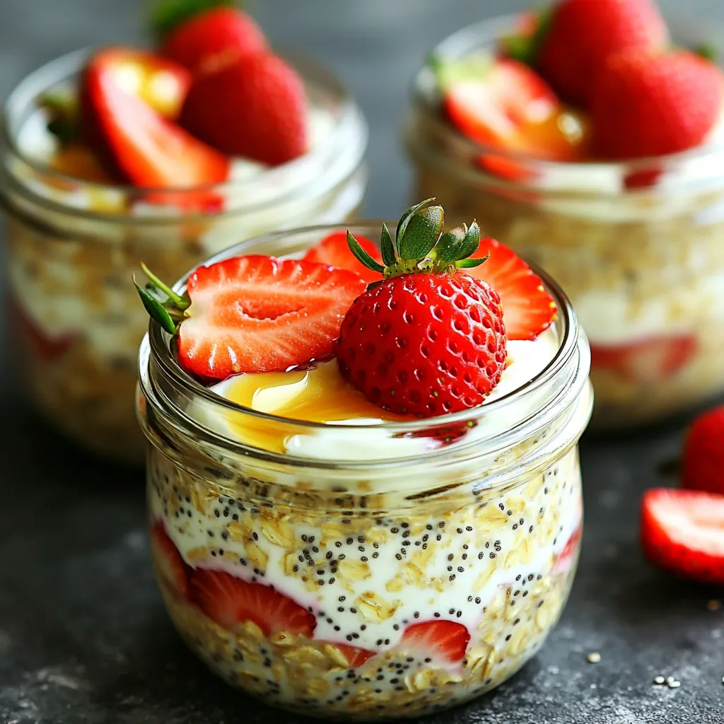 Für diese leckeren Erdbeer Cheesecake Overnight Oats benötigst du nur einige einfache Zutaten. Hier sind die Hauptbestandteile: - 1 Tasse Haferflocken - 1 ½ Tassen Mandelmilch (oder Milch nach Wahl) - ½ Tasse griechischer Joghurt (natur oder Vanille) - 2 Esslöffel Frischkäse, weichgeklopft - 2 Esslöffel Ahornsirup (oder Honig) - 1 Teelöffel Vanilleextrakt - ½ Tasse frische Erdbeeren, grob gehackt (plus extra zum Garnieren) - 1 Esslöffel Chia-Samen - Eine Prise Salz Jede Zutat hat ihren eigenen Zweck. Die Haferflocken machen das Frühstück sättigend. Der Joghurt und der Frischkäse geben eine cremige Textur. Die Erdbeeren bringen fruchtige Süße. Du kannst verschiedene Milch- und Joghurtarten wählen. Mandelmilch ist leicht und nussig. Kuhmilch gibt einen reicheren Geschmack. Auch Hafer- oder Sojamilch sind gute Optionen. Für den Joghurt kannst du griechischen Joghurt verwenden. Naturjoghurt ist eine tolle, weniger süße Wahl. Vanillejoghurt fügt einen Hauch von Süße hinzu. Wenn du eine andere Süße bevorzugst, gibt es viele Optionen. Honig ist eine beliebte Wahl. Agavendicksaft ist eine gute, vegane Alternative. Kokoszucker gibt einen karamelligen Geschmack. Du kannst auch ein wenig Zucker oder Stevia verwenden. Achte darauf, die Menge anzupassen, um die Süße nach deinem Geschmack zu treffen. Um die Erdbeer Cheesecake Overnight Oats zuzubereiten, brauchst du frische und leckere Zutaten. Hier ist, was du benötigst: - 1 Tasse Haferflocken - 1 ½ Tassen Mandelmilch (oder Milch nach Wahl) - ½ Tasse griechischer Joghurt (natur oder Vanille) - 2 Esslöffel Frischkäse, weichgeklopft - 2 Esslöffel Ahornsirup (oder Honig) - 1 Teelöffel Vanilleextrakt - ½ Tasse frische Erdbeeren, grob gehackt (plus extra zum Garnieren) - 1 Esslöffel Chia-Samen - Eine Prise Salz Stelle sicher, dass alle Zutaten frisch sind. Das macht einen großen Unterschied im Geschmack. Zuerst nimm eine mittelgroße Schüssel. Gib die Haferflocken, Mandelmilch, griechischen Joghurt, Frischkäse, Ahornsirup, Vanilleextrakt, Chia-Samen und die Prise Salz hinein. Rühre alles gut um. Achte darauf, dass der Frischkäse keine Klumpen hat. Wenn alles gut vermischt ist, füge die gehackten Erdbeeren hinzu. Hebe sie vorsichtig unter die Mischung, damit sie nicht zerdrückt werden. Jetzt verteile die Mischung gleichmäßig auf zwei Gläser oder Behälter. Verschließe die Gläser mit Deckeln. Stelle sie dann über Nacht oder für mindestens 6 Stunden in den Kühlschrank. So weichen die Haferflocken ein und werden weich. Am Morgen rühre die Oats nochmal gut um. Du kannst sie mit extra gehackten Erdbeeren und einem Schuss Ahornsirup garnieren. Kalt servieren und genießen! Diese Overnight Oats sind perfekt für ein schnelles und erfrischendes Frühstück zum Mitnehmen. Um die perfekte Konsistenz zu erreichen, mische die Haferflocken mit der Mandelmilch und dem Joghurt gründlich. Achte darauf, dass der Frischkäse gut eingearbeitet ist. Die Chia-Samen helfen, die Mischung zu binden. Lass die Oats über Nacht im Kühlschrank stehen. So saugen die Haferflocken die Flüssigkeit auf und werden weich. Wenn du eine cremigere Textur magst, füge mehr Joghurt hinzu. Wähle frische, reife Erdbeeren aus. Achte darauf, dass sie fest und saftig sind. Vermeide weich oder matschig aussehende Beeren. Lagere sie im Kühlschrank, aber nicht in Plastik. Ein Papiertuch in der Schale hilft, Feuchtigkeit zu absorbieren. So bleiben sie länger frisch. Wasche die Erdbeeren erst kurz vor der Verwendung, um ihre Haltbarkeit zu verlängern. Um den Geschmack zu variieren, probiere andere Früchte wie Himbeeren oder Blaubeeren. Du kannst auch Nüsse oder Samen hinzufügen, um mehr Crunch zu bekommen. Eine Prise Zimt oder etwas Kakaopulver bringt zusätzliche Tiefe. Für eine noch reichhaltigere Note, verwende etwas mehr Frischkäse oder griechischen Joghurt. Experimentiere mit verschiedenen Süßungsmitteln, um die perfekte Balance zu finden. {{image_4}} Um eine vegane Version der Erdbeer Cheesecake Overnight Oats zu machen, ersetzen Sie den Frischkäse. Verwenden Sie stattdessen veganen Frischkäse oder pürierte Cashews. Diese Zutaten geben der Mischung eine cremige Textur. Sie können auch pflanzlichen Joghurt verwenden. Mandel- oder Kokosjoghurt sind tolle Optionen. Fügen Sie Ihrer Mischung andere Früchte hinzu. Bananen, Heidelbeeren oder Pfirsiche passen gut zu den Haferflocken. Schneiden Sie die Früchte klein, damit sie leichter vermischt werden. Auch gefrorene Früchte sind eine gute Wahl. Diese sind oft süßer und geben einen frischen Geschmack. Um die Overnight Oats proteinreicher zu machen, fügen Sie Proteinpulver hinzu. Ein Esslöffel Vanille- oder Erdbeergeschmack passt gut. Eine weitere Möglichkeit ist, mehr griechischen Joghurt zu verwenden. Dies erhöht den Proteingehalt und macht die Oats noch cremiger. Chia-Samen sind auch eine tolle Ergänzung, da sie Ballaststoffe und Proteine bieten. Du solltest deine Erdbeer Cheesecake Overnight Oats immer im Kühlschrank lagern. Die Mischung in dicht schließenden Gläsern hält sich gut. So bleiben die Oats frisch und lecker. Stelle sicher, dass die Gläser gut verschlossen sind, um die Aromen zu bewahren. Die Overnight Oats sind bis zu fünf Tage haltbar. Nach dem ersten Tag schmecken sie sogar noch besser. Die Aromen können sich schön verbinden. Ich empfehle, sie innerhalb von drei bis fünf Tagen zu essen. So sind sie frisch und lecker. Wenn du eine größere Menge zubereitest, kannst du die Oats auch einfrieren. Fülle sie in luftdichte Behälter und friere sie ein. So hast du immer eine schnelle Mahlzeit. Zum Aufwärmen nimm die Oats einfach über Nacht aus dem Gefrierfach. Lass sie im Kühlschrank auftauen. Am Morgen kannst du sie dann genießen! Du kannst Erdbeer Cheesecake Overnight Oats bis zu 3 Tage im Kühlschrank aufbewahren. Achte darauf, die Gläser gut zu verschließen, damit sie frisch bleiben. Nach ein paar Tagen könnte die Konsistenz etwas weicher werden, aber der Geschmack bleibt lecker. Ja, du kannst Frischkäse durch andere Zutaten ersetzen. Eine gute Option ist griechischer Joghurt. Er gibt eine ähnliche Cremigkeit. Alternativ kannst du auch Quark verwenden. Beide Optionen bieten einen tollen Geschmack. Um die Portionen anzupassen, ändere einfach die Menge der Zutaten. Für eine Portion halbiere alles. Wenn du mehr machen willst, verdopple die Zutaten. Achte darauf, die gleichen Verhältnisse zu verwenden, damit die Oats gut gelingen. Erdbeer Cheesecake Overnight Oats sind einfach und lecker. Wir haben die Hauptzutaten, verschiedene Milch- und Joghurtoptionen sowie alternative Süßungsmittel behandelt. Du hast auch gelernt, wie du die Mischung zubereitest und die perfekte Konsistenz erreichst. Variationen wie vegane und proteinreiche Oats machen das Rezept vielseitig. Zuletzt haben wir Tipps zur Aufbewahrung gegeben. Verwende diese Hinweise, um köstliche Overnight Oats zu genießen. Probiere neue Versionen, um die Freude am Essens zu steigern!