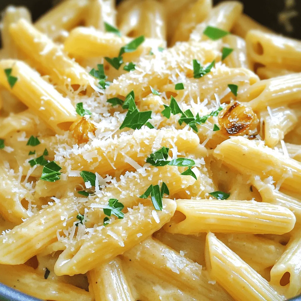 - 340g (12 oz) Pasta (Penne oder Fettuccine sind ideal) - 1 Kopf Knoblauch - 2 Esslöffel Olivenöl - 4 Tassen Gemüsebrühe - 1 Tasse Sahne - 1 Tasse geriebener Parmesan-Käse - 1 Teelöffel Italienische Gewürzmischung - Salz und Pfeffer nach Geschmack - Frische Petersilie, gehackt, zum Garnieren Der Knoblauch ist das Herzstück dieses Gerichts. Rösten macht ihn süß und zart. Ich verwende gerne frischen Knoblauch, da er mehr Geschmack hat. Achten Sie darauf, einen schönen Kopf Knoblauch zu wählen. Die Brühe bringt Tiefe. Gemüsebrühe ist leicht und passt gut. Für den Käse sollten Sie frischen Parmesan verwenden. Dieser schmilzt gut und gibt einen tollen Geschmack. Bei der Pastawahl sind Penne und Fettuccine perfekt. Diese Formen halten die Sauce gut. Achten Sie auf die Qualität der Pasta. Vollkorn oder frische Pasta sind gute Optionen. Sie haben mehr Geschmack und Nährstoffe. Kochen Sie die Pasta al dente, damit sie nicht matschig wird. Um den Knoblauch perfekt vorzubereiten, heize zuerst den Ofen auf 200°C vor. Nimm einen Kopf Knoblauch und schneide die Spitze ab. So werden die Zehen freigelegt. Träufle 1 Esslöffel Olivenöl darüber. Wickel den Knoblauch in Aluminiumfolie ein und stelle ihn in den Ofen. Röste ihn für etwa 30-35 Minuten. Die Zehen sollten weich und karamellisiert sein. Wenn der Knoblauch fertig ist, lasse ihn kurz abkühlen. Erhitze in einem großen Topf 1 Esslöffel Olivenöl bei mittlerer Hitze. Füge die ungekochte Pasta hinzu, sei es Penne oder Fettuccine. Röste die Pasta leicht für etwa 2-3 Minuten. Rühre dabei regelmäßig um, damit sie gleichmäßig bräunt. Dies gibt der Pasta einen tollen Geschmack. Jetzt wird es spannend! Gieße vorsichtig die 4 Tassen Gemüsebrühe in den Topf. Füge 1 Teelöffel italienische Gewürzmischung, Salz und Pfeffer hinzu. Bringe alles zum Kochen. Reduziere dann die Hitze und lasse es unbedeckt köcheln. Rühre gelegentlich um, bis die Pasta al dente ist und die meiste Flüssigkeit aufgenommen hat. Das dauert etwa 10-12 Minuten. Wenn der Knoblauch abgekühlt ist, drücke die gerösteten Zehen aus ihrer Haut. Zerdrücke sie zu einer Paste. Sobald die Pasta fertig ist, rühre die 1 Tasse Sahne, den geriebenen Parmesan und die Knoblauchpaste ein. Rühre gut um, bis die Sauce cremig ist. Lass das Gericht noch 2-3 Minuten köcheln. So dickt die Sauce leicht ein. Jetzt ist dein One-Pot Roasted Garlic Creamy Pasta bereit. Garniere das Gericht mit frisch gehackter Petersilie und etwas zusätzlichem Parmesan. Guten Appetit! Um die perfekte Konsistenz zu erreichen, ist die Wahl der Pasta entscheidend. Penne oder Fettuccine sind ideal, da sie gut die Sauce halten. Achte darauf, die Pasta al dente zu kochen. Das bedeutet, sie sollte noch einen kleinen Biss haben. Wenn du die Sahne hinzufügst, rühre alles gut um, bis die Sauce cremig ist. Lass es kurz köcheln, um die Sauce leicht einzudicken. Ein häufiger Fehler ist, die Pasta zu lange zu kochen. Das führt zu einer matschigen Textur. Ein weiterer Fehler ist, zu wenig Flüssigkeit zu verwenden. Die Pasta braucht genug Brühe, um gleichmäßig zu garen. Achte auch darauf, den Knoblauch nicht zu verbrennen, wenn du ihn röstest. Überprüfe den Knoblauch nach 30 Minuten, um sicherzustellen, dass er weich ist und nicht anbrennt. Um Zeit zu sparen, kannst du die Brühe und die Sahne bereits abmessen, bevor du anfängst. So hast du alles bereit, wenn du es brauchst. Röste den Knoblauch im Ofen, während du die Pasta vorbereitest. Das spart Zeit und du hast einen tollen, intensiven Geschmack. Wenn du Reste hast, kannst du sie gut aufbewahren und am nächsten Tag genießen. {{image_4}} Die One-Pot Roasted Garlic Creamy Pasta kann leicht angepasst werden. Für eine vegetarische Version lassen Sie die Sahne weg oder verwenden Sie eine pflanzliche Sahne. Statt Parmesan können Sie Hefeflocken verwenden. Diese geben einen tollen Geschmack und sind eine gute Käse-Alternative. Ein weiterer Tipp ist, anstelle von Sahne Kokosmilch zu nutzen. Das bringt eine leichte Süße und Cremigkeit. Sie können dieses Gericht anpassen, indem Sie verschiedene Zutaten hinzufügen. Gemüse wie Spinat, Erbsen oder Zucchini passt gut dazu. Einfach das Gemüse in den Topf geben, wenn die Pasta fast fertig ist. Für Fleischliebhaber sind Hähnchenstücke oder Speck eine tolle Ergänzung. Braten Sie das Fleisch zuerst an, bevor Sie die Pasta hinzufügen. So bekommt das Gericht mehr Geschmack und Textur. Die Gewürze können auch verändert werden, um neue Geschmäcker zu entdecken. Fügen Sie etwas Paprika für eine milde Schärfe hinzu. Auch frische Kräuter wie Basilikum oder Oregano geben dem Gericht einen frischen Touch. Wenn Sie es würziger mögen, probieren Sie rote Pfefferschoten oder Cayennepfeffer. Experimentieren Sie mit den Gewürzen, um Ihre perfekte Mischung zu finden! Um Reste von One-Pot Roasted Garlic Creamy Pasta aufzubewahren, lassen Sie die Pasta zuerst abkühlen. Füllen Sie sie dann in einen luftdichten Behälter. Stellen Sie sicher, dass der Behälter gut verschlossen ist. So bleibt die Pasta frisch. Sie können die Pasta auch einfrieren. Teilen Sie sie in Portionen auf und füllen Sie sie in gefriergeeignete Behälter. Achten Sie darauf, etwas Platz zum Ausdehnen zu lassen. Zum Wiederaufwärmen nehmen Sie die Pasta aus dem Gefrierfach. Lassen Sie sie im Kühlschrank über Nacht auftauen. Erwärmen Sie die Pasta dann in einem Topf. Fügen Sie etwas Milch oder Sahne hinzu, damit sie cremig bleibt. Im Kühlschrank bleibt die Pasta etwa 3 bis 5 Tage frisch. Achten Sie darauf, sie in einem luftdichten Behälter aufzubewahren. Prüfen Sie vor dem Essen immer auf Anzeichen von Verderb. Wenn sie schlecht riecht oder eine andere Farbe hat, werfen Sie sie weg. Die gesamte Zubereitung dauert etwa 50 Minuten. In diesen 50 Minuten röstest du den Knoblauch, kochst die Pasta und bereitest die Sauce vor. Die Vorbereitungszeit beträgt nur 10 Minuten. Das Rösten des Knoblauchs dauert 30 bis 35 Minuten. Die Kochzeit der Pasta dauert etwa 10 bis 12 Minuten. Es ist einfach und macht Spaß. Ja, du kannst die Sahne leicht ersetzen. Eine gute Option ist pflanzliche Sahne oder Kokosmilch. Diese Alternativen bieten einen ähnlichen cremigen Geschmack. Du kannst auch griechischen Joghurt verwenden, um die Sauce leicht zu verdicken. Achte darauf, dass du die Konsistenz anpasst, damit das Gericht nicht zu dick wird. Um das Gericht würziger zu machen, füge mehr Gewürze hinzu. Du kannst rote Paprikaflocken für etwas Schärfe verwenden. Auch frische Kräuter wie Basilikum oder Oregano bringen mehr Geschmack. Wenn du magst, kannst du auch eine Prise Zitronensaft hinzufügen. Das gibt der Sauce eine frische Note. Experimentiere mit den Gewürzen, um deinen perfekten Geschmack zu finden. Diese Anleitung zeigt, wie man One-Pot Roasted Garlic Creamy Pasta zubereitet. Wir haben über die besten Zutaten und Tipps gesprochen. Dabei lernst du, wie du die ideale Konsistenz erreichst und Zeit beim Kochen sparst. Du kannst auch leckere Variationen ausprobieren, wie vegetarische oder würzige Varianten. Lagere Reste richtig, damit du noch länger von diesem Gericht profitierst. Koche neue Geschmäcker aus und genieße die Freude am Kochen!