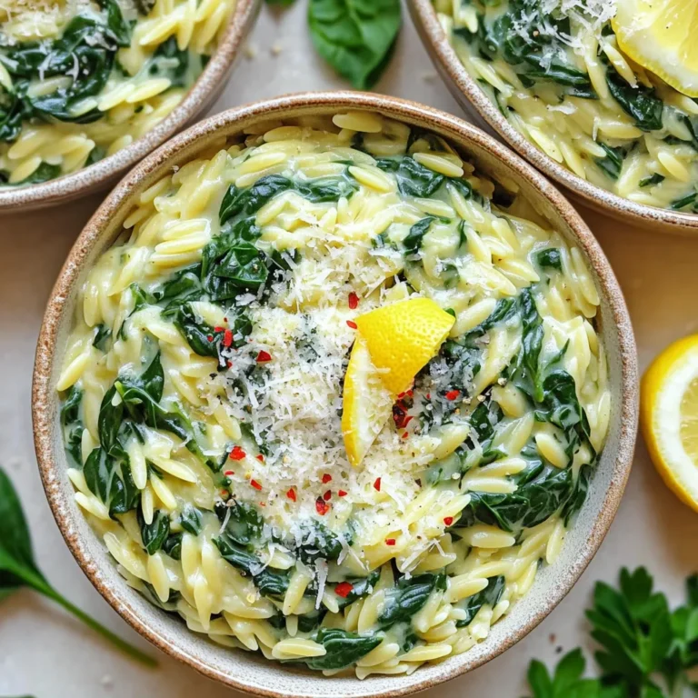 - 1 Tasse Orzo-Pasta - 2 Tassen Gemüsebrühe - 1 Esslöffel Olivenöl Die Hauptzutaten sind einfach und leicht zu finden. Orzo ist eine kleine, reisähnliche Pasta. Sie ist perfekt für diese cremige Zitronen-Spinat-Orzo-Pfanne. Gemüsebrühe gibt viel Geschmack. Olivenöl sorgt für eine gute Basis und hilft beim Braten. - 3 Knoblauchzehen, fein gehackt - 4 Tassen frischer Spinat, grob gehackt - 1 Tasse Sahne oder Kokoscreme Knoblauch bringt einen tollen Geschmack. Der Spinat ist frisch und gesund. Die Sahne oder Kokoscreme macht das Gericht cremig. Du kannst wählen, was dir besser schmeckt. - 1 Zitrone, abgerieben und ausgepresst - 1/2 Tasse geriebener Parmesan oder Nährhefe - Salz und Pfeffer nach Geschmack Die Zitrone macht das Gericht frisch und zesty. Parmesan gibt einen feinen, salzigen Geschmack. Eine Prise Salz und Pfeffer hebt alles hervor. Du kannst auch rote Pfefferflocken hinzufügen, wenn du es scharf magst. Frische Petersilie macht das Gericht bunt und schön. Erhitze das Olivenöl in einer großen Pfanne bei mittlerer Hitze. Füge die fein gehackten Knoblauchzehen hinzu. Brate den Knoblauch etwa eine Minute lang an. Achte darauf, dass er nicht anbrennt. Der Duft ist köstlich und macht Lust auf mehr. Gib die Orzo-Pasta in die Pfanne. Röste die Orzo leicht für 2-3 Minuten. Rühre häufig um, damit sie gleichmäßig bräunt. Dann gieße die Gemüsebrühe hinzu. Lass die Mischung aufkochen. Reduziere die Hitze auf niedrig, decke die Pfanne ab, und lasse alles 10-12 Minuten köcheln. Die Orzo sollte bissfest sein und die Flüssigkeit aufgesogen haben. Rühre jetzt den frischen Spinat unter die Orzo-Mischung. Füge die Zitronenschale und den Zitronensaft hinzu. Koche die Mischung für weitere 2-3 Minuten. Der Spinat wird schön zusammenfallen und die Aromen werden sich entfalten. Gieße die Sahne in die Pfanne. Rühre gut um, bis alles gut vermischt ist. Lass die Mischung nochmals 2 Minuten köcheln, damit sie etwas eindickt. Füge den geriebenen Parmesan hinzu und vermische alles gut. Der Käse sollte schmelzen und die Sauce cremig werden. Schmecke mit Salz, Pfeffer und optionalen roten Pfefferflocken ab. Nimm die Pfanne vom Herd und serviere das Gericht mit frisch gehackter Petersilie oben drauf. Um die beste Konsistenz für die Orzo zu bekommen, koche sie in Gemüsebrühe. Dies gibt viel Geschmack. Achte darauf, die Hitze nach dem Kochen zu reduzieren. Decke die Pfanne ab, um Dampf zu halten. So saugt die Orzo die Brühe gut auf. Wenn die Flüssigkeit fast weg ist, ist die Orzo perfekt. Sie sollte nicht matschig sein, sondern bissfest. Du kannst verschiedenen Käse verwenden, um den Geschmack zu ändern. Parmesan ist klassisch, aber probiere auch Feta. Feta bringt einen salzigen, cremigen Geschmack. Für eine vegane Option nimm Nährhefe. Sie gibt einen nussigen Geschmack. Du kannst auch andere Käsesorten wie Gouda oder Mozzarella nutzen. Diese Käse schmelzen gut und machen das Gericht lecker. Serviere die Orzo-Pfanne in flachen Schalen. Das sieht schön aus. Garniere mit frisch gehackter Petersilie. Ein Zitronenschnitz macht das Gericht frisch und ansprechend. Du kannst auch etwas geriebenen Parmesan oben drauf geben. So sieht das Gericht einladend aus. Achte darauf, dass die Farben leuchtend sind. Das macht das Essen noch ansprechender. {{image_4}} Für gesündere Optionen kannst du Vollkorn-Orzo verwenden. Vollkorn-Orzo hat mehr Ballaststoffe und Nährstoffe. Du kannst auch zusätzliches Gemüse hinzufügen. Zu den guten Optionen gehören Brokkoli, Erbsen oder Paprika. Diese Varianten machen das Gericht bunter und nahrhafter. Wenn du eine vegane Version machen möchtest, ersetze die Sahne. Nutze stattdessen Kokoscreme oder eine Pflanzencreme. Diese Alternativen geben dem Gericht eine ähnliche Cremigkeit. Auch der Parmesan kann durch Nährhefe ersetzt werden. Nährhefe hat einen käsigen Geschmack und ist ideal für vegane Rezepte. Für eine scharfe Note füge rote Pfefferflocken hinzu. Diese geben dem Gericht einen extra Kick. Du kannst auch andere Gewürze verwenden, wie Cayennepfeffer oder Paprika. Diese Variationen bringen mehr Geschmack und machen das Gericht aufregender. Bewahre die Reste der Creamy Lemon Spinach Orzo Skillet in einem luftdichten Behälter auf. Stelle sicher, dass der Behälter gut verschlossen ist. Lagere die Reste im Kühlschrank. So bleiben sie frisch und lecker für die nächsten Tage. Achte darauf, die Reste innerhalb von drei bis vier Tagen zu genießen. Um Verderb zu vermeiden, kühle das Gericht schnell ab, bevor du es in den Kühlschrank stellst. Vermeide es, die Orzo-Pfanne bei Raumtemperatur stehen zu lassen. Wenn du die Reste nicht innerhalb von vier Tagen aufbrauchst, friere sie ein. Gefrorene Reste halten bis zu drei Monate. Um die Reste aufzuwärmen, benutze einen Topf oder eine Mikrowelle. Füge etwas Wasser oder Brühe hinzu, um die Konsistenz zu erhalten. Erhitze die Mischung bei niedriger Hitze. Rühre häufig um, damit sie gleichmäßig warm wird. In der Mikrowelle kannst du die Reste in kurzen Intervallen aufwärmen. Decke den Behälter mit einem feuchten Tuch ab, um das Austrocknen zu verhindern. Die Zubereitung der Creamy Lemon Spinach Orzo Skillet dauert insgesamt etwa 25 Minuten. Diese Zeit setzt sich aus 10 Minuten Vorbereitungszeit und 15 Minuten Kochzeit zusammen. In dieser Zeit kannst du die Orzo kochen und den frischen Spinat sowie die cremige Sauce zubereiten. Es ist schnell, einfach und perfekt für ein leckeres Abendessen unter der Woche. Ja, du kannst die Orzo-Pasta leicht ersetzen. Eine gute Alternative ist Reis oder kleine Nudeln wie Farfalle oder Fusilli. Diese Alternativen bringen eine ähnliche Textur und Geschmack. Achte darauf, die Kochzeit anzupassen, da die unterschiedlichen Teigwaren unterschiedlich lange brauchen. Teile deine kreativen Ersetzungen mit uns! Ja, dieses Rezept ist super für Meal Prep geeignet. Du kannst die Orzo-Pfanne im Voraus zubereiten und in luftdichten Behältern aufbewahren. Sie bleibt im Kühlschrank bis zu vier Tage frisch. Um die beste Textur zu erhalten, erwärme sie in der Mikrowelle oder auf dem Herd mit etwas zusätzlicher Brühe oder Sahne. So bleibt sie cremig und lecker. Das Rezept für Creamy Lemon Spinach Orzo ist einfach und lecker. Wir haben die Hauptzutaten, die Zubereitung und viele Tipps besprochen. Die verschiedenen Variationen geben dir Freiheit beim Kochen. Überlege, was dir am besten schmeckt und probiere gesunde oder vegane Anpassungen. Reste lassen sich leicht im Kühlschrank aufbewahren und wieder aufwärmen. Diese Schritte helfen dir, ein schmackhaftes Gericht zu genießen. Koche mit Freude und experimentiere gerne!