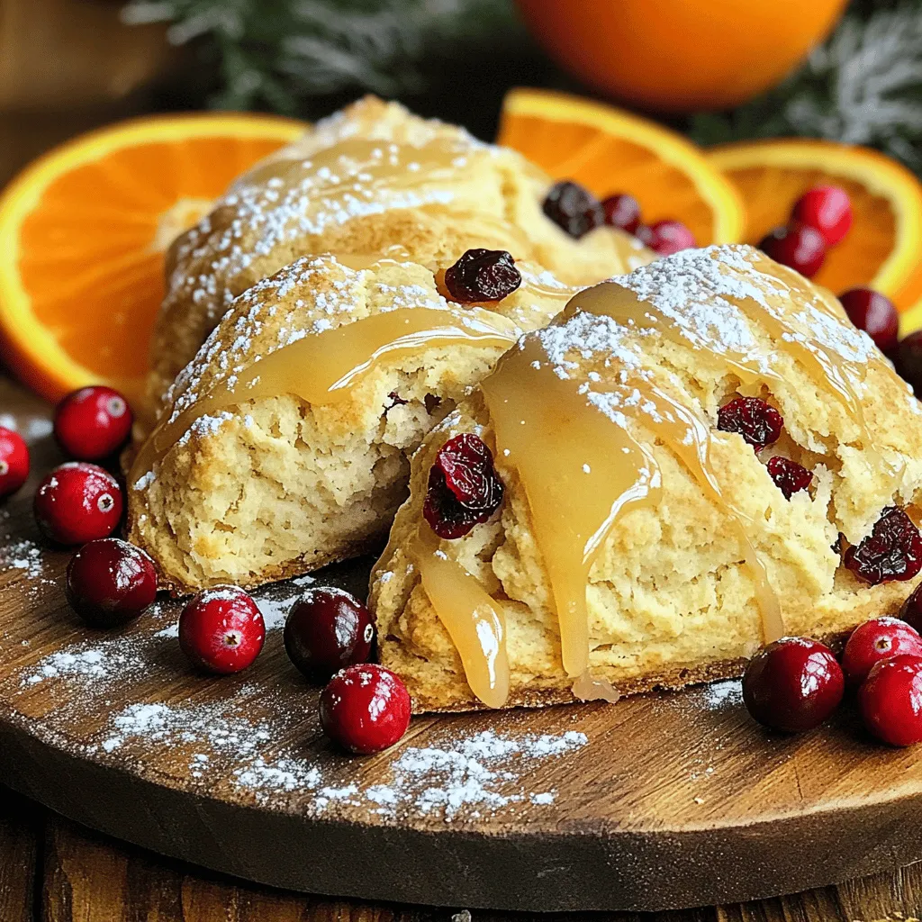 Für meine Cranberry Orange Glazed Scones brauche ich einige wichtige Zutaten, die jeden Biss lecker machen: - 2 Tassen Allzweckmehl - 1/3 Tasse granulierten Zucker - 1 Esslöffel Backpulver - 1/2 Teelöffel Salz - 1/2 Tasse ungesalzene Butter, kalt und gewürfelt - 1/2 Tasse getrocknete Cranberries - Schale von 1 Orange - 1/2 Tasse Schlagsahne - 1 großes Ei - 1 Teelöffel Vanilleextrakt Für die Glasur benötige ich: - 1 Tasse Puderzucker - 2 Esslöffel frisch gepresster Orangensaft - 1 Teelöffel Orangenschale Manchmal möchte ich die Zutaten ändern. Ich kann glutenfreies Mehl verwenden, wenn ich eine glutenfreie Option will. Anstelle von getrockneten Cranberries kann ich auch andere getrocknete Früchte wie Aprikosen oder Kirschen verwenden. Wenn ich keinen Zucker nutzen möchte, kann ich Honig oder Ahornsirup nehmen. Für die Glasur kann ich auch Zitronensaft anstelle von Orangensaft verwenden. Die Qualität der Zutaten macht einen großen Unterschied. Ich wähle frische, ungesalzene Butter, da sie den besten Geschmack bringt. Die getrockneten Cranberries sollten saftig und ohne Zuckerzusatz sein. Wenn ich die Orange auswähle, achte ich darauf, dass sie fest und schwer in der Hand liegt. Das zeigt, dass sie saftig ist und viel Aroma hat. Frische Zutaten sorgen für einen besseren Geschmack und eine bessere Textur in meinen Scones. Beginnen Sie, indem Sie den Ofen auf 200°C vorheizen. Legen Sie ein Backblech mit Backpapier aus. Dies verhindert, dass die Scones festkleben. Messen Sie alle Zutaten genau ab. Sie brauchen 2 Tassen Allzweckmehl, 1/3 Tasse Zucker und 1 Esslöffel Backpulver. Achten Sie auch auf 1/2 Tasse kalte Butter, die gewürfelt ist. Diese Kälte sorgt für luftige Scones. In einer großen Schüssel vermengen Sie das Mehl, den Zucker, das Backpulver und das Salz. Mischen Sie gut, damit alle Zutaten gleichmäßig verteilt sind. Fügen Sie dann die kalte Butter hinzu. Verwenden Sie Ihre Finger oder einen Teigmischer, um die Mischung zu kneten. Ziel ist, eine krümelige Textur zu erreichen. Dann kommen die getrockneten Cranberries und die Orangenschale dazu. Rühren Sie alles vorsichtig unter. In einer anderen Schüssel vermengen Sie die Schlagsahne, das Ei und den Vanilleextrakt. Gießen Sie diese Mischung zu den trockenen Zutaten. Rühren Sie nur so lange, bis alles gerade vermischt ist. Zu viel Rühren macht die Scones hart. Geben Sie den Teig auf eine bemehlte Fläche. Kneten Sie ihn leicht, etwa fünf Mal. Formen Sie dann einen dicken Kreis. Schneiden Sie den Teig in 8 Keile. Legen Sie diese auf das Backblech. Jetzt backen Sie die Scones für 15 bis 20 Minuten. Achten Sie darauf, dass die Ränder goldbraun sind. Während die Scones backen, bereiten Sie die Glasur vor. Mischen Sie 1 Tasse Puderzucker mit 2 Esslöffeln Orangensaft und 1 Teelöffel Orangenschale. Rühren Sie, bis die Mischung glatt ist. Nach dem Backen lassen Sie die Scones ein paar Minuten abkühlen. Träufeln Sie dann die Glasur darüber. So erhalten Sie einen köstlichen Glanz und zusätzlichen Geschmack. Beim Backen von Scones gibt es einige häufige Fehler. Ein großer Fehler ist, den Teig zu übermischen. Wenn Sie die trockenen und nassen Zutaten kombinieren, rühren Sie nur kurz. So bleibt der Teig leicht und luftig. Ein weiterer Fehler ist, die Butter zu warm zu verwenden. Kalte, gewürfelte Butter sorgt für zarte Scones. Achten Sie darauf, die Zutaten gut abzumessen. Das richtige Verhältnis ist wichtig für den Geschmack. Die ideale Konsistenz des Scone-Teigs ist entscheidend. Er sollte weich, aber nicht klebrig sein. Wenn der Teig zu trocken wirkt, fügen Sie ein wenig mehr Schlagsahne hinzu. Wenn er zu feucht ist, streuen Sie etwas mehr Mehl ein. Kneten Sie den Teig nur leicht, um die Struktur zu bewahren. Zu viel Kneten macht die Scones hart. Die richtige Konsistenz macht Ihre Scones perfekt und lecker. Kühlen Sie den Teig vor dem Backen. Das hilft, die Butter fest zu halten und die Scones fluffig zu machen. Nach dem Kneten formen Sie den Teig zu einem Kreis. Lassen Sie ihn etwa 10 Minuten im Kühlschrank ruhen. Dies sorgt für eine bessere Textur. Beim Schneiden in Keile verwenden Sie ein scharfes Messer. So bleibt der Teig intakt und die Scones behalten ihre Form. {{image_4}} Scones sind vielseitig und können viele verschiedene Geschmäcker annehmen. Du kannst die getrockneten Cranberries durch andere Früchte ersetzen. Probiere getrocknete Kirschen oder Himbeeren für einen neuen Twist. Auch Nüsse wie Walnüsse oder Mandeln können einen schönen Crunch geben. Ein Spritzer Zimt oder Muskatnuss kann den Scones ein warmes, würziges Aroma verleihen. Experimentiere mit verschiedenen Zutaten, um deine Lieblingskombination zu finden. Frische Cranberries sind eine gute Wahl für Scones. Sie bringen eine tolle Säure mit. Du solltest sie jedoch vorher leicht zerkleinern, damit sie gleichmäßiger im Teig verteilt sind. Achte darauf, die frischen Cranberries gut abzuspülen und die beschädigten Früchte zu entfernen. Ihre frische Note wird den Scones ein neues Level an Geschmack verleihen. Für glutenfreie Scones kannst du eine glutenfreie Mehlmischung verwenden. Achte darauf, dass sie für Backen geeignet ist. Für vegane Scones ersetze die Butter durch vegane Margarine. Statt der Schlagsahne kannst du pflanzliche Sahne nehmen. Diese Alternativen machen die Scones für viele Menschen zugänglich. Sie schmecken trotzdem lecker und fluffig. Um die Cranberry Orange Glazed Scones frisch zu halten, sollten Sie sie in einem luftdichten Behälter aufbewahren. Legen Sie ein Stück Backpapier zwischen die Scones, um ein Kleben zu verhindern. Sie können die Scones bei Raumtemperatur für bis zu drei Tage aufbewahren. Wenn Sie die Scones länger aufbewahren möchten, können Sie sie einfrieren. Lassen Sie die Scones vollständig abkühlen, bevor Sie sie in einen Gefrierbeutel legen. Entfernen Sie so viel Luft wie möglich, um Gefrierbrand zu vermeiden. So bleiben die Scones bis zu drei Monate frisch. Um die Scones wieder aufzuwärmen, heizen Sie den Ofen auf 180°C vor. Legen Sie die Scones auf ein Backblech und backen Sie sie für etwa 5 bis 10 Minuten. Die Scones werden warm und lecker. Sie können sie auch in der Mikrowelle für 10 bis 15 Sekunden aufwärmen, wenn es schnell gehen muss. Servieren Sie sie warm mit einem zusätzlichen Schuss Glasur oder etwas Butter für extra Geschmack. Ja, du kannst die Scones im Voraus zubereiten. Mache den Teig einen Tag vorher. Wickele ihn gut in Frischhaltefolie und lege ihn in den Kühlschrank. Wenn du bereit bist zu backen, forme die Scones und backe sie frisch. So hast du immer einen warmen Genuss, wenn du ihn brauchst. Die Scones halten sich gut in einem luftdichten Behälter. Du kannst sie bis zu drei Tage aufbewahren. Stelle sicher, dass sie vollständig abgekühlt sind, bevor du sie lagerst. So bleiben sie frisch und lecker. Wenn du sie länger aufbewahren möchtest, friere sie ein. So bleiben sie bis zu drei Monate haltbar. Zu diesen Scones passen viele Getränke. Ein heißer Tee ist immer eine gute Wahl. Auch frischer Kaffee harmoniert perfekt. Wenn du etwas Erfrischendes suchst, probiere einen Orangensaft. Diese Getränke bringen die Aromen der Scones noch besser zur Geltung. In diesem Artikel haben wir die besten Zutaten für Scones sowie deren Alternativen besprochen. Wir haben die Schritte zur Zubereitung und die besten Tipps geteilt, um Fehler zu vermeiden. Variationen, wie glutenfreie und vegane Optionen, wurden ebenfalls behandelt. Außerdem haben wir Lagerungstipps gegeben, damit Ihre Scones immer frisch bleiben. Scones sind einfach zuzubereiten und können vielfältig sein. Experimentieren Sie mit neuen Geschmäckern und genießen Sie das Backen!