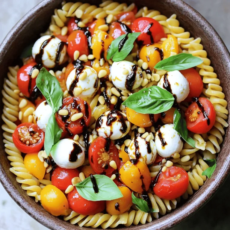 - 225 Gramm Rotini oder Fusilli Pasta - 150 Gramm Kirschtomaten, halbiert - 150 Gramm frische Mozzarellabällchen (Bocconcini), halbiert - ½ Tasse frische Basilikumblätter, zerrissen - 2 Esslöffel Balsamico-Glasur - 2 Esslöffel extra natives Olivenöl - Salz und Pfeffer nach Geschmack - Optional: 1 Esslöffel Pinienkerne, geröstet Du kannst den Salat ganz leicht ändern. Probiere verschiedene Pastaformen aus. Fusilli oder Rotini sind toll. Füge auch andere Gemüse hinzu, wie Paprika oder Gurken. Wenn du es herzhaft magst, füge gegrilltes Hähnchen oder Schinken hinzu. Wähle frische Kirschtomaten. Sie sollten fest und glänzend sein. Achte auch auf die Mozzarellabällchen. Sie sollten weich und cremig sein. Verwende frisches Basilikum, das intensiv riecht. Die Qualität der Zutaten macht den Salat besonders lecker. Zuerst bringst du einen großen Topf mit Wasser zum Kochen. Füge viel Salz hinzu. Das hilft der Pasta, gut zu schmecken. Gib die Rotini oder Fusilli in das kochende Wasser. Koche die Pasta etwa 8-10 Minuten lang, bis sie al dente ist. Wenn die Pasta fertig ist, gieße sie ab. Spüle sie unter kaltem Wasser ab, um den Kochprozess zu stoppen und die Pasta abzukühlen. Nimm eine große Schüssel und füge die gekochte Pasta hinzu. Schneide die Kirschtomaten in der Mitte durch und füge sie zur Pasta. Halbiere auch die Mozzarellabällchen und gib sie in die Schüssel. Jetzt hast du die Basis für deinen Salat. Nimm frische Basilikumblätter und zerrisse sie mit der Hand. Das gibt dem Salat einen tollen Duft. Hebe die Basilikumblätter vorsichtig unter die Pasta-Mischung. Achte darauf, dass sie gut verteilt sind. Jetzt ist es Zeit, den Salat zu würzen. Träufle die Balsamico-Glasur und das Olivenöl über die Mischung. Schmecke den Salat mit Salz und Pfeffer ab. So wird der Geschmack noch besser. Nimm einen Löffel und vermische alles gut. Achte darauf, dass die Pasta gleichmäßig mit dem Dressing überzogen ist. So schmeckt jeder Bissen lecker. Wenn du Pinienkerne verwenden möchtest, röste sie in einer trockenen Pfanne. Stelle die Hitze auf mittel und rühre sie für etwa 3-4 Minuten. Sie sollten goldbraun werden. Streue die gerösteten Pinienkerne über deinen Salat für einen knusprigen Biss. Lass den Salat etwa 10 Minuten ruhen. So können sich die Aromen gut entfalten. Du kannst den Salat sofort servieren oder bis zu einer Stunde im Kühlschrank lagern. So bleibt er erfrischend. - Koche die Pasta al dente. So bleibt sie fest und schmeckt besser. - Spüle die Pasta nach dem Kochen mit kaltem Wasser. Das stoppt den Garprozess. - Verwende frische Zutaten für den besten Geschmack. Frische Basilikumblätter sind ein Muss. - Serviere den Salat in einer großen, schönen Schüssel. Das sieht toll aus. - Garniere den Salat mit extra Basilikumblättern. Das macht ihn frisch und einladend. - Streue einige geröstete Pinienkerne darüber. Sie geben dem Salat einen tollen Crunch. - Koche die Pasta am Morgen oder am Tag zuvor. So sparst du Zeit. - Bereite die anderen Zutaten vor. Halte sie in separaten Behältern. - Mische alles kurz vor dem Servieren. So bleibt der Salat frisch und knackig. {{image_4}} Der Minute Caprese Pasta Salad ist von Natur aus vegetarisch. Um ihn vegan zu machen, ersetzen Sie die Mozzarellabällchen durch pflanzliche Käsealternativen. Cashewkäse oder Mandelkäse sind großartige Optionen. Fügen Sie zusätzlich mehr frische Kräuter hinzu, um den Geschmack zu verstärken. Wenn Sie Protein hinzufügen möchten, probieren Sie Kichererbsen oder weiße Bohnen. Diese Zutaten sind nahrhaft und passen gut zu den Aromen. Sie können auch gebratenen Tofu oder Tempeh verwenden, um eine herzhaftere Option zu bieten. Achten Sie darauf, die Proteine gut zu würzen, um den Geschmack zu intensivieren. Nutzen Sie saisonale Zutaten für mehr Frische. Im Sommer sind Zucchini und Paprika eine tolle Ergänzung. Im Herbst können Sie geröstete Kürbiswürfel einfügen. Diese Zutaten bringen Farbe und zusätzliche Nährstoffe in Ihren Salat. Experimentieren Sie mit verschiedenen Gemüsesorten, die Sie lieben, um neue Geschmäcker zu entdecken. Um den Minute Caprese Pasta Salad frisch zu halten, bewahre ihn in einem luftdichten Behälter auf. Stelle sicher, dass der Behälter sauber und trocken ist. Lagere den Salat im Kühlschrank. Vermeide die Lagerung bei Raumtemperatur, da die Zutaten verderben können. Im Kühlschrank hält sich der Salat bis zu drei Tage. Nach dieser Zeit könnten die frischen Zutaten an Geschmack verlieren. Achte darauf, den Salat vor dem Servieren gut umzurühren. So verteilen sich die Aromen wieder gut. Wenn du Reste hast, verwende sie in einem neuen Gericht. Du kannst den Salat in ein Sandwich oder Wrap füllen. Oder mische ihn in Omeletts oder als Beilage zu gegrilltem Fleisch. So bleibt die Mahlzeit spannend und lecker. Du kannst die Pasta bis zu zwei Tage im Voraus kochen. Koche sie einfach al dente. Nach dem Kochen solltest du die Pasta abgießen und unter kaltem Wasser abspülen. Das stoppt den Garprozess. So bleibt die Pasta frisch und lecker. Ja, dieser Salat ist perfekt für Meal Prep. Du kannst ihn im Voraus zubereiten und für bis zu drei Tage im Kühlschrank aufbewahren. Achte darauf, das Dressing erst kurz vor dem Essen hinzuzufügen. So bleibt der Salat frisch und knackig. Ja, du kannst andere Käsesorten nutzen. Feta oder Ricotta sind gute Alternativen. Sie bringen einen anderen Geschmack in den Salat. Experimentiere mit verschiedenen Käsesorten und finde deine Lieblingskombination. Um das Rezept glutenfrei zu machen, wähle glutenfreie Pasta. Es gibt viele Optionen aus Reis oder Linsen. Achte darauf, dass alle anderen Zutaten ebenfalls glutenfrei sind. So kannst du den Salat genießen, ohne dir Sorgen um Gluten zu machen. Wir haben die besten Zutaten für deinen Salat erkundet und eine Schritt-für-Schritt-Anleitung gegeben. Tipps zur Zubereitung und Varianten erweitern deine Möglichkeiten. Denke daran, mit frischen, saisonalen Zutaten zu arbeiten. Probiere auch die verschiedenen Varianten aus, um deinen Geschmack anzupassen. Den Salat richtig aufzubewahren, sichert die Frische. Mit diesen Tipps wird dein Salat ein Hit! Viel Spaß beim Zubereiten und Genießen!