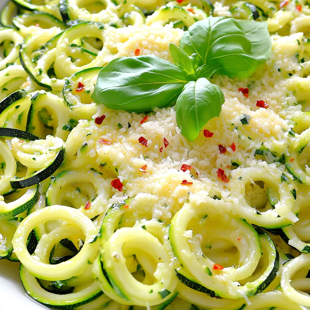 Für dieses einfache Rezept benötigst du: - 2 mittelgroße Zucchinis, spiralisiert zu Nudeln - 2 Esslöffel Olivenöl - 3 Knoblauchzehen, fein gehackt - 1/4 Teelöffel rote Pfefferflocken (optional) - 1/4 Tasse geriebener Parmesan-Käse - Salz und Pfeffer nach Geschmack - Frische Basilikumblätter zur Garnitur (optional) Diese Zutaten sind leicht zu finden. Die Zucchinis sind die Hauptzutat. Sie geben den Nudeln die Form und den Biss. Olivenöl und Knoblauch verleihen Geschmack und Aroma. Parmesan bringt eine salzige Note. Du kannst die Pfefferflocken weglassen, wenn du es mild magst. Zusätzlich kannst du die Zucchini-Nudeln mit weiteren Geschmacksträgern verfeinern. Hier sind einige Ideen: - Zitronensaft für Frische - Geröstete Pinienkerne für Crunch - Kirschtomaten für etwas Süße Diese Zutaten steigern den Geschmack. Sie machen das Gericht noch interessanter und leckerer. Experimentiere mit dem, was dir gefällt. Wenn du spezielle Diäten beachtest, gibt es tolle Alternativen: - Für eine glutenfreie Option: Die Zucchini-Nudeln sind von Natur aus glutenfrei. - Für eine vegane Version: Lass den Käse weg oder ersetze ihn durch veganen Käse. - Wenn du Low-Carb isst: Zucchini-Nudeln sind eine hervorragende Wahl, da sie wenig Kohlenhydrate enthalten. Mit diesen Anpassungen kannst du das Rezept an deine Bedürfnisse anpassen. So bleibt es lecker und gesund. Um die Zucchini in Nudeln zu verwandeln, benötigst du einen Spiralizer. Halte die Zucchini mit einer Hand fest und drehe den Spiralizer. Es ist schnell und macht Spaß! Wenn du keinen Spiralizer hast, benutze einen Julienne-Schäler. Das Ergebnis sind lange, dünne Zucchini-Nudeln. Diese sehen nicht nur gut aus, sie sind auch gesund. Bereite zwei mittelgroße Zucchinis vor, um genug Nudeln für zwei Portionen zu machen. Erhitze zwei Esslöffel Olivenöl in einer großen Pfanne. Stelle die Hitze auf mittlerer Stufe ein. Warte, bis das Öl leicht schimmert. Jetzt kommt der Knoblauch! Hacke drei Knoblauchzehen fein und füge sie zum Öl hinzu. Brate den Knoblauch etwa 30 Sekunden an. Du willst den Duft spüren, aber achte darauf, dass er nicht bräunt. Ein bräunlicher Knoblauch wird bitter. Jetzt kommen die Zucchini-Nudeln in die Pfanne. Gib sie zu dem duftenden Knoblauch und dem Öl. Mische alles gut durch. Sautiere die Nudeln für 2-3 Minuten. Sie sollen al dente sein, also leicht knackig. Wenn du es würziger magst, streue 1/4 Teelöffel rote Pfefferflocken hinein. Das gibt einen schönen Kick! Nimm die Pfanne dann vom Herd. Streue 1/4 Tasse geriebenen Parmesan über die Nudeln. Rühre alles gut um, damit der Käse schmilzt und die Nudeln gleichmäßig bedeckt. Schmecke mit Salz und Pfeffer ab. Serviere die Zucchini-Nudeln sofort, garniert mit frischen Basilikumblättern. So sieht dein Gericht nicht nur toll aus, es schmeckt auch fantastisch! Um perfekte Zucchini-Nudeln zu machen, wähle frische, feste Zucchinis. Sie sollten keine weichen Stellen haben. Spiralisiere sie in lange, gleichmäßige Streifen. Achte darauf, die Zucchini nicht zu lange zu kochen. Sie sollen knackig bleiben. Ein hoher Hitze sorgt dafür, dass sie al dente bleiben. Mische sie schnell mit dem Knoblauch, um den besten Geschmack zu erzielen. Um den Geschmack zu variieren, kannst du einige Zutaten hinzufügen. Füge zum Beispiel frischen Spinat oder Kirschtomaten hinzu. Sie geben dem Gericht mehr Farbe und Nährstoffe. Du kannst auch angebratene Pilze oder Paprika für mehr Textur verwenden. Wenn du es schärfer magst, probiere verschiedene Pfefferarten. Füge sogar etwas geräucherten Paprika für einen rauchigen Geschmack hinzu. Zucchini enthält viel Wasser. Um dies zu reduzieren, kannst du die Nudeln nach dem Spiralieren leicht salzen. Lass sie etwa 10 Minuten ruhen, damit das Wasser herauskommt. Dann drücke die Zucchini leicht mit einem Küchentuch aus. So bleiben deine Nudeln schön fest und schmecken besser. Vermeide es, sie zu lange zu kochen, um das Wasser nicht freizusetzen. {{image_4}} Du kannst Zucchini-Nudeln leicht mit anderem Gemüse kombinieren. Karotten oder Paprika passen gut. Verwende einen Spiralizer, um sie in lange Streifen zu schneiden. Das macht das Gericht bunt und gesund. Du kannst auch Blumenkohl oder Kürbis verwenden. Diese Alternativen bringen neue Geschmäcker und Texturen. Parmesan ist großartig, aber nicht die einzige Wahl. Du kannst auch Pecorino oder Feta verwenden. Sie bringen einen anderen Geschmack mit. Für eine vegane Option probiere Nusskäse oder Hefeflocken. Diese Optionen sind lecker und passen gut zu den Zucchini-Nudeln. Sie geben deinem Gericht einen neuen Twist. Wenn du es scharf magst, füge mehr rote Pfefferflocken hinzu. Du kannst auch frischen Chili oder Jalapeños verwenden. Diese Zutaten bringen mehr Hitze und Geschmack. Eine Prise Cayennepfeffer kann auch helfen. So bekommst du den perfekten Kick in deinem Gericht. Wenn Sie Reste von den Zucchini-Nudeln haben, lagern Sie sie in einem luftdichten Behälter. Stellen Sie sicher, dass die Nudeln vollständig abgekühlt sind, bevor Sie sie einlegen. Dies hilft, das Wachstum von Bakterien zu verhindern. Sie können die Reste bis zu drei Tage im Kühlschrank aufbewahren. Achten Sie darauf, sie nicht zu lange liegenzulassen, da die Nudeln ihre Knusprigkeit verlieren können. Zucchini-Nudeln können auch eingefroren werden. Vergewissern Sie sich, dass die Nudeln vor dem Einfrieren gut abgekühlt sind. Packen Sie die Nudeln in einen gefrierfesten Beutel oder Behälter. Drücken Sie so viel Luft wie möglich heraus, um Gefrierbrand zu vermeiden. Die Nudeln können bis zu drei Monate im Gefrierfach bleiben. Wenn Sie bereit sind, sie zu verwenden, tauen Sie sie einfach im Kühlschrank auf. Um die Zucchini-Nudeln wieder aufzuwärmen, verwenden Sie eine Pfanne bei mittlerer Hitze. Fügen Sie einen Spritzer Olivenöl hinzu, um ein Ankleben zu verhindern. Erhitzen Sie die Nudeln für etwa zwei bis drei Minuten. Rühren Sie sie gelegentlich um, damit sie gleichmäßig warm werden. Vermeiden Sie die Mikrowelle, da die Nudeln weich und matschig werden können. So bleiben sie knackig und lecker! Du kannst Zucchini-Nudeln ohne Spiralizer herstellen, indem du einen Julienne-Schäler verwendest. Dieser Schäler schneidet die Zucchini in lange, dünne Streifen. Du kannst auch ein normales Gemüsemesser nehmen, um die Zucchini in dünne Scheiben zu schneiden, und diese dann in Streifen schneiden. Es ist einfach und benötigt keine spezielle Ausrüstung. Die Zucchini bleibt knackig und schmeckt toll! Ja, du kannst Zucchini-Nudeln im Voraus zubereiten. Koche sie aber nicht zu lange, sonst werden sie matschig. Du kannst sie auch nur spiralisiert vorbereiten und im Kühlschrank aufbewahren. So hast du sie schnell griffbereit. Bewahre sie in einem luftdichten Behälter auf. Das hält sie frisch. Wenn du sie dann zubereitest, solltest du sie gleich in die Pfanne geben, um die optimale Textur zu erreichen. Die Nährwerte können je nach Menge der Zutaten variieren. Eine Portion hat etwa: - Kalorien: 150 - Kohlenhydrate: 6 g - Eiweiß: 6 g - Fett: 12 g Zucchini ist kalorienarm und reich an Vitaminen. Parmesan fügt etwas Protein und Geschmack hinzu. Diese Zucchini-Nudeln sind also eine gesunde Wahl, die wenig Kohlenhydrate enthält. Knoblauch-Parmesan Zucchini-Nudeln sind einfach zuzubereiten. Wir haben die wichtigsten Zutaten besprochen, um tollen Geschmack zu erzielen. Die Schritt-für-Schritt-Anleitung zeigt, wie du Zucchini-Nudeln perfekt machst. Tipps helfen dir, die besten Ergebnisse zu erzielen und die Variationen bieten für jeden etwas. Denke daran, Reste richtig aufzubewahren. Experimentiere mit verschiedenen Geschmäckern für mehr Vielfalt. Du kannst so viel aus dieser gesunden Mahlzeit herausholen. Viel Spaß beim Kochen!
