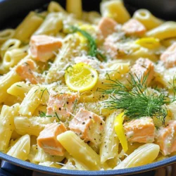 - 300 g Pasta (nach Wahl) - 400 g frischer Lachs (ohne Haut) - 2 Esslöffel Olivenöl - 3 Zehen Knoblauch, gehackt - 1 große Schalotte, gewürfelt - 1 Tasse Gemüse- oder Hühnerbrühe - 1 Tasse Sahne - Abrieb und Saft von 1 Zitrone - 1 Esslöffel frischer Dill, gehackt - Salz und Pfeffer nach Geschmack - Geriebener Parmesan (optional) In diesem Rezept für One-Pot Lemon Dill Salmon Pasta verwenden wir frische und einfache Zutaten. Die Pasta ist die Basis, und du kannst jede Sorte wählen, die du magst. Ich empfehle Penne oder Fusilli. Sie nehmen die Soße gut auf. Der frische Lachs bringt tollen Geschmack und gesunde Fette. Achte darauf, dass der Lachs ohne Haut ist, damit er beim Kochen zart bleibt. Für die Aromen brauchst du Olivenöl, Knoblauch, und Schalotten. Diese Zutaten machen die Basis der Soße. Der Knoblauch gibt einen tollen Duft ab, und die Schalotten sorgen für einen süßlichen Geschmack. Die flüssigen Zutaten sind Gemüse- oder Hühnerbrühe, Sahne, Zitronenabrieb und Zitronensaft. Diese Zutaten machen die Soße cremig und frisch. Die Zitrone gibt einen tollen Kick. Vergiss nicht die Gewürze! Frischer Dill macht das Gericht besonders und gibt es ein aromatisches Flair. Salz und Pfeffer sind wichtig, um alles gut abzurunden. Du kannst auch geriebenen Parmesan hinzufügen, wenn du magst. Das gibt eine köstliche Note. Mit diesen Zutaten bereitest du ein schnelles und einfaches Gericht zu, das deine Familie lieben wird. - Erhitze das Olivenöl in einem großen Topf bei mittlerer Hitze. - Gib den gehackten Knoblauch und die gewürfelte Schalotte dazu. Brate sie 2-3 Minuten an, bis sie glänzend sind. Der Duft wird köstlich sein. - Lege vorsichtig die Lachsfilets in den Topf. Brate sie 3-4 Minuten auf jeder Seite. - Nimm die Lachsfilets dann aus dem Topf und lege sie beiseite. Sie sollten zart und saftig sein. - Füge die Brühe und die Pasta in den Topf hinzu. Bringe alles zum leichten Kochen. - Rühre häufig um, damit die Pasta nicht anklebt. Dies ist wichtig für die Textur. - Nachdem die Pasta teilweise gegart ist, füge die Sahne, den Zitronenabrieb und den Zitronensaft hinzu. - Rühre gut um, um alles zu vermengen. Du wirst die frischen Aromen sofort schmecken. - Reduziere die Hitze auf niedrig und gib die gekochten Lachsstücke zurück in den Topf. - Breche den Lachs vorsichtig in große Stücke und arbeite ihn sanft in die Pasta-Mischung ein. Lass alles zusammen weitere 2-3 Minuten garen. - Rühre den gehackten frischen Dill unter die Mischung. - Würze mit Salz und Pfeffer nach Geschmack. Schmecke alles ab, um sicherzugehen, dass die Aromen perfekt sind. Für dieses Rezept empfehle ich Penne oder Fusilli. Diese Sorten fangen die Soße gut ein. Sie bieten auch eine schöne Textur. Penne hat eine runde Form, die gut in den Mund passt. Fusilli hat eine spiralförmige Struktur, die die Aromen hält. Beide Sorten machen das Gericht lecker und sättigend. Achte darauf, den Lachs nicht zu lange zu garen. Übergarung macht ihn trocken und zäh. Gar den Lachs nur 3-4 Minuten auf jeder Seite. Wenn er innen leicht rosa ist, ist er perfekt! So bleibt er saftig und zart. Verwende frischen Lachs für den besten Geschmack. Du kannst dem Gericht mehr Geschmack geben. Füge frische Kräuter wie Petersilie oder Basilikum hinzu. Diese Kräuter bringen Farbe und Frische. Auch Gewürze wie Zitronenpfeffer oder Chili können gut passen. Wenn du eine Sahnealternative möchtest, nutze Kokosmilch oder Cashewcreme. Diese Optionen sind leicht und cremig. Sie geben dem Gericht eine neue Note. Experimentiere mit diesen Aromen und finde deine Lieblingskombination! {{image_4}} Du kannst das Gericht aufpeppen, indem du Gemüse hinzufügst. Erbsen, Spinat oder Zucchini passen perfekt. Erbsen geben eine süße Note. Spinat bringt eine gesunde Farbe. Zucchini macht das Gericht frisch und knackig. Einfach das Gemüse in den Topf geben, wenn die Pasta fast gar ist. So bleibt es knackig und lecker. Wenn du keinen Lachs magst, probiere Hähnchen. Hähnchenbrust ist eine tolle Wahl. Koche es genauso wie den Lachs. Schneide das Hähnchen in kleine Stücke und brate es an. Füge die Hähnchenstücke dann zur Pasta hinzu. So bist du flexibel und kannst nach Lust und Laune wechseln. Für eine glutenfreie Variante wähle glutenfreie Pasta. Es gibt viele Optionen, die gut schmecken. Die Zubereitung bleibt gleich. Achte darauf, die Kochzeit anzupassen. So wird die Pasta perfekt und du kannst das Gericht genießen, ohne auf den Geschmack zu verzichten. Du kannst die Reste der One-Pot Zitronen-Dill Lachs-Pasta leicht kühlen oder einfrieren. Um die Pasta frisch zu halten, lege sie in einen luftdichten Behälter. Im Kühlschrank bleibt sie gut für ein paar Tage. Wenn du sie einfrierst, stelle sicher, dass sie gut verpackt ist, um Gefrierbrand zu vermeiden. Die Pasta hält sich im Kühlschrank für 2 bis 3 Tage. Stelle sicher, dass du die Reste schnell abkühlst, bevor du sie in den Kühlschrank stellst. So bleibt der Geschmack frisch. Achte darauf, die Reste gut abzudecken, um Gerüche von anderen Lebensmitteln zu vermeiden. Die beste Methode zum Aufwärmen der Reste ist die Verwendung eines Topfes oder einer Pfanne. Füge etwas Wasser oder Brühe hinzu, um die Pasta nicht austrocknen zu lassen. Erhitze bei niedriger Hitze und rühre häufig um. Du kannst auch die Mikrowelle nutzen, aber achte darauf, die Pasta regelmäßig zu prüfen, damit sie nicht übergart. So bleibt der leckere Geschmack erhalten. Die Zubereitung dauert insgesamt 30 Minuten. Die Vorbereitungszeit beträgt etwa 10 Minuten. In dieser Zeit schneidest du die Schalotte und hackst den Knoblauch. Das Kochen der Pasta und des Lachses dauert dann weitere 20 Minuten. So hast du schnell ein leckeres Gericht. Ja, du kannst gefrorenen Lachs verwenden. Achte darauf, ihn vorher gut aufzutauen. Das hilft beim gleichmäßigen Garen. Gekochter Lachs hat einen tollen Geschmack, auch wenn er gefroren war. Achte darauf, die Garzeit leicht zu verlängern, falls der Lachs noch kalt ist. Dieses Rezept eignet sich gut für Meal Prep. Du kannst die Pasta und den Lachs im Voraus zubereiten. Lager sie in einem luftdichten Behälter im Kühlschrank. So bleibt das Essen frisch für 2 bis 3 Tage. Wenn du bereit bist, einfach aufwärmen und genießen! Diese Anleitung zeigt, wie du ein einfaches und leckeres Pasta-Rezept mit Lachs zubereitest. Du hast erfahren, welche Zutaten nötig sind und welche Schritte du befolgen musst. Denke daran, dass du das Gericht nach deinem Geschmack anpassen kannst. Gemüse oder alternative Proteine bieten dir Flexibilität. Bewahre die Reste richtig auf, damit du länger Freude daran hast. Experimentiere mit Aromen und finde deine perfekte Kombination. Ich hoffe, du genießt jede Zutat in deiner nächsten Mahlzeit und ganz viel Spaß beim Kochen!