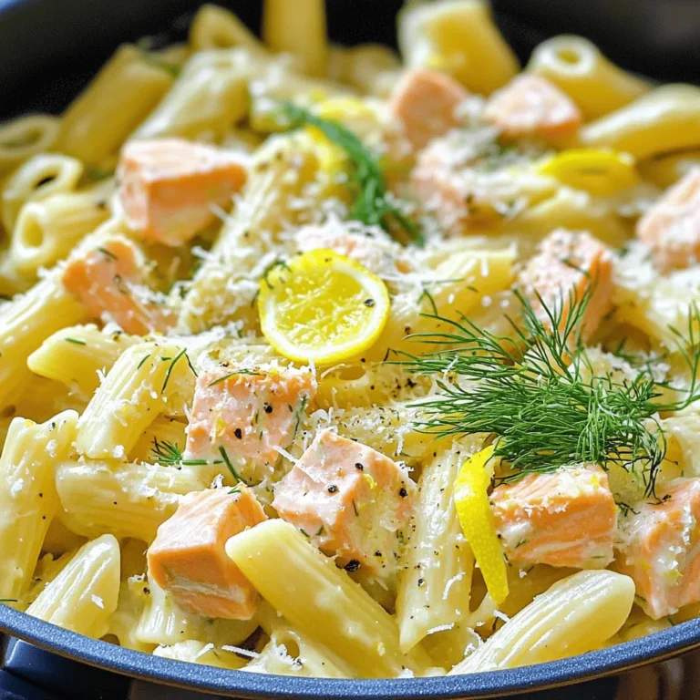 - 300 g Pasta (nach Wahl) - 400 g frischer Lachs (ohne Haut) - 2 Esslöffel Olivenöl - 3 Zehen Knoblauch, gehackt - 1 große Schalotte, gewürfelt - 1 Tasse Gemüse- oder Hühnerbrühe - 1 Tasse Sahne - Abrieb und Saft von 1 Zitrone - 1 Esslöffel frischer Dill, gehackt - Salz und Pfeffer nach Geschmack - Geriebener Parmesan (optional) In diesem Rezept für One-Pot Lemon Dill Salmon Pasta verwenden wir frische und einfache Zutaten. Die Pasta ist die Basis, und du kannst jede Sorte wählen, die du magst. Ich empfehle Penne oder Fusilli. Sie nehmen die Soße gut auf. Der frische Lachs bringt tollen Geschmack und gesunde Fette. Achte darauf, dass der Lachs ohne Haut ist, damit er beim Kochen zart bleibt. Für die Aromen brauchst du Olivenöl, Knoblauch, und Schalotten. Diese Zutaten machen die Basis der Soße. Der Knoblauch gibt einen tollen Duft ab, und die Schalotten sorgen für einen süßlichen Geschmack. Die flüssigen Zutaten sind Gemüse- oder Hühnerbrühe, Sahne, Zitronenabrieb und Zitronensaft. Diese Zutaten machen die Soße cremig und frisch. Die Zitrone gibt einen tollen Kick. Vergiss nicht die Gewürze! Frischer Dill macht das Gericht besonders und gibt es ein aromatisches Flair. Salz und Pfeffer sind wichtig, um alles gut abzurunden. Du kannst auch geriebenen Parmesan hinzufügen, wenn du magst. Das gibt eine köstliche Note. Mit diesen Zutaten bereitest du ein schnelles und einfaches Gericht zu, das deine Familie lieben wird. - Erhitze das Olivenöl in einem großen Topf bei mittlerer Hitze. - Gib den gehackten Knoblauch und die gewürfelte Schalotte dazu. Brate sie 2-3 Minuten an, bis sie glänzend sind. Der Duft wird köstlich sein. - Lege vorsichtig die Lachsfilets in den Topf. Brate sie 3-4 Minuten auf jeder Seite. - Nimm die Lachsfilets dann aus dem Topf und lege sie beiseite. Sie sollten zart und saftig sein. - Füge die Brühe und die Pasta in den Topf hinzu. Bringe alles zum leichten Kochen. - Rühre häufig um, damit die Pasta nicht anklebt. Dies ist wichtig für die Textur. - Nachdem die Pasta teilweise gegart ist, füge die Sahne, den Zitronenabrieb und den Zitronensaft hinzu. - Rühre gut um, um alles zu vermengen. Du wirst die frischen Aromen sofort schmecken. - Reduziere die Hitze auf niedrig und gib die gekochten Lachsstücke zurück in den Topf. - Breche den Lachs vorsichtig in große Stücke und arbeite ihn sanft in die Pasta-Mischung ein. Lass alles zusammen weitere 2-3 Minuten garen. - Rühre den gehackten frischen Dill unter die Mischung. - Würze mit Salz und Pfeffer nach Geschmack. Schmecke alles ab, um sicherzugehen, dass die Aromen perfekt sind. Für dieses Rezept empfehle ich Penne oder Fusilli. Diese Sorten fangen die Soße gut ein. Sie bieten auch eine schöne Textur. Penne hat eine runde Form, die gut in den Mund passt. Fusilli hat eine spiralförmige Struktur, die die Aromen hält. Beide Sorten machen das Gericht lecker und sättigend. Achte darauf, den Lachs nicht zu lange zu garen. Übergarung macht ihn trocken und zäh. Gar den Lachs nur 3-4 Minuten auf jeder Seite. Wenn er innen leicht rosa ist, ist er perfekt! So bleibt er saftig und zart. Verwende frischen Lachs für den besten Geschmack. Du kannst dem Gericht mehr Geschmack geben. Füge frische Kräuter wie Petersilie oder Basilikum hinzu. Diese Kräuter bringen Farbe und Frische. Auch Gewürze wie Zitronenpfeffer oder Chili können gut passen. Wenn du eine Sahnealternative möchtest, nutze Kokosmilch oder Cashewcreme. Diese Optionen sind leicht und cremig. Sie geben dem Gericht eine neue Note. Experimentiere mit diesen Aromen und finde deine Lieblingskombination! {{image_4}} Du kannst das Gericht aufpeppen, indem du Gemüse hinzufügst. Erbsen, Spinat oder Zucchini passen perfekt. Erbsen geben eine süße Note. Spinat bringt eine gesunde Farbe. Zucchini macht das Gericht frisch und knackig. Einfach das Gemüse in den Topf geben, wenn die Pasta fast gar ist. So bleibt es knackig und lecker. Wenn du keinen Lachs magst, probiere Hähnchen. Hähnchenbrust ist eine tolle Wahl. Koche es genauso wie den Lachs. Schneide das Hähnchen in kleine Stücke und brate es an. Füge die Hähnchenstücke dann zur Pasta hinzu. So bist du flexibel und kannst nach Lust und Laune wechseln. Für eine glutenfreie Variante wähle glutenfreie Pasta. Es gibt viele Optionen, die gut schmecken. Die Zubereitung bleibt gleich. Achte darauf, die Kochzeit anzupassen. So wird die Pasta perfekt und du kannst das Gericht genießen, ohne auf den Geschmack zu verzichten. Du kannst die Reste der One-Pot Zitronen-Dill Lachs-Pasta leicht kühlen oder einfrieren. Um die Pasta frisch zu halten, lege sie in einen luftdichten Behälter. Im Kühlschrank bleibt sie gut für ein paar Tage. Wenn du sie einfrierst, stelle sicher, dass sie gut verpackt ist, um Gefrierbrand zu vermeiden. Die Pasta hält sich im Kühlschrank für 2 bis 3 Tage. Stelle sicher, dass du die Reste schnell abkühlst, bevor du sie in den Kühlschrank stellst. So bleibt der Geschmack frisch. Achte darauf, die Reste gut abzudecken, um Gerüche von anderen Lebensmitteln zu vermeiden. Die beste Methode zum Aufwärmen der Reste ist die Verwendung eines Topfes oder einer Pfanne. Füge etwas Wasser oder Brühe hinzu, um die Pasta nicht austrocknen zu lassen. Erhitze bei niedriger Hitze und rühre häufig um. Du kannst auch die Mikrowelle nutzen, aber achte darauf, die Pasta regelmäßig zu prüfen, damit sie nicht übergart. So bleibt der leckere Geschmack erhalten. Die Zubereitung dauert insgesamt 30 Minuten. Die Vorbereitungszeit beträgt etwa 10 Minuten. In dieser Zeit schneidest du die Schalotte und hackst den Knoblauch. Das Kochen der Pasta und des Lachses dauert dann weitere 20 Minuten. So hast du schnell ein leckeres Gericht. Ja, du kannst gefrorenen Lachs verwenden. Achte darauf, ihn vorher gut aufzutauen. Das hilft beim gleichmäßigen Garen. Gekochter Lachs hat einen tollen Geschmack, auch wenn er gefroren war. Achte darauf, die Garzeit leicht zu verlängern, falls der Lachs noch kalt ist. Dieses Rezept eignet sich gut für Meal Prep. Du kannst die Pasta und den Lachs im Voraus zubereiten. Lager sie in einem luftdichten Behälter im Kühlschrank. So bleibt das Essen frisch für 2 bis 3 Tage. Wenn du bereit bist, einfach aufwärmen und genießen! Diese Anleitung zeigt, wie du ein einfaches und leckeres Pasta-Rezept mit Lachs zubereitest. Du hast erfahren, welche Zutaten nötig sind und welche Schritte du befolgen musst. Denke daran, dass du das Gericht nach deinem Geschmack anpassen kannst. Gemüse oder alternative Proteine bieten dir Flexibilität. Bewahre die Reste richtig auf, damit du länger Freude daran hast. Experimentiere mit Aromen und finde deine perfekte Kombination. Ich hoffe, du genießt jede Zutat in deiner nächsten Mahlzeit und ganz viel Spaß beim Kochen!