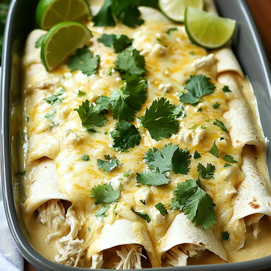 Für die cremigen Slow Cooker weiße Hühnchen-Enchiladas benötigst du folgende Hauptzutaten: - 2 Tassen gekochtes Huhn, zerrupft - 1 Tasse Frischkäse, weich geglüht - 1 Dose (10 oz) Hühnersuppe (Creme) - 1 Tasse Sauerrahm - 1 Tasse geriebener Monterey Jack Käse - 8 kleine Tortillas aus Weizenmehl - 1 Dose (4 oz) gewürfelte grüne Chilis, abgetropft Diese Zutaten bilden die Basis der Füllung und sorgen für den cremigen Geschmack. Zerrupftes Huhn bringt die Proteine, während Frischkäse und Sauerrahm die Enchiladas schön cremig machen. Die Gewürze und Kräuter machen die Enchiladas besonders schmackhaft. Hier sind die benötigten Gewürze: - 1 Teelöffel Knoblauchpulver - 1 Teelöffel Zwiebelpulver - 1 Teelöffel Kreuzkümmel - Salz und Pfeffer nach Geschmack Knoblauchpulver und Zwiebelpulver geben den Enchiladas viel Aroma. Kreuzkümmel bringt eine besondere Note, die das Gericht hebt. Vergiss nicht, mit Salz und Pfeffer abzuschmecken, um den Geschmack zu vollenden. Achte darauf, alle Zutaten gut zu vermengen. Das sorgt für einen tollen Geschmack in jedem Bissen. Wenn du die Tortillas füllst, achte darauf, sie gut zu verschließen. So bleibt die Füllung beim Garen drinnen. Du kannst frischen Koriander und Limettenviertel als Garnitur verwenden. Das gibt einen frischen Kick und sieht auch toll aus! Zuerst nimmst du eine große Rührschüssel. Gib das zerrupfte Huhn, den weichen Frischkäse und die Hühnersuppe hinein. Füge dann den Sauerrahm, das Knoblauchpulver, Zwiebelpulver, Kreuzkümmel und die gewürfelten Chilis hinzu. Streue etwas Salz und Pfeffer nach deinem Geschmack. Rühre alles gut mit einem Löffel oder Handmixer, bis die Mischung schön cremig ist. Diese Mischung wird die Füllung für deine Enchiladas. Nimm nun eine Tortilla und lege sie flach auf deine Arbeitsfläche. Gib einen großzügigen Esslöffel der Hühnermischung in die Mitte. Falte die Tortilla vorsichtig zusammen, so dass die Füllung gut drin bleibt. Leg die gefaltete Tortilla mit der Nahtseite nach unten in den Slow Cooker. Wiederhole diesen Vorgang mit allen Tortillas, bis der Slow Cooker voll ist. Jetzt streue den geriebenen Monterey Jack Käse gleichmäßig über die Tortillas. Schließe den Deckel des Slow Cookers. Stelle den Slow Cooker auf niedrig und lasse alles 4 bis 5 Stunden garen. Der Käse wird schmelzen und die Enchiladas gut durchwärmen. Wenn die Zeit um ist, sind sie bereit zum Servieren. Um die beste Konsistenz für deine Enchiladas zu erreichen, achte darauf, dass der Frischkäse gut weich ist. So lässt er sich leicht mit den anderen Zutaten mischen. Die Hühnersuppe sorgt für eine cremige Textur. Wenn du eine dickere Füllung magst, verwende weniger Hühnersuppe. Etwas mehr Sauerrahm kann die Mischung auch cremiger machen. Falte die Tortillas vorsichtig, um die Füllung gut einzuschließen. Lege einen Esslöffel der Mischung in die Mitte. Klappe die Seiten zur Mitte und rolle die Tortilla auf. So bleibt die Füllung beim Garen an ihrem Platz. Lege sie mit der Nahtseite nach unten in den Slow Cooker. Dies hilft, die Füllung sicher zu halten, während die Enchiladas garen. Du kannst die Gewürze nach deinem Geschmack anpassen. Wenn du es scharf magst, füge etwas Chili-Pulver hinzu. Für eine mildere Version, reduziere die Menge an Kreuzkümmel. Probiere auch andere Kräuter wie Oregano oder Paprika. Experimentiere mit den Gewürzen, um deine perfekte Mischung zu finden. {{image_4}} Um eine vegetarische Variante der Slow Cooker weißen Hühnchen-Enchiladas zu machen, ersetze das Huhn durch Bohnen. Du kannst schwarze Bohnen oder Kidneybohnen verwenden. Diese Bohnen sind proteinreich und lecker. Füge zusätzlich mehr Gemüse hinzu. Paprika, Zucchini oder Spinat passen gut. Die Cremigkeit bleibt durch den Frischkäse und Sauerrahm erhalten. So bleibt der Geschmack toll, auch ohne Fleisch. Für den Käse kannst du kreativ werden. Anstelle von Monterey Jack kannst du Cheddar oder Gouda verwenden. Diese Käsesorten geben einen anderen Geschmack und sind auch cremig. Versuche, eine Mischung aus verschiedenen Käsesorten zu verwenden. Das bringt mehr Tiefe in dein Gericht. Du kannst auch etwas Feta hinzufügen, wenn du eine salzige Note magst. Neben Bohnen kannst du auch anderes Protein verwenden. Für eine andere Geschmacksrichtung probiere Pute oder Tofu. Tofu kann gut gewürzt werden, um eine köstliche Textur und Geschmack zu geben. Denke daran, das Protein vorher zu kochen oder anzubraten. So wird es zart und schmackhaft. Kombiniere verschiedene Fleischsorten für mehr Abwechslung. Wenn du die Enchiladas übrig hast, bewahre sie in einem luftdichten Behälter auf. So bleiben sie frisch. Du kannst sie bis zu drei Tage im Kühlschrank lagern. Vor dem Servieren, schau nach, ob sie noch gut riechen. Wenn nicht, entsorge sie. Das ist wichtig für deine Gesundheit. Du kannst die Enchiladas auch einfrieren. Stelle sicher, dass sie vollständig abgekühlt sind. Lege sie in einen gefrierfesten Behälter oder in Gefrierbeutel. So bleiben sie bis zu drei Monate haltbar. Schreibe das Datum auf den Beutel. So weißt du, wann du sie gemacht hast. Um die Enchiladas wieder zu erwärmen, nutze den Ofen oder die Mikrowelle. Für den Ofen heize ihn auf 180 Grad. Lege die Enchiladas in eine Auflaufform und decke sie mit Folie ab. So trocknen sie nicht aus. Erwärme sie etwa 20 Minuten. In der Mikrowelle erwärmst du sie in 1-Minuten-Intervallen. Überprüfe zwischendurch die Temperatur. Die Enchiladas sollten heiß sein, bevor du sie servierst. Die Enchiladas sind im Kühlschrank für 3 bis 4 Tage haltbar. Achte darauf, sie in einem luftdichten Behälter zu lagern. Du kannst die Enchiladas auch einfrieren. So halten sie bis zu 3 Monate. Wenn du sie auftauen möchtest, mache das über Nacht im Kühlschrank. Ja, du kannst die Enchiladas auch im Ofen machen. Heize den Ofen auf 180 Grad Celsius vor. Lege die gefüllten Tortillas in eine Auflaufform. Bedecke sie mit der restlichen Mischung und dem Käse. Backe sie für 25 bis 30 Minuten, bis sie blubbern und goldbraun sind. Zu den Enchiladas passen viele Beilagen gut. Hier sind einige Vorschläge: - Reis, um die Sauce aufzusaugen - Bohnen, für zusätzlichen Proteinbedarf - Guacamole, für einen cremigen Geschmack - Salsa, für etwas Schärfe - Ein frischer Salat, um das Gericht aufzulockern. Diese Beilagen ergänzen den Geschmack und machen die Mahlzeit noch besser. In diesem Blogbeitrag haben wir die Zutaten, die Zubereitung und hilfreiche Tipps für deine Enchiladas behandelt. Du lernst, wie man die idealen Tortillas füllt, die besten Gewürze auswählt und die richtige Lagerung sicherstellt. Denke daran, dass du die Rezepte nach deinem Geschmack anpassen kannst. Probiere die verschiedenen Variationen aus, um deine perfekten Enchiladas zu finden. Mit diesen Schritten und Tipps gelingt dir ein leckeres Gericht, das jeder liebt. Kochit und genieße dein Ergebnis!