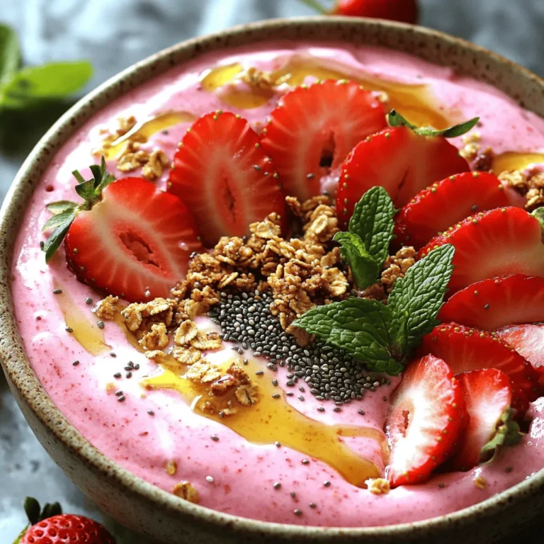 Für eine leckere Erdbeer-Käsekuchen Smoothie Bowl brauchst du folgende Zutaten: - 2 Tassen frische Erdbeeren, entstielt und in Scheiben geschnitten - 1 Banane, gefroren - ½ Tasse griechischer Joghurt (natur oder Vanille) - ½ Tasse Mandelmilch (oder eine Milch nach Wahl) - 2 Esslöffel Frischkäse, weich gemacht - 1 Esslöffel Honig oder Ahornsirup (nach Geschmack) - 1 Teelöffel Vanilleextrakt - 1 Esslöffel Chiasamen Diese Zutaten sind die Basis für deinen Smoothie. Die Erdbeeren geben Frische, während die Banane die Mischung süß und cremig macht. Du kannst verschiedene Milchalternativen verwenden. Mandelmilch ist leicht und nussig. Du kannst auch Sojamilch oder Hafermilch nehmen. Wenn du es reichhaltiger magst, probiere Kokosmilch. Jede Option bringt ihren eigenen Geschmack in die Bowl. Die Toppings machen die Smoothie Bowl besonders. Hier sind einige leckere Ideen: - Geschnittene Erdbeeren - Knuspriges Granola - Kokosraspel - Nüsse oder Samen - Ein Schuss Honig oder Ahornsirup Diese Toppings fügen Textur und Farbe hinzu. Sie machen die Bowl nicht nur lecker, sondern auch schön anzusehen. Um die perfekte Erdbeer-Käsekuchen Smoothie Bowl zu machen, starten Sie mit frischen Zutaten. Nehmen Sie zwei Tassen Erdbeeren und schneiden Sie sie in Scheiben. Fügen Sie eine gefrorene Banane hinzu. Diese macht die Mischung cremig und kühl. Geben Sie eine halbe Tasse griechischen Joghurt dazu. Der Joghurt gibt einen tollen Geschmack. Fügen Sie die Mandelmilch, den Frischkäse, Honig oder Ahornsirup und den Vanilleextrakt hinzu. Mixen Sie alles auf hoher Stufe. Mixen Sie so lange, bis die Mischung schön glatt ist. Wenn die Mischung zu dick ist, fügen Sie mehr Mandelmilch hinzu. Ein Esslöffel nach dem anderen reicht oft. Wenn die Mischung zu dünn ist, fügen Sie einen weiteren Esslöffel Frischkäse oder etwas gefrorene Banane hinzu. Experimentieren Sie hier, um die perfekte Konsistenz zu finden. Es sollte cremig, aber nicht zu flüssig sein. Gießen Sie die fertige Smoothie-Mischung in eine Schüssel. Glätten Sie die Oberfläche mit einem Löffel für ein schönes Aussehen. Jetzt kommt der kreative Teil! Verzieren Sie die Bowl mit frischen Erdbeeren, knusprigem Granola oder Kokosraspeln. Sie können auch Nüsse oder Samen hinzufügen. Ein kleiner Schuss Honig oder Ahornsirup macht es noch süßer. Servieren Sie die Bowl sofort in einer gekühlten Schüssel. Fügen Sie frische Minzblätter für einen tollen Farbkontrast hinzu. Für eine großartige Erdbeer-Käsekuchen Smoothie Bowl sind die Zutaten wichtig. Ich empfehle, frische Erdbeeren und eine gefrorene Banane zu verwenden. Diese geben eine schöne Süße und Cremigkeit. Griechischer Joghurt sorgt für einen reichhaltigen Geschmack. Frischkäse macht alles noch besser. Mandelmilch fügt Leichtigkeit hinzu. Die Süße kann leicht angepasst werden. Ich benutze oft einen Esslöffel Honig oder Ahornsirup. Du kannst die Menge nach deinem Geschmack ändern. Möchtest du es weniger süß? Lass einfach den Honig weg oder benutze weniger. Probiere die Mischung und finde deinen perfekten Süßungsgrad. Um Zeit zu sparen, bereite die Zutaten im Voraus vor. Schneide die Erdbeeren und friere die Banane ein. So hast du alles bereit, wenn du Lust auf einen Smoothie hast. Du kannst auch die Toppings im Voraus vorbereiten. Das spart Zeit am Morgen und macht das Frühstück einfach. {{image_4}} Wenn Erdbeeren nicht in Saison sind, können Sie andere Früchte nutzen. Himbeeren, Blaubeeren oder Pfirsiche sind tolle Optionen. Diese Früchte bringen einen ähnlichen Geschmack und Farbe. Sie können auch eine Mischung verwenden, um neue Aromen zu entdecken. Frische oder gefrorene Früchte funktionieren beide gut. Seien Sie kreativ! Für eine vegane Smoothie Bowl, tauschen Sie den griechischen Joghurt und den Frischkäse aus. Verwenden Sie stattdessen Pflanzenjoghurt, wie Soja- oder Kokosjoghurt. Ersetzen Sie die Milch durch Hafermilch oder eine andere Pflanzenmilch. Der Honig kann durch Agavendicksaft oder Dattelsirup ersetzt werden. Diese Version bleibt lecker und cremig. Wenn Sie mehr Protein möchten, fügen Sie proteinreiche Zutaten hinzu. Eine gute Wahl ist pflanzliches Proteinpulver. Ein Esslöffel reicht oft aus. Auch Nüsse oder Samen sind eine gute Ergänzung. Mandeln oder Hanfsamen bringen Geschmack und Nährstoffe. Diese Zutaten machen die Smoothie Bowl nahrhafter und sättigender. Die Erdbeer-Käsekuchen Smoothie Bowl hält sich gut im Kühlschrank. Sie bleibt frisch für etwa 1 bis 2 Tage. Achte darauf, sie in einem luftdichten Behälter zu lagern. So bleiben die Aromen intensiver und die Textur besser. Wenn du Reste hast, fülle die Smoothie Bowl in einen geschlossenen Behälter. Verwende einen Behälter aus Glas oder BPA-freiem Plastik. Das hilft, unerwünschte Gerüche zu vermeiden und die Frische zu bewahren. Vor dem Essen solltest du die Bowl gut umrühren. Manchmal können sich die Zutaten leicht absetzen. Du kannst die Mischung auch einfrieren, wenn du sie länger aufbewahren möchtest. Fülle die Smoothie-Mischung in Eiswürfelformen oder gefriergeeignete Beutel. Achte darauf, die Luft gut herauszudrücken. Zum Auftauen einfach über Nacht im Kühlschrank lassen. So bleibt der Geschmack erhalten und du kannst jederzeit einen schnellen Snack genießen. Eine Erdbeer-Käsekuchen Smoothie Bowl hat etwa 250 bis 300 Kalorien pro Portion. Diese Zahl kann variieren, je nachdem, welche Toppings du verwendest. Die Hauptzutaten wie Erdbeeren, Banane und griechischer Joghurt sind nahrhaft und gesund. Sie liefern wichtige Vitamine und Mineralien. Wenn du auf Kalorien achtest, wähle leichte Toppings wie frische Früchte oder etwas Granola. Ja, du kannst Frischkäse ersetzen. Eine gute Option ist veganer Frischkäse oder Seidentofu. Beide geben eine ähnliche Cremigkeit. Du kannst auch griechischen Joghurt verwenden, um den Käsekuchen-Geschmack zu erhalten. Diese Alternativen sind oft kalorienärmer und liefern trotzdem einen tollen Geschmack. Achte darauf, die Menge gleich zu halten, um die Konsistenz zu bewahren. Um die Bowl kinderfreundlicher zu machen, verwende süßere Toppings. Füge mehr frische Erdbeeren oder andere Lieblingsfrüchte hinzu. Du kannst auch bunte Streusel oder Nüsse für den Crunch verwenden. Lass die Kinder beim Anrichten helfen. So wird das Essen für sie noch spannender. Ein bisschen Honig oder Ahornsirup kann auch die Süße erhöhen. Eine Erdbeer-Käsekuchen Smoothie Bowl ist einfach zuzubereiten und lecker. Wir haben die Hauptzutaten, Milchalternativen und tolle Toppings besprochen. Der Schritt-für-Schritt-Prozess hilft dir, die perfekte Konsistenz zu finden. Tipps zur Kombination und Süße bieten dir viele Möglichkeiten. Variationen für verschiedene Früchte und vegane Optionen sind schnell umgesetzt. Lagerhinweise sorgen dafür, dass du Reste lange genießen kannst. Mit diesen Infos machst du eindrucksvolle Smoothie Bowls, die Spaß machen und lecker sind!