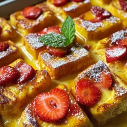 Für diesen leckeren Auflauf brauchen Sie folgende Hauptzutaten: - 1 Laib Briochebrot, in Würfel geschnitten - 225 g Frischkäse, weich - 100 g Zucker - 2 große Eier - 240 ml Milch - 1 TL Vanilleextrakt - ½ TL gemahlener Zimt - 2 Tassen frische Erdbeeren, entstielt und in Scheiben geschnitten - 60 g Erdbeermarmelade Diese Zutaten sind die Basis für den köstlichen Geschmack. Das Briochebrot sorgt für einen weichen, leckeren Biss. Der Frischkäse bringt die cremige Textur und den Käsekuchengeschmack. Für das Topping können Sie folgende Zutaten hinzufügen: - Puderzucker zum Bestäuben - Frische Minzblätter zur Garnitur (optional) Das Puderzucker gibt einen süßen Hauch. Die Minze bringt Frische und Farbe auf den Teller. Falls Sie einige Zutaten nicht haben, können Sie sie ersetzen: - Verwenden Sie das gleiche Gewicht an Vollkornbrot für mehr Ballaststoffe. - Ersetzen Sie Frischkäse durch griechischen Joghurt für einen leichteren Auflauf. - Statt frischen Erdbeeren können Sie gefrorene verwenden. Lassen Sie sie vorher auftauen. - Für eine vegane Option verwenden Sie pflanzliche Milch und Eierersatz. Diese Alternativen helfen, den Auflauf anzupassen und trotzdem lecker zu bleiben. Heizen Sie den Ofen auf 175°C vor. Nehmen Sie eine Auflaufform, etwa 30x23 cm groß. Fetten Sie die Form gut ein, damit der Auflauf nicht kleben bleibt. Diese Schritte sind wichtig, um ein gleichmäßiges Backen zu gewährleisten. Wenn der Ofen fertig ist, sind wir bereit für die nächsten Schritte. In einer großen Schüssel geben Sie den weichen Frischkäse und den Zucker. Verwenden Sie ein Handrührgerät oder eine Gabel. Mischen Sie alles gut, bis es glatt und cremig ist. Fügen Sie dann die beiden Eier, die Milch, den Vanilleextrakt und den gemahlenen Zimt hinzu. Rühren Sie gut um, bis alles vermischt ist. Diese Mischung wird die Basis unseres Auflaufs. Achten Sie darauf, keine Klumpen zu lassen. Jetzt ist es Zeit für die Erdbeeren! Schneiden Sie die frischen Erdbeeren in Scheiben und fügen Sie sie zur Frischkäsemischung hinzu. Geben Sie auch die Erdbeermarmelade dazu. Rühren Sie vorsichtig um, damit die Früchte gleichmäßig verteilt sind. Nehmen Sie die Briochebrotwürfel und legen Sie sie in die vorbereitete Auflaufform. Gießen Sie die Mischung über die Brotwürfel. Drücken Sie sanft mit einem Spatel, damit das Brot die Flüssigkeit gut aufnimmt. Um die beste Konsistenz zu erreichen, benutze frisches Briochebrot. Das Brot sollte nicht zu trocken sein. Schneide es in gleichmäßige Würfel. So wird es gleichmäßig weich. Achte darauf, den Frischkäse gut zu verrühren, bis er glatt ist. Die Mischung aus Eiern und Milch muss gut gemischt sein. So wird der Auflauf fluffig und cremig. Wenn du die Erdbeeren hinzufügst, mache das vorsichtig. So bleiben sie ganz und sorgen für einen tollen Geschmack. Die Präsentation macht viel aus! Nach dem Backen, bestäube den Auflauf mit Puderzucker. Das sieht schön aus und schmeckt süß. Frische Minzblätter sind eine tolle Garnitur. Sie geben dem Gericht eine frische Note. Du kannst auch einige Erdbeerscheiben oben drauflegen. So sieht dein Auflauf einladend aus. Serviere ihn noch warm, und alle werden begeistert sein! Ein häufiger Fehler ist, den Auflauf zu lange zu backen. Achte darauf, die Mitte fest werden zu lassen. Wenn er zu trocken ist, ist er nicht mehr lecker. Vermeide auch, zu viel Flüssigkeit hinzuzufügen. Das macht den Auflauf matschig. Wenn du frische Erdbeeren verwendest, wasche sie gut. Lass die Erdbeeren nicht zu lange stehen, sonst verlieren sie Saft. Mit diesen Tipps wird dein Erdbeer Cheesecake French Toast Bake perfekt! {{image_4}} Wenn Sie glutenfrei kochen möchten, verwenden Sie glutenfreies Brot. Achten Sie darauf, dass es eine gute Textur hat. Für vegane Varianten ersetzen Sie die Eier mit pflanzlichen Alternativen. Chia-Samen oder Apfelmus sind hier gute Optionen. Nutzen Sie pflanzliche Milch und veganen Frischkäse. So bleibt der Geschmack erhalten, und jeder kann genießen. Erdbeeren sind toll, aber probieren Sie auch andere Früchte aus. Himbeeren, Blaubeeren oder Pfirsiche bringen neue Geschmäcker. Sie können Aromen wie Kokos oder Mandeln hinzufügen. Ein Hauch von Zitrone oder Limette bringt Frische. Seien Sie kreativ und passen Sie das Rezept an Ihren Geschmack an. Mini-Varianten sind perfekt für kleine Portionen. Nutzen Sie Muffinförmchen für einen lustigen Effekt. Füllen Sie die Formen mit der Mischung und backen Sie sie kurz. Diese kleinen Leckerbissen sind super für Brunch oder Partys. Jeder kann sein eigenes Stück genießen. Sie sehen auch toll aus und sind einfach zu servieren. Um die Reste des Erdbeer Cheesecake French Toast Bake frisch zu halten, lagere sie in einem luftdichten Behälter. Lasse den Auflauf zuerst auf Raumtemperatur abkühlen. Danach decke ihn gut ab. So bleibt die Feuchtigkeit erhalten und der Geschmack bleibt frisch. Wenn du den Auflauf aufwärmen möchtest, ist der Ofen die beste Wahl. Heize den Ofen auf 175°C vor. Lege den Auflauf in eine Auflaufform und decke ihn mit Aluminiumfolie ab. So trocknet er nicht aus. Erwärme ihn etwa 15 bis 20 Minuten. Wenn du es eilig hast, nutze die Mikrowelle. Erwärme Stücke für 30 Sekunden, bis sie warm sind. Im Kühlschrank hält sich der Auflauf bis zu 3 Tage. Achte darauf, ihn gut abzudecken. Im Gefrierschrank kannst du ihn bis zu 2 Monate aufbewahren. Schneide ihn in Portionen und verpacke jede Portion einzeln. So hast du immer einen schnellen Snack oder ein schnelles Frühstück zur Hand. Ja, gefrorene Erdbeeren sind eine gute Option. Achte darauf, sie vorher aufzutauen. Tupfe sie trocken, um überschüssige Feuchtigkeit zu entfernen. Dies hilft, den Auflauf nicht zu wässrig zu machen. Du kannst den Auflauf einen Tag vorher vorbereiten. Bereite die Mischung und das Brot wie beschrieben vor. Decke die Form ab und stelle sie in den Kühlschrank. Am nächsten Tag backe den Auflauf einfach, ohne ihn vorher aufzutauen. Ja, du kannst weniger Zucker verwenden. Statt 100 g Zucker nehme 50 g oder benutze eine Zuckeralternative wie Stevia. Achte jedoch darauf, den Geschmack der Erdbeeren zu bewahren. Experimentiere, bis du die perfekte Balance findest. Erdbeer Käsekuchen French Toast Auflauf ist ein köstlicher Genuss. Wir haben die besten Zutaten besprochen, die du brauchst. Ich habe dir Schritt-für-Schritt gezeigt, wie du es zubereitest. Die Tipps helfen dir, Fehler zu vermeiden und die perfekte Konsistenz zu erreichen. Vergiss die Variationen nicht, um neue Geschmäcker zu entdecken. Schließlich haben wir die besten Aufbewahrungstipps besprochen. Du wirst viel Freude beim Ausprobieren haben. Lass dich von diesem Rezept inspirieren und teile es mit deinen Freunden!
