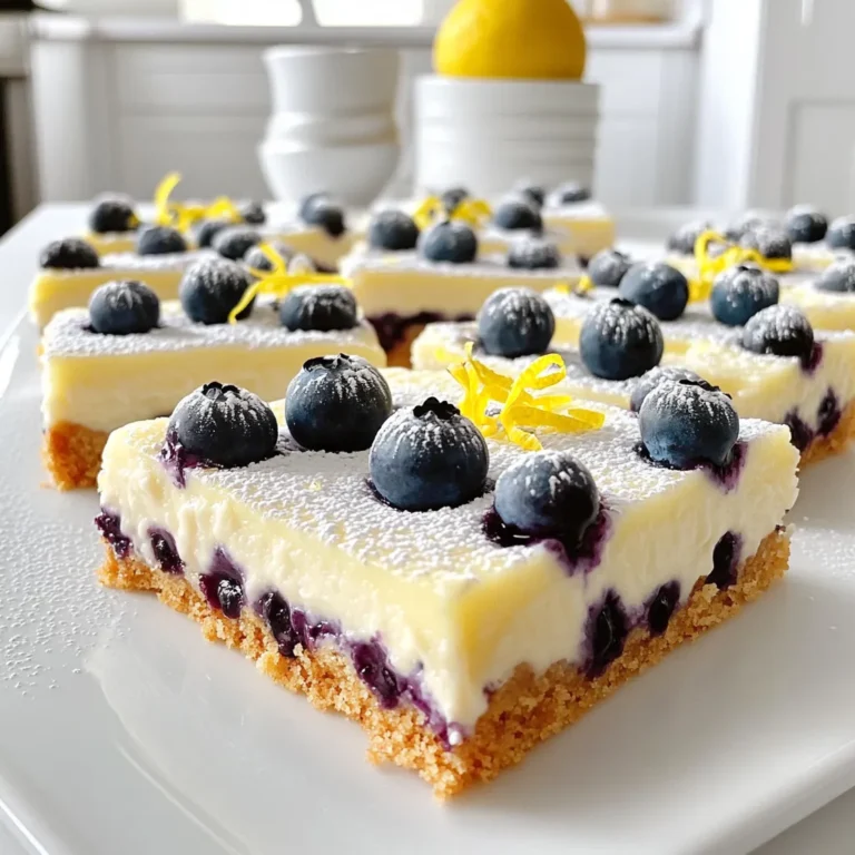 Für die leckeren Blueberry Lemon Cheesecake Bars benötigst du folgende Zutaten: - 1 ½ Tassen Graham-Cracker-Brösel - ½ Tasse ungesalzene Butter, geschmolzen - 2 Esslöffel Zucker - 450 g Frischkäse, weich - 200 g Zucker - 2 große Eier - 1 Teelöffel Vanilleextrakt - 2 Esslöffel Zitronensaft - Schale von 1 Zitrone - 1 ½ Tassen frische Blaubeeren - 1 Esslöffel Maisstärke Diese Zutaten ergeben eine köstliche Mischung aus süß und sauer, die jedem gefällt. Du kannst einige Zutaten ersetzen, wenn du willst. Hier sind einige Vorschläge: - Verwende Kekse statt Graham-Cracker, wenn du magst. - Kokosöl kann die Butter ersetzen. - Wenn du keinen Frischkäse hast, probiere Ricotta oder Quark. - Für eine vegane Option nutze pflanzlichen Frischkäse. Diese Alternativen sind perfekt, wenn du spezielle Wünsche oder Allergien hast. Frische Blaubeeren sind wichtig für den besten Geschmack. Hier sind einige Tipps: - Wähle reife, saftige Blaubeeren. Sie sollten fest und dunkelblau sein. - Achte darauf, dass sie keine Druckstellen haben. - Kaufe Blaubeeren, die im Kühlschrank gelagert wurden, um die Frische zu erhalten. Mit frischen Blaubeeren wird dein Cheesecake noch besser. Sie bringen Farbe und Geschmack in dein Dessert. Zuerst heizen wir den Ofen auf 160°C vor. Nimm eine Backform von 20x20 cm und lege sie mit Backpapier aus. Lass etwas Papier überhängen. So kannst du die Bars später leicht herausnehmen. In einer Schüssel vermischst du 1 ½ Tassen Graham-Cracker-Brösel, ½ Tasse geschmolzene Butter und 2 Esslöffel Zucker. Drücke die Mischung fest auf den Boden der Form. Sie sollte gleichmäßig verteilt sein. Backe die Kruste für 10 Minuten und lasse sie dann leicht abkühlen. Jetzt kommt der Spaß! In einer großen Schüssel schlägst du 450 g weichen Frischkäse mit 200 g Zucker. Mische das mit einem Handmixer, bis es glatt ist. Füge dann zwei große Eier nacheinander hinzu. Rühre gut nach jedem Ei. Jetzt kommt der Zitronengeschmack. Rühre einen Teelöffel Vanilleextrakt, 2 Esslöffel Zitronensaft und die Schale von einer Zitrone unter. In einer anderen Schüssel wälze 1 ½ Tassen Blaubeeren in 1 Esslöffel Maisstärke. Das hilft, dass sie nicht sinken. Hebe die Blaubeeren vorsichtig unter die Frischkäsemischung. Gieße die Füllung über die abgekühlte Kruste. Verteile sie gleichmäßig. Backe die Bars für 35-40 Minuten. Die Mitte sollte fest, aber noch leicht wackeln. Nach dem Backen lass die Form auf Raumtemperatur abkühlen. Stelle sie dann für mindestens 4 Stunden in den Kühlschrank. Am besten über Nacht. Nach dem Kühlen nimm die Bars mit dem Überhang aus der Form. Schneide sie in Quadrate und serviere sie. Ein häufiger Fehler ist, die Frischkäsemischung zu lange zu schlagen. Dadurch wird sie zu luftig und kann Risse bekommen. Mische alles gerade so lange, bis es glatt ist. Achte auch darauf, die Blaubeeren nicht zu zerdrücken, wenn du sie unterhebst. So bleiben sie ganz und verleihen den Bars Struktur. Für eine perfekte Konsistenz ist es wichtig, die Bars ausreichend lange im Kühlschrank zu kühlen. Mindestens vier Stunden sind nötig, aber über Nacht ist ideal. So wird die Füllung fest und lässt sich gut schneiden. Die Mischung sollte vor dem Backen leicht wackeln, wenn du die Form bewegst. Das gibt die richtige Textur. Um die Bars ansprechend zu servieren, bestäube sie mit Puderzucker. Dekoriere sie mit frischen Blaubeeren und einer Zitronenscheibe. Dies sorgt für einen frischen und einladenden Look. Du kannst auch einen Klecks Schlagsahne dazugeben. Dies macht das Dessert noch cremiger und leckerer. {{image_4}} Ich liebe es, mit verschiedenen Früchten zu experimentieren. Blaubeeren sind großartig, aber du kannst auch andere Früchte verwenden. Himbeeren, Erdbeeren oder sogar Pfirsiche passen gut. Wähle frische oder gefrorene Früchte. Wenn du gefrorene Früchte verwendest, tau sie vorher auf. Achte darauf, die Früchte in Maisstärke zu wälzen. So bleiben sie in der Füllung besser verteilt. Wenn du eine glutenfreie Option möchtest, ist das einfach! Ersetze die Graham-Cracker durch glutenfreie Kekse oder Haferflocken. Mische die glutenfreien Brösel mit geschmolzener Butter und Zucker. Der Rest des Rezepts bleibt gleich. So bekommst du immer noch die leckere Kruste ohne Gluten. Für eine vegane Version kannst du Frischkäse durch pflanzliche Alternativen ersetzen. Kokosnuss- oder Cashew-Frischkäse funktioniert gut. Anstelle von Eiern kannst du Apfelmus oder Leinsamen verwenden. Mische einen Esslöffel Leinsamen mit drei Esslöffeln Wasser und lasse es kurz quellen. Das gibt eine ähnliche Konsistenz. Diese Änderungen machen deine Bars vegan, aber trotzdem lecker! Um die Blaubeer-Zitronen-Cheesecake-Bars frisch zu halten, lege sie in den Kühlschrank. Verwende einen luftdichten Behälter, um die Bars vor Gerüchen zu schützen. Wenn du sie im Kühlschrank aufbewahrst, bleiben sie bis zu einer Woche lecker und frisch. Stelle sicher, dass sie gut gekühlt sind, bevor du sie servierst. Wenn du die Bars länger aufbewahren möchtest, kannst du sie einfrieren. Schneide die Bars in Stücke und lege sie in einen Gefrierbeutel. Achte darauf, die Luft so gut wie möglich herauszudrücken. So bleiben sie bis zu drei Monate haltbar. Zum Auftauen lege die Bars einfach über Nacht in den Kühlschrank. So bleiben die Aromen erhalten. Die Haltbarkeit der Cheesecake-Bars hängt von der Lagerung ab. Im Kühlschrank hält sich eine ungeöffnete Portion bis zu einer Woche. Einfrieren verlängert die Haltbarkeit auf drei Monate. Achte darauf, die Bars vor dem Verzehr gut aufzutauen. So schmecken sie wie frisch gebacken. Die Zubereitung dauert etwa 15 Minuten. Das Backen braucht rund 35 bis 40 Minuten. Vergessen Sie nicht, die Bars nach dem Backen für mindestens 4 Stunden im Kühlschrank zu kühlen. Insgesamt sind es also etwa 5 Stunden, bis Sie die Bars genießen können. Ja, Sie können gefrorene Blaubeeren verwenden. Achten Sie darauf, sie vor der Verwendung etwas auftauen zu lassen. Tupfen Sie sie danach trocken. So bleibt die Füllung nicht zu flüssig. Sie können Quark oder veganen Frischkäse verwenden. Diese Alternativen geben einen ähnlichen Geschmack. Achten Sie darauf, die Konsistenz gut zu prüfen. In diesem Artikel haben wir die wichtigsten Zutaten und Schritte zur Zubereitung von Cheesecake-Bars besprochen. Wir haben die Hauptbestandteile, Ersatzstoffe, und Tipps für frische Blaubeeren behandelt. Die Schritt-für-Schritt-Anleitung war klar und einfach. Zudem gab es hilfreiche Tipps, um häufige Fehler zu vermeiden. Denken Sie daran, Variationen auszuprobieren, um Ihr Rezept anzupassen. Achten Sie auch auf die richtige Lagerung, damit Ihre Bars frisch bleiben. Mit diesen Tipps werden Ihre Cheesecake-Bars ein Hit!