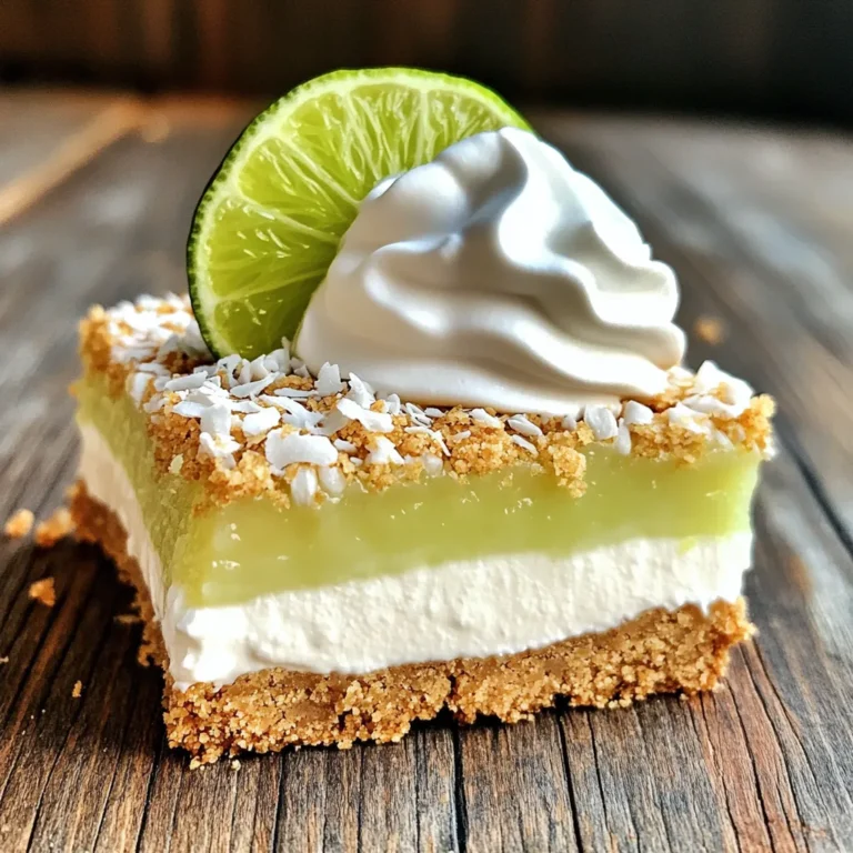 Für diese leckeren No-Bake Key Lime Pie Bars benötigst du folgende Zutaten: - 1 ½ Tassen Graham-Cracker-Brösel - 1/3 Tasse ungesüßte Kokosnussraspel - 1/4 Tasse Kristallzucker - 1/2 Tasse ungesalzene Butter, geschmolzen - 1 (8 oz) Paket Frischkäse, weichgemacht - 1 (14 oz) Dose gesüßte Kondensmilch - 1/2 Tasse frischer Limettensaft (oder regulärer Limettensaft) - 1 Esslöffel Limettenschale - Prise Salz - Schlagsahne zum Garnieren (optional) - Limettenscheiben zur Dekoration (optional) Diese Zutaten machen die Bars frisch und cremig. Achte darauf, alles bereit zu haben, bevor du startest. Frische Limetten sind der Schlüssel zu einem tollen Geschmack. Wähle Limetten, die: - Fest und schwer in der Hand liegen - Eine glänzende, grüne Schale haben - Einige kleine Flecken aufweisen können, aber keine großen Druckstellen Drücke die Limetten leicht, um ihre Saftigkeit zu testen. Reife Limetten geben mehr Saft, was deine Bars besser macht. Falls du einige Zutaten nicht hast, gibt es tolle Ersatzmöglichkeiten: - Verwende Kekse statt Graham-Cracker für die Kruste. - Statt Frischkäse kannst du auch Ricotta verwenden, für eine andere Textur. - Wenn du keinen frischen Limettensaft hast, ist Flaschenlimettensaft eine gute Wahl, aber der Geschmack kann leicht variieren. Mit diesen Tipps kannst du die No-Bake Key Lime Pie Bars anpassen und genießen! Um die Kruste zu machen, mischen Sie die Graham-Cracker-Brösel, Kokosnussraspel, Kristallzucker und die geschmolzene Butter in einer großen Schüssel. Rühren Sie alles gut um, bis die Brösel gleichmäßig mit Butter überzogen sind. Dann drücken Sie die Mischung fest in den Boden einer gefetteten 8x8-Zoll Backform. Nutzen Sie den Rücken eines Messbechers, um die Kruste gut zu pressen. Dies sorgt für eine feste Basis. Stellen Sie die Form in den Kühlschrank, während Sie die Füllung zubereiten. In einer separaten Schüssel schlagen Sie den weichgemachten Frischkäse mit einem elektrischen Mixer glatt und cremig. Fügen Sie nach und nach die gesüßte Kondensmilch hinzu und vermischen Sie alles gut. Das ergibt eine tolle Basis für die Füllung. Dann rühren Sie den frischen Limettensaft, die Limettenschale und eine Prise Salz unter. Weiterrühren, bis die Mischung gut integriert und ganz glatt ist. Gießen Sie die Limettenfüllung über die gekühlte Kruste. Verteilen Sie sie gleichmäßig mit einem Spatel. Decken Sie die Form mit Frischhaltefolie ab und stellen Sie sie für mindestens 4 Stunden in den Kühlschrank. Dies hilft den Riegeln, fest zu werden. Nach dem Kühlen heben Sie die Riegel vorsichtig aus der Form. Schneiden Sie sie in Quadrate oder Riegel. Optional können Sie jeden Riegel mit einem Klecks Schlagsahne und einer Limettenscheibe garnieren. Ein häufiges Problem ist die Kruste. Wenn Sie die Graham-Cracker-Brösel nicht gut mit der Butter vermengen, wird die Kruste bröckelig. Achten Sie darauf, dass alle Brösel gleichmäßig mit Butter bedeckt sind. Drücken Sie die Mischung fest in die Form. So bleibt alles zusammen. Ein weiterer Fehler ist, die Füllung nicht gut genug zu mischen. Wenn der Frischkäse nicht glatt ist, gibt es Klumpen. Nutzen Sie einen elektrischen Mixer, um eine cremige Konsistenz zu erreichen. Fügen Sie die gesüßte Kondensmilch langsam hinzu, damit alles gut vermischt ist. Um die perfekte Konsistenz zu erreichen, ist die Kühlzeit wichtig. Lassen Sie die Riegel mindestens vier Stunden im Kühlschrank. So werden sie fest und lassen sich gut schneiden. Wenn Sie die Füllung zu dick finden, können Sie etwas mehr Limettensaft hinzufügen. Dies macht die Mischung flüssiger und frischer. Achten Sie darauf, die Füllung gleichmäßig über die Kruste zu gießen. Verwenden Sie einen Spatel, um die Oberfläche glatt zu streichen. So sieht es schöner aus und schmeckt besser. Für eine schicke Präsentation können Sie die Riegel mit einem Klecks Schlagsahne garnieren. Limettenscheiben machen die Riegel noch frischer und ansprechender. Sie können auch frische Minze als Garnitur verwenden. Das sieht toll aus und gibt einen zusätzlichen Geschmacksakzent. Wenn Sie etwas Süßes möchten, können Sie die Riegel mit gerösteten Kokosnussraspeln bestreuen. Dies passt gut zur Kokosnuss in der Kruste. So wird Ihr No-Bake Key Lime Pie ein echter Hingucker! {{image_4}} Um diese leckeren No-Bake Key Lime Pie Bars vegan zu machen, können Sie einige einfache Änderungen vornehmen. Ersetzen Sie den Frischkäse durch vegane Frischkäse-Alternativen. Diese sind oft auf Basis von Nüssen oder Soja. Verwenden Sie für die gesüßte Kondensmilch eine pflanzliche Version. Es gibt viele Marken, die großartige Alternativen anbieten. Stellen Sie sicher, dass die Butter durch vegane Margarine ersetzt wird. Diese kleinen Änderungen machen das Rezept ebenso lecker! Wenn Sie Lust auf etwas anderes haben, probieren Sie zusätzliche Geschmacksrichtungen. Fügen Sie ein paar Teelöffel Kokosnuss- oder Ananas-Püree zur Füllung hinzu. Das gibt einen tropischen Twist! Eine andere Idee ist, frische Beeren wie Himbeeren oder Erdbeeren zu verwenden. Diese können Sie ganz einfach unter die Füllung mischen oder als Topping verwenden. Jede dieser Varianten bringt neuen Geschmack in Ihre Bars. Für eine glutenfreie Version verwenden Sie glutenfreie Graham-Cracker. Diese sind in vielen Geschäften erhältlich. Achten Sie darauf, dass die anderen Zutaten auch glutenfrei sind. Die meisten Marken für gesüßte Kondensmilch und Frischkäse sind es. Mit diesen einfachen Anpassungen erhalten Sie eine glutenfreie Leckerei, die jeder genießen kann. So können alle mitessen, ohne sich um Gluten sorgen zu müssen. Um die No-Bake Key Lime Pie Bars frisch zu halten, lagern Sie sie im Kühlschrank. Verwenden Sie eine luftdichte Box oder decken Sie die Form mit Frischhaltefolie ab. So bleibt die Füllung cremig und die Kruste knusprig. Achten Sie darauf, die Bars nicht direkt neben stark riechenden Lebensmitteln zu lagern, da sie Gerüche aufnehmen können. Diese Riegel sind gekühlt bis zu fünf Tage haltbar. Nach der Zubereitung sollten sie immer im Kühlschrank bleiben. Wenn Sie sie länger aufbewahren möchten, prüfen Sie die Frische der Limettenfüllung und der Kruste. Wenn sie nicht mehr gut riechen oder eine seltsame Farbe haben, sollten sie nicht mehr gegessen werden. Sie können die Riegel auch einfrieren, wenn Sie mehr als nötig gemacht haben. Schneiden Sie sie in Portionen und wickeln Sie jede Portion in Frischhaltefolie. Legen Sie die eingewickelten Riegel in einen Gefrierbeutel. So bleiben sie bis zu drei Monate frisch. Zum Auftauen die Riegel einfach über Nacht im Kühlschrank lassen oder bei Raumtemperatur für etwa eine Stunde. Die Zubereitung dieser Riegel dauert nur 20 Minuten. Nach der Zubereitung müssen die Riegel mindestens 4 Stunden im Kühlschrank stehen. Das macht insgesamt etwa 4 Stunden und 20 Minuten. Diese Zeit ist wichtig, damit die Riegel gut fest werden. Ja, du kannst frischen Limettensaft durch Flaschenlimettensaft ersetzen. Der Geschmack wird etwas anders sein. Frischer Saft hat oft mehr Aroma und Frische. Wenn du die Riegel aber schnell machen möchtest, ist der Flaschenlimettensaft eine gute Option. Ja, diese Riegel sind für Kinder geeignet. Sie sind süß und cremig, was Kinder lieben. Achte darauf, die Schlagsahne als Topping zu verwenden, wenn du sie für Kinder machst. Es ist wichtig, die Portionen klein zu halten, damit sie nicht zu viel Zucker essen. In diesem Blogbeitrag haben wir die wichtigen Zutaten für die Riegel besprochen. Ich habe Tipps gegeben, wie du frische Limetten auswählst und Alternativen findest. Die Schritt-für-Schritt-Anleitung hilft dir, die Kruste und Füllung richtig zuzubereiten. Auch die häufigsten Fehler, die du vermeiden solltest, wurden erwähnt. Denke an die Variationen, die du ausprobieren kannst, und die besten Lagerungshinweise. Die Zubereitung dieser Riegel macht Spaß und bringt Freude. Viel Erfolg beim Ausprobieren!