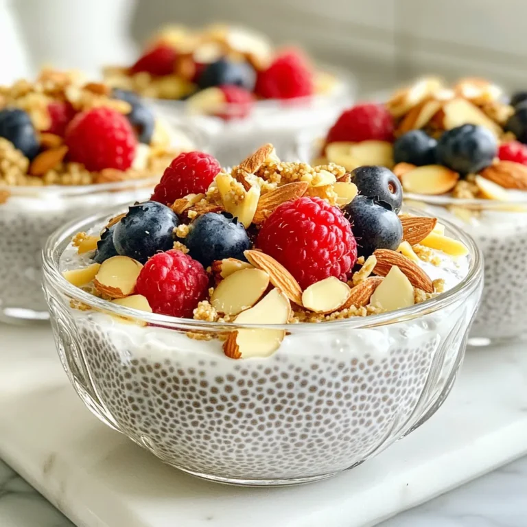 - 60 ml Chiasamen - 240 ml ungesüßte Mandelmilch - 30 ml Ahornsirup oder Honig - 5 ml Vanilleextrakt - 1,25 ml Mandelextrakt - Eine Prise Salz - Frische Beeren (Erdbeeren, Heidelbeeren oder Himbeeren) - Geschnittene Mandeln In diesem Rezept sind die Hauptzutaten einfach und gesund. Chiasamen sind klein, aber mächtig. Sie sind reich an Ballaststoffen und Omega-3-Fettsäuren. Mandelmilch bringt einen nussigen Geschmack und ist eine tolle Milch-Alternative. Ahornsirup oder Honig sorgt für die süße Note. Du kannst sie nach deinem Geschmack anpassen. Zusätzlich kommen Vanilleextrakt und Mandelextrakt ins Spiel. Diese Aromen machen den Pudding wirklich besonders. Das Salz hilft, den Geschmack zu verstärken. Es gibt viele Möglichkeiten, um kreativ zu sein. Für die Garnituren kannst du frische Beeren verwenden. Sie bringen Farbe und Frische in dein Gericht. Geschnittene Mandeln fügen einen Crunch hinzu. Die Kombination ist nicht nur lecker, sondern auch sehr ansprechend. Achte darauf, alle Zutaten gut zu messen und vorzubereiten. So wird dein Chiapudding perfekt! {{ingredient_image_2}} Beginne mit dem Messen der Chiasamen. Du benötigst 60 ml. Nimm dann die Mandelmilch. Verwende 240 ml ungesüßte Mandelmilch. Achte darauf, frische Beeren wie Erdbeeren oder Heidelbeeren für die Garnitur zu wählen. Geschnittene Mandeln sind auch wichtig für den Crunch. Gib alle Zutaten in eine große Schüssel. Füge die Chiasamen, Mandelmilch, Ahornsirup, Vanilleextrakt, Mandelextrakt und eine Prise Salz hinzu. Nimm einen Schneebesen und rühre die Mischung gut um. Achte darauf, dass die Chiasamen gleichmäßig verteilt sind. Sie sollten die Flüssigkeit gut aufnehmen. Nun kommt der wichtigste Teil. Decke die Schüssel mit Frischhaltefolie ab oder fülle die Mischung in ein Glas mit Deckel. Stelle es für mindestens 4 Stunden oder über Nacht in den Kühlschrank. Dies hilft den Chiasamen, aufzuquellen. Sie verwandeln die Mischung in einen cremigen Pudding. Wenn der Pudding nach der Kühlzeit zu dick ist, füge einfach mehr Mandelmilch hinzu. Rühre gut um, bevor du ihn servierst. Um die perfekte Konsistenz für deinen Vanille Mandel Chia Pudding zu erzielen, achte auf die Flüssigkeitsmenge. Du kannst die Mandelmilch nach deinem Geschmack anpassen. Wenn du es cremiger magst, nutze weniger Milch. Für einen dünneren Pudding füge mehr hinzu. Die Kühlzeit ist ebenfalls wichtig. Lasse den Pudding mindestens vier Stunden oder besser über Nacht im Kühlschrank. So quellen die Chiasamen gut auf und die Mischung wird puddingartig. Eine schöne Präsentation macht dein Dessert noch ansprechender. Schichte den Pudding in durchsichtige Gläser. Beginne mit einer Schicht Pudding, dann eine Schicht Beeren. Wiederhole dies, bis die Gläser voll sind. Das sieht toll aus! Für die Garnitur kannst du frische Beeren verwenden. Erdbeeren, Heidelbeeren oder Himbeeren passen gut. Geschnittene Mandeln sorgen für zusätzlichen Crunch. Streue sie einfach oben drauf. Du kannst den Geschmack deines Puddings variieren. Probiere andere Süßstoffe wie Agavendicksaft oder Kokosblütenzucker. Diese geben dem Pudding eine neue Note. Experimentiere auch mit verschiedenen Aromen. Füge zum Beispiel etwas Zimt oder Kakaopulver hinzu. Das sorgt für einen interessanten Twist. Sei kreativ und finde deinen Lieblingsgeschmack! Pro Tipps Chiasamen gut vermengen: Achte darauf, die Chiasamen gründlich mit der Flüssigkeit zu vermischen, um Klumpenbildung zu vermeiden und eine gleichmäßige Konsistenz zu erreichen. Kühlzeit einhalten: Lass den Pudding mindestens 4 Stunden oder über Nacht im Kühlschrank, damit die Chiasamen vollständig aufquellen und die perfekte puddingartige Textur entsteht. Mandelmilch anpassen: Wenn der Pudding zu dick ist, füge schrittweise mehr Mandelmilch hinzu, bis die gewünschte Konsistenz erreicht ist. So bleibt der Pudding leicht und cremig. Attraktive Garnierung: Verwende frische Beeren und geschnittene Mandeln für die Garnierung, um nicht nur den Geschmack, sondern auch die visuelle Attraktivität des Desserts zu steigern. {{image_4}} Wenn du nach gesunden Alternativen suchst, ist dieser Pudding perfekt. Chiasamen sind glutenfrei und bieten viel Ballaststoffe. Du kannst auch vegane Optionen wählen. Nutze pflanzliche Süßstoffe wie Agavendicksaft oder Kokosblütenzucker. Diese sind gesünder als Zucker und fügen einen tollen Geschmack hinzu. Um den Pudding noch leckerer zu machen, experimentiere mit zusätzlichen Geschmäckern. Kakao oder Matcha geben ihm eine besondere Note. Du kannst auch Nüsse oder Samen hinzufügen. Mandeln, Walnüsse oder Sonnenblumenkerne sorgen für einen tollen Crunch und mehr Nährstoffe. Der Chiapudding eignet sich hervorragend als Dessert oder Frühstück. Du kannst ihn mit frischen Beeren dekorieren. Erdbeeren, Heidelbeeren oder Himbeeren machen das Gericht bunt und köstlich. Schichte ihn in Gläsern für eine schöne Präsentation. So sieht er nicht nur toll aus, sondern schmeckt auch besser! Der Vanille Mandel Chia Pudding bleibt im Kühlschrank bis zu fünf Tage frisch. Achte darauf, ihn in einem luftdichten Behälter zu lagern. Wenn der Pudding einen seltsamen Geruch hat oder die Konsistenz wässrig erscheint, ist er nicht mehr gut. Auch Schimmel oder ein unangenehmer Geschmack sind klare Zeichen von Verderb. Du kannst Chia Pudding auch einfrieren. Verwende dafür ein gefrierfestes Behältnis. Der Pudding hält sich bis zu drei Monate im Gefrierfach. Zum Auftauen lege ihn einfach in den Kühlschrank. Lasse ihn dort für einige Stunden oder über Nacht. Wenn du den Pudding nach dem Lagern servieren möchtest, rühre ihn gut durch. Manchmal kann er beim Kühlen etwas fest werden. Füge dann einfach einen Schuss Mandelmilch hinzu. So erhältst du die gewünschte, cremige Konsistenz zurück. Die Zubereitung des Chia-Puddings ist einfach und schnell. Du brauchst nur 10 Minuten, um alles vorzubereiten. Danach muss der Pudding für mindestens 4 Stunden im Kühlschrank kühlen. Ich empfehle, ihn über Nacht stehen zu lassen. So wird er schön dick und cremig. Insgesamt benötigst du also etwa 4 Stunden plus die 10 Minuten Vorbereitungszeit. Ja, du kannst andere Milchsorten verwenden. Wenn du keine Mandelmilch hast, probiere Hafermilch oder Kokosmilch. Diese Alternativen verändern den Geschmack. Hafermilch macht den Pudding süßer, während Kokosmilch einen tropischen Touch gibt. Achte darauf, ungesüßte Optionen zu wählen, um den Geschmack gut zu halten. Chia-Pudding ist sehr gesund. Chiasamen sind reich an Omega-3-Fettsäuren, Ballaststoffen und Proteinen. Mandelmilch hat weniger Kalorien als normale Milch und ist laktosefrei. Ahornsirup oder Honig geben dir einen natürlichen Süßstoff. Die frischen Beeren und Mandeln fügen Vitamine und Mineralstoffe hinzu. Dieser Pudding ist ein großartiger Snack oder Frühstück! Der Chia-Pudding ist einfach zuzubereiten und gesund. Sie benötigen nur ein paar Hauptzutaten wie Chiasamen, ungesüßte Mandelmilch und etwas Süße. Mit frischen Beeren und Mandeln wird er zum Genuss. Vergessen Sie nicht, die Kühlzeit für die richtige Konsistenz. Experimentieren Sie mit verschiedenen Aromen und Süßstoffen, um neue Geschmackserlebnisse zu entdecken. Dieser Pudding ist eine hervorragende Wahl für ein schnelles Frühstück oder ein leichtes Dessert. Genießen Sie die Vielseitigkeit und die Vorteile dieser leckeren Speise.