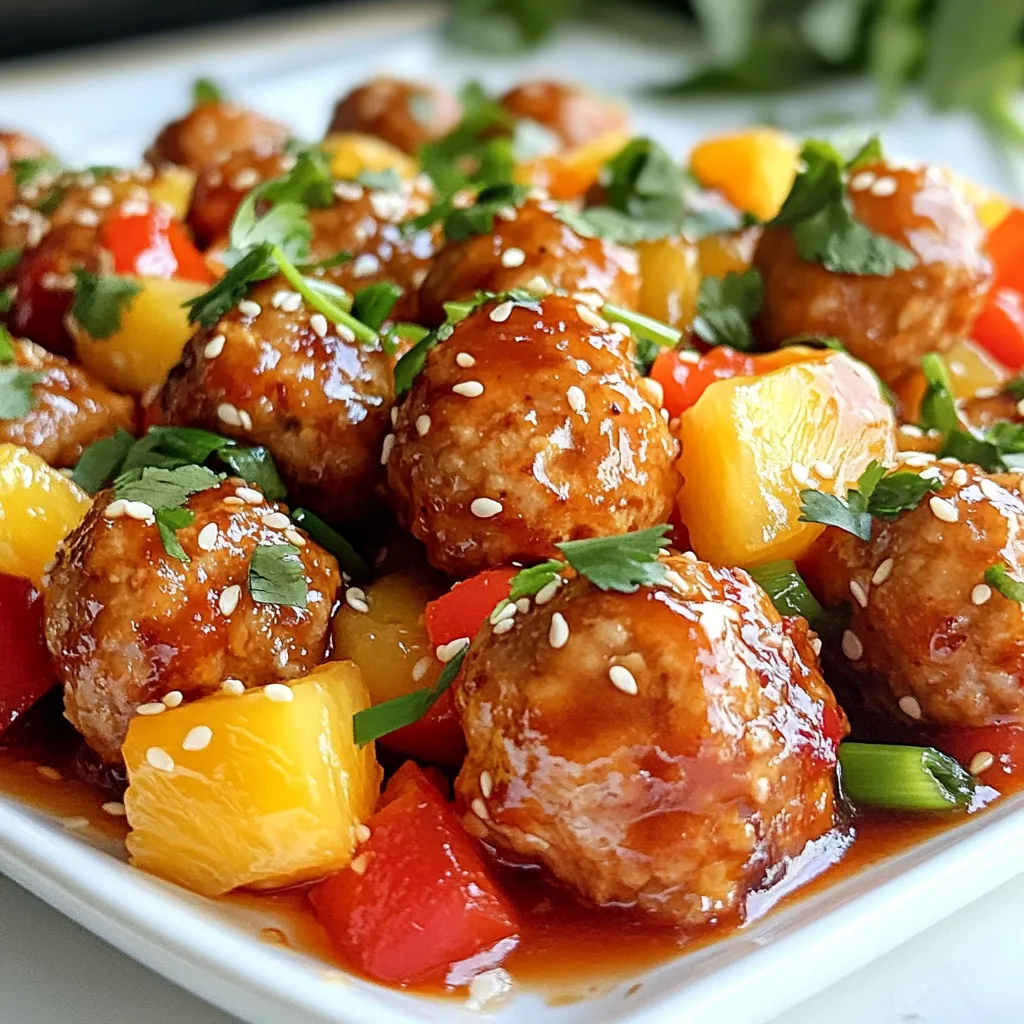 Für die Fleischbällchen benötigst du: - 450 g gemahlenes Hähnchen - 120 g Semmelbrösel - 30 g geriebener Parmesan - 1 Ei, verquirlt - 2 Knoblauchzehen, fein gehackt - 1 Teelöffel frischer Ingwer, gerieben - 1 Esslöffel Sojasauce - 1/2 Teelöffel Salz - 1/4 Teelöffel schwarzer Pfeffer - 60 g Frühlingszwiebeln, gehackt - 120 g Ananaspieces (frisch oder aus der Dose) - 120 g Paprika, gewürfelt (rot und gelb für mehr Farbe) Für die süß-saure Sauce brauchst du: - 120 ml süß-sauer Sauce (fertig gekauft oder selbstgemacht) - 120 ml Zucker - 120 ml Essig - 60 ml Ketchup Du kannst die Zutaten nach deinem Geschmack anpassen. Hier sind einige Ideen: - Ersetze das Hähnchen durch Pute oder Tofu für eine vegetarische Option. - Verwende andere Gemüse wie Zucchini oder Brokkoli, um mehr Nährstoffe hinzuzufügen. - Probiere verschiedene Saucen wie Teriyaki oder scharfe Chili-Sauce für einen neuen Geschmack. Diese Variationen helfen dir, das Rezept nach deinem Wunsch zu gestalten. Viel Spaß beim Ausprobieren! {{ingredient_image_2}} Um die Fleischbällchen zuzubereiten, nimm eine große Schüssel. Gib 450 g gemahlenes Hähnchen hinein. Füge 120 g Semmelbrösel und 30 g geriebenen Parmesan hinzu. Verquirle ein Ei, und gib es ebenfalls dazu. Hacke zwei Knoblauchzehen fein und reibe 1 Teelöffel frischen Ingwer. Beides kommt in die Schüssel. Dann füge 1 Esslöffel Sojasauce, 1/2 Teelöffel Salz und 1/4 Teelöffel schwarzen Pfeffer hinzu. Jetzt mische alles gut zusammen, bis eine gleichmäßige Masse entsteht. Forme gleich große Bällchen, die etwa 2,5 cm groß sind. Heize den Ofen auf 200 °C vor. Lege ein Backblech mit Backpapier aus. Setze die geformten Fleischbällchen darauf. Backe sie für 15 bis 20 Minuten. Achte darauf, dass sie goldbraun und durchgegart sind. Falls du eine eigene Sauce machen möchtest, nimm einen kleinen Topf. Gib 120 ml Zucker, 120 ml Essig und 60 ml Ketchup hinein. Erhitze die Mischung sanft, bis der Zucker sich auflöst. Wenn du eine fertige Sauce nutzt, kannst du diesen Schritt überspringen. In einer anderen Pfanne erhitze etwas Öl. Brate gewürfelte Paprika und Ananastücke für 3 bis 5 Minuten an, bis die Paprika zart sind. Sobald die Fleischbällchen fertig sind, gib sie in die Pfanne mit dem Gemüse. Gieße die süß-saure Sauce darüber und rühre vorsichtig um. Lass alles für 2 bis 3 Minuten garen, damit sich die Aromen verbinden. Um die perfekte Konsistenz zu erreichen, mische die Zutaten gut. Die Semmelbrösel geben den Fleischbällchen Struktur. Achte darauf, dass das Hähnchen nicht zu trocken ist. Ein frisches Ei hilft, alles zusammenzuhalten. Wenn die Mischung zu feucht ist, füge mehr Semmelbrösel hinzu. Forme die Bällchen gleichmäßig. So garen sie gleichmäßig und haben eine schöne Form. Du kannst die süß-saure Sauce nach deinem Geschmack anpassen. Verwende mehr Ketchup für eine süßere Note. Füge etwas Chili hinzu, wenn du es schärfer magst. Eine Prise Ananassaft kann die Fruchtigkeit verstärken. Wenn du Zeit hast, mache die Sauce selbst. Das gibt dir die Kontrolle über die Aromen und die Süße. Fertige Saucen sind praktisch, wenn es schnell gehen muss. Präsentiere die Fleischbällchen auf einer großen Platte. Beträufle sie mit zusätzlicher Sauce für mehr Geschmack. Garnieren mit Sesam und frischem Koriander macht sie hübsch. Serviere dazu gedämpften weißen Reis. Der Reis nimmt die köstliche Sauce gut auf. Alternativ passen auch gebratene Nudeln oder ein frischer Salat. So wird das Gericht noch bunter und leckerer. Pro Tipps Hähnchenfleisch frisch verwenden: Verwenden Sie frisches, gemahlenes Hähnchen für den besten Geschmack und eine zarte Textur der Fleischbällchen. Variationen der Gemüse: Experimentieren Sie mit verschiedenen Gemüsesorten wie Zucchini oder Karotten für zusätzlichen Geschmack und Farbe. Sauce anpassen: Passen Sie die süß-saure Sauce nach Ihrem Geschmack an, indem Sie mehr Zucker oder Essig hinzufügen, um die Süße oder Säure zu betonen. Fleischbällchen einfrieren: Bereiten Sie eine größere Menge vor und frieren Sie die ungebackenen Fleischbällchen in einem luftdichten Behälter ein, um sie später einfach aufbacken zu können. {{image_4}} Wenn Sie eine vegane oder vegetarische Option suchen, können Sie das Hähnchen durch pflanzliches Hackfleisch ersetzen. Es gibt viele gute Marken, die sich perfekt eignen. Verwenden Sie auch ein pflanzliches Ei oder Apfelmus als Bindemittel. Achten Sie darauf, dass die Semmelbrösel vegan sind. So bleibt das Gericht lecker und tierfreundlich. Das Rezept ist sehr flexibel. Sie können verschiedene Gemüsesorten verwenden. Brokkoli, Zucchini oder Karotten passen gut dazu. Ich empfehle, das Gemüse in kleine Stücke zu schneiden. So gart es gleichmäßig und bleibt knackig. Experimentieren Sie mit frischen Zutaten, um neue Geschmäcker zu entdecken. Die süß-saure Sauce ist ein Klassiker, aber Sie können variieren. Versuchen Sie, die Sauce mit Ananassaft oder frischem Limettensaft aufzupeppen. Um mehr Schärfe hinzuzufügen, fügen Sie etwas Chili oder Sriracha hinzu. So wird das Gericht interessanter und passt zu Ihrem Geschmack. Um die übrig gebliebenen Fleischbällchen frisch zu halten, lege sie in einen luftdichten Behälter. So bleiben sie saftig und lecker. Stelle den Behälter in den Kühlschrank. Du kannst die Fleischbällchen dort für bis zu drei Tage aufbewahren. Wenn du sie länger lagern möchtest, ist das Einfrieren eine gute Option. Wenn du die Fleischbällchen einfrieren möchtest, lasse sie zuerst vollständig abkühlen. Lege sie dann auf ein Backblech, so dass sie sich nicht berühren. Friere sie für ein paar Stunden ein. Sobald sie fest sind, packe sie in einen luftdichten Gefrierbeutel. So kannst du sie bis zu drei Monate lagern. Denke daran, das Datum auf den Beutel zu schreiben. Das hilft dir, den Überblick zu behalten. Um die Fleischbällchen wieder aufzuwärmen, kannst du den Ofen oder die Mikrowelle nutzen. Heize den Ofen auf 180 °C vor. Lege die Fleischbällchen auf ein Blech und backe sie für etwa 10 Minuten. Wenn du die Mikrowelle verwendest, stelle die Fleischbällchen auf einen Mikrowellen-safe Teller. Erhitze sie in Intervallen von 30 Sekunden, bis sie heiß sind. Achte darauf, die Sauce vorher hinzuzufügen, damit die Bällchen nicht austrocknen. Die Fleischbällchen sind im Kühlschrank bis zu drei Tage haltbar. Achte darauf, sie in einem luftdichten Behälter zu lagern. Wenn du sie länger aufbewahren möchtest, friere sie ein. So bleiben sie bis zu drei Monate frisch. Ja, du kannst einige Zutaten anpassen. Wenn du kein Hähnchen magst, probiere gemahlenes Rind oder Pute. Für die Semmelbrösel kannst du auch Haferflocken verwenden. Wenn du eine glutenfreie Option brauchst, nutze glutenfreie Semmelbrösel. Sojasauce kannst du durch Tamari ersetzen. Dazu passt gedämpfter Reis sehr gut. Er nimmt die Sauce gut auf. Auch gebratene Nudeln oder ein frischer Salat sind tolle Beilagen. Du kannst auch Gemüse wie Brokkoli oder Zucchini anbraten, um mehr Farbe und Nährstoffe auf den Teller zu bringen. In diesem Blogbeitrag haben wir die Hauptzutaten für Fleischbällchen und die süß-saure Sauce besprochen. Ich habe einen klaren Schritt-für-Schritt-Plan zum Zubereiten und Backen gegeben. Wir haben auch nützliche Tipps für die perfekte Konsistenz und Variationen betrachtet. Zu guter Letzt habe ich Lagerinformationen und häufige Fragen beantwortet. Essen macht Spaß und mit diesen Rezepten kannst du kreativ sein. Probiere die verschiedenen Varianten aus und finde deinen Favoriten. Genießen wird damit ganz leicht.