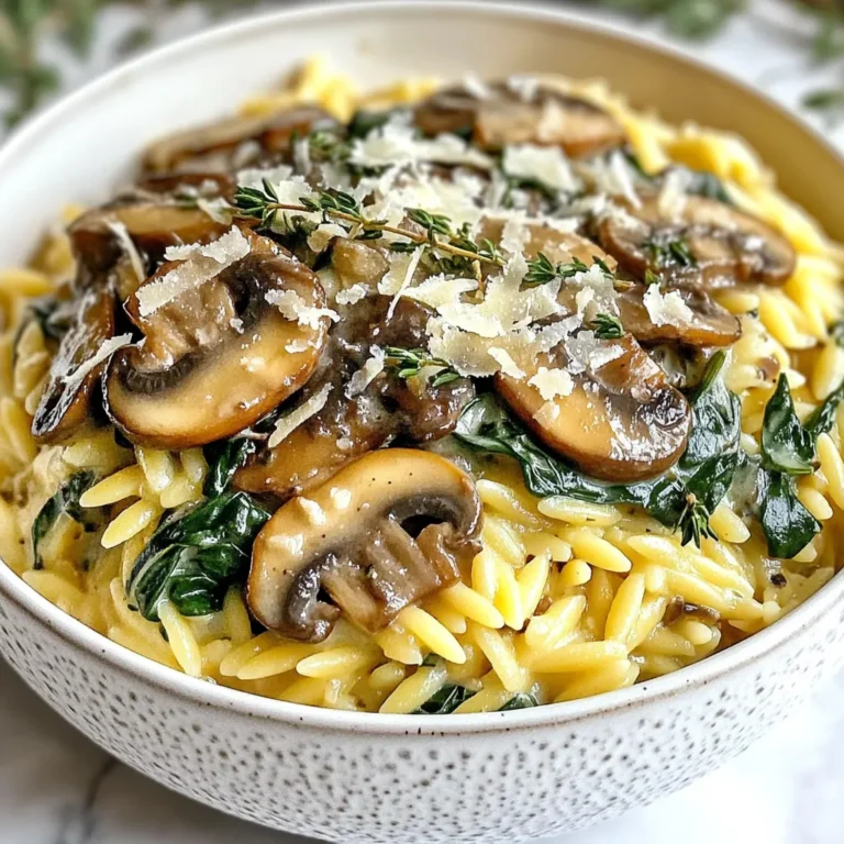 Für dieses leckere Gericht brauchst du einige einfache Zutaten. Hier ist, was du benötigst: - 1 Tasse Orzo-Nudeln - 2 Tassen Gemüsebrühe - 1 Tasse frischer Spinat, grob gehackt - 1 Tasse Cremini-Pilze, in Scheiben geschnitten - 1 kleine Zwiebel, fein gehackt - 2 Knoblauchzehen, gehackt Diese Zutaten bilden die Basis für unsere cremige Pilz-Spinat-Orzo. Ich liebe, wie die Pilze und der Spinat zusammenkommen, um einen tollen Geschmack zu erzeugen. Für den perfekten Geschmack fügen wir auch einige Gewürze und Öle hinzu: - 1 Esslöffel Olivenöl - Salz und Pfeffer nach Geschmack Das Olivenöl sorgt für eine schöne, reiche Textur. Salz und Pfeffer bringen die Aromen zum Leben. Du kannst auch frischen Thymian oder Petersilie verwenden, um das Gericht zu garnieren. Der cremige Teil ist wichtig. Hier sind die Käsesorten, die du verwenden kannst: - 1/2 Tasse Frischkäse (oder eine pflanzliche Alternative) - 1/2 Tasse geriebener Parmesan (oder Nährhefe für eine vegane Option) Frischkäse macht das Gericht besonders cremig. Parmesan gibt einen tollen Geschmack. Wenn du eine vegane Option suchst, ist Nährhefe eine großartige Wahl. Sie gibt die nötige Tiefe und einen käsigen Geschmack, ohne tierische Produkte. {{ingredient_image_2}} Um die Orzo-Nudeln perfekt zu kochen, bringe zuerst zwei Tassen Gemüsebrühe in einem mittleren Topf zum Kochen. Die Brühe gibt den Nudeln einen tollen Geschmack. Füge dann eine Tasse Orzo-Nudeln hinzu. Koche die Nudeln gemäß der Packungsanleitung, meist etwa 8 bis 10 Minuten. Achte darauf, sie al dente zu kochen. Das bedeutet, sie sollten noch einen leichten Biss haben. Wenn die Nudeln fertig sind, gieße sie ab und stelle sie beiseite. In einer großen Pfanne erhitzt du einen Esslöffel Olivenöl bei mittlerer Hitze. Füge eine fein gehackte kleine Zwiebel hinzu. Brate die Zwiebel etwa 3 bis 4 Minuten lang, bis sie glasig wird. Das gibt der Mischung einen süßen Geschmack. Dann gebe zwei gehackte Knoblauchzehen und eine Tasse in Scheiben geschnittene Cremini-Pilze in die Pfanne. Brate alles für 5 bis 6 Minuten, bis die Pilze zart und goldbraun sind. Zum Schluss rührst du eine Tasse grob gehackten frischen Spinat unter. Koche alles für 2 bis 3 Minuten, bis der Spinat verwelkt. Reduziere die Hitze auf niedrig und füge eine halbe Tasse Frischkäse hinzu. Rühre den Frischkäse gut unter die Pilzmischung, bis er schmilzt. Jetzt kommen die gekochten Orzo-Nudeln dazu. Mische alles gut durch. Für extra Cremigkeit kannst du eine halbe Tasse geriebenen Parmesan hinzufügen. Würze die Mischung nach Geschmack mit Salz und Pfeffer. Lasse alles für 2 bis 3 Minuten bei niedriger Hitze warm werden und rühre zwischendurch um. Nimm die Pfanne vom Herd und garniere das Gericht vor dem Servieren mit frischem Thymian oder Petersilie. Serviere die cremige Pilz-Spinat-Orzo in tiefen Tellern. Ein paar knusprige Brotcroutons machen das Gericht noch besser. Um die Orzo besonders cremig zu machen, nutze ich Frischkäse. Er schmilzt einfach und verbindet sich gut. Parmesan gibt auch eine tolle Cremigkeit. Für die vegane Option verwende Nährhefe. Achte darauf, die Hitze niedrig zu halten, wenn du den Käse hinzufügst. So vermeidest du Klumpen und erhältst eine glatte Sauce. Ein Spritzer Zitronensaft kann ebenfalls helfen, die Cremigkeit zu betonen. Ein häufiger Fehler ist, die Orzo zu lange zu kochen. Achte darauf, sie al dente zu machen. Das sorgt für mehr Biss. Ein weiterer Fehler ist, den Spinat zu lange zu garen. Er sollte nur kurz mitgaren. So bleibt er schön grün und knackig. Wenn du zu viel Brühe hinzufügst, wird das Gericht wässrig. Halte dich an die Mengenangaben. Für dieses Rezept brauchst du einige einfache Küchenutensilien. Ein großer Topf ist wichtig, um die Brühe zu kochen. Eine große Pfanne eignet sich gut für die Pilz-Zwiebel-Mischung. Ein Holzlöffel hilft, die Zutaten gut zu vermengen. Ein Sieb ist nützlich für das Abgießen der Orzo. Ein Schneidebrett und ein scharfes Messer erleichtern das Schneiden der Zutaten. Pro Tipps Frische Kräuter: Verwenden Sie frischen Thymian oder Petersilie, um das Gericht zu garnieren und zusätzlichen Geschmack hinzuzufügen. Variationen der Pilze: Experimentieren Sie mit verschiedenen Pilzsorten wie Shiitake oder Portobello für eine interessante Geschmacksnote. Vegane Optionen: Ersetzen Sie den Frischkäse durch eine pflanzliche Alternative und verwenden Sie Nährhefe statt Parmesan für eine vegane Variante. Textur hinzufügen: Fügen Sie knusprige Brotcroutons oder geröstete Nüsse hinzu, um dem Gericht mehr Struktur zu verleihen. {{image_4}} Wenn du eine vegane Variante dieser köstlichen Mahlzeit möchtest, ist das einfach. Ersetze den Frischkäse durch eine pflanzliche Alternative. Für den Parmesan kannst du Nährhefe verwenden. Das gibt einen tollen, käsigen Geschmack. Auch die Brühe sollte vegan sein. So bleibt das Gericht rein pflanzlich. Um noch mehr Geschmack in deine Cremige Pilz-Spinat-Orzo zu bringen, probiere einige Zusätze. Röstet die Pilze mit etwas Sojasauce oder Balsamico-Essig. Das gibt Tiefe und einen tollen Umami-Geschmack. Du kannst auch geröstete Pinienkerne oder Walnüsse hinzufügen. Sie bringen eine schöne Textur und nussigen Geschmack. Ein Spritzer Zitronensaft kurz vor dem Servieren belebt das Gericht. Für eine glutenfreie Version kannst du die Orzo-Nudeln durch glutenfreie Pasta ersetzen. Es gibt viele Sorten aus Reis oder Quinoa. Achte darauf, die Kochzeit gemäß der Packungsanleitung anzupassen. Die anderen Zutaten bleiben gleich. So hast du ein leckeres Gericht, das für jeden geeignet ist. Sie sollten die Reste der cremigen Pilz-Spinat-Orzo in einem luftdichten Behälter aufbewahren. Lassen Sie das Gericht zuerst auf Raumtemperatur abkühlen. Danach können Sie es sicher im Kühlschrank lagern. Achten Sie darauf, dass die Reste innerhalb von zwei Stunden nach dem Kochen in den Kühlschrank kommen. Um die Orzo wieder aufzuwärmen, geben Sie sie in einen Topf. Fügen Sie einen Esslöffel Wasser oder Gemüsebrühe hinzu. Stellen Sie den Topf auf mittlere Hitze. Rühren Sie regelmäßig um, bis die Mischung heiß ist. Alternativ können Sie die Orzo auch in der Mikrowelle aufwärmen. Verwenden Sie dazu eine mikrowellengeeignete Schüssel und decken Sie sie ab. Im Kühlschrank hält sich die cremige Pilz-Spinat-Orzo etwa drei bis vier Tage. Wenn Sie länger aufbewahren möchten, können Sie das Gericht einfrieren. In einem luftdichten Behälter im Gefrierfach bleibt es bis zu drei Monate frisch. Denken Sie daran, es vor dem Verzehr im Kühlschrank aufzutauen. Ja, frische Kräuter sind eine tolle Wahl. Sie bringen mehr Geschmack. Frischer Thymian oder Petersilie passen gut zu diesem Gericht. Sie können die Kräuter am Ende der Zubereitung hinzufügen. Das macht das Gericht lebhaft und frisch. Um die Orzo-Nudeln al dente zu kochen, braucht man etwa 8 bis 10 Minuten. Achten Sie darauf, die Nudeln regelmäßig zu probieren. So stellen Sie sicher, dass sie genau richtig sind. Al dente bedeutet, dass sie weich sind, aber noch einen leichten Biss haben. Das macht das Gericht noch köstlicher. Zu cremiger Pilz-Spinat-Orzo passen viele Beilagen. Ein frischer grüner Salat ist sehr beliebt. Auch knusprige Brotcroutons machen das Gericht spannend. Sie geben eine tolle Textur. Zudem können Sie etwas geröstetes Gemüse hinzufügen. Das ergänzt die Aromen gut. In diesem Blogbeitrag habe ich die wichtigsten Zutaten für cremige Pilz-Spinat-Orzo behandelt. Wir haben über die besten Gewürze, Käsealternativen und die richtige Zubereitung gesprochen. Ich habe Tipps gegeben, wie du die beste Konsistenz erreichst und häufige Fehler vermeidest. Variationen für vegane oder glutenfreie Optionen sorgen für Vielfalt. Denke daran, Reste richtig zu lagern, damit sie frisch bleiben. Nutze die FAQs für weitere Antworten. Mit diesen Infos bist du bereit, ein tolles Gericht zu zaubern.