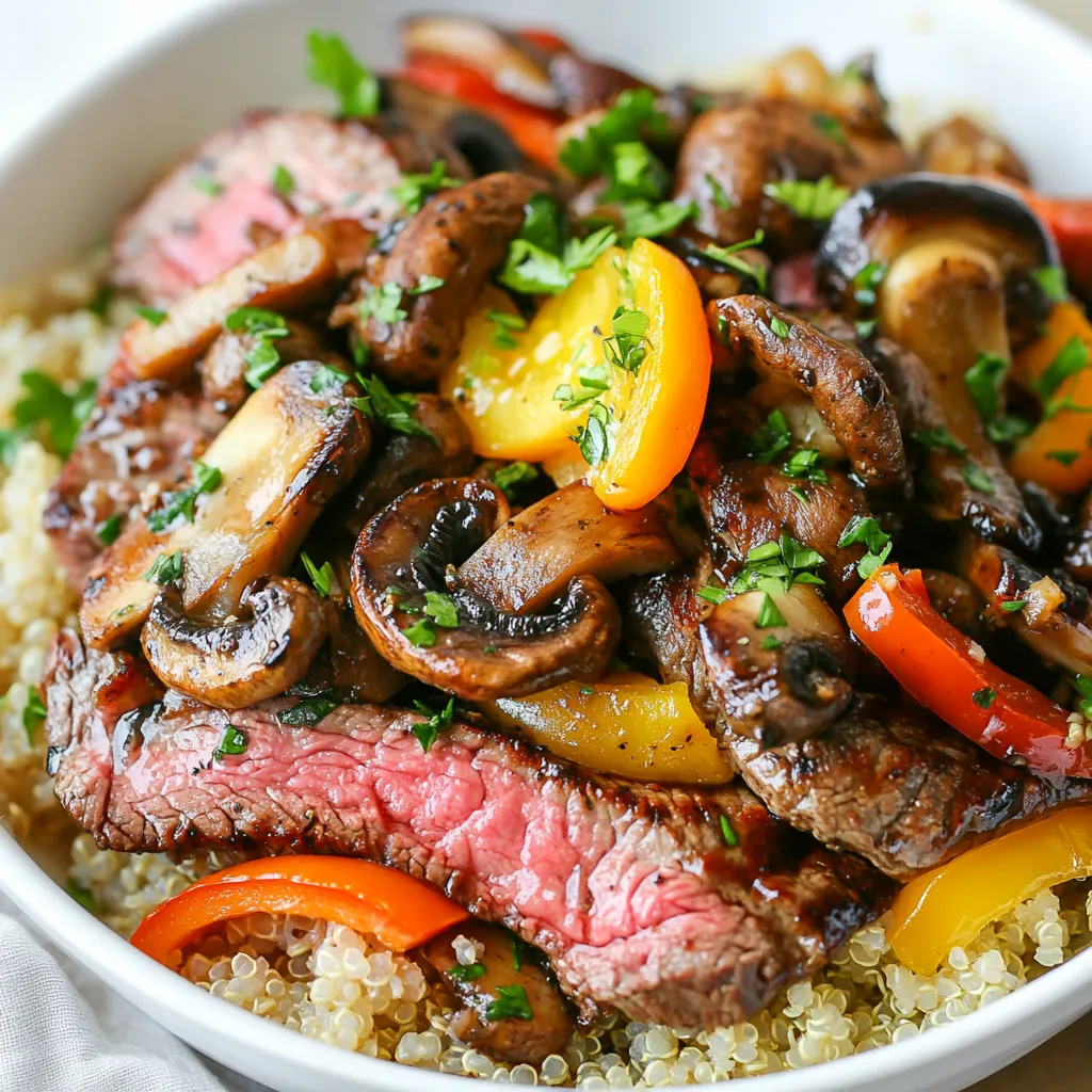 - 450 g Flanksteak - 2 Tassen gemischte Pilze (Cremini, Shiitake und Champignons) - 1 Paprika und rote Zwiebel Die Hauptzutaten sind einfach und lecker. Das Flanksteak ist zart und hat viel Geschmack. Es passt perfekt zu den gemischten Pilzen. Ich liebe die Kombination aus Cremini, Shiitake und Champignons. Diese Pilze bringen verschiedene Texturen und Aromen. Die Paprika fügt Süße hinzu und die rote Zwiebel sorgt für einen schönen Kontrast. - Balsamico-Essig und Olivenöl - Getrockneter Thymian, Salz und Pfeffer Die Marinade ist der Schlüssel zu diesem Gericht. Balsamico-Essig bringt eine süße Säure. Olivenöl sorgt für einen schönen Glanz und Geschmack. Ich benutze getrockneten Thymian, um etwas Kräuteraroma hinzuzufügen. Salz und Pfeffer runden das Ganze ab. Diese Gewürze sind einfach, aber sehr wichtig für den Geschmack. - 2 Tassen gekochte Quinoa oder Reis - Frische Petersilie zum Garnieren Ich empfehle, Quinoa oder Reis als Basis zu verwenden. Beide sind nahrhaft und nehmen den Geschmack gut auf. Frische Petersilie bringt Farbe und Frische. Sie sieht toll aus und schmeckt auch gut. Das macht die Schüsseln noch einladender. {{ingredient_image_2}} Um das Steak zu marinieren, mische zuerst den Balsamico-Essig, das Olivenöl, den Thymian, Salz und Pfeffer in einer Schüssel. Diese Mischung bringt viel Geschmack ins Fleisch. Lege das Flanksteak in die Marinade. Lass es mindestens 30 Minuten ziehen, besser sind zwei Stunden. So wird das Steak zart und lecker. Jetzt kommt der spannende Teil: das Garen! Heize eine Grillpfanne oder große Pfanne auf mittelhohe Hitze vor. Nimm das Steak aus der Marinade und lege es in die Pfanne. Brate es etwa 4-5 Minuten auf jeder Seite. Das Steak sollte medium-rare sein oder die gewünschte Garstufe haben. Lass das Steak nach dem Garen 5-10 Minuten ruhen, bevor du es in Scheiben schneidest. So bleibt der Saft im Fleisch. Während das Steak ruht, kümmere dich um das Gemüse. Schneide die Paprika, Zwiebel und Pilze in Stücke. Erhitze das restliche Olivenöl in der selben Pfanne. Gib das Gemüse in die Pfanne und brate es 5-7 Minuten an. Es sollte weich und leicht karamellisiert sein. Füge den gehackten Knoblauch hinzu und brate ihn für 1-2 Minuten mit. Der Duft wird köstlich! Um das Steak perfekt zuzubereiten, achte auf die Garstufe. Du kannst es mit einem Fleischthermometer messen. Medium-rare liegt bei etwa 55-60 Grad Celsius. Lass das Steak nach dem Garen ruhen. Dadurch bleibt der Saft im Fleisch. Ein ruhendes Steak schmeckt viel besser. Für das Gemüse ist die Temperatur wichtig. Heize die Pfanne gut vor, um eine schöne Karamellisierung zu erreichen. Das Gemüse soll auch weich werden, aber nicht matschig. Achte darauf, dass das Gemüse genug Platz in der Pfanne hat. So kann es gut braten. Wenn du Knoblauch hinzufügst, mach das zum Schluss. Er braucht nur kurze Zeit, um gut zu duften. Eine ansprechende Präsentation macht das Essen noch besser. Verwende Schüsseln in verschiedenen Größen. Beginne mit der Quinoa oder dem Reis als Basis. Dann füge das Gemüse und das Steak hinzu. Als letzten Schritt kannst du die Balsamico-Glasur verwenden. Ein paar Tropfen oben drauf sehen toll aus und geben zusätzlichen Geschmack. Frische Petersilie bringt Farbe und Frische in die Schüsseln. Pro Tipps Steak richtig marinieren: Lassen Sie das Steak mindestens 30 Minuten marinieren, um den Geschmack zu intensivieren. Idealerweise sollte es bis zu 2 Stunden in der Marinade verbleiben. Ruhen lassen: Lassen Sie das Steak nach dem Garen 5-10 Minuten ruhen. Dies hilft, die Säfte im Fleisch zu halten und macht es zarter. Gemüse gleichmäßig garen: Achten Sie darauf, das Gemüse in gleichmäßige Stücke zu schneiden, damit es gleichmäßig gart und alle Aromen gut zur Geltung kommen. Balsamico-Glasur verwenden: Verfeinern Sie die Bowls mit einer zusätzlichen Balsamico-Glasur für mehr Tiefe und Komplexität im Geschmack. {{image_4}} Für dein Balsamico-Pilz-Steak-Bowl kannst du verschiedene Fleischsorten verwenden. Flanksteak ist toll, aber probiere auch Rinderfilet oder Hühnchen. Diese Optionen bringen einen anderen Geschmack, aber bleiben lecker. Wenn du etwas anderes suchst, kannst du auch zu Tofu oder Tempeh wechseln. Diese vegetarischen Alternativen sind nahrhaft und gut für die Umwelt. Gemüse macht das Gericht bunt und gesund. Du kannst saisonales Gemüse nutzen, was frisch und schmackhaft ist. Probier Zucchini, Brokkoli oder Spinat. Diese Gemüse geben deinem Bowl neue Aromen. Du kannst auch verschiedene Gemüsesorten kombinieren, um mehr Vielfalt zu schaffen. So bleibt dein Gericht spannend und lecker. Die Beilagen sind wichtig für dein Bowl-Erlebnis. Quinoa und Reis sind super, aber du kannst auch andere Optionen wählen. Süßkartoffeln oder Couscous passen gut dazu. Diese Alternativen bringen neue Texturen und Geschmäcker. Du kannst auch einen frischen Salat oder geröstetes Gemüse als Beilage hinzufügen. Das macht jede Portion noch besser und abwechslungsreicher. Um die Reste deiner Balsamico-Pilz-Steak-Bowls frisch zu halten, lagere sie im Kühlschrank. Nutze einen luftdichten Behälter. So bleibt das Aroma erhalten. Du kannst die Schüsseln bis zu drei Tage aufbewahren. Für längere Lagerung, friere die Reste ein. Teile die Portionen in kleine Behälter auf. So taust du nur die Menge auf, die du brauchst. Die gefrorenen Schüsseln sind bis zu drei Monate haltbar. Wenn du die Schüsseln aufwärmen möchtest, nutze die Mikrowelle oder den Ofen. In der Mikrowelle, stelle die Temperatur auf mittlere Stufe. Erhitze die Schüssel für ein bis zwei Minuten. Rühre die Mischung zwischendurch um. Um Austrocknen zu vermeiden, füge einen Esslöffel Wasser hinzu. Wenn du den Ofen nutzt, heize ihn auf 175 Grad Celsius vor. Lege die Schüssel in eine Auflaufform mit etwas Wasser. Das hält die Feuchtigkeit. Die einzelnen Zutaten haben unterschiedliche Haltbarkeiten. Gekochte Quinoa oder Reis sind im Kühlschrank etwa fünf Tage haltbar. Frisches Gemüse bleibt für etwa drei bis vier Tage frisch. Flanksteak kann im Kühlschrank zwei bis drei Tage aufbewahrt werden. Achte darauf, dass es gut verpackt ist. Überprüfe frische Zutaten regelmäßig auf Fäulnis. Wenn sie schimmelig oder matschig sind, wirf sie weg. Um zartes Flanksteak zu wählen, achte auf die Marmorierung. Marmorierung sind kleine Fettäderchen im Fleisch. Diese geben Geschmack und machen das Steak saftig. Wähle frisches Fleisch, das eine hellrote Farbe hat. Mariniere das Steak mindestens 30 Minuten. Du kannst es sogar bis zu 2 Stunden marinieren. Die Marinade hilft, das Fleisch zart zu machen. Verwende immer eine heiße Pfanne. So brät das Steak schnell an und bleibt zart. Lass das Steak nach dem Braten ruhen. Dies gibt dem Fleisch Zeit, die Säfte zu bewahren. Schneide das Steak gegen die Faser. Das bedeutet, dass du quer zu den langen Fasern schneidest. So wird es beim Essen zarter. Ja, die Marinade lässt sich leicht anpassen. Du kannst verschiedene Essigsorten verwenden. Probier Apfelessig oder Rotweinessig. Füge Honig oder Ahornsirup für Süße hinzu. Das gibt einen tollen Kontrast zum herzhaften Steak. Du kannst auch frische Kräuter wie Rosmarin oder Basilikum verwenden. Sie geben der Marinade mehr Geschmack. Mische auch Gewürze wie Paprika oder Kreuzkümmel hinzu. Diese bringen eine neue Note. Du kannst die Marinade auch ohne Öl machen. So schmeckt sie leichter und frischer. Für Balsamico-Pilz-Steak-Bowls passen viele Beilagen gut. Quinoa oder Reis sind perfekte Grundlagen. Sie sind leicht und nehmen den Geschmack gut auf. Du kannst auch einen frischen Salat dazu servieren. Ein einfacher grüner Salat mit Olivenöl passt gut. Gegrilltes Gemüse wie Zucchini oder Spargel sind auch lecker. Für mehr Fülle kannst du auch Bohnen oder Linsen hinzufügen. Diese machen das Gericht sättigender. Frische Kräuter wie Petersilie oder Koriander geben einen frischen Touch. In diesem Artikel haben wir leckere Balsamico-Pilz-Steak-Bowls besprochen. Wir haben die Zutaten, Marinade und Garanleitung detailliert erklärt. Zusätzlich habe ich Tipps gegeben, um das Steak perfekt zuzubereiten und das Gemüse richtig anzubraten. Variationen für Fleisch und Gemüse sowie Lagerungshinweise runden das Thema ab. Experimentiere mit neuen Zutaten und Varianten, um deine persönliche Note hinzuzufügen. So wird jedes Gericht ein echter Genuss!