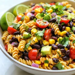 Für den Zesty Southwest Pasta Salad brauchen Sie: - 225 g Rotini-Pasta - 240 ml schwarze Bohnen, gespült und abgetropft - 240 ml Mais (aus der Dose oder gefroren) - 1 rote Paprika, gewürfelt - 1 grüne Paprika, gewürfelt - 120 g Kirschtomaten, halbiert - 60 g rote Zwiebel, fein gehackt - 1 Avocado, gewürfelt - 60 g frischer Koriander, gehackt Diese Zutaten bringen einen bunten Mix aus Farben und Texturen. Sie machen den Salat frisch und nahrhaft. Für das leckere Dressing benötigen Sie: - 60 ml Olivenöl - 30 ml Limettensaft - 1 Teelöffel Chili-Pulver - 1 Teelöffel Kreuzkümmel - Salz und Pfeffer nach Geschmack Das Dressing bringt den ganzen Geschmack zusammen. Es ist einfach und schnell gemacht. Sie können den Salat nach Belieben anpassen. Einige tolle Optionen sind: - Jalapeños für mehr Schärfe - Gurken für zusätzliche Frische - Feta-Käse für einen salzigen Kick Diese Extras machen den Salat noch spannender. Experimentieren Sie mit verschiedenen Zutaten, um Ihren eigenen Twist zu finden! {{ingredient_image_2}} Um die Rotini-Pasta perfekt zu kochen, bringe einen großen Topf mit Wasser zum Kochen. Füge eine Prise Salz hinzu, um den Geschmack zu verbessern. Koche die Pasta gemäß den Anweisungen auf der Verpackung. Achte darauf, sie al dente zu kochen. Nach dem Kochen gieße die Pasta ab und spüle sie unter kaltem Wasser. Das stoppt den Kochprozess und hilft, die Pasta abzukühlen. Nimm eine große Schüssel und füge die abgekühlte Pasta hinzu. Gib die schwarzen Bohnen und den Mais dazu. Schneide die rote und grüne Paprika in kleine Würfel und füge sie hinzu. Halbiere die Kirschtomaten und mische sie ebenfalls unter. Füge die fein gehackte rote Zwiebel und den frischen Koriander hinzu. Rühre alles vorsichtig um, bis die Zutaten gleichmäßig verteilt sind. In einer kleinen Schüssel mische das Olivenöl und den Limettensaft. Füge das Chili-Pulver und den Kreuzkümmel hinzu. Streue Salz und Pfeffer nach Geschmack hinein. Verquirle alles gut, bis eine homogene Sauce entsteht. Gieße das Dressing über den Salat und vermenge alles vorsichtig. Zum Schluss die gewürfelte Avocado behutsam unterheben, damit sie nicht zerdrückt wird. Lass den Salat mindestens 30 Minuten im Kühlschrank ruhen, damit sich die Aromen entfalten können. Kochen Sie die Rotini-Pasta für etwa 8 bis 10 Minuten. Testen Sie die Pasta am Ende der Kochzeit. Sie sollte al dente sein, also fest, aber nicht hart. Wenn Sie die Pasta überkochen, wird sie matschig. Nach dem Kochen spülen Sie die Pasta mit kaltem Wasser ab. So stoppen Sie den Garprozess und halten die Pasta frisch. Schneiden Sie das Gemüse in gleich große Stücke. So garen sie gleichmäßig und sehen schön aus. Beginnen Sie mit den Paprika. Entfernen Sie die Kerne und schneiden Sie sie in Würfel. Für die Kirschtomaten einfach halbieren. Die rote Zwiebel sollte fein gehackt werden, damit der Geschmack mild bleibt. Achten Sie darauf, die Avocado zuletzt zu schneiden, um sie frisch zu halten. Fügen Sie dem Salat zusätzliche Zutaten hinzu, um ihn interessanter zu machen. Gegrillte Hühnchenstücke oder Tofu bieten mehr Protein. Fügen Sie auch Jalapeños für einen scharfen Kick hinzu. Für mehr Crunch können Sie Tortilla-Chips zerbröseln und darüber streuen. Ein Spritzer zusätzlicher Limettensaft vor dem Servieren bringt die Aromen zum Leben. Pro Tipps Frische Zutaten verwenden: Verwenden Sie frische, reife Zutaten für den besten Geschmack und die beste Textur, insbesondere bei Gemüse und Kräutern. Dressing anpassen: Passen Sie das Dressing nach Ihrem Geschmack an, indem Sie mehr Limettensaft oder Gewürze hinzufügen, um die Schärfe zu steigern. Vorkochen: Kochen Sie die Pasta im Voraus und kühlen Sie sie ab, um Zeit zu sparen, wenn Sie den Salat zubereiten. Variationen ausprobieren: Experimentieren Sie mit zusätzlichen Zutaten wie Feta-Käse, Oliven oder Jalapeños für einen anderen Geschmack. {{image_4}} Wenn du eine vegetarische oder vegane Variante willst, ist das einfach. Lass das Olivenöl und Limettensaft gleich. Tausche die schwarzen Bohnen gegen Kichererbsen aus. Die Bohnen geben einen schönen Geschmack und sind gesund. Für mehr Farbe kannst du auch rote Linsen hinzufügen. Du kannst die Avocado auch weglassen oder durch einen pflanzlichen Joghurt ersetzen. So bleibt der Salat frisch und lecker. Für eine proteinreiche Variante kannst du gekochtes Hähnchen hinzufügen. Das Hähnchen gibt dem Salat mehr Biss und macht ihn sättigender. Wenn du Tofu magst, ist das auch eine gute Wahl. Nimm festen Tofu, schneide ihn in Würfel und brate ihn leicht an. So erhält der Salat einen tollen Geschmack und mehr Nährstoffe. Du kannst auch Garnelen verwenden, wenn du etwas anderes probieren möchtest. Die Zutaten können je nach Saison variieren. Im Sommer sind frische Kirschtomaten besonders süß. Im Winter kannst du gefrorenes Gemüse verwenden. Das ist einfach und immer verfügbar. Auch saisonale Kräuter wie Basilikum oder Petersilie sind großartig. Sie geben dem Salat einen frischen Kick. Achte darauf, die Zutaten nach deinem Geschmack und der Saison auszuwählen. So bleibt der Zesty Southwest Pasta Salad immer spannend und lecker. Um den Zesty Southwest Pasta Salad frisch zu halten, lagere ihn in einem luftdichten Behälter. Diese Behälter schützen vor Gerüchen und Feuchtigkeit. Stelle sicher, dass der Salat gut abgekühlt ist, bevor du ihn in den Kühlschrank stellst. So bleibt die Textur der Zutaten erhalten. Die ideale Temperatur im Kühlschrank ist unter 4 Grad Celsius. Der Salat bleibt im Kühlschrank etwa 3 bis 5 Tage frisch. Achte darauf, dass du den Salat nicht länger aufbewahrst. Überprüfe immer die Zutaten vor dem Essen. Wenn etwas nicht frisch aussieht oder riecht, ist es besser, den Salat zu entsorgen. Avocado kann schnell braun werden, also iss sie lieber zuerst. Um den Salat frisch zu halten, füge die Avocado erst kurz vor dem Servieren hinzu. Das verhindert, dass sie matschig wird. Du kannst auch das Dressing separat aufbewahren. So bleibt der Salat knackig. Vor dem Servieren, vermenge die Zutaten und das Dressing gut. Füge nach Bedarf noch etwas frischen Koriander oder Limettensaft hinzu, um den Geschmack aufzufrischen. Der Zesty Southwest Pasta Salad bleibt im Kühlschrank bis zu drei Tage frisch. Achte darauf, ihn in einem luftdichten Behälter zu lagern. Je länger er steht, desto mehr zieht der Salat die Aromen in sich auf. Das kann den Geschmack verbessern, aber die Textur der Avocado kann leiden. Wenn du also den Salat aufbewahrst, füge die Avocado am besten erst kurz vor dem Servieren hinzu. Ja, du kannst die Rotini-Pasta mit anderen Sorten ersetzen. Fusilli oder Penne funktionieren gut. Wenn du eine glutenfreie Option suchst, probiere Reis- oder Quinoa-Pasta. Diese Alternativen bringen ebenfalls einen tollen Geschmack und eine schöne Textur in den Salat. Experimentiere mit deinen Lieblingssorten, um neue Geschmäcker zu entdecken. Ja, es gibt glutenfreie Optionen für dieses Rezept. Du kannst glutenfreie Pasta verwenden, die aus Reis oder Linsen gemacht ist. Diese Sorten bieten eine ähnliche Konsistenz wie normale Pasta. Das macht es leicht, den Salat für glutenfreie Freunde oder Familie zuzubereiten. Achte beim Kauf auf die Zutatenliste, um sicherzustellen, dass sie auch wirklich glutenfrei sind. In diesem Blogbeitrag haben wir die wichtigsten Zutaten für den Zesty Southwest Pasta Salad besprochen. Wir haben die Schritte zur Zubereitung, hilfreiche Tipps und kreative Variationen betrachtet. Zuletzt haben wir die besten Lagerungstipps für deinen Salat geteilt. Denke daran, diese Tipps zu nutzen, um einen leckeren und bunten Salat zu machen. Experimentiere mit den Zutaten und finde deine perfekte Mischung. So bleibt dein Salat immer frisch und schmackhaft. Viel Spaß beim Ausprobieren!