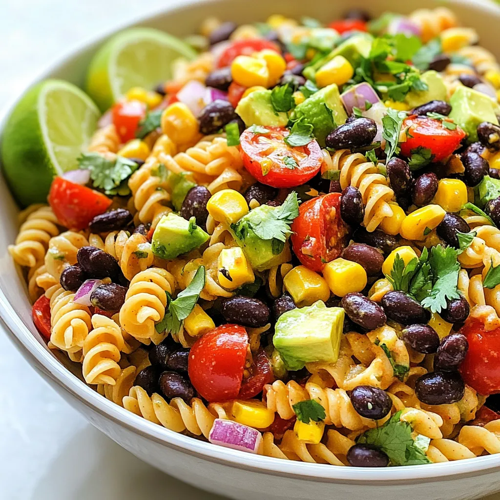 Für den Zesty Southwest Pasta Salad brauchen Sie: - 225 g Rotini-Pasta - 240 ml schwarze Bohnen, gespült und abgetropft - 240 ml Mais (aus der Dose oder gefroren) - 1 rote Paprika, gewürfelt - 1 grüne Paprika, gewürfelt - 120 g Kirschtomaten, halbiert - 60 g rote Zwiebel, fein gehackt - 1 Avocado, gewürfelt - 60 g frischer Koriander, gehackt Diese Zutaten bringen einen bunten Mix aus Farben und Texturen. Sie machen den Salat frisch und nahrhaft. Für das leckere Dressing benötigen Sie: - 60 ml Olivenöl - 30 ml Limettensaft - 1 Teelöffel Chili-Pulver - 1 Teelöffel Kreuzkümmel - Salz und Pfeffer nach Geschmack Das Dressing bringt den ganzen Geschmack zusammen. Es ist einfach und schnell gemacht. Sie können den Salat nach Belieben anpassen. Einige tolle Optionen sind: - Jalapeños für mehr Schärfe - Gurken für zusätzliche Frische - Feta-Käse für einen salzigen Kick Diese Extras machen den Salat noch spannender. Experimentieren Sie mit verschiedenen Zutaten, um Ihren eigenen Twist zu finden! {{ingredient_image_2}} Um die Rotini-Pasta perfekt zu kochen, bringe einen großen Topf mit Wasser zum Kochen. Füge eine Prise Salz hinzu, um den Geschmack zu verbessern. Koche die Pasta gemäß den Anweisungen auf der Verpackung. Achte darauf, sie al dente zu kochen. Nach dem Kochen gieße die Pasta ab und spüle sie unter kaltem Wasser. Das stoppt den Kochprozess und hilft, die Pasta abzukühlen. Nimm eine große Schüssel und füge die abgekühlte Pasta hinzu. Gib die schwarzen Bohnen und den Mais dazu. Schneide die rote und grüne Paprika in kleine Würfel und füge sie hinzu. Halbiere die Kirschtomaten und mische sie ebenfalls unter. Füge die fein gehackte rote Zwiebel und den frischen Koriander hinzu. Rühre alles vorsichtig um, bis die Zutaten gleichmäßig verteilt sind. In einer kleinen Schüssel mische das Olivenöl und den Limettensaft. Füge das Chili-Pulver und den Kreuzkümmel hinzu. Streue Salz und Pfeffer nach Geschmack hinein. Verquirle alles gut, bis eine homogene Sauce entsteht. Gieße das Dressing über den Salat und vermenge alles vorsichtig. Zum Schluss die gewürfelte Avocado behutsam unterheben, damit sie nicht zerdrückt wird. Lass den Salat mindestens 30 Minuten im Kühlschrank ruhen, damit sich die Aromen entfalten können. Kochen Sie die Rotini-Pasta für etwa 8 bis 10 Minuten. Testen Sie die Pasta am Ende der Kochzeit. Sie sollte al dente sein, also fest, aber nicht hart. Wenn Sie die Pasta überkochen, wird sie matschig. Nach dem Kochen spülen Sie die Pasta mit kaltem Wasser ab. So stoppen Sie den Garprozess und halten die Pasta frisch. Schneiden Sie das Gemüse in gleich große Stücke. So garen sie gleichmäßig und sehen schön aus. Beginnen Sie mit den Paprika. Entfernen Sie die Kerne und schneiden Sie sie in Würfel. Für die Kirschtomaten einfach halbieren. Die rote Zwiebel sollte fein gehackt werden, damit der Geschmack mild bleibt. Achten Sie darauf, die Avocado zuletzt zu schneiden, um sie frisch zu halten. Fügen Sie dem Salat zusätzliche Zutaten hinzu, um ihn interessanter zu machen. Gegrillte Hühnchenstücke oder Tofu bieten mehr Protein. Fügen Sie auch Jalapeños für einen scharfen Kick hinzu. Für mehr Crunch können Sie Tortilla-Chips zerbröseln und darüber streuen. Ein Spritzer zusätzlicher Limettensaft vor dem Servieren bringt die Aromen zum Leben. Pro Tipps Frische Zutaten verwenden: Verwenden Sie frische, reife Zutaten für den besten Geschmack und die beste Textur, insbesondere bei Gemüse und Kräutern. Dressing anpassen: Passen Sie das Dressing nach Ihrem Geschmack an, indem Sie mehr Limettensaft oder Gewürze hinzufügen, um die Schärfe zu steigern. Vorkochen: Kochen Sie die Pasta im Voraus und kühlen Sie sie ab, um Zeit zu sparen, wenn Sie den Salat zubereiten. Variationen ausprobieren: Experimentieren Sie mit zusätzlichen Zutaten wie Feta-Käse, Oliven oder Jalapeños für einen anderen Geschmack. {{image_4}} Wenn du eine vegetarische oder vegane Variante willst, ist das einfach. Lass das Olivenöl und Limettensaft gleich. Tausche die schwarzen Bohnen gegen Kichererbsen aus. Die Bohnen geben einen schönen Geschmack und sind gesund. Für mehr Farbe kannst du auch rote Linsen hinzufügen. Du kannst die Avocado auch weglassen oder durch einen pflanzlichen Joghurt ersetzen. So bleibt der Salat frisch und lecker. Für eine proteinreiche Variante kannst du gekochtes Hähnchen hinzufügen. Das Hähnchen gibt dem Salat mehr Biss und macht ihn sättigender. Wenn du Tofu magst, ist das auch eine gute Wahl. Nimm festen Tofu, schneide ihn in Würfel und brate ihn leicht an. So erhält der Salat einen tollen Geschmack und mehr Nährstoffe. Du kannst auch Garnelen verwenden, wenn du etwas anderes probieren möchtest. Die Zutaten können je nach Saison variieren. Im Sommer sind frische Kirschtomaten besonders süß. Im Winter kannst du gefrorenes Gemüse verwenden. Das ist einfach und immer verfügbar. Auch saisonale Kräuter wie Basilikum oder Petersilie sind großartig. Sie geben dem Salat einen frischen Kick. Achte darauf, die Zutaten nach deinem Geschmack und der Saison auszuwählen. So bleibt der Zesty Southwest Pasta Salad immer spannend und lecker. Um den Zesty Southwest Pasta Salad frisch zu halten, lagere ihn in einem luftdichten Behälter. Diese Behälter schützen vor Gerüchen und Feuchtigkeit. Stelle sicher, dass der Salat gut abgekühlt ist, bevor du ihn in den Kühlschrank stellst. So bleibt die Textur der Zutaten erhalten. Die ideale Temperatur im Kühlschrank ist unter 4 Grad Celsius. Der Salat bleibt im Kühlschrank etwa 3 bis 5 Tage frisch. Achte darauf, dass du den Salat nicht länger aufbewahrst. Überprüfe immer die Zutaten vor dem Essen. Wenn etwas nicht frisch aussieht oder riecht, ist es besser, den Salat zu entsorgen. Avocado kann schnell braun werden, also iss sie lieber zuerst. Um den Salat frisch zu halten, füge die Avocado erst kurz vor dem Servieren hinzu. Das verhindert, dass sie matschig wird. Du kannst auch das Dressing separat aufbewahren. So bleibt der Salat knackig. Vor dem Servieren, vermenge die Zutaten und das Dressing gut. Füge nach Bedarf noch etwas frischen Koriander oder Limettensaft hinzu, um den Geschmack aufzufrischen. Der Zesty Southwest Pasta Salad bleibt im Kühlschrank bis zu drei Tage frisch. Achte darauf, ihn in einem luftdichten Behälter zu lagern. Je länger er steht, desto mehr zieht der Salat die Aromen in sich auf. Das kann den Geschmack verbessern, aber die Textur der Avocado kann leiden. Wenn du also den Salat aufbewahrst, füge die Avocado am besten erst kurz vor dem Servieren hinzu. Ja, du kannst die Rotini-Pasta mit anderen Sorten ersetzen. Fusilli oder Penne funktionieren gut. Wenn du eine glutenfreie Option suchst, probiere Reis- oder Quinoa-Pasta. Diese Alternativen bringen ebenfalls einen tollen Geschmack und eine schöne Textur in den Salat. Experimentiere mit deinen Lieblingssorten, um neue Geschmäcker zu entdecken. Ja, es gibt glutenfreie Optionen für dieses Rezept. Du kannst glutenfreie Pasta verwenden, die aus Reis oder Linsen gemacht ist. Diese Sorten bieten eine ähnliche Konsistenz wie normale Pasta. Das macht es leicht, den Salat für glutenfreie Freunde oder Familie zuzubereiten. Achte beim Kauf auf die Zutatenliste, um sicherzustellen, dass sie auch wirklich glutenfrei sind. In diesem Blogbeitrag haben wir die wichtigsten Zutaten für den Zesty Southwest Pasta Salad besprochen. Wir haben die Schritte zur Zubereitung, hilfreiche Tipps und kreative Variationen betrachtet. Zuletzt haben wir die besten Lagerungstipps für deinen Salat geteilt. Denke daran, diese Tipps zu nutzen, um einen leckeren und bunten Salat zu machen. Experimentiere mit den Zutaten und finde deine perfekte Mischung. So bleibt dein Salat immer frisch und schmackhaft. Viel Spaß beim Ausprobieren!