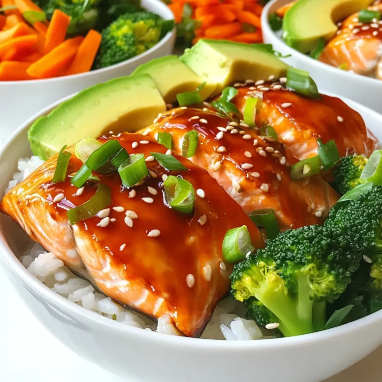 Für die Teriyaki Glazed Salmon Bowls benötigst du einige frische und schmackhafte Zutaten. Hier sind die Hauptbestandteile: - 2 Lachsfilets - 60 ml Teriyaki-Sauce - 1 Esslöffel Honig - 1 Teelöffel geriebener Ingwer - 1 Teelöffel Sesamöl - 2 Tassen gekochter Jasminreis - 1 Tasse Brokkoliröschen - 1 Karotte - 1/2 Paprika - 1 Avocado - 2 Frühlingszwiebeln - Sesamsamen Jede Zutat bringt ihren eigenen Geschmack und Nährstoffe mit. Die Teriyaki-Sauce ist das Herzstück dieses Gerichts. Sie ist süß und salzig. Du kannst sie kaufen oder selbst machen. Wenn du sie selbst machst, mische Sojasauce, Zucker, Mirin und etwas Maisstärke. Ingwer bringt Frische und Tiefe. Sesamöl fügt ein nussiges Aroma hinzu. Falls du Allergien hast oder eine spezielle Diät befolgst, gibt es Alternativen. Verwende Tofu oder Hühnchen anstelle von Lachs. Für eine glutenfreie Option, wähle glutenfreie Sojasauce. Für eine vegane Version, ersetze den Honig durch Agavendicksaft. Gemüse wie Zucchini oder Spinat ist auch eine gute Wahl. {{ingredient_image_2}} Um den Lachs lecker zu machen, mische ich Teriyaki-Sauce, Honig, geriebenen Ingwer und Sesamöl. Ich gebe die Lachsfilets in eine flache Schale und gieße die Marinade darüber. Dann lasse ich das Ganze mindestens 20 Minuten marinieren. So ziehen die Aromen gut ein. Während der Lachs mariniert, bereite ich das Gemüse vor. Ich dampfe die Brokkoliröschen etwa 3-4 Minuten. Sie sollen leuchtend grün und zart, aber bissfest sein. Danach lege ich sie beiseite. Ich schneide auch die Karotte in feine Streifen und die Paprika in dünne Scheiben. Jetzt heize ich den Ofen auf 200°C vor. Ich lege ein Backblech mit Backpapier aus. Den marinierten Lachs nehme ich aus der Marinade und lege ihn auf das Blech. Ich backe den Lachs 12-15 Minuten, bis er sich leicht mit einer Gabel zerteilen lässt. Nach der Hälfte der Garzeit bestreiche ich den Lachs mit der restlichen Marinade. Für die Schalen gebe ich eine große Portion gekochten Jasminreis als Basis hinein. Dann richte ich das gedämpfte Brokkoli, die Karottenstreifen, die Paprikascheiben und die Avocadoscheiben schön an. Das sieht bunt und einladend aus. Nach dem Garen setze ich den Lachs in jede Schale auf den Reis und das Gemüse. Falls ich möchte, träufle ich zusätzliche Teriyaki-Sauce darüber. So wird das Gericht noch schmackhafter. Zum Schluss streue ich Sesamsamen und geschnittene Frühlingszwiebeln über die Schalen. Das gibt zusätzlichen Geschmack und sieht toll aus. Jetzt kann ich die Schalen sofort warm servieren. Um die beste Marinade für deinen Lachs zu machen, achte auf die Balance. Mische Teriyaki-Sauce, Honig, Ingwer und Sesamöl. Diese Kombination gibt deinem Lachs einen tollen Geschmack. Lass ihn mindestens 20 Minuten marinieren, damit die Aromen gut einziehen. Du kannst die Marinade auch länger einziehen lassen, um einen intensiveren Geschmack zu erzielen. Es gibt viele Wege, Lachs zu garen. Du kannst ihn backen, grillen oder braten. Für das Backen heize den Ofen auf 200°C vor und backe den Lachs 12-15 Minuten. Wenn du grillen möchtest, lege den Lachs auf den Grill und achte darauf, dass er nicht verbrennt. Braten funktioniert auch gut in einer Pfanne mit etwas Öl, bis der Lachs gar ist. Probiere die Methode, die dir am besten gefällt. Das Anrichten ist wichtig für den Genuss. Beginne mit einer Basis aus Jasminreis in jeder Schale. Füge dann das Gemüse hinzu: Brokkoli, Karotten und Paprika. Platziere die Lachsstücke schön oben drauf. Du kannst die Schalen mit Avocadoscheiben und Frühlingszwiebeln garnieren. Ein paar Sesamsamen oben drauf geben einen netten Crunch. So sieht dein Gericht nicht nur gut aus, sondern schmeckt auch super! Pro Tipps Frische Zutaten verwenden: Achte darauf, frischen Lachs und knackiges Gemüse zu verwenden, um den besten Geschmack und die beste Textur zu erzielen. Marinieren für mehr Geschmack: Lasse den Lachs länger als 20 Minuten marinieren, wenn möglich, um die Aromen noch intensiver zu machen. Gemüsevariationen: Du kannst das Gemüse nach Belieben variieren; z.B. Zucchini oder Edamame hinzufügen für mehr Abwechslung. Restliche Marinade verwenden: Verwende die restliche Marinade als Dip oder zusätzliches Topping, um das Gericht noch geschmackvoller zu machen. {{image_4}} Für eine leckere vegetarische Variante kann man Tofu verwenden. Tofu nimmt die Marinade gut auf. Schneiden Sie den Tofu in Würfel und marinieren Sie ihn wie den Lachs. Dann braten Sie ihn goldbraun an oder backen ihn im Ofen. So erhalten Sie ein schönes Aroma. Das Gemüse in diesen Schalen ist sehr flexibel. Sie können auch Zucchini, Erbsen oder Spinat verwenden. Diese Gemüsesorten sind schnell zuzubereiten. Dämpfen Sie sie kurz, um die Farben und Nährstoffe zu erhalten. Kombinieren Sie verschiedene Farben für einen bunten Teller. Falls Sie keine Teriyaki-Sauce haben, können Sie Sojasauce nutzen. Fügen Sie Honig und Ingwer hinzu, um den Geschmack zu verbessern. Eine Mischung aus Sojasauce, Honig und Sesamöl funktioniert ebenso gut. So haben Sie eine schnelle und einfache Lösung, die trotzdem köstlich ist. Wenn du Reste von deinen Teriyaki Glasierten Lachs-Schalen hast, bewahre sie gut auf. Verwende luftdichte Behälter. So bleibt alles frisch. Die Schalen kannst du bis zu drei Tage im Kühlschrank lagern. Achte darauf, dass der Lachs und das Gemüse kühl bleiben. Reste sind Gold wert! Du kannst den Lachs in einem Salat verwenden. Mische ihn mit frischem Gemüse und einer leichten Vinaigrette. Du kannst auch die Teriyaki-Sauce mit Reisnudeln kombinieren. Das bringt neuen Schwung in deine Gerichte. Sei kreativ und probiere verschiedene Kombinationen aus. Wenn du die Schalen aufwärmen möchtest, achte darauf, sie gleichmäßig zu erhitzen. Nutze die Mikrowelle oder den Ofen. Wenn du die Mikrowelle verwendest, decke die Schalen ab, um ein Austrocknen zu vermeiden. Erhitze sie in kurzen Intervallen. Im Ofen kannst du die Schalen bei 175°C für etwa 10 Minuten aufwärmen. So bleibt alles lecker und saftig. Du kannst den marinierten Lachs bis zu zwei Tage im Kühlschrank aufbewahren. Stelle sicher, dass er in einem luftdichten Behälter ist. So bleibt er frisch und lecker. Wenn du ihn länger aufbewahren möchtest, friere ihn ein. Achte darauf, ihn gut einzuwickeln. So bleibt der Geschmack erhalten. Ja, das kannst du! Eine einfache Teriyaki-Sauce besteht aus Sojasauce, Honig, Ingwer und Sesamöl. Mische gleich große Teile Sojasauce und Honig. Füge etwas geriebenen Ingwer und Sesamöl hinzu. Koche alles kurz auf. So hast du eine schnelle, hausgemachte Sauce, die super schmeckt. Zu deinen Teriyaki Glazed Salmon Bowls passen viele Beilagen. Hier sind einige Vorschläge: - Gedämpfter Brokkoli - Karottenstreifen - Paprika - Avocado - Gurkenscheiben - Edamame Diese Beilagen bringen frische Aromen und Texturen in dein Gericht. Ja, die Teriyaki Glazed Salmon Bowls sind perfekt für Meal Prep. Du kannst alles im Voraus zubereiten. Koche den Lachs und das Gemüse, und bereite den Reis vor. Teile alles in Behälter auf. Du kannst die Schalen einfach aufwärmen, wenn du bereit bist zu essen. So sparst du Zeit und genießt trotzdem ein gesundes Gericht. Wenn du keinen Lachs magst oder eine Alternative benötigst, gibt es viele Optionen. Du kannst verwenden: - Forelle - Makrele - Thunfisch - Tofu für eine vegetarische Option Alle diese Optionen passen gut zur Teriyaki-Sauce und bringen eigenen Geschmack mit. Der Blogbeitrag gibt Ihnen einen klaren Weg, um Teriyaki-Lachs-Schalen zuzubereiten. Wir haben die Hauptzutaten und spezielle Optionen betrachtet. Auch haben wir die Schritte zum Marinieren, Garen und Anrichten des Lachses erklärt. Tipps und Variationen bieten Ihnen noch mehr Ideen. Schließlich erfahren Sie, wie Sie Reste richtig lagern und aufwärmen. Verlassen Sie sich auf diese Methode für schmackhafte Teriyaki-Schalen! Bereiten Sie es zu und genießen Sie die Vielfalt.