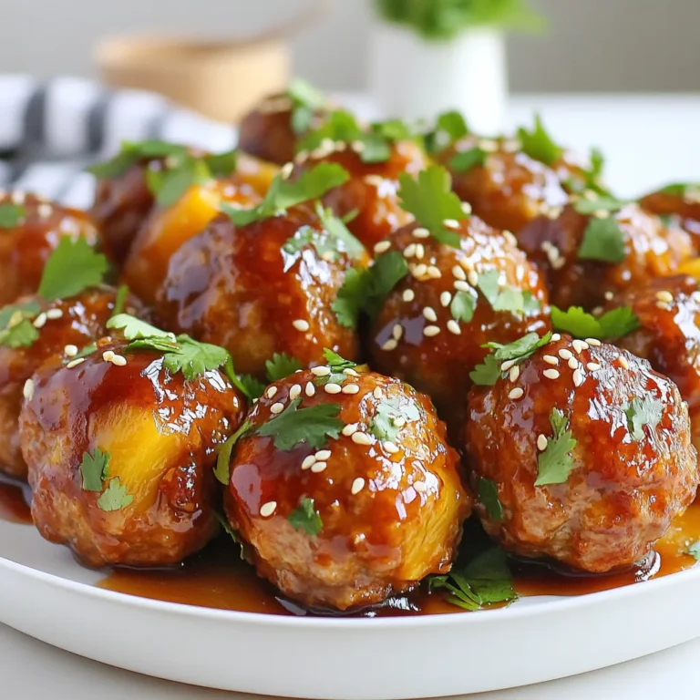 Für die Ananas Teriyaki Fleischbällchen brauchst du frische und schmackhafte Zutaten. Hier sind die Hauptbestandteile: - 450 g gemahlenes Hähnchen oder Pute - 125 ml Semmelbrösel - 60 ml fein gehackte Frühlingszwiebeln - 60 ml zerdrückte Ananas, gut abgetropft - 1 Ei - 2 Knoblauchzehen, fein gehackt - 1 Teelöffel frisch geriebener Ingwer Diese Zutaten bilden die Basis für die saftigen Fleischbällchen. Das Hähnchen oder die Pute geben den Fleischbällchen Struktur und Geschmack. Die Semmelbrösel helfen, die Mischung zusammenzuhalten. Für den besonderen Geschmack fügen wir auch einige Gewürze und Saucen hinzu: - 60 ml Teriyakisauce (plus zusätzlich zum Beträufeln) - Salz und Pfeffer nach Geschmack - Sesamkörner zum Garnieren - Frischer Koriander zum Garnieren (optional) Die Teriyakisauce sorgt für eine süßliche Note und einen herzhaften Umami-Geschmack. Sie ist das Herzstück dieses Rezepts. Qualität ist wichtig beim Kochen. Achte auf frische Zutaten. Wähle gutes Hähnchen oder Pute, die ohne Hormone oder Antibiotika aufgezogen wurden. Frische Frühlingszwiebeln und Ananas schmecken besser und geben mehr Aroma. Vermeide verarbeitete Lebensmittel, wo immer es geht. Bei der Teriyakisauce kann eine Marke mit natürlichen Zutaten den besten Geschmack bieten. Frische Kräuter wie Koriander verleihen den Fleischbällchen einen frischen Kick. {{ingredient_image_2}} Zuerst musst du alle Zutaten sammeln. Du brauchst: - 450 g gemahlenes Hähnchen oder Pute - 125 ml Semmelbrösel - 60 ml fein gehackte Frühlingszwiebeln - 60 ml zerdrückte Ananas, gut abgetropft - 1 Ei - 2 Knoblauchzehen, fein gehackt - 1 Teelöffel frisch geriebener Ingwer - 60 ml Teriyakisauce (plus zusätzlich zum Beträufeln) - Salz und Pfeffer nach Geschmack - Sesamkörner zum Garnieren - Frischer Koriander zum Garnieren (optional) Sorge dafür, dass die Ananas gut abgetropft ist. Das hilft, die Konsistenz der Fleischbällchen zu wahren. In einer großen Schüssel mischst du das gemahlene Hähnchen oder die Pute. Füge die Semmelbrösel, die Frühlingszwiebeln, die Ananas, das Ei, den Knoblauch, den Ingwer und 60 ml Teriyakisauce hinzu. Würze mit Salz und Pfeffer. Jetzt ist es wichtig, die Mischung sanft zu vermengen. Du möchtest die Fleischbällchen zart halten. Forme dann kleine Bällchen, etwa 2,5 cm im Durchmesser. Lege sie auf ein gefettetes Backblech. Heize den Ofen auf 200°C vor. Backe die Fleischbällchen 20-25 Minuten. Sie sind fertig, wenn sie goldbraun und durchgegart sind. Während die Fleischbällchen backen, erwärme die restliche Teriyakisauce in einem kleinen Topf. Nach dem Backen nimmst du die Bällchen aus dem Ofen. Lege sie auf eine Servierplatte und träufle die warme Sauce darüber. Zum Schluss garniere die Fleischbällchen mit Sesamkörnern und frischem Koriander, wenn du magst. Jetzt sind deine Ananas Teriyaki Fleischbällchen bereit zum Genießen! Ein häufiger Fehler ist, die Mischung zu stark zu bearbeiten. Das macht die Fleischbällchen fest. Du solltest die Zutaten sanft vermengen, sodass sie gut zusammenhalten. Achte darauf, die Ananas gut abzutropfen. Zu viel Flüssigkeit macht die Fleischbällchen matschig. Ein weiterer Fehler ist, die Garzeit nicht zu beachten. Halte dich an die 20-25 Minuten, um sie perfekt zu garen. Die ideale Temperatur für das Backen ist 200°C. Bei dieser Temperatur werden die Fleischbällchen goldbraun und gar. Stelle sicher, dass du sie in der Mitte des Ofens backst. So bekommst du eine gleichmäßige Hitze. Benutze ein Fleischthermometer, um die Innentemperatur zu prüfen. Sie sollte mindestens 75°C betragen, damit sie sicher zu essen sind. Um den Geschmack zu verbessern, kannst du mehr Gewürze hinzufügen. Zum Beispiel, etwas Sojasauce oder Honig für mehr Süße. Frische Kräuter wie Koriander oder Petersilie machen das Gericht lebendig. Du kannst auch geschnittene Paprika oder Zwiebeln in die Mischung geben. Das gibt extra Textur und Geschmack. Experimentiere, um deine perfekte Kombination zu finden! Pro Tipps Die richtige Konsistenz: Achten Sie darauf, die Mischung nicht zu stark zu bearbeiten, da dies die Fleischbällchen zäh machen kann. Mischen Sie die Zutaten nur, bis sie gerade so verbunden sind. Frische Zutaten: Verwenden Sie frische Frühlingszwiebeln und Ingwer für den besten Geschmack. Die Frische der Zutaten hebt die Aromen der Fleischbällchen hervor. Variationen: Experimentieren Sie mit verschiedenen Fleischsorten oder fügen Sie Gewürze wie Chili oder Koriander hinzu, um den Geschmack zu variieren und anzupassen. Serviervorschläge: Diese Fleischbällchen sind nicht nur köstlich, sondern auch vielseitig. Servieren Sie sie mit Reis, in Wraps oder als Teil eines Buffets für eine angenehme Abwechslung. {{image_4}} Wenn du das Rezept anpassen möchtest, gibt es viele Möglichkeiten. Du kannst auch Rindfleisch oder Schweinefleisch verwenden. Diese Optionen bringen neuen Geschmack. Probiere auch Truthahn oder Wildfleisch für eine andere Note. Denke daran, das Fleisch gut zu würzen. So bleibt der Geschmack stark und köstlich. Für eine vegetarische oder vegane Variante kannst du Tofu oder Tempeh nutzen. Zerdrücke den Tofu gut, um die Textur zu verbessern. Du kannst auch pflanzliches Hackfleisch verwenden. Achte darauf, vegane Teriyakisauce zu wählen. Diese Optionen sind gesund und leicht zuzubereiten. Die Sauce kann leicht verändert werden. Füge Ananassaft für mehr Süße hinzu. Chilisauce bringt einen scharfen Kick. Für die Garnierung kannst du auch Erdnüsse oder Frühlingszwiebeln verwenden. So wird das Gericht noch bunter und interessanter. Lass deiner Kreativität freien Lauf! Um die Ananas Teriyaki Fleischbällchen frisch zu halten, lege sie in einen luftdichten Behälter. Du kannst sie bis zu drei Tage im Kühlschrank aufbewahren. Stelle sicher, dass die Fleischbällchen vollständig abgekühlt sind, bevor du sie lagerst. So bleibt der Geschmack erhalten. Wenn du die Sauce separat aufbewahrst, bleibt sie länger frisch. Fleischbällchen lassen sich auch gut einfrieren. Platziere die abgekühlten Bällchen auf einem Backblech. Friere sie für etwa eine Stunde ein, bis sie fest sind. Danach kannst du die Fleischbällchen in einen gefrierfesten Beutel geben. So kannst du sie bis zu drei Monate lagern. Achte darauf, die Bällchen beschriften, damit du weißt, was drin ist. Um die Fleischbällchen aufzuwärmen, heize den Ofen auf 180°C vor. Lege die Bällchen auf ein Backblech und erwärme sie für 10 bis 15 Minuten. Du kannst sie auch in der Mikrowelle aufwärmen. Stelle die Mikrowelle auf mittlere Leistung und erhitze die Bällchen für 1 bis 2 Minuten. Gieße etwas Teriyakisauce darüber, um den Geschmack aufzufrischen. Die Fleischbällchen halten sich gut im Kühlschrank. Du kannst sie dort bis zu drei Tage aufbewahren. Lagere sie in einem luftdichten Behälter, um ihren Geschmack zu bewahren. Wenn du sie länger aufbewahren möchtest, empfehle ich, sie einzufrieren. So bleiben sie bis zu drei Monate frisch. Ja, du kannst die Teriyakisauce leicht selbst zubereiten! Mische einfach Sojasauce, Honig, Reisessig, Knoblauch und Ingwer. Koche die Mischung kurz auf, bis sie etwas eindickt. So hast du eine frische, hausgemachte Sauce, die noch besser schmeckt! Diese Fleischbällchen passen hervorragend zu verschiedenen Beilagen. Reis ist die beliebteste Wahl. Du kannst auch einen frischen Salat servieren. Eine bunte Gemüsepfanne oder gedämpftes Gemüse sind ebenfalls gute Optionen. Sie ergänzen die Aromen perfekt! Die Ananas Teriyaki Fleischbällchen sind einfach und lecker. Wir haben die besten Zutaten, Tipps zur Zubereitung und Variationen besprochen. Qualität zählt, um den besten Geschmack zu erzielen. Vermeide häufige Fehler, um perfekte Fleischbällchen zu machen. Du kannst auch kreativ sein und verschiedene Zutaten ausprobieren. Schließlich haben wir auch praktische Aufbewahrungsinfos gegeben, damit nichts verschwendet wird. Probiere es aus und genieße jede Biss!