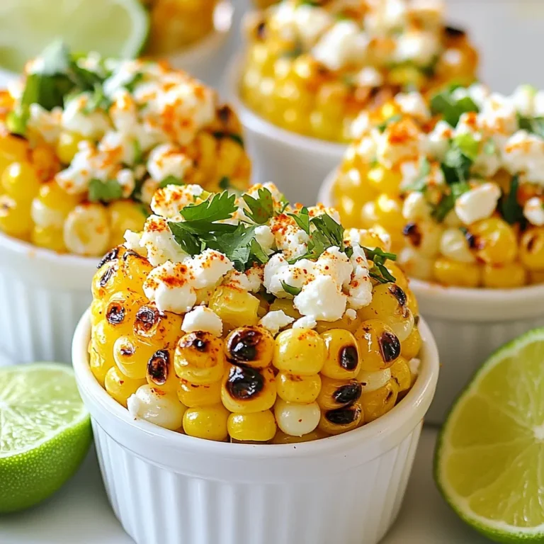 - 4 frische Maiskolben - 2 Esslöffel Olivenöl - 1 Teelöffel Chilipulver - 1 Teelöffel geräuchertes Paprikapulver - 1 Limette - Salz nach Geschmack - 1/4 Tasse zerbröckelter Feta-Käse (optional) - 1/4 Tasse gehackter frischer Koriander - Limettenscheiben zum Garnieren Um die besten Zesty Chili Lime Grilled Corn Cups zu machen, benötigen Sie einige frische, saftige Zutaten. Beginnen Sie mit vier frischen Maiskolben. Achten Sie darauf, die Maiskolben gut zu schälen. Das ist wichtig für den Grillprozess. Für die Marinade mischen Sie zwei Esslöffel Olivenöl mit einem Teelöffel Chilipulver und einem Teelöffel geräuchertem Paprikapulver. Diese Gewürze geben dem Mais einen tollen Geschmack. Pressen Sie eine Limette aus und fügen Sie den Saft zur Marinade hinzu. Sie können auch etwas Limettenschale für extra Frische hinzufügen. Salz können Sie nach Geschmack hinzufügen. Wenn Sie möchten, geben Sie etwas zerbröckelten Feta-Käse hinein. Dieser sorgt für eine cremige Note. Gehackter, frischer Koriander ist ein Muss für den frischen Geschmack. Vergessen Sie nicht, Limettenscheiben zum Garnieren bereitzustellen. Diese Zutaten sorgen für ein tolles Geschmackserlebnis. Sie bringen die Sonne auf jeden Grillabend! {{ingredient_image_2}} Zuerst heize den Grill auf mittlere bis hohe Hitze vor. Das sorgt für eine gute Röstung der Maiskolben. Während der Grill aufheizt, bereite die Marinade vor. Mische in einer kleinen Schüssel 2 Esslöffel Olivenöl, 1 Teelöffel Chilipulver, 1 Teelöffel geräuchertes Paprikapulver, den Saft und die Zeste von 1 Limette sowie Salz nach Geschmack. Rühre alles gut um, bis es gleichmäßig vermischt ist. Diese Marinade gibt deinem Grillgemüse einen tollen Geschmack. Nimm die 4 geschälten Maiskolben und bestreiche sie gleichmäßig mit der Marinade. Achte darauf, dass jeder Kolben gut bedeckt ist. Lege die Maiskolben direkt auf die Grillroste. Grill sie für etwa 10 bis 12 Minuten. Wende die Kolben gelegentlich, damit sie gleichmäßig garen. Du willst, dass die Körner zart sind und leicht angebrannt aussehen. Das gibt den Kolben ein rauchiges Aroma. Sobald die Maiskolben fertig sind, nimm sie vom Grill und lass sie kurz abkühlen. Schneide nun die Körner vorsichtig vom Kolben. Gib die Körner in eine große Rührschüssel. Füge den zerbröckelten Feta-Käse, wenn du ihn verwendest, und den gehackten Koriander hinzu. Mische alles vorsichtig, damit die Aromen sich gut vermengen. Jetzt kannst du die Mischung in kleine Becher oder Schüsseln löffeln. Garniere jede Portion mit frischem Koriander und einer Limettenscheibe. So sieht das Gericht noch einladender aus. - Grilltipps für gleichmäßige Röstung: Um die besten Ergebnisse zu erzielen, heizen Sie den Grill gut vor. Eine mittlere bis hohe Hitze sorgt dafür, dass die Maiskolben gleichmäßig garen. Legen Sie die Kolben direkt auf den Grillrost. Drehen Sie die Kolben alle paar Minuten. So erhalten Sie eine schöne Röstung und verhindern ein Anbrennen. - Wenden der Maiskolben zur optimalen Garung: Wenden Sie die Maiskolben alle zwei bis drei Minuten. So können alle Seiten gleichmäßig rösten. Achten Sie darauf, dass die Körner nicht zu dunkel werden. Wenn die Körner zart und leicht angebrannt sind, sind sie perfekt. - Feta-Käse weglassen oder ersetzen: Wenn Sie keinen Feta-Käse mögen, lassen Sie ihn einfach weg. Sie können auch einen anderen Käse verwenden, wie z.B. Cotija oder Parmesan. Diese Käse geben einen leckeren Geschmack. - Zusätzliche Gewürze für mehr Geschmack: Experimentieren Sie mit anderen Gewürzen! Fügen Sie Knoblauchpulver oder Kreuzkümmel hinzu für einen anderen Kick. Paprika oder Cayennepfeffer können ebenfalls hinzugefügt werden, um die Schärfe zu erhöhen. Pro Tipps Frischer Mais: Verwenden Sie frische Maiskolben für den besten Geschmack. Achten Sie darauf, dass die Körner fest und saftig sind. Marinade einziehen lassen: Für intensiveren Geschmack lassen Sie die Marinade mindestens 30 Minuten in den Mais einziehen, bevor Sie ihn grillen. Grilltemperatur: Stellen Sie sicher, dass der Grill gut vorgeheizt ist, um eine gleichmäßige Grillung und das beste Aroma zu erzielen. Serviervorschlag: Servieren Sie die Maisschalen warm und garnieren Sie sie mit extra Limettensaft für einen zusätzlichen Frischekick. {{image_4}} - Kühlschranklagerung: Bewahren Sie die Reste in einem luftdichten Behälter auf. So bleibt der Geschmack frisch. - Wie lange bleiben die Reste frisch?: Die Reste sind im Kühlschrank bis zu drei Tage haltbar. Nach dieser Zeit könnten sie an Geschmack verlieren. - Die besten Methoden zum Aufwärmen: Erhitzen Sie die Reste in einer Pfanne bei mittlerer Hitze. So bleibt die Textur knusprig. Alternativ können Sie die Reste in der Mikrowelle aufwärmen. Achten Sie darauf, sie in kurzen Intervallen zu erhitzen. - Serviervorschläge für Reste: Servieren Sie die Reste in Tortillas für leckere Wraps. Sie können auch frische Salsa oder Guacamole hinzufügen. Das gibt den Corn Cups einen neuen Geschmack! Für einen perfekten Grillabend passen viele Beilagen gut zu Zesty Chili Lime Grilled Corn Cups. Hier sind einige Ideen: - Gegrilltes Gemüse: Zucchini, Paprika und Auberginen sind ideal. - Brot: Knuspriges Baguette oder Fladenbrot ergänzt die Aromen. - Salate: Ein frischer grüner Salat oder ein Nudelsalat bieten einen tollen Kontrast. Bei den Getränken können Sie folgende Optionen wählen: - Limonade: Eine spritzige Limette-Limonade erfrischt und passt gut. - Eistee: Ein kalter Eistee mit Minze ist ebenfalls eine gute Wahl. - Bier: Ein helles Lagerbier oder ein fruchtiges Radler harmonieren perfekt. Die Präsentation Ihrer Zesty Chili Lime Grilled Corn Cups ist wichtig. Hier sind einige Tipps: - Verwendung von Schalen: Servieren Sie die Maisschalen in kleinen, bunten Schalen oder Bechern. - Garnierungen: Fügen Sie frischen Koriander und Limettenscheiben hinzu. Das sieht lebhaft und einladend aus. - Anrichten: Arrangieren Sie die Becher auf einem großen Tablett. So schaffen Sie eine schöne, einladende Atmosphäre. Eine ansprechende Präsentation macht das Essen noch mehr zum Erlebnis. Die Zubereitung dauert nur 25 Minuten. Die Vorbereitungszeit beträgt 10 Minuten. Das Grillen der Maiskolben dauert etwa 10-12 Minuten. So schnell haben Sie ein leckeres Gericht auf dem Tisch. Ja, Sie können die Maiskolben auch im Ofen grillen. Heizen Sie den Ofen auf 200 Grad Celsius vor. Legen Sie die mit Marinade bestrichenen Maiskolben auf ein Backblech. Grillen Sie sie dann etwa 20-25 Minuten, bis sie zart sind. Wenden Sie die Kolben nach der Hälfte der Zeit für eine gleichmäßige Röstung. Die Reste sollten in einem luftdichten Behälter im Kühlschrank aufbewahrt werden. So bleiben sie 3 bis 4 Tage frisch. Zum Aufwärmen können Sie die Maiskörner in der Mikrowelle oder in einer Pfanne erhitzen. Achten Sie darauf, sie nicht zu überhitzen, damit sie saftig bleiben. In diesem Blogbeitrag haben wir ein einfaches Rezept für Zesty Chili Lime Grilled Corn Cups besprochen. Wir haben die Haupt- und zusätzlichen Zutaten aufgelistet, die Schritt-für-Schritt-Anleitung zum Grillen gegeben und Tipps für perfekte Ergebnisse geteilt. Auch die Lagerung und Servierungsideen wurden behandelt. Egal, ob du einen Grillabend planst oder einfach nach einem neuen Snack suchst, dieses Rezept ist vielseitig und lecker. Probier es aus und genieße frischen Grillgeschmack!