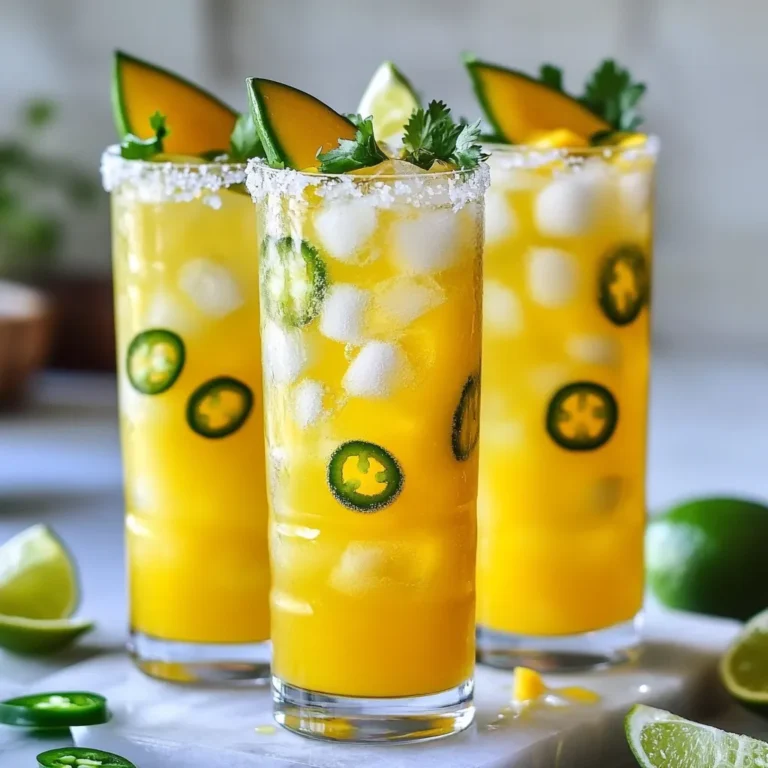 Für diesen erfrischenden Mocktail brauche ich einige Hauptzutaten. Hier sind sie: - 1 reife Mango, geschält und gewürfelt - 1 frische Jalapeño, in Scheiben geschnitten - 1 Tasse frischer Limettensaft (ca. 4-5 Limetten) - 2 Esslöffel Agavensirup oder Honig - 2 Tassen Sprudelwasser - Eiswürfel Die Mango bringt eine süße, fruchtige Note. Die Jalapeño fügt eine angenehme Schärfe hinzu. Limettensaft sorgt für frischen, sauren Geschmack. Der Agavensirup oder Honig sweetet nach Wunsch. Sprudelwasser macht den Drink spritzig. Um meinen Mocktail ansprechend zu gestalten, nutze ich einige optionale Zutaten: - Limettenschnitze für die Garnitur - Jalapeño-Scheiben für eine schöne Optik - Salz oder Tajín für den Rand der Gläser (optional) Die Dekoration ist wichtig. Sie macht jeden Drink besonders. Ein schöner Rand mit Salz oder Tajín gibt zusätzlichen Geschmack. Frische Zutaten sind der Schlüssel für ein gutes Getränk. Ich achte darauf, dass die Mango reif und süß ist. Sie sollte leicht weich sein, wenn ich sie drücke. Die Jalapeño sollte fest und grün sein. So kann ich die Schärfe gut kontrollieren. Limetten sollten saftig und hellgrün sein. Frisch gepresster Saft schmeckt immer besser. Wenn ich diese Tipps befolge, wird mein Mocktail ein Hit! {{ingredient_image_2}} Zuerst nimmst du eine reife Mango. Schäle sie und schneide sie in kleine Würfel. Gib die Mango in den Mixer. Füge die Hälfte der Jalapeño-Scheiben dazu. Denke daran, wie scharf du es magst. Dann presse 4 bis 5 Limetten aus. Gieße den Limettensaft in den Mixer. Jetzt kommt der Agavensirup oder Honig dazu. Mixe alles gut, bis es schön glatt ist. Nun ist es Zeit, die Mischung abzusieben. Nimm ein feines Sieb und stelle es über einen großen Krug. Gieße das Mangogemisch durch das Sieb. Drücke mit einem Spatel, um die Flüssigkeit herauszubekommen. So entfernst du Fruchtfleisch und Schale. Das macht deinen Mocktail schön glatt und frisch. Probiere die Mischung. Wenn es dir nicht süß genug ist, füge mehr Agavensirup hinzu. Nimm Gläser und fülle sie mit Eiswürfeln. Gieße die Mango-Jalapeño-Mischung bis etwa zwei Drittel voll in jedes Glas. Fülle die Gläser mit Sprudelwasser auf. Rühre vorsichtig um, damit alles gut vermischt ist. Möchtest du die Gläser verzieren? Reibe einen Limettenschnitz um den Rand. Tauche den Rand dann in Salz oder Tajín. Garniere die Gläser mit Limettenschnitzen und Jalapeño-Scheiben. So sieht dein Mocktail richtig toll aus! Du kannst die Schärfe ganz einfach anpassen. Benutze weniger Jalapeño, wenn du es mild magst. Probiere zuerst die Hälfte der Jalapeño-Scheiben. Püriere die Mischung und probiere sie. Füge nach Wunsch mehr Jalapeño hinzu. So kannst du deinen perfekten Schärfegrad finden. Die Süße macht den Mocktail lecker. Du kannst Agavensirup oder Honig verwenden. Beginne mit zwei Esslöffeln. Mische und probiere dann. Wenn du es süßer magst, füge mehr hinzu. Alternativ kannst du auch eine Banane pürieren. Diese gibt einen natürlichen süßen Geschmack. Die Präsentation macht viel aus. Rimme die Gläser mit Salz oder Tajín. Reibe einen Limettenschnitz um den Rand. Tauche dann in Salz oder Tajín. Füge Eiswürfel hinzu, um es kühl zu halten. Garniere mit Limettenschnitzen und Jalapeño-Scheiben. Das sieht toll aus und macht Lust auf mehr. Pro Tips Mango-Reife überprüfen: Achte darauf, eine reife Mango zu wählen, die leicht auf Druck nachgibt und einen süßen Duft verströmt. Das sorgt für den besten Geschmack in deinem Mocktail. Jalapeño-Schärfe anpassen: Beginne mit einer halben Jalapeño und füge nach Geschmack mehr hinzu. So kannst du die Schärfe perfekt an deine Vorlieben anpassen, ohne es zu übertreiben. Frische Limetten: Verwende frische Limetten für den Saft, denn dieser gibt deinem Mocktail die beste Aromenintensität. Vermeide Flaschenlimettensaft, da er oft Konservierungsstoffe enthält. Sprudelwasser-Variationen: Experimentiere mit verschiedenen Geschmäckern von Sprudelwasser, wie z.B. Zitrone oder Grapefruit, für zusätzliche Frische und Geschmack in deinem Mocktail. {{image_4}} Du kannst den Mango Jalapeño Mocktail leicht mit anderen Früchten variieren. Probiere Ananas für eine tropische Note. Erdbeeren bringen Süße und Farbe. Mit Pfirsichen erhältst du Frische und Geschmack. Diese Früchte harmonieren gut mit Mango und Jalapeño. Mische sie einfach im Mixer. Wenn du nach einer alkoholfreien Variante suchst, bleib bei den Zutaten aus dem Rezept. Du kannst Ginger Ale oder Tonic Water anstelle von Sprudelwasser verwenden. Das fügt einen interessanten Geschmack hinzu. Für zusätzliche Würze kannst du auch eine Prise Kreuzkümmel oder Paprika hinzufügen. Diese Gewürze bringen eine neue Dimension in deinen Mocktail. Für den Sommer füge frische Minze hinzu. Das sorgt für eine erfrischende Note. Im Herbst kannst du Zimt oder Muskatnuss verwenden. Diese Gewürze passen gut zur warmen Jahreszeit. Für Feiertage dekoriere die Gläser mit bunten Früchten. Das macht den Mocktail noch ansprechender. Nutze die Saison, um kreativ zu sein. Um den Mango Jalapeño Margarita Mocktail frisch zu halten, lagere ihn im Kühlschrank. Verwende einen luftdichten Behälter, um die Aromen zu bewahren. Der Mocktail bleibt bis zu zwei Tage frisch. Achte darauf, den Mocktail vor dem Servieren sanft umzurühren, da sich die Zutaten setzen können. Bewahre die frische Mango und Jalapeños in einem kühlen, trockenen Ort auf. Lagere die Limetten im Kühlschrank für zusätzliche Frische. Agavensirup und Honig können in der Speisekammer stehen, da sie lange haltbar sind. Sprudelwasser sollte ebenfalls kühl gelagert werden, um die Spritzigkeit zu erhalten. Frische Mango hat eine Haltbarkeit von etwa fünf bis sieben Tagen. Jalapeños bleiben eine Woche frisch, wenn sie gut verpackt sind. Limetten sind im Kühlschrank bis zu zwei Wochen haltbar. Achte darauf, die Zutaten regelmäßig zu prüfen, um die beste Qualität zu sichern. Um deinen Mocktail schärfer zu machen, füge mehr Jalapeño-Scheiben hinzu. Beginne mit der Hälfte einer frischen Jalapeño. Püriere sie mit der Mango und dem Limettensaft. Probiere die Mischung. Wenn du mehr Schärfe willst, füge zusätzliche Jalapeño-Scheiben hinzu und püriere erneut. Achte darauf, das Püree wieder abzusieben, um die Stücke zu entfernen. So bleibt die Textur schön glatt. Wenn du eine gesunde Alternative zu Agavensirup suchst, probiere Honig. Er ist natürlich und hat viele Vorteile. Du kannst auch Stevia verwenden, das kalorienarm ist. Ein weiterer guter Ersatz ist Kokosblütenzucker. Er hat einen niedrigeren glykämischen Index und gibt einen tollen Geschmack. Justiere die Menge nach deinem persönlichen Geschmack. Ja, du kannst den Mocktail mit Alkohol machen! Füge einen Schuss Tequila oder Wodka hinzu, um ihm einen Kick zu geben. Mische die Spirituosen nach dem Pürieren der Mango-Jalapeño-Mischung. Das gibt deinem Getränk eine neue Dimension und macht es perfekt für Partys. Achte darauf, die Menge zu probieren, damit es nicht zu stark wird. Der Mango Jalapeño Margarita Mocktail bietet frische und aufregende Aromen. Wir haben die Haupt- und optionalen Zutaten sowie Hinweise zur Auswahl frischer Zutaten besprochen. In der Schritt-für-Schritt-Anleitung habe ich erklärt, wie man die perfekte Mischung erhält und den Mocktail dekoriert. Nutzen Sie unsere Tipps zur Anpassung von Schärfe und Süße. Es gibt viele Variationen, die Sie ausprobieren können. Denken Sie daran, wie man die Zutaten richtig lagert, um die Frische zu bewahren. Experimentieren Sie mit diesem Mocktail und genießen Sie all seine Möglichkeiten!