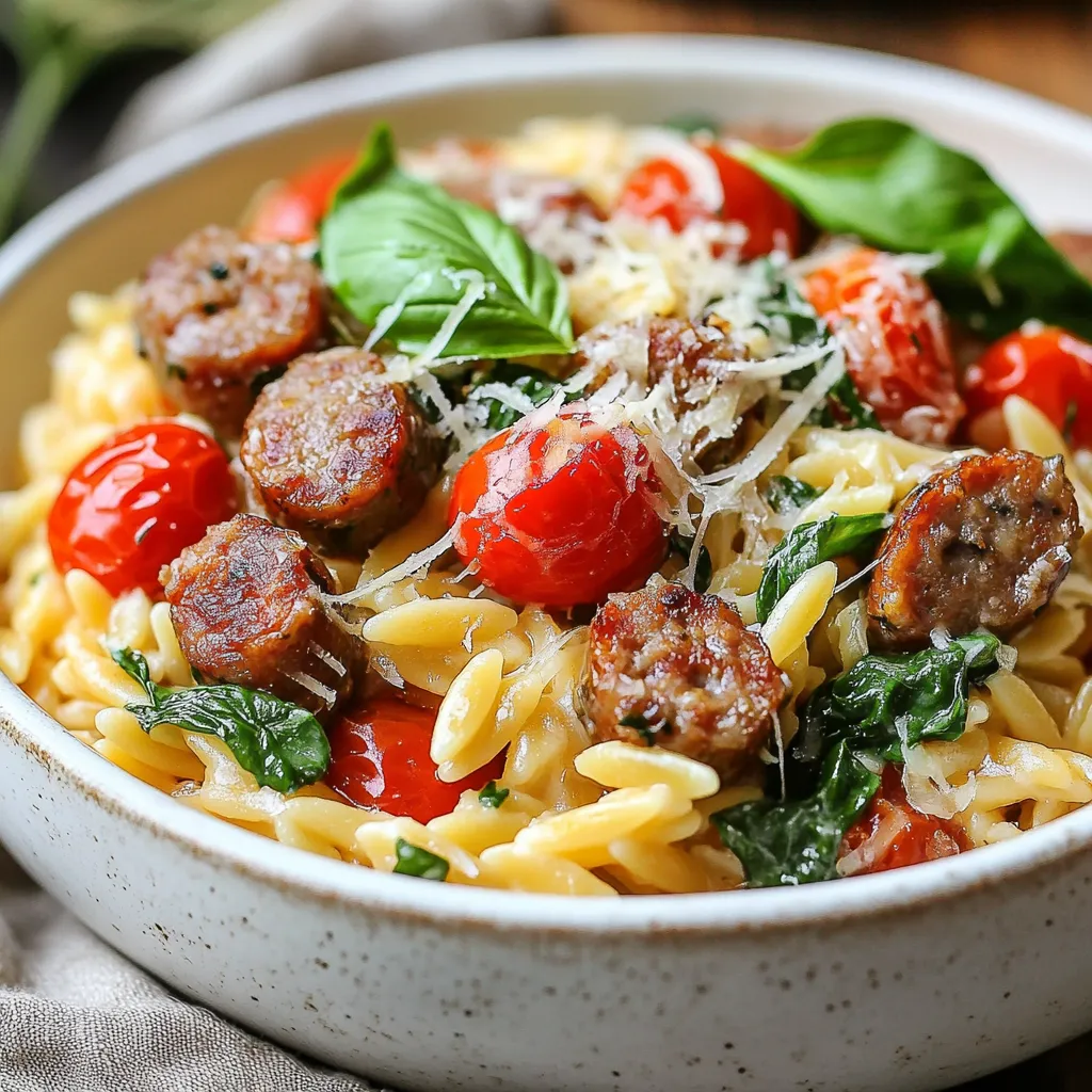 - 1 Tasse Orzo-Nudeln - 450 g italienische Wurst (mild oder scharf, ganz nach Wahl) - 2 Esslöffel Olivenöl - 3 Knoblauchzehen, fein gehackt - 1 Tasse Kirschtomaten, halbiert - 1 Tasse Blattspinat, grob gehackt - 1 Tasse Sahne - 120 g geriebener Parmesan - 1 Teelöffel italienische Gewürzmischung - Salz und Pfeffer nach Geschmack - Frische Basilikumblätter zur Garnitur Die Hauptzutaten sind einfach zu finden und machen das Gericht besonders lecker. Orzo-Nudeln sind klein und nehmen die Sauce gut auf. Die italienische Wurst gibt dem Gericht einen herzhaften Geschmack. Ich empfehle, frische Kirschtomaten zu verwenden. Sie sind saftig und süß. Blattspinat bringt Farbe und Nährstoffe in das Gericht. Parmesan sorgt für die cremige Konsistenz. - 2 Esslöffel Olivenöl - 1 Teelöffel italienische Gewürzmischung - Salz und Pfeffer nach Geschmack Olivenöl ist perfekt für die Zubereitung. Es verleiht dem Gericht einen reichen Geschmack. Die italienische Gewürzmischung bringt Aromen wie Oregano und Basilikum mit. Salz und Pfeffer sind wichtig, um die Aromen zu verstärken. Achten Sie darauf, die Gewürze nach Ihrem Geschmack anzupassen. Ich empfehle, entweder milde oder scharfe italienische Wurst zu wählen. Die milde Wurst gibt dem Gericht einen sanften Geschmack. Die scharfe Wurst bringt mehr Würze und Tiefe. Wenn Sie es besonders würzig mögen, probieren Sie die scharfe Variante. Achten Sie darauf, die Wurst gut zu braten. So bleibt sie saftig und entwickelt einen tollen Geschmack. {{ingredient_image_2}} Um die Orzo-Nudeln perfekt zuzubereiten, bringe zuerst einen großen Topf mit gesalzenem Wasser zum Kochen. Füge dann 1 Tasse Orzo-Nudeln hinzu. Koche sie gemäß den Anweisungen auf der Verpackung, bis sie al dente sind. Dies dauert etwa 8 bis 10 Minuten. Wenn die Nudeln fertig sind, gieße sie ab und stelle sie beiseite. Erhitze in einer großen Pfanne 2 Esslöffel Olivenöl bei mittlerer Hitze. Füge 450 g italienische Wurst hinzu, die du vorher in kleine Stücke zerbröckelt hast. Brate die Wurst etwa 5 bis 7 Minuten an, bis sie gut braun und durchgegart ist. Danach gib 3 fein gehackte Knoblauchzehen in die Pfanne. Sautiere den Knoblauch für 1 bis 2 Minuten, bis er duftet. Nun kommen 1 Tasse halbierte Kirschtomaten in die Pfanne. Brate alles zusammen für etwa 3 bis 4 Minuten, bis die Tomaten weich werden. Reduziere dann die Hitze auf niedrig und füge 1 Tasse grob gehackten Blattspinat, 1 Tasse Sahne und 120 g geriebenen Parmesan hinzu. Rühre alles gut um, bis der Spinat verwelkt und der Käse cremig ist. Würze die Sauce mit 1 Teelöffel italienischer Gewürzmischung, Salz und Pfeffer nach Geschmack. Gib nun die gekochten Orzo-Nudeln in die Pfanne. Mische alles gut durch, damit die Nudeln die cremige Sauce aufnehmen können. Lass alles für weitere 2 bis 3 Minuten erwärmen. Serviere das Gericht sofort und garniere es mit frischen Basilikumblättern. Dies gibt dem Gericht einen frischen Geschmack und sieht toll aus. Genießen! Um die perfekte Konsistenz des Orzo zu erreichen, koche die Nudeln in gesalzenem Wasser. Achte darauf, sie al dente zu garen. Das bedeutet, sie sollten weich, aber noch einen leichten Biss haben. Nach dem Kochen, gieße sie ab und lasse sie nicht im Wasser stehen. Dadurch wird die Konsistenz optimal. Wenn du die Orzo später in die Sauce gibst, nimmt sie die Aromen besser auf. Du kannst viele Variationen für dein Gericht ausprobieren. Ersetze die italienische Wurst durch Hähnchen oder Pute. Für eine vegetarische Option, verwende Pilze oder Zucchini. Füge auch andere Gemüsesorten wie Paprika oder Brokkoli hinzu. Experimentiere mit verschiedenen Käsesorten, wie Feta oder Gouda, um neuen Geschmack zu erzeugen. Wenn du Reste hast, bewahre sie in einem luftdichten Behälter auf. Stelle sicher, dass das Gericht vollständig abgekühlt ist, bevor du es in den Kühlschrank stellst. So bleibt es frisch. Du kannst die Reste bis zu drei Tage im Kühlschrank aufbewahren. Zum Aufwärmen, benutze eine Pfanne oder die Mikrowelle. Füge etwas Wasser oder Sahne hinzu, um die Cremigkeit wiederherzustellen. Pro Tipps Wurstwahl: Verwenden Sie eine Mischung aus milder und scharfer Wurst, um dem Gericht eine interessante Geschmacksdimension zu verleihen. Spinat frisch halten: Fügen Sie den Spinat erst am Ende hinzu, um seine leuchtende Farbe und zarte Textur zu bewahren. Perfekte Konsistenz: Passen Sie die Menge der Sahne an, um die gewünschte Cremigkeit zu erreichen; weniger Sahne für eine leichtere Sauce, mehr für eine reichhaltigere Textur. Basilikum-Aroma: Zerreißen Sie die Basilikumblätter von Hand, bevor Sie sie hinzufügen, um das Aroma freizusetzen. {{image_4}} Wenn Sie eine vegetarische Option wünschen, ersetzen Sie die Wurst durch Pilze oder Kichererbsen. Diese Zutaten geben dem Gericht einen tollen Geschmack. Auch geräucherter Tofu kann eine gute Wahl sein. Er fügt eine reichhaltige Textur hinzu. Verwenden Sie einfach die gleichen Schritte wie im Rezept, um die Orzo zu kochen. Fühlen Sie sich frei, mit anderen Zutaten zu experimentieren. Fügen Sie Paprika, Zucchini oder Erbsen hinzu. Diese Gemüse bringen Farbe und Nährstoffe. Auch frische Kräuter wie Petersilie oder Thymian passen gut. Sie verleihen dem Gericht zusätzliche Frische. Ein Spritzer Zitrone am Ende bringt einen schönen Kontrast zur Cremigkeit. Die Gewürze sind wichtig für den Geschmack. Passen Sie die italienische Gewürzmischung nach Ihrem Geschmack an. Mögen Sie es scharf? Fügen Sie rote Paprikaflocken hinzu. Wenn Sie es milder mögen, lassen Sie sie weg. Auch Knoblauchpulver oder Zwiebelpulver können eine interessante Note bringen. Experimentieren Sie, um Ihre perfekte Mischung zu finden. Um die Reste von cremiger toskanischer Orzo mit Wurst richtig zu lagern, benötigen Sie einen luftdichten Behälter. Lassen Sie das Gericht zuerst auf Raumtemperatur abkühlen. Füllen Sie dann den Behälter und verschließen Sie ihn gut. So bleibt Ihre Orzo frisch und schmackhaft. Beim Aufwärmen der Orzo ist es wichtig, die Speisen gleichmäßig zu erhitzen. Nutzen Sie eine Pfanne oder die Mikrowelle. In der Pfanne können Sie etwas Wasser oder Sahne hinzufügen. Dies verhindert, dass die Orzo austrocknet. Erhitzen Sie es langsam bei niedriger Hitze. In der Mikrowelle erwärmen Sie es in kurzen Intervallen. Rühren Sie zwischendurch um, damit alles gleichmäßig warm wird. Im Kühlschrank bleibt die Orzo etwa 3 bis 4 Tage frisch. Lagern Sie sie in einem luftdichten Behälter. Wenn Sie die Orzo länger aufbewahren möchten, können Sie sie auch einfrieren. Im Gefrierschrank hält sie bis zu 2 Monate. Achten Sie darauf, die Orzo in Portionen zu verpacken, damit Sie nur das auftauen, was Sie benötigen. Orzo ist eine kleine, reisähnliche Pasta. Um Orzo selbst zu machen, benötigst du nur Mehl, Wasser und etwas Salz. Mische 1 Tasse Mehl mit 1/3 Tasse Wasser und einer Prise Salz. Knete den Teig, bis er glatt ist. Rolle ihn aus und schneide ihn in kleine Stücke. Koche die Stücke dann in gesalzenem Wasser für 3-5 Minuten, bis sie weich sind. Dies ist eine einfache und spaßige Art, frische Orzo zu machen. Ja, gefrorenes Gemüse eignet sich gut für dieses Rezept. Es spart Zeit und ist oft frischer als im Laden gekauftes Gemüse. Verwende gefrorenen Spinat oder gefrorene Kirschtomaten, ohne sie vorher aufzutauen. Füge sie einfach direkt zur Pfanne hinzu, wenn du die anderen Zutaten vermischst. So bleibt der Geschmack frisch und lecker. Die gesamte Zubereitung für cremige toskanische Orzo mit Wurst dauert etwa 25 Minuten. Du benötigst 10 Minuten für die Vorbereitung und 15 Minuten zum Kochen. Diese schnelle Zeit macht das Gericht perfekt für ein schnelles Abendessen unter der Woche. Du kannst auch mehr Zeit einplanen, falls du das Rezept mit Freunden oder Familie teilen möchtest. Zusammengefasst haben wir die Zutaten, die Zubereitung, Tipps und Lagerung von Orzo-Rezepten behandelt. Ich hoffe, du fühlst dich inspiriert, Orzo selbst zu machen. Denke daran, dass du mit den Gewürzen spielen und das Rezept anpassen kannst. Variationen vermeiden Langeweile. Denke auch an die richtige Lagerung für die Reste. Auf diese Weise bleibt dein Gericht frisch und lecker. Viel Spaß beim Kochen!
