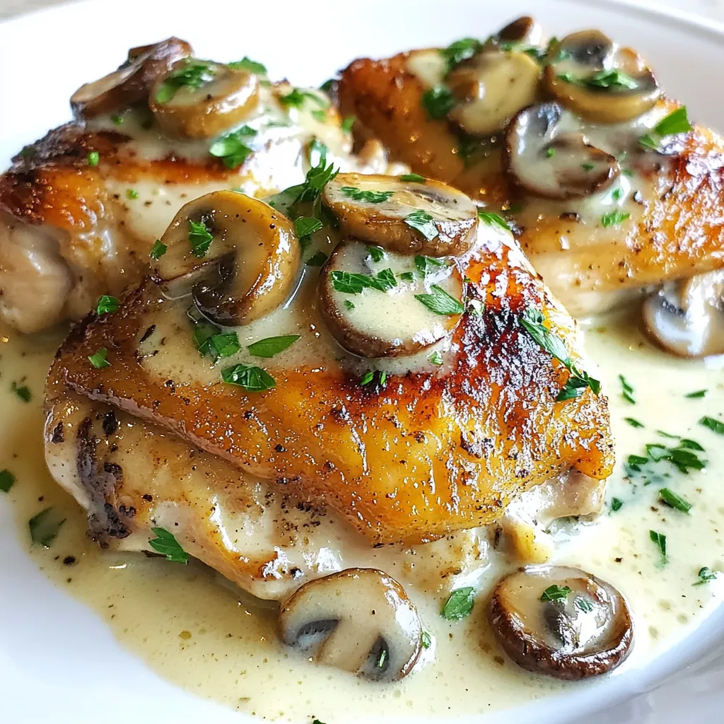 Für cremige Champignon-Hähnchenschenkel benötigst du frische und einfache Zutaten. Hier sind die Hauptzutaten, die du brauchst: - 4 Hähnchenschenkel mit Knochen und Haut - 1 Tasse Champignons (cremini oder weiße Champignons), in Scheiben geschnitten - 1 Tasse Sahne - 1 Tasse Hühnerbrühe - 2 Esslöffel Olivenöl - 2 Knoblauchzehen, gehackt - 1 Zwiebel, fein gehackt - 1 Teelöffel getrockneter Thymian - Salz und Pfeffer nach Geschmack - Frische Petersilie, gehackt (zum Garnieren) Diese Zutaten bilden die Basis für ein herzhaftes Gericht. Die Hähnchenschenkel sorgen für saftiges Fleisch, während die Champignons einen reichen, erdigen Geschmack hinzufügen. Die Gewürze sind der Schlüssel zu einem guten Geschmack. Salz und Pfeffer helfen, die natürlichen Aromen der Hähnchenschenkel hervorzuheben. Der getrocknete Thymian bringt eine aromatische Note ins Spiel. Der Knoblauch und die Zwiebel fügen Tiefe und Süße hinzu. Diese Gewürze und Aromen machen das Gericht besonders lecker. Du kannst verschiedene Beilagen zu deinem cremigen Gericht servieren. Hier sind einige Ideen: - Reis oder Quinoa: Diese Beilagen nehmen die Sauce gut auf und sind sättigend. - Gedünstetes Gemüse: Brokkoli oder grüne Bohnen passen gut und bringen Farbe auf den Teller. - Kartoffelpüree: Eine cremige Beilage, die gut mit der Sauce harmoniert. Diese Beilagen ergänzen die cremigen Champignon-Hähnchenschenkel perfekt und bieten eine ausgewogene Mahlzeit. {{ingredient_image_2}} Zuerst müssen Sie die Hähnchenschenkel würzen. Nehmen Sie Salz und Pfeffer. Streuen Sie diese Gewürze großzügig auf beide Seiten des Hähnchens. Dies bringt den Geschmack hervor. Lassen Sie das Hähnchen kurz ruhen, während Sie die Pfanne vorbereiten. Erhitzen Sie das Olivenöl in einer großen Pfanne. Stellen Sie die Hitze auf mittelhoch. Legen Sie die Hähnchenschenkel mit der Hautseite nach unten in die Pfanne. Braten Sie sie für etwa 5-7 Minuten an, bis sie goldbraun sind. Wenden Sie das Hähnchen und braten Sie die andere Seite für weitere 5 Minuten. Nehmen Sie das Hähnchen dann aus der Pfanne und legen Sie es beiseite. Senken Sie die Hitze auf mittlere Stufe. Fügen Sie die gehackte Zwiebel in die Pfanne hinzu. Sauté für 3-4 Minuten, bis sie durchsichtig ist. Geben Sie den gehackten Knoblauch und die geschnittenen Champignons dazu. Braten Sie alles für weitere 5 Minuten, bis die Champignons weich sind. Gießen Sie die Hühnerbrühe in die Pfanne. Kratzen Sie den Boden, um alle gebräunten Stücke zu lösen. Rühren Sie die Sahne und den getrockneten Thymian ein. Schmecken Sie die Sauce mit Salz und Pfeffer ab. Legen Sie die Hähnchenschenkel wieder in die Pfanne, mit der Hautseite nach oben. Lassen Sie das Gericht bei schwacher Hitze köcheln und decken Sie die Pfanne ab. Kochen Sie die Schenkel für etwa 25-30 Minuten, bis das Hähnchen durchgegart und zart ist. Nehmen Sie die Pfanne vom Herd, wenn das Hähnchen fertig ist. Lassen Sie das Gericht eine Minute ruhen. Vor dem Servieren garnieren Sie es mit frischer, gehackter Petersilie. Die Sauce ist das Herzstück dieses Gerichts. Um sie perfekt zu machen, lassen Sie die Hühnerbrühe und die Sahne sanft köcheln. Dadurch verbinden sich die Aromen gut. Vergessen Sie nicht, den Boden der Pfanne abzukratzen. Das gibt zusätzlichen Geschmack. Fügen Sie die Sahne langsam hinzu, um die gewünschte Cremigkeit zu erreichen. Probieren Sie die Sauce und passen Sie die Gewürze nach Ihrem Geschmack an. Ein häufiger Fehler ist, das Hähnchen zu lange zu braten. Das führt zu trockenem Fleisch. Achten Sie darauf, dass das Hähnchen goldbraun und knusprig ist, aber nicht zu dunkel. Ein weiterer Fehler ist, die Sauce zu stark zu kochen. Zuviel Hitze kann die Cremigkeit ruinieren. Lassen Sie die Sauce lieber bei schwacher Hitze köcheln. So bleiben die Aromen frisch und lecker. Sie können die Hähnchenschenkel im Voraus würzen. Lassen Sie sie über Nacht im Kühlschrank marinieren. Das verbessert den Geschmack. Auch die Champignons und Zwiebeln können Sie am Vortag schneiden. Wenn Sie bereit sind zu kochen, geht alles viel schneller. Bereiten Sie die Sauce vor und lassen Sie sie abkühlen. So können Sie sie später einfach wieder aufwärmen. Pro Tipps Hähnchen marinieren: Lassen Sie die Hähnchenschenkel vor dem Braten für mindestens 30 Minuten in der Marinade aus Öl, Salz, Pfeffer und Thymian ziehen, um die Aromen zu intensivieren. Champignons richtig anbraten: Achten Sie darauf, die Champignons nicht zu überfüllen, damit sie schön bräunen und nicht dämpfen. Braten Sie sie in kleinen Portionen an, wenn nötig. Die Sauce verfeinern: Für eine noch reichhaltigere Sauce können Sie einen Schuss Weißwein hinzufügen, während Sie die Brühe eingießen. Garnieren für Farbe: Frische Kräuter wie Petersilie oder Thymian verleihen dem Gericht nicht nur Farbe, sondern auch zusätzlichen Geschmack. Streuen Sie sie kurz vor dem Servieren darüber. {{image_4}} Wenn Sie die Champignons variieren möchten, probieren Sie verschiedene Pilzarten aus. Shiitake-Pilze bringen einen tiefen, umami-reichen Geschmack. Portobello-Pilze sind groß und fleischig, perfekt für eine herzhaftere Mahlzeit. Austernpilze haben einen sanften, süßen Geschmack und passen gut zu Hähnchen. Verwenden Sie gerne, was Ihnen gefällt. Für einen extra cremigen Geschmack können Sie Mascarpone oder Frischkäse hinzufügen. Diese Zutaten machen die Sauce besonders reichhaltig. Eine Prise geriebener Parmesan verstärkt den Käsegeschmack zusätzlich. Für eine noch cremigere Konsistenz verwenden Sie mehr Sahne. Experimentieren Sie mit verschiedenen Milchprodukten, um die perfekte Balance zu finden. Suchen Sie nach Low-Carb-Optionen? Ersetzen Sie die Sahne durch Kokosmilch für einen neuen Geschmack. Blumenkohlreis ist eine tolle Beilage, die gut zu den Hähnchenschenkeln passt. Statt Hühnerbrühe können Sie Gemüsebrühe verwenden. Dies reduziert die Kohlenhydrate und bleibt trotzdem schmackhaft. Um die Reste der cremigen Champignon-Hähnchenschenkel frisch zu halten, lade sie in einen luftdichten Behälter. Stelle sicher, dass die Reste vollständig abgekühlt sind, bevor du sie verpackst. Du kannst die Reste bis zu drei Tage im Kühlschrank aufbewahren. Wenn du mehr Zeit brauchst, kannst du die Reste auch einfrieren. Um die Reste aufzuwärmen, lege sie in eine Pfanne oder in die Mikrowelle. Füge etwas Hühnerbrühe oder Sahne hinzu. Dies hilft, die Sauce wieder cremig zu machen. Erhitze die Reste bei mittlerer Hitze in der Pfanne oder in der Mikrowelle, bis sie warm sind. Achte darauf, nicht zu lange zu erhitzen, damit das Hähnchen nicht trocken wird. Im Kühlschrank halten die Reste bis zu drei Tage. Im Gefrierschrank sind sie bis zu drei Monate haltbar. Wenn du die Reste einfrierst, achte darauf, sie gut zu verpacken. Verwende am besten einen gefrierfesten Behälter oder einen Gefrierbeutel. So bleiben die Aromen und die Textur besser erhalten. Die Zubereitung dauert etwa 45 Minuten. Davon sind 10 Minuten für die Vorbereitung und 35 Minuten für das Kochen. Ich finde es wichtig, alles bereit zu haben, bevor du anfängst. So kannst du die Schritte flüssig umsetzen und das Gericht genießen. Ja, du kannst das Rezept ohne Sahne zubereiten. Statt Sahne kannst du auch griechischen Joghurt verwenden. Das macht die Sauce leichter, aber immer noch cremig. Du kannst auch pflanzliche Milch oder Kokosmilch ausprobieren, wenn du eine vegane Option suchst. Wenn du Hähnchenschenkel nicht magst, kannst du Hähnchenbrust verwenden. Sie sind magerer und brauchen weniger Kochzeit. Du kannst auch Putenkeulen oder sogar Tofu für eine vegetarische Variante nehmen. Achte darauf, die Garzeit anzupassen. Zu cremigen Champignon-Hähnchenschenkeln passen viele Beilagen. Reis oder Kartoffelpüree ergänzen die Sauce perfekt. Auch gedünstetes Gemüse wie Brokkoli oder grüne Bohnen sind lecker. Ein frischer Salat bietet einen schönen Kontrast zu den cremigen Aromen. In diesem Artikel haben wir die wichtigen Zutaten und die einfache Zubereitung von cremigen Champignon-Hähnchenschenkeln behandelt. Ich habe auch Tipps gegeben, um die Sauce zu perfektionieren und häufige Fehler zu vermeiden. Variationen wie alternative Pilze und Low-Carb-Optionen erweitern das Rezept. Zuletzt habe ich Hinweise zum Lagern und Aufwärmen von Resten gegeben. Kochrezepte sollten Freude bringen. Ich hoffe, du probierst dieses Gericht bald aus!