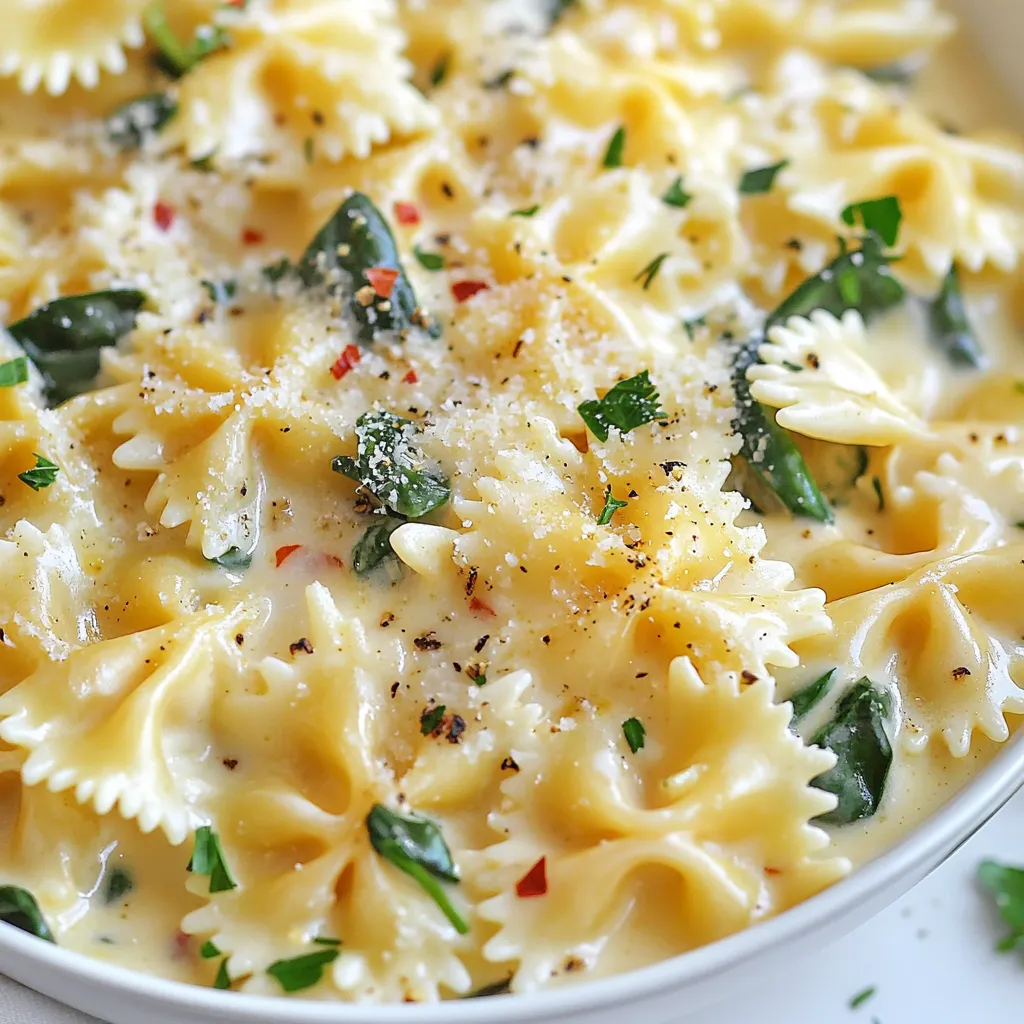 - 340 g Farfalle-Pasta - 60 g ungesalzene Butter - 100 g frisch geriebener Parmesan - 6 Knoblauchzehen, fein gehackt - 1 Teelöffel italienische Gewürzmischung - Salz und schwarzer Pfeffer nach Geschmack - 100 g Babyspinat - ¼ Tasse frisch gehackte Petersilie - Optional: zerstoßene rote Pfefferflocken für Schärfe Jede Zutat in diesem Rezept spielt eine wichtige Rolle. Die Farfalle-Pasta gibt dem Gericht seine Form und Struktur. Die ungesalzene Butter sorgt für einen reichen Geschmack. Frisch geriebener Parmesan bringt die perfekte Cremigkeit in die Sauce. Knoblauch ist das Herzstück dieses Gerichts. Er verleiht der Pasta einen intensiven Geschmack. Die italienische Gewürzmischung fügt eine aromatische Note hinzu. Salz und Pfeffer helfen, alles auszubalancieren. Zusätzlich bringt der Babyspinat Farbe und Nährstoffe. Frisch gehackte Petersilie sorgt für Frische und einen schönen Farbkontrast. Wenn Sie es schärfer mögen, fügen Sie zerstoßene rote Pfefferflocken hinzu. {{ingredient_image_2}} Zuerst bringe einen großen Topf mit gesalzenem Wasser zum Kochen. Füge die Farfalle-Pasta hinzu. Koche sie gemäß den Anweisungen auf der Verpackung, bis sie al dente sind. Das bedeutet, dass sie noch etwas Biss haben sollten. Bevor du die Pasta abgießt, hebe eine Tasse des Pasta-Wassers auf. Dieses Wasser ist ein Geheimtipp für die Sauce. Es hilft, die Konsistenz später anzupassen. Während die Pasta kocht, erhitze eine große Pfanne bei mittlerer Hitze. Schmelze die ungesalzene Butter in der Pfanne. Füge den fein gehackten Knoblauch hinzu und brate ihn 1-2 Minuten an. Achte darauf, dass der Knoblauch nicht verbrennt. Wenn er zu dunkel wird, wird er bitter. Rühre den Knoblauch regelmäßig um, damit er gleichmäßig bräunt. Nun reduziere die Hitze auf niedrig. Gieße die Schlagsahne in die Pfanne und rühre gut um. Füge dann nach und nach den frisch geriebenen Parmesan hinzu. Rühre weiter, bis der Käse schmilzt und die Sauce schön cremig wird. Die italienische Gewürzmischung, Salz und Pfeffer kommen jetzt dazu. Schmecke die Sauce ab und passe sie an. Jetzt ist es Zeit, die gekochte Farfalle in die cremige Sauce zu geben. Mische alles gut durch, sodass die Pasta gleichmäßig mit der Sauce bedeckt ist. Wenn die Sauce zu dick ist, füge langsam etwas von dem aufbewahrten Pasta-Wasser hinzu. Rühre weiter, bis du die gewünschte Konsistenz erreicht hast. Füge den Babyspinat zur Pasta und Sauce hinzu. Rühre ihn vorsichtig unter, bis er leicht zusammenfällt. Dies dauert nur ein bis zwei Minuten. Danach kommen die frisch gehackte Petersilie und andere Kräuter ins Spiel. Sie geben dem Gericht zusätzlichen Geschmack und Frische. Jetzt kommt der letzte Schritt: Abschmecken! Probiere die Pasta und passe die Gewürze an. Du kannst mehr Salz, Pfeffer oder sogar zerstoßene rote Pfefferflocken für einen scharfen Kick hinzufügen. Serviere die cremige Knoblauch-Farfalle in tiefen Tellern. Garniere sie mit frisch geriebenem Parmesan und etwas Petersilie. Das sieht nicht nur gut aus, sondern schmeckt auch himmlisch! Um klebrige Pasta zu vermeiden, folge diesen Tipps: - Koche die Farfalle in einem großen Topf. - Verwende reichlich Wasser. Ein Liter Wasser pro 100 g Pasta ist ideal. - Gib genug Salz ins Wasser. Etwa einen Esslöffel pro Liter sollte reichen. Das sorgt dafür, dass die Pasta gut schmeckt und nicht klebrig wird. Die Cremigkeit der Sauce kannst du anpassen: - Für eine dickere Sauce, mehr Parmesan hinzufügen. - Möchtest du eine leichtere Sauce, nimm weniger Sahne oder verwende Milch. Wenn du andere Käsesorten ausprobieren möchtest: - Probiere Gouda oder Mozzarella für einen anderen Geschmack. - Diese Käsesorten schmelzen gut und geben einen tollen Geschmack. Die Präsentation macht viel aus: - Serviere die Pasta in tiefen Tellern. - Achte darauf, dass die Sauce schön gleichmäßig verteilt ist. Für die Garnierung: - Streue frischen Parmesan oben drauf. - Füge einige Blätter Petersilie hinzu. Das sieht frisch aus und bringt Farbe ins Gericht. Das Auge isst mit! Pro Tipps Verwenden Sie frischen Knoblauch: Frischer Knoblauch sorgt für einen intensiveren und aromatischeren Geschmack im Gericht. Achten Sie darauf, ihn nicht zu lange zu braten, damit er nicht bitter wird. Parmesan richtig hinzufügen: Fügen Sie den Parmesan langsam zur Sauce hinzu, während Sie ständig rühren. Dies verhindert Klumpenbildung und sorgt für eine gleichmäßige, cremige Konsistenz. Pasta al dente kochen: Kochen Sie die Farfalle al dente, da sie beim Mischen mit der Sauce noch etwas nachgaren. Dies trägt zur perfekten Textur des Gerichts bei. Variationen hinzufügen: Experimentieren Sie mit zusätzlichen Zutaten wie getrockneten Tomaten oder Pilzen, um das Gericht nach Ihrem Geschmack zu variieren und noch mehr Aromen hinzuzufügen. {{image_4}} Du kannst deine cremige Knoblauch-Farfalle mit Gemüse aufpeppen. Brokkoli und Zucchini sind tolle Optionen. Sie bringen Farbe und Nährstoffe mit. Wenn du Brokkoli verwendest, koche ihn einfach für 3-4 Minuten. Zucchini braucht nur 2-3 Minuten. So bleiben sie knackig und frisch. Füge das Gemüse während der letzten Minuten der Pasta-Kochzeit hinzu. Das spart dir Zeit und macht das Gericht bunter. Möchtest du mehr Eiweiß? Füge Hähnchen oder Garnelen hinzu. Für Hähnchen brate es zuerst in der Pfanne an. Schneide es in kleine Stücke. Du kannst das Hähnchen mit dem Knoblauch anbraten. So wird es aromatisch. Garnelen sind auch eine schnelle Wahl. Diese brauchst du nur 3-4 Minuten anbraten, bis sie rosa sind. Beide Optionen machen dein Gericht sättigender und lecker. Wenn du eine vegane Version machen möchtest, gibt es einfache Tricks. Ersetze die Butter durch Olivenöl. Statt Sahne kannst du pflanzliche Sahne verwenden. Auch Cashew-Creme ist eine gute Wahl. Verwende dann Hefeflocken anstelle von Parmesan. So bekommst du einen ähnlichen Geschmack. Diese Änderungen sind einfach und machen das Gericht für alle zugänglich. Um die Reste deiner cremigen Knoblauch-Farfalle zu lagern, lege sie in einen luftdichten Behälter. So bleiben sie frisch. Du kannst die Pasta bis zu drei Tage im Kühlschrank aufbewahren. Für längere Lagerung friere die Reste in einem gefrierfesten Behälter ein. So bleibt die Pasta bis zu drei Monate gut. Wenn du die Reste aufwärmen möchtest, gibt es einige sichere Methoden. Du kannst die Pasta in der Mikrowelle oder in einer Pfanne erhitzen. Füge etwas Wasser oder Brühe hinzu, damit sie nicht austrocknet. Achte darauf, die Pasta bei mittlerer Hitze zu erwärmen. So bleibt sie saftig und lecker. Wenn du das Gericht im Voraus zubereiten möchtest, koche die Pasta und bereite die Sauce getrennt vor. Du kannst beides im Kühlschrank lagern. Vor dem Servieren kombinierst du die Pasta und die Sauce. So bleibt die Pasta frisch und die Sauce cremig. Dies spart Zeit beim Servieren und sorgt für einen schnellen Genuss. Die gesamte Zubereitungszeit beträgt nur 25 Minuten. Davon sind 10 Minuten für die Vorbereitung nötig. Diese Zeit reicht, um alle Zutaten zusammenzustellen und die Pasta zu kochen. Die restlichen 15 Minuten gehen für das Anbraten des Knoblauchs und die Zubereitung der Sauce drauf. Ja, du kannst die Pasta im Voraus zubereiten. Koche die Farfalle und lasse sie abkühlen. Bewahre sie in einem luftdichten Behälter im Kühlschrank auf. So bleibt sie frisch für bis zu drei Tage. Wenn du bereit bist zu essen, einfach die Sauce zubereiten und die Pasta hinzufügen. Wenn die Sauce zu dick ist, füge einfach etwas von dem aufbewahrten Pasta-Wasser hinzu. Rühre gut um, bis die gewünschte Konsistenz erreicht ist. Das Wasser hilft, die Sauce cremig und geschmeidig zu halten, ohne den Geschmack zu beeinträchtigen. Ja, du kannst andere Käsesorten verwenden. Parmesan gibt einen tollen Geschmack, aber du kannst auch Pecorino oder Grana Padano ausprobieren. Diese Käsesorten haben einen ähnlichen Geschmack und schmelzen gut in der Sauce. Ja, dieses Rezept ist ideal für Meal Prep. Du kannst die Pasta und die Sauce getrennt lagern. So bleibt alles frisch und lecker. Wenn du bereit bist zu essen, einfach beides zusammen erwärmen und genießen. Das spart Zeit und Aufwand an einem hektischen Tag. Das Rezept für cremige Knoblauch-Farfalle ist einfach und lecker. Wir haben die Hauptzutaten wie Farfalle-Pasta, Butter und Parmesan besprochen. Auch die Gewürze wie Knoblauch und italienische Mischung spielen eine große Rolle. Ich gab dir Schritt-für-Schritt-Anleitungen und viele nützliche Tipps. Du kannst das Gericht mit Gemüse oder Proteinen anpassen. Vergiss nicht, die Reste gut zu lagern oder sogar vorzuheben. Mit diesem Wissen wirst du die Pasta wie ein Profi zubereiten!