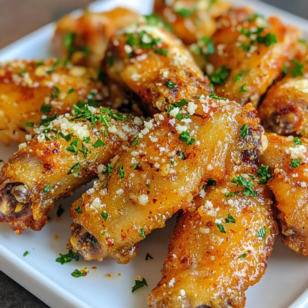 Um knusprige Garlic Parmesan Chicken Wings zu machen, benötigen Sie: - 900 g Hähnchenflügel, gereinigt - 60 ml ungesalzene Butter, geschmolzen - 6 Zehen Knoblauch, fein gehackt - 120 g geriebener Parmesan-Käse - 2 Esslöffel frische Petersilie, gehackt - 1 Teelöffel Knoblauchpulver - 1 Teelöffel Zwiebelpulver - 1/2 Teelöffel schwarzer Pfeffer - 1/2 Teelöffel Salz - 1/4 Teelöffel zerstoßene rote Paprikaflocken (optional) Wählen Sie frische Hähnchenflügel für den besten Geschmack. Achten Sie darauf, dass die Butter ungesalzen ist. So haben Sie die Kontrolle über die Salzigkeit des Gerichts. Verwenden Sie frischen Knoblauch für ein intensives Aroma. Der Parmesan sollte frisch gerieben sein, damit er besser schmilzt und haftet. Für eine gesündere Variante können Sie die Butter durch Olivenöl ersetzen. Wenn Sie keinen Parmesan mögen, probieren Sie Pecorino oder einen anderen Hartkäse. Für mehr Schärfe können Sie frische Chilis in die Mischung geben. Veganer können die Flügel durch Blumenkohl ersetzen und eine pflanzliche Butter verwenden. {{ingredient_image_2}} Heize deinen Ofen auf 200°C vor. Während der Ofen warm wird, lege zwei Backbleche mit Backpapier aus. Das Backpapier hilft, die Flügel knusprig zu machen und das Blech sauber zu halten. In einer großen Schüssel vermenge die geschmolzene Butter mit dem fein gehackten Knoblauch. Füge das Knoblauchpulver, das Zwiebelpulver, den schwarzen Pfeffer und das Salz hinzu. Wenn du es scharf magst, kannst du auch die zerstoßenen roten Paprikaflocken beifügen. Rühre alles gut um, bis eine gleichmäßige Mischung entsteht. Gib die gereinigten Hähnchenflügel in die Schüssel mit der Knoblauch-Butter-Mischung. Wende die Flügel gründlich, bis sie überall gut bedeckt sind. Achte darauf, dass jeder Flügel die Mischung gut aufnimmt. Lege die marinierten Flügel in einer einzigen Schicht auf die vorbereiteten Backbleche. Backe die Flügel für 40-45 Minuten, bis sie goldbraun und knusprig sind. Wende sie nach der Hälfte der Zeit, um eine gleichmäßige Bräunung zu erzielen. Die perfekte Backzeit für Hähnchenflügel ist zwischen 40 und 45 Minuten. Ich empfehle, den Ofen auf 200°C vorzuheizen. Diese Temperatur sorgt dafür, dass die Flügel gleichmäßig garen und eine schöne Farbe bekommen. Wenden Sie die Flügel nach der Hälfte der Zeit. So werden sie von allen Seiten knusprig und goldbraun. Um die Flügel knusprig zu machen, ist das richtige Fett wichtig. Ich benutze ungesalzene Butter, um den Geschmack zu verstärken. Die Hähnchenflügel sollten gut mit der Knoblauch-Butter-Mischung überzogen sein. Legen Sie die Flügel in einer einzelnen Schicht auf die Backbleche. So kann die Luft zirkulieren und sorgt für eine knusprige Textur. Die Garnierung macht viel aus! Sobald die Flügel aus dem Ofen kommen, streuen Sie den geriebenen Parmesan sofort darüber. Der Käse schmilzt leicht und haftet gut an den Flügeln. Ich mag es, die Flügel auf einer großen Platte zu servieren. Fügen Sie frische, gehackte Petersilie hinzu, um Farbe und Frische zu bringen. Denken Sie auch an eine leckere Dip-Sauce, wie Ranch oder Blauschimmelkäse. So wird Ihr Gericht noch schmackhafter! Pro Tipps Hähnchenflügel marinieren: Lassen Sie die Hähnchenflügel mindestens 30 Minuten in der Butter-Knoblauch-Mischung marinieren, um den Geschmack zu intensivieren. Knusprigkeit erhöhen: Für extra knusprige Flügel können Sie die Hähnchenflügel vor dem Backen mit etwas Maisstärke bestäuben. Parmesan richtig anwenden: Streuen Sie den Parmesan erst kurz vor dem Servieren, damit er frisch und schmelzend bleibt. Variationen ausprobieren: Experimentieren Sie mit verschiedenen Gewürzen wie Paprika oder italienischen Kräutern für unterschiedliche Geschmacksrichtungen. {{image_4}} Für eine scharfe Variante der Hähnchenflügel füge ich gerne frische Chilis oder Chili-Pulver hinzu. Die Mischung aus Knoblauch und Chili bringt eine schöne Wärme. Ich nehme oft 1/4 Teelöffel Chili-Pulver oder mehr, je nach Geschmack. Für frische Chilis schneide ich sie klein und mische sie in die Knoblauch-Butter-Mischung. Diese scharfe Note macht die Flügel besonders spannend und sorgt für einen tollen Kick. Wenn du eine Low-Carb-Option suchst, kannst du die Hähnchenflügel einfach ohne die Panade zubereiten. Stattdessen konzentriere ich mich auf die Gewürze und die Aromen. Halte einfach die Butter, den Knoblauch und den Käse bereit. Diese Flügel sind immer noch knusprig und lecker, ohne dass du dir Sorgen um Kohlenhydrate machen musst. Du kannst sie auch mit einem Dip aus griechischem Joghurt servieren, um die Low-Carb-Diät zu unterstützen. Manchmal experimentiere ich mit verschiedenen Käsesorten. Parmesan ist klassisch, aber ich liebe auch eine Mischung aus Parmesan und Pecorino. Der Pecorino gibt den Flügeln einen salzigen und würzigen Geschmack. Du kannst auch Gouda oder Cheddar ausprobieren, um eine andere Geschmackstiefe zu erreichen. Diese Variationen machen das Rezept noch interessanter und bieten jedem etwas. Wenn Sie Hähnchenflügel übrig haben, lassen Sie sie zuerst abkühlen. Wickeln Sie die Flügel in Frischhaltefolie oder legen Sie sie in einen luftdichten Behälter. So bleiben sie frisch und lecker. Ich empfehle, die Flügel innerhalb von zwei Stunden nach dem Kochen zu lagern. Das schützt vor Bakterien. Um die Flügel wieder aufzuwärmen, heizen Sie Ihren Ofen auf 175°C vor. Legen Sie die Flügel auf ein Backblech und backen Sie sie für etwa 10-15 Minuten. Das gibt ihnen wieder eine knusprige Textur. Sie können auch eine Pfanne nutzen. Braten Sie sie bei mittlerer Hitze für 5-7 Minuten. So bleiben sie saftig. Im Kühlschrank halten sich die Hähnchenflügel bis zu 3 Tage. Achten Sie darauf, sie gut verpackt zu lagern. Wenn Sie die Flügel länger aufbewahren möchten, frieren Sie sie ein. In einem luftdichten Behälter oder Beutel halten sie bis zu 3 Monate. Zum Auftauen legen Sie sie einfach über Nacht in den Kühlschrank. Die Zubereitung der Garlic Parmesan Chicken Wings dauert insgesamt etwa 55 Minuten. Davon sind 10 Minuten für die Vorbereitung nötig. Die Backzeit beträgt 40 bis 45 Minuten. Ja, du kannst die Hähnchenflügel im Airfryer zubereiten. Stelle die Temperatur auf 200°C ein und gare die Flügel für 25 bis 30 Minuten. Wende sie nach der Hälfte der Zeit, um eine gleichmäßige Bräunung zu erreichen. Zu den Garlic Parmesan Chicken Wings passen viele Dips. Hier sind einige beliebte Optionen: - Ranch-Dressing - Blauschimmelkäse-Dressing - Honig-Senf-Dip - BBQ-Sauce Diese Dips ergänzen den Geschmack der Hähnchenflügel und sorgen für eine leckere Kombination. Die Zutaten für die perfekten Knoblauch-Parmesan-Hähnchenflügel sind wichtig. Du hast gesehen, wie man die Flügel zubereitet und sie richtig mariniert. Tipps wie die ideale Backzeit helfen dir, sie knusprig zu bekommen. Denke daran, dass es viele Varianten gibt, um den Geschmack zu verändern. Bei der Lagerung wirst du die Flügel länger frisch halten. Mit diesen Informationen kannst du jetzt leckere Hähnchenflügel für Freunde und Familie machen. Experimentiere, genieße und teile dein leckeres Ergebnis!