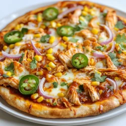 Für eine leckere Chipotle BBQ Hühnchen Pizza brauchst du folgende Zutaten: - 1 fertiger Pizzateig (oder selbstgemacht, wenn gewünscht) - 1 Tasse gekochtes Hühnchen, zerrupft - 1/2 Tasse BBQ-Sauce (vorzugsweise chipotle-aromatisiert) - 1 Tasse geriebener Mozzarella-Käse - 1/2 Tasse rote Zwiebel, dünn geschnitten - 1/4 Tasse Koriander, gehackt (optional) - 1/2 Tasse Maiskörner (aus der Dose oder gefroren) - 1 Jalapeño, dünn geschnitten (optional für zusätzliche Schärfe) - Olivenöl zum Bestreichen - Salz und Pfeffer nach Geschmack Diese Zutaten machen die Pizza besonders. Das Hühnchen ist saftig und die BBQ-Sauce gibt einen rauchigen Geschmack. Du kannst die Pizza anpassen, wie du magst. Hier sind einige Optionen: - Benutze andere Käsesorten wie Cheddar oder Gouda. - Füge Gemüse wie Paprika oder Pilze hinzu. - Probiere verschiedene BBQ-Saucen für neue Geschmäcker. - Ersetze Hühnchen durch Tofu für eine vegane Version. Mit diesen Alternativen kannst du die Pizza nach deinem Geschmack gestalten. Frische Zutaten machen einen großen Unterschied. Hier sind einige Tipps: - Achte auf die Farbe und Textur des Hühnchens. Es sollte zart und nicht trocken sein. - Wähle frische Zwiebeln ohne dunkle Stellen. - Kaufe Maiskörner, die knackig und süß sind. - Wenn du Koriander magst, suche nach frischen Blättern ohne vergilbte Stellen. Frische Zutaten sorgen für den besten Geschmack in deiner Chipotle BBQ Hühnchen Pizza. {{ingredient_image_2}} Beginne mit dem Ofen. Heize ihn auf 245°C vor. Ein heißer Ofen sorgt für einen knusprigen Boden. Wenn du einen Pizzastein hast, lege ihn hinein. Das hilft, die Pizza gleichmäßig zu backen. Bereite alle Zutaten vor. Zerrupfe das Hühnchen und schneide die Zwiebel und Jalapeño. Das macht die Zubereitung einfacher. Du kannst fertigen Pizzateig verwenden oder ihn selbst machen. Wenn du ihn selbst machst, rolle den Teig auf einer bemehlten Fläche aus. Achte darauf, dass der Teig gleichmäßig dick ist. Übertrage den Teig auf ein Backblech mit Backpapier. Bestreiche den Teig leicht mit Olivenöl. Streue etwas Salz und Pfeffer darüber. Das bringt Geschmack. Verteile das zerrupfte Hühnchen gleichmäßig auf dem Teig. Gieße die BBQ-Sauce gleichmäßig darüber. Dann streue den geriebenen Mozzarella-Käse darauf. Füge die roten Zwiebeln und den Mais hinzu. Wenn du magst, lege die Jalapeño-Scheiben oben drauf. Backe die Pizza für 12-15 Minuten. Der Käse sollte geschmolzen und der Rand goldbraun sein. Lass die Pizza nach dem Backen kurz abkühlen. Garniere sie mit frischem Koriander, wenn du möchtest. Jetzt ist sie bereit zum Schneiden und Servieren! Um einen knusprigen Pizzaboden zu erhalten, heizen Sie den Ofen auf 245°C vor. Nutzen Sie einen Pizzastein, wenn möglich. Legen Sie den Stein während des Vorheizens in den Ofen. Dies hilft, die Wärme gleichmäßig zu verteilen. Rollen Sie den Teig dünn aus. Je dünner der Teig, desto knuspriger wird er. Bestreichen Sie den Boden leicht mit Olivenöl und streuen Sie etwas Salz darauf. Das Öl hilft, die Feuchtigkeit abzuleiten. Die BBQ-Sauce ist der Schlüssel zum Geschmack. Nutzen Sie eine chipotle-aromatisierte Sauce für einen rauchigen Kick. Mögen Sie es schärfer? Fügen Sie mehr chipotle oder sogar frische Jalapeños hinzu. Für eine süßere Note wählen Sie eine Honig-BBQ-Sauce. Experimentieren Sie mit verschiedenen Saucen, um den perfekten Geschmack für Ihre Pizza zu finden. Kombinieren Sie die Saucen für mehr Tiefe und Komplexität. Für die Chipotle BBQ Hühnchen Pizza ist Mozzarella-Käse eine großartige Wahl. Er schmilzt gut und hat einen milden Geschmack. Möchten Sie es etwas würziger? Fügen Sie etwas Cheddar oder Pepper Jack hinzu. Diese Käsesorten bringen mehr Charakter. Parmesan kann auch als Topping verwendet werden. Er gibt einen tollen, salzigen Geschmack. Mischen Sie verschiedene Käsesorten, um Ihre eigene perfekte Mischung zu erstellen. Pro Tipps Verwenden Sie frisches Hühnchen: Wenn Sie die Möglichkeit haben, frisches Hühnchen zu verwenden, anstatt vorgekochtes, wird der Geschmack und die Textur der Pizza erheblich verbessert. BBQ-Sauce anpassen: Experimentieren Sie mit verschiedenen BBQ-Saucen oder fügen Sie Gewürze hinzu, um die Schärfe und den Geschmack nach Ihrem persönlichen Vorlieben zu gestalten. Ofen vorheizen: Stellen Sie sicher, dass Ihr Ofen vollständig vorgeheizt ist, um eine perfekte Kruste zu erhalten. Ein Pizzastein hilft, die Hitze gleichmäßig zu verteilen. Garnituren variieren: Fühlen Sie sich frei, mit verschiedenen Toppings zu experimentieren, wie Paprika, Oliven oder sogar Ananas, um Ihre eigene Variante der Pizza zu kreieren. {{image_4}} Für eine vegane Version der Chipotle BBQ Hühnchen Pizza können Sie einfach das Hühnchen durch pflanzliche Alternativen ersetzen. Hier sind einige tolle Optionen: - Jackfruit: Nutzen Sie junge Jackfruit, um eine fleischige Textur zu erhalten. - Tofu: Marinieren Sie Tofu in BBQ-Sauce. Braten Sie ihn dann an, bis er knusprig ist. - Seitan: Dies ist eine großartige Fleischalternative mit viel Geschmack und Protein. Verwenden Sie die gleichen Zutaten für den Belag. Vergessen Sie nicht veganen Käse zu wählen oder ganz darauf zu verzichten! Je nach Region können Sie diese Pizza anpassen. Hier sind einige Ideen: - Italienische Note: Fügen Sie frische Basilikumblätter und Ricotta hinzu. - Mexikanische Variante: Nutzen Sie schwarze Bohnen und Avocado als Toppings. - Mediterraner Stil: Probieren Sie Feta-Käse und Oliven für einen neuen Geschmack. Mit diesen Anpassungen bleibt die Pizza aufregend und frisch. Um Ihr Pizza-Erlebnis zu verbessern, können Sie weitere Toppings hinzufügen. Hier sind einige Vorschläge: - Paprika: Bunte Paprika sorgen für mehr Farbe und Geschmack. - Ananas: Für eine süße Note, die gut zu BBQ passt. - Spinat: Fügen Sie frischen Spinat für mehr Nährstoffe hinzu. Experimentieren Sie mit verschiedenen Kombinationen, um Ihre perfekte Chipotle BBQ Hühnchen Pizza zu finden! Um die Reste deiner Chipotle BBQ Hühnchen Pizza frisch zu halten, lege sie in einen luftdichten Behälter. Schließe den Behälter gut, damit keine Luft eindringt. Du kannst die Pizza auch in Folie wickeln, falls du keinen Behälter hast. So bleibt der Geschmack erhalten. Um die Reste aufzuwärmen, benutze deinen Ofen. Heize ihn auf 180°C (350°F) vor. Lege die Pizza auf ein Backblech und backe sie für etwa 10 bis 15 Minuten. So wird die Pizza knusprig und der Käse schmilzt schön. Du kannst auch eine Pfanne verwenden. Erhitze sie bei mittlerer Hitze und lege die Pizza hinein. Decke die Pfanne mit einem Deckel ab, um die Pizza gleichmäßig zu erwärmen. Im Kühlschrank bleibt die Pizza 3 bis 4 Tage frisch. Achte darauf, sie gut zu verpacken. Wenn du sie länger aufbewahren möchtest, kannst du sie einfrieren. Wickel die Pizza fest in Folie ein oder lege sie in einen Gefrierbehälter. Im Gefrierraum hält sie bis zu 2 Monate. Zum Auftauen lege die Pizza über Nacht in den Kühlschrank oder erwärme sie direkt aus dem Gefrierraum im Ofen. Die Zubereitungszeit für diese Pizza beträgt etwa 15 Minuten. Backen dauert dann 12 bis 15 Minuten. Insgesamt sind das etwa 30 Minuten von Anfang bis Ende. Wenn Sie alles gut vorbereiten, geht es noch schneller! Ja, Sie können den Pizzateig im Voraus machen. Lagern Sie ihn in Frischhaltefolie im Kühlschrank. So bleibt er frisch für bis zu zwei Tage. Lassen Sie den Teig vor dem Ausrollen etwas warm werden. Das macht das Arbeiten mit ihm einfacher. Die besten Chipotle BBQ Hühnchen Pizzen finden Sie oft in Pizzerien, die kreative Snacks anbieten. Suchen Sie nach Orten mit einem guten Ruf für BBQ-Gerichte. Diese Pizzerien nutzen oft frische Zutaten und haben ihre eigene Note. Online-Bewertungen helfen Ihnen, die besten Plätze zu finden. Zusammenfassend haben wir die Hauptzutaten für die Chipotle BBQ Hühnchen Pizza besprochen. Wir haben auch diskutiert, wie man den Pizzateig selbst macht und wie man die perfekte Backzeit findet. Die Tipps für den knusprigen Boden und die Auswahl der richtigen Käsesorten sind ebenfalls wichtig. Denken Sie daran, dass es viele Variationen gibt, die Sie ausprobieren können. Reste lassen sich gut aufbewahren und aufwärmen. Experimentieren Sie mit neuen Kombinationen und genießen Sie Ihre Pizza!