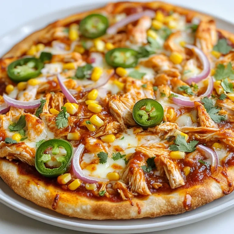 Für eine leckere Chipotle BBQ Hühnchen Pizza brauchst du folgende Zutaten: - 1 fertiger Pizzateig (oder selbstgemacht, wenn gewünscht) - 1 Tasse gekochtes Hühnchen, zerrupft - 1/2 Tasse BBQ-Sauce (vorzugsweise chipotle-aromatisiert) - 1 Tasse geriebener Mozzarella-Käse - 1/2 Tasse rote Zwiebel, dünn geschnitten - 1/4 Tasse Koriander, gehackt (optional) - 1/2 Tasse Maiskörner (aus der Dose oder gefroren) - 1 Jalapeño, dünn geschnitten (optional für zusätzliche Schärfe) - Olivenöl zum Bestreichen - Salz und Pfeffer nach Geschmack Diese Zutaten machen die Pizza besonders. Das Hühnchen ist saftig und die BBQ-Sauce gibt einen rauchigen Geschmack. Du kannst die Pizza anpassen, wie du magst. Hier sind einige Optionen: - Benutze andere Käsesorten wie Cheddar oder Gouda. - Füge Gemüse wie Paprika oder Pilze hinzu. - Probiere verschiedene BBQ-Saucen für neue Geschmäcker. - Ersetze Hühnchen durch Tofu für eine vegane Version. Mit diesen Alternativen kannst du die Pizza nach deinem Geschmack gestalten. Frische Zutaten machen einen großen Unterschied. Hier sind einige Tipps: - Achte auf die Farbe und Textur des Hühnchens. Es sollte zart und nicht trocken sein. - Wähle frische Zwiebeln ohne dunkle Stellen. - Kaufe Maiskörner, die knackig und süß sind. - Wenn du Koriander magst, suche nach frischen Blättern ohne vergilbte Stellen. Frische Zutaten sorgen für den besten Geschmack in deiner Chipotle BBQ Hühnchen Pizza. {{ingredient_image_2}} Beginne mit dem Ofen. Heize ihn auf 245°C vor. Ein heißer Ofen sorgt für einen knusprigen Boden. Wenn du einen Pizzastein hast, lege ihn hinein. Das hilft, die Pizza gleichmäßig zu backen. Bereite alle Zutaten vor. Zerrupfe das Hühnchen und schneide die Zwiebel und Jalapeño. Das macht die Zubereitung einfacher. Du kannst fertigen Pizzateig verwenden oder ihn selbst machen. Wenn du ihn selbst machst, rolle den Teig auf einer bemehlten Fläche aus. Achte darauf, dass der Teig gleichmäßig dick ist. Übertrage den Teig auf ein Backblech mit Backpapier. Bestreiche den Teig leicht mit Olivenöl. Streue etwas Salz und Pfeffer darüber. Das bringt Geschmack. Verteile das zerrupfte Hühnchen gleichmäßig auf dem Teig. Gieße die BBQ-Sauce gleichmäßig darüber. Dann streue den geriebenen Mozzarella-Käse darauf. Füge die roten Zwiebeln und den Mais hinzu. Wenn du magst, lege die Jalapeño-Scheiben oben drauf. Backe die Pizza für 12-15 Minuten. Der Käse sollte geschmolzen und der Rand goldbraun sein. Lass die Pizza nach dem Backen kurz abkühlen. Garniere sie mit frischem Koriander, wenn du möchtest. Jetzt ist sie bereit zum Schneiden und Servieren! Um einen knusprigen Pizzaboden zu erhalten, heizen Sie den Ofen auf 245°C vor. Nutzen Sie einen Pizzastein, wenn möglich. Legen Sie den Stein während des Vorheizens in den Ofen. Dies hilft, die Wärme gleichmäßig zu verteilen. Rollen Sie den Teig dünn aus. Je dünner der Teig, desto knuspriger wird er. Bestreichen Sie den Boden leicht mit Olivenöl und streuen Sie etwas Salz darauf. Das Öl hilft, die Feuchtigkeit abzuleiten. Die BBQ-Sauce ist der Schlüssel zum Geschmack. Nutzen Sie eine chipotle-aromatisierte Sauce für einen rauchigen Kick. Mögen Sie es schärfer? Fügen Sie mehr chipotle oder sogar frische Jalapeños hinzu. Für eine süßere Note wählen Sie eine Honig-BBQ-Sauce. Experimentieren Sie mit verschiedenen Saucen, um den perfekten Geschmack für Ihre Pizza zu finden. Kombinieren Sie die Saucen für mehr Tiefe und Komplexität. Für die Chipotle BBQ Hühnchen Pizza ist Mozzarella-Käse eine großartige Wahl. Er schmilzt gut und hat einen milden Geschmack. Möchten Sie es etwas würziger? Fügen Sie etwas Cheddar oder Pepper Jack hinzu. Diese Käsesorten bringen mehr Charakter. Parmesan kann auch als Topping verwendet werden. Er gibt einen tollen, salzigen Geschmack. Mischen Sie verschiedene Käsesorten, um Ihre eigene perfekte Mischung zu erstellen. Pro Tipps Verwenden Sie frisches Hühnchen: Wenn Sie die Möglichkeit haben, frisches Hühnchen zu verwenden, anstatt vorgekochtes, wird der Geschmack und die Textur der Pizza erheblich verbessert. BBQ-Sauce anpassen: Experimentieren Sie mit verschiedenen BBQ-Saucen oder fügen Sie Gewürze hinzu, um die Schärfe und den Geschmack nach Ihrem persönlichen Vorlieben zu gestalten. Ofen vorheizen: Stellen Sie sicher, dass Ihr Ofen vollständig vorgeheizt ist, um eine perfekte Kruste zu erhalten. Ein Pizzastein hilft, die Hitze gleichmäßig zu verteilen. Garnituren variieren: Fühlen Sie sich frei, mit verschiedenen Toppings zu experimentieren, wie Paprika, Oliven oder sogar Ananas, um Ihre eigene Variante der Pizza zu kreieren. {{image_4}} Für eine vegane Version der Chipotle BBQ Hühnchen Pizza können Sie einfach das Hühnchen durch pflanzliche Alternativen ersetzen. Hier sind einige tolle Optionen: - Jackfruit: Nutzen Sie junge Jackfruit, um eine fleischige Textur zu erhalten. - Tofu: Marinieren Sie Tofu in BBQ-Sauce. Braten Sie ihn dann an, bis er knusprig ist. - Seitan: Dies ist eine großartige Fleischalternative mit viel Geschmack und Protein. Verwenden Sie die gleichen Zutaten für den Belag. Vergessen Sie nicht veganen Käse zu wählen oder ganz darauf zu verzichten! Je nach Region können Sie diese Pizza anpassen. Hier sind einige Ideen: - Italienische Note: Fügen Sie frische Basilikumblätter und Ricotta hinzu. - Mexikanische Variante: Nutzen Sie schwarze Bohnen und Avocado als Toppings. - Mediterraner Stil: Probieren Sie Feta-Käse und Oliven für einen neuen Geschmack. Mit diesen Anpassungen bleibt die Pizza aufregend und frisch. Um Ihr Pizza-Erlebnis zu verbessern, können Sie weitere Toppings hinzufügen. Hier sind einige Vorschläge: - Paprika: Bunte Paprika sorgen für mehr Farbe und Geschmack. - Ananas: Für eine süße Note, die gut zu BBQ passt. - Spinat: Fügen Sie frischen Spinat für mehr Nährstoffe hinzu. Experimentieren Sie mit verschiedenen Kombinationen, um Ihre perfekte Chipotle BBQ Hühnchen Pizza zu finden! Um die Reste deiner Chipotle BBQ Hühnchen Pizza frisch zu halten, lege sie in einen luftdichten Behälter. Schließe den Behälter gut, damit keine Luft eindringt. Du kannst die Pizza auch in Folie wickeln, falls du keinen Behälter hast. So bleibt der Geschmack erhalten. Um die Reste aufzuwärmen, benutze deinen Ofen. Heize ihn auf 180°C (350°F) vor. Lege die Pizza auf ein Backblech und backe sie für etwa 10 bis 15 Minuten. So wird die Pizza knusprig und der Käse schmilzt schön. Du kannst auch eine Pfanne verwenden. Erhitze sie bei mittlerer Hitze und lege die Pizza hinein. Decke die Pfanne mit einem Deckel ab, um die Pizza gleichmäßig zu erwärmen. Im Kühlschrank bleibt die Pizza 3 bis 4 Tage frisch. Achte darauf, sie gut zu verpacken. Wenn du sie länger aufbewahren möchtest, kannst du sie einfrieren. Wickel die Pizza fest in Folie ein oder lege sie in einen Gefrierbehälter. Im Gefrierraum hält sie bis zu 2 Monate. Zum Auftauen lege die Pizza über Nacht in den Kühlschrank oder erwärme sie direkt aus dem Gefrierraum im Ofen. Die Zubereitungszeit für diese Pizza beträgt etwa 15 Minuten. Backen dauert dann 12 bis 15 Minuten. Insgesamt sind das etwa 30 Minuten von Anfang bis Ende. Wenn Sie alles gut vorbereiten, geht es noch schneller! Ja, Sie können den Pizzateig im Voraus machen. Lagern Sie ihn in Frischhaltefolie im Kühlschrank. So bleibt er frisch für bis zu zwei Tage. Lassen Sie den Teig vor dem Ausrollen etwas warm werden. Das macht das Arbeiten mit ihm einfacher. Die besten Chipotle BBQ Hühnchen Pizzen finden Sie oft in Pizzerien, die kreative Snacks anbieten. Suchen Sie nach Orten mit einem guten Ruf für BBQ-Gerichte. Diese Pizzerien nutzen oft frische Zutaten und haben ihre eigene Note. Online-Bewertungen helfen Ihnen, die besten Plätze zu finden. Zusammenfassend haben wir die Hauptzutaten für die Chipotle BBQ Hühnchen Pizza besprochen. Wir haben auch diskutiert, wie man den Pizzateig selbst macht und wie man die perfekte Backzeit findet. Die Tipps für den knusprigen Boden und die Auswahl der richtigen Käsesorten sind ebenfalls wichtig. Denken Sie daran, dass es viele Variationen gibt, die Sie ausprobieren können. Reste lassen sich gut aufbewahren und aufwärmen. Experimentieren Sie mit neuen Kombinationen und genießen Sie Ihre Pizza!