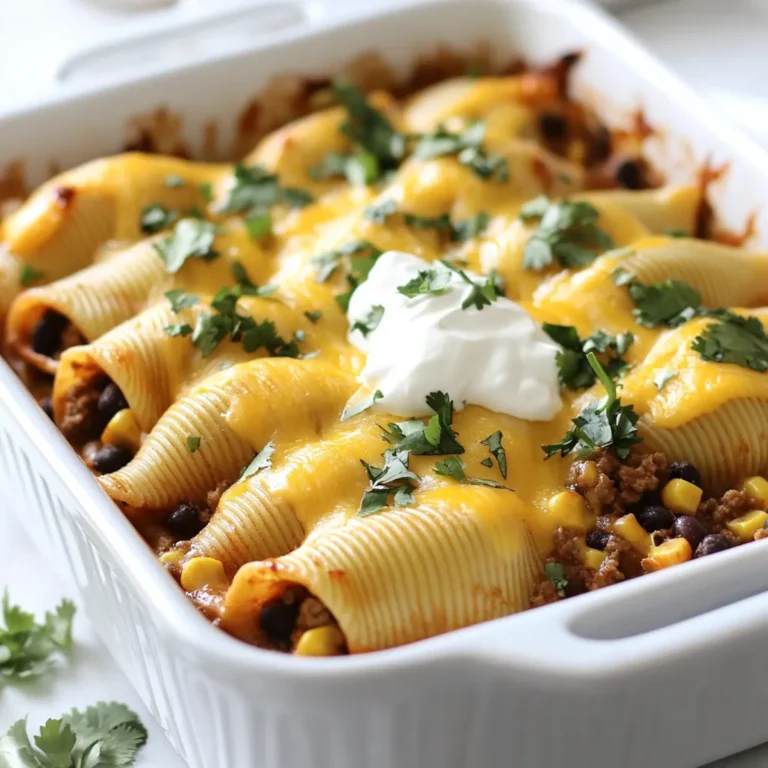 Die Hauptzutaten sind einfach und lecker. Hier ist, was du brauchst: - 20 Jumbo-Pasta-Muscheln - 450 g gemahlenes Rindfleisch oder Pute - 1 Päckchen Taco-Gewürzmischung - 240 ml Wasser - 240 g schwarze Bohnen, gespült und abgetropft - 240 g Mais, aus der Dose oder tiefgefroren - 240 g gewürfelte Tomaten (aus der Dose oder frisch) - 360 g geriebener Cheddar-Käse - 240 g saure Sahne - 1 Esslöffel Olivenöl - Frischer Koriander zur Garnitur (optional) - Salz und Pfeffer nach Geschmack Diese Zutaten machen das Gericht besonders schmackhaft. Sie sorgen für einen tollen Mix aus Aromen und Texturen. Du kannst dem Rezept noch mehr Geschmack verleihen. Hier sind einige Vorschläge: - Knoblauchpulver für einen intensiveren Geschmack - Paprikapulver für eine rauchige Note - Jalapeños für etwas Schärfe Experimentiere mit diesen Gewürzen. So kannst du das Gericht nach deinem Geschmack anpassen. Falls du einige Zutaten nicht hast, gibt es tolle Alternativen: - Statt Rindfleisch kannst du Hähnchen oder Tofu verwenden. - Verwende andere Käsesorten wie Gouda oder Mozzarella. - Du kannst auch Quinoa statt Reis verwenden. Diese Substitutionen machen das Gericht flexibler. So kannst du es an deine Vorräte und Vorlieben anpassen. {{ingredient_image_2}} Zuerst bringst du einen großen Topf mit Wasser zum Kochen. Füge eine Prise Salz hinzu. Wenn das Wasser sprudelt, gib vorsichtig die Jumbo-Pasta-Muscheln hinein. Koche sie gemäß den Anweisungen auf der Verpackung, bis sie al dente sind. Das bedeutet, sie sollten noch einen kleinen Biss haben. Nach dem Kochen gießt du die Muscheln ab und stellst sie beiseite, damit sie leicht abkühlen. Jetzt ist es Zeit, die Füllung zu machen. Erhitze in einer großen Pfanne einen Esslöffel Olivenöl bei mittlerer Hitze. Füge das gemahlene Rindfleisch oder die Pute hinzu. Zerbrich das Fleisch mit einem Kochlöffel, während es brät. Brate das Fleisch gut durch, bis es nicht mehr rosa ist. Dann gib die Taco-Gewürzmischung und das Wasser dazu. Rühre alles gut um und lasse es etwa fünf Minuten köcheln. So verbinden sich die Aromen gut. Danach fügst du die schwarzen Bohnen, den Mais und die gewürfelten Tomaten hinzu. Mische alles gut und erwärme es. Jetzt kannst du nach Belieben mit Salz und Pfeffer abschmecken. Heize deinen Ofen auf 175°C vor. Nimm eine große Auflaufform und verteile 120 g saure Sahne gleichmäßig auf dem Boden. Fülle jede gekochte Pasta-Muschel großzügig mit der Taco-Mischung. Setze die Muscheln mit der Öffnung nach oben in die Form. Streue den restlichen geriebenen Cheddar gleichmäßig über die gefüllten Muscheln. Decke die Form mit Folie ab und backe sie 20 Minuten lang im Ofen. Nach 20 Minuten nimm die Folie ab und backe weitere 10 Minuten. Der Käse sollte jetzt blubbern und leicht goldbraun sein. Lass die Muscheln einige Minuten abkühlen, bevor du sie servierst. Die Füllung ist der Star dieses Gerichts. Um sie perfekt zu machen, achte auf die Gewürze. Das Taco-Gewürz gibt einen tollen Geschmack. Füge frische Kräuter wie Koriander hinzu, um mehr Frische zu bekommen. Mische die Zutaten gut, damit jeder Bissen lecker schmeckt. Überfülle die Muscheln nicht, sonst fallen sie auseinander. Käse ist der Schlüssel zu einem herzhaften Gericht. Ich empfehle, hochwertigen Cheddar zu verwenden. Er schmilzt gut und gibt einen tollen Geschmack. Du kannst auch Monterrey Jack oder eine Mischung verwenden. Diese Käsesorten ergänzen sich wunderbar. Mische verschiedene Käsesorten für ein noch besseres Ergebnis. Ein häufiger Fehler ist, die Muscheln nicht richtig zu kochen. Achte darauf, dass sie al dente sind. So bleiben sie beim Füllen ganz. Ein weiterer Fehler ist, die Füllung nicht gut zu würzen. Probiere die Mischung, bevor du sie in die Muscheln füllst. Schließlich solltest du die Muscheln im Ofen nicht zu lange backen. Sonst wird der Käse hart und trocken. Pro Tipps Pasta al dente kochen: Achten Sie darauf, die Jumbo-Pasta-Muscheln nicht zu lange zu kochen, damit sie beim Füllen nicht zerbrechen. Variationen der Füllung: Experimentieren Sie mit verschiedenen Bohnen oder Gemüse, um die Füllung nach Ihrem Geschmack anzupassen. Käse-Mischung: Mischen Sie verschiedene Käsesorten wie Monterey Jack oder Gouda für zusätzlichen Geschmack und eine interessante Käsekruste. Vorbereiten im Voraus: Bereiten Sie die gefüllten Muscheln am Vortag vor und lagern Sie sie im Kühlschrank, um die Zubereitungszeit am Abend zu verkürzen. {{image_4}} Wenn du eine fleischfreie Option möchtest, verwende einfach mehr Gemüse. Du kannst zum Beispiel gehackte Paprika, Zucchini oder Spinat hinzufügen. Diese Gemüsesorten passen gut zur Taco-Mischung. Statt Rindfleisch kannst du auch Tofu verwenden. Brate den Tofu in Würfeln an, bevor du die Gewürze hinzufügst. So machst du die Füllung lecker und nahrhaft. Um den Geschmack zu verstärken, füge einige Gewürze hinzu. Ein Teelöffel Kreuzkümmel bringt eine tolle Note. Du kannst auch frischen Jalapeño für mehr Schärfe verwenden. Für einen rauchigen Geschmack gib etwas Chipotle-Pulver in die Mischung. Diese kleinen Änderungen machen viel aus und geben deinen gefüllten Muscheln einen neuen Kick. Serviere die Cheesy Taco Stuffed Shells mit frischem Salat oder guacamole. Ein einfacher grüner Salat bringt frische und Crunch. Du kannst auch Tortilla-Chips und Salsa als Beilage anbieten. Wenn du es etwas gehaltvoller magst, probiere Reis oder Quinoa dazu. So wird deine Mahlzeit rundum lecker und sättigend. Um Cheesy Taco Stuffed Shells frisch zu halten, legen Sie sie in einen luftdichten Behälter. Sie können sie bis zu drei Tage im Kühlschrank aufbewahren. Stellen Sie sicher, dass sie gut abgedeckt sind, damit sie nicht austrocknen. Wenn Sie eine große Menge zubereiten, können Sie auch nur die Füllung aufbewahren und die Muscheln getrennt lagern. Zum Aufwärmen der Cheesy Taco Stuffed Shells heizen Sie Ihren Ofen auf 175°C vor. Legen Sie die Muscheln in eine Auflaufform und decken Sie sie mit Folie ab. Backen Sie sie etwa 15 Minuten, bis sie schön warm sind. Wenn Sie möchten, können Sie auch etwas Käse darüber streuen, um den Geschmack zu verbessern. Für das Einfrieren lassen Sie die Cheesy Taco Stuffed Shells zuerst vollständig abkühlen. Legen Sie sie dann in einen gefrierfesten Behälter oder in Gefrierbeutel. Sie können sie bis zu drei Monate einfrieren. Zum Aufwärmen lassen Sie sie über Nacht im Kühlschrank auftauen. Danach können Sie sie wie oben beschrieben im Ofen aufwärmen. Die Zubereitung dieser leckeren Muscheln dauert insgesamt etwa 45 Minuten. Die Kochzeit für die Pasta beträgt etwa 15 Minuten. Danach bereiten Sie die Füllung in etwa 20 Minuten zu. Schließlich backen Sie die gefüllten Muscheln für 30 Minuten im Ofen. So können Sie schnell ein tolles Gericht zaubern. Ja, Sie können die Nudeln im Voraus zubereiten. Kochen Sie die Jumbo-Pasta-Muscheln und lassen Sie sie abkühlen. Bewahren Sie sie dann in einem luftdichten Behälter im Kühlschrank auf. So sparen Sie Zeit, wenn es später ans Füllen und Backen geht. Diese Methode ist besonders nützlich, wenn Sie Gäste haben. Für Cheesy Taco Stuffed Shells eignet sich geriebener Cheddar-Käse am besten. Er schmilzt gut und hat einen tollen Geschmack. Sie können auch andere Käsesorten verwenden, wie Monterey Jack oder Gouda. Diese Käsesorten bringen eine schöne Cremigkeit und Tiefe in das Gericht. Experimentieren Sie mit verschiedenen Käsesorten für neue Geschmackserlebnisse! In diesem Blogbeitrag haben wir die Hauptzutaten und die Zubereitung von Cheesy Taco Stuffed Shells betrachtet. Außerdem haben wir Tipps für die perfekte Füllung gegeben und Variationen besprochen, die du ausprobieren kannst. Denk immer an die Lagerung und das Aufwärmen für später. Diese leckeren Muscheln sind einfach zuzubereiten und lassen sich gut anpassen. Sie werden sicher ein Hit bei deinem nächsten Essen sein. Experimentiere mit deinen Lieblingszutaten und genieße die Ergebnisse!