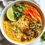 Für dieses köstliche Gericht brauchen Sie die folgenden Zutaten: - 200 g Ramen-Nudeln - 1 Dose (400 ml) Kokosmilch - 2 Esslöffel rote Currypaste - 500 ml Gemüsebrühe - 1 Esslöffel Sojasauce - 1 Esslöffel Limettensaft - 100 g Champignons (Shiitake oder normale), in Scheiben geschnitten - 100 g Babyspinat - 75 g Karotten, in feine Streifen geschnitten - 75 g Paprika (rot oder gelb), in Scheiben geschnitten - 2 Esslöffel Fischsauce (optional) - Frischer Koriander zur Garnierung - Limettenschnitze zum Servieren - Chiliflocken nach Geschmack Diese Zutaten arbeiten zusammen, um einen reichen und cremigen Geschmack zu erzeugen. Die Kokosmilch gibt dem Gericht seine cremige Basis. Sie sorgt auch für einen süßen, tropischen Geschmack. Die rote Currypaste bringt eine Mischung aus Gewürzen. Sie fügt eine angenehme Schärfe hinzu. Die Gemüsebrühe ist wichtig für die Flüssigkeit. Sojasauce und Limettensaft geben Tiefe. Die Champignons und das Gemüse sorgen für Textur und Nährstoffe. Frischer Koriander bringt Frische und Farbe ins Gericht. Achten Sie beim Kauf auf frisches Gemüse. Die Karotten sollten knackig und leuchtend orange sein. Wählen Sie Paprika ohne Flecken oder Falten. Achten Sie darauf, dass die Champignons fest sind und einen angenehmen Duft haben. Für die Kokosmilch sollten Sie eine gute Qualität wählen. Diese hat meist einen vollen Geschmack und eine cremige Konsistenz. Suchen Sie nach Produkten ohne Zusatzstoffe. Frische Limetten sind wichtig für den Saft. Sie sollten fest und schwer sein. Wenn Sie diese Tipps befolgen, wird Ihr Ramen noch besser schmecken! {{ingredient_image_2}} Die Vorbereitungszeit für dieses Rezept beträgt nur 10 Minuten. Die gesamte Zubereitung dauert etwa 25 Minuten. Beginne mit dem Erhitzen der Kokosmilch und der roten Currypaste in einem großen Kochtopf. Rühre gut um, bis die Paste sich auflöst. Gieße dann die Gemüsebrühe hinzu und bringe alles zum Köcheln. Füge die Sojasauce und den Limettensaft hinzu, um den Geschmack zu verstärken. Die Brühe ist das Herzstück dieses Gerichts. Die Kokosmilch bringt eine cremige Konsistenz. Die rote Currypaste sorgt für den typischen, würzigen Geschmack. Nachdem die Brühe köchelt, füge die geschnittenen Champignons, Karotten und Paprika hinzu. Lass das Gemüse etwa 5 Minuten kochen, bis es weich ist. Zum Schluss kommt der Babyspinat dazu. Er fällt in der Brühe zusammen und gibt Frische. Koche die Ramen-Nudeln nach den Anweisungen auf der Verpackung. Normalerweise dauert dies nur wenige Minuten. Achte darauf, sie nicht zu lange zu kochen. Sie sollten al dente sein. Nach dem Kochen, seihe die Nudeln ab und lege sie beiseite. Diese Schritte sorgen dafür, dass die Nudeln die Brühe gut aufnehmen und das Gericht perfekt wird. Du kannst dieses Rezept leicht anpassen. Wenn du es schärfer magst, füge mehr rote Currypaste hinzu. Für eine mildere Variante, benutze weniger. Probiere auch verschiedene Gemüse aus, wie Zucchini oder Brokkoli. Du kannst sogar die Ramen durch Reisnudeln ersetzen, wenn du das möchtest. Ein häufiger Fehler ist, die Brühe zu lange zu kochen. Das Gemüse wird dann matschig. Achte darauf, die Brühe nur sanft köcheln zu lassen. Ein weiterer Fehler ist, die Nudeln zu lange zu garen. Folge den Anweisungen auf der Packung, um die perfekte Textur zu erreichen. Füge ein paar Limettenscheiben hinzu, um mehr Frische zu bringen. Du kannst auch frischen Ingwer oder Knoblauch in die Brühe geben. Das gibt einen tollen Geschmack. Wenn du mehr Tiefe willst, probiere das Hinzufügen von Erdnüssen oder Sesamöl. Diese Zutaten bringen zusätzliche Aromen in dein Gericht. Pro Tipps Frische Zutaten verwenden: Verwenden Sie frisches Gemüse und Kräuter, um den Geschmack Ihres Currys zu intensivieren und die Nährstoffe zu maximieren. Curry-Paste anpassen: Je nach Vorliebe können Sie die Menge der roten Currypaste erhöhen oder reduzieren, um die Schärfe und den Geschmack anzupassen. Zusätzliche Proteine hinzufügen: Fügen Sie Tofu, Hühnchen oder Garnelen hinzu, um das Gericht proteinreicher zu machen und es noch sättigender zu gestalten. Vorsichtig würzen: Probieren Sie die Brühe vor dem Servieren und justieren Sie die Würze mit Sojasauce oder Fischsauce, um den perfekten Geschmack zu erzielen. {{image_4}} Wenn Sie eine vegane oder vegetarische Version machen möchten, ist das einfach. Sie ersetzen die Fischsauce durch Sojasauce oder Tamari. Die Ramen bleiben lecker und gesund. Verwenden Sie auch mehr Gemüse wie Brokkoli oder Zucchini. Diese geben dem Gericht eine frische Note. Für mehr Protein können Sie Hähnchen oder Tofu hinzufügen. Wenn Sie Hähnchen verwenden, braten Sie es zuerst an. Dann fügen Sie es zur Brühe hinzu. Tofu ist eine tolle Wahl für Veganer. Nutzen Sie festen Tofu, schneiden Sie ihn in Würfel und braten Sie ihn leicht an. Beide Optionen machen die Ramen noch sättigender. Variieren Sie die Gemüsesorten für neue Geschmäcker. Neben Champignons können Sie auch Erbsen oder grüne Bohnen verwenden. Diese fügen Textur und Farbe hinzu. Paprika in verschiedenen Farben macht das Gericht noch bunter. Seien Sie kreativ und nutzen Sie, was Sie mögen oder zur Hand haben. Wenn du Reste von deinem Thai Coconut Curry Ramen hast, ist es wichtig, sie richtig zu lagern. Lass die Ramen zuerst auf Zimmertemperatur abkühlen. Fülle sie dann in einen luftdichten Behälter. Du kannst die Brühe und die Nudeln zusammen lagern oder getrennt. Das hilft, die Textur der Nudeln zu bewahren. Lagere die Reste im Kühlschrank. So bleiben sie 3 bis 4 Tage frisch. Um die Reste aufzuwärmen, gibt es einige einfache Schritte. Gieße die Brühe in einen Topf und erhitze sie sanft. Füge die Nudeln hinzu, wenn die Brühe heiß ist. Rühre gut um, damit die Nudeln gleichmäßig warm werden. Du kannst auch etwas frische Brühe oder Wasser hinzufügen, falls die Mischung zu dick ist. Achte darauf, das Gericht nicht zu lange zu kochen. So bleibt der Geschmack frisch. Die Haltbarkeit der Thai Coconut Curry Ramen hängt von der Lagerung ab. Im Kühlschrank sind sie 3 bis 4 Tage haltbar. Du kannst sie auch einfrieren, um die Haltbarkeit zu verlängern. In einem luftdichten Behälter halten sie sich bis zu 3 Monate. Wenn du Reste hast, die du nicht verwenden kannst, denke an andere Möglichkeiten. Teile sie mit Freunden oder Nachbarn. So vermeidest du Lebensmittelverschwendung und bringst Freude zu anderen! Die besten Beilagen sind frische Limettenschnitze und Chiliflocken. Diese bringen mehr Geschmack. Du kannst auch frischen Koriander hinzufügen. Das sorgt für einen schönen Farbkontrast. Auch knusprige Frühlingsrollen passen gut dazu. Sie geben einen tollen Biss. Um das Gericht schärfer zu machen, füge mehr Chiliflocken hinzu. Du kannst auch frische, gehackte Chilis verwenden. Eine kleine Menge kann viel Schärfe bringen. Probiere rote Thai-Chilis für mehr Aroma. Achte darauf, die Schärfe nach deinem Geschmack anzupassen. Ja, du kannst andere Nudelsorten verwenden. Reisnudeln sind eine gute Wahl und passen gut zu diesem Gericht. Auch Udon-Nudeln schmecken lecker in der Brühe. Achte darauf, die Kochzeit entsprechend anzupassen. So bleibt die Textur der Nudeln perfekt. Thai Coconut Curry Ramen ist ein leckerer Genuss. Wir haben die wichtigsten Zutaten und ihre Funktionen besprochen. Ich habe dir eine Schritt-für-Schritt-Anleitung gegeben, um die Brühe und die Nudeln perfekt zuzubereiten. Die Tipps helfen dir, das Rezept nach deinen Wünschen anzupassen und Fehler zu vermeiden. Denke daran, dass du mit Varianten und frischen Zutaten experimentieren kannst. So bleibt dein Gericht spannend und lecker. Nutze Reste smart, um Abfall zu vermeiden und den Geschmack zu bewahren. Viel Spaß beim Kochen!