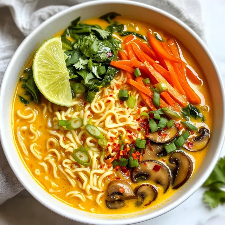 Für dieses köstliche Gericht brauchen Sie die folgenden Zutaten: - 200 g Ramen-Nudeln - 1 Dose (400 ml) Kokosmilch - 2 Esslöffel rote Currypaste - 500 ml Gemüsebrühe - 1 Esslöffel Sojasauce - 1 Esslöffel Limettensaft - 100 g Champignons (Shiitake oder normale), in Scheiben geschnitten - 100 g Babyspinat - 75 g Karotten, in feine Streifen geschnitten - 75 g Paprika (rot oder gelb), in Scheiben geschnitten - 2 Esslöffel Fischsauce (optional) - Frischer Koriander zur Garnierung - Limettenschnitze zum Servieren - Chiliflocken nach Geschmack Diese Zutaten arbeiten zusammen, um einen reichen und cremigen Geschmack zu erzeugen. Die Kokosmilch gibt dem Gericht seine cremige Basis. Sie sorgt auch für einen süßen, tropischen Geschmack. Die rote Currypaste bringt eine Mischung aus Gewürzen. Sie fügt eine angenehme Schärfe hinzu. Die Gemüsebrühe ist wichtig für die Flüssigkeit. Sojasauce und Limettensaft geben Tiefe. Die Champignons und das Gemüse sorgen für Textur und Nährstoffe. Frischer Koriander bringt Frische und Farbe ins Gericht. Achten Sie beim Kauf auf frisches Gemüse. Die Karotten sollten knackig und leuchtend orange sein. Wählen Sie Paprika ohne Flecken oder Falten. Achten Sie darauf, dass die Champignons fest sind und einen angenehmen Duft haben. Für die Kokosmilch sollten Sie eine gute Qualität wählen. Diese hat meist einen vollen Geschmack und eine cremige Konsistenz. Suchen Sie nach Produkten ohne Zusatzstoffe. Frische Limetten sind wichtig für den Saft. Sie sollten fest und schwer sein. Wenn Sie diese Tipps befolgen, wird Ihr Ramen noch besser schmecken! {{ingredient_image_2}} Die Vorbereitungszeit für dieses Rezept beträgt nur 10 Minuten. Die gesamte Zubereitung dauert etwa 25 Minuten. Beginne mit dem Erhitzen der Kokosmilch und der roten Currypaste in einem großen Kochtopf. Rühre gut um, bis die Paste sich auflöst. Gieße dann die Gemüsebrühe hinzu und bringe alles zum Köcheln. Füge die Sojasauce und den Limettensaft hinzu, um den Geschmack zu verstärken. Die Brühe ist das Herzstück dieses Gerichts. Die Kokosmilch bringt eine cremige Konsistenz. Die rote Currypaste sorgt für den typischen, würzigen Geschmack. Nachdem die Brühe köchelt, füge die geschnittenen Champignons, Karotten und Paprika hinzu. Lass das Gemüse etwa 5 Minuten kochen, bis es weich ist. Zum Schluss kommt der Babyspinat dazu. Er fällt in der Brühe zusammen und gibt Frische. Koche die Ramen-Nudeln nach den Anweisungen auf der Verpackung. Normalerweise dauert dies nur wenige Minuten. Achte darauf, sie nicht zu lange zu kochen. Sie sollten al dente sein. Nach dem Kochen, seihe die Nudeln ab und lege sie beiseite. Diese Schritte sorgen dafür, dass die Nudeln die Brühe gut aufnehmen und das Gericht perfekt wird. Du kannst dieses Rezept leicht anpassen. Wenn du es schärfer magst, füge mehr rote Currypaste hinzu. Für eine mildere Variante, benutze weniger. Probiere auch verschiedene Gemüse aus, wie Zucchini oder Brokkoli. Du kannst sogar die Ramen durch Reisnudeln ersetzen, wenn du das möchtest. Ein häufiger Fehler ist, die Brühe zu lange zu kochen. Das Gemüse wird dann matschig. Achte darauf, die Brühe nur sanft köcheln zu lassen. Ein weiterer Fehler ist, die Nudeln zu lange zu garen. Folge den Anweisungen auf der Packung, um die perfekte Textur zu erreichen. Füge ein paar Limettenscheiben hinzu, um mehr Frische zu bringen. Du kannst auch frischen Ingwer oder Knoblauch in die Brühe geben. Das gibt einen tollen Geschmack. Wenn du mehr Tiefe willst, probiere das Hinzufügen von Erdnüssen oder Sesamöl. Diese Zutaten bringen zusätzliche Aromen in dein Gericht. Pro Tipps Frische Zutaten verwenden: Verwenden Sie frisches Gemüse und Kräuter, um den Geschmack Ihres Currys zu intensivieren und die Nährstoffe zu maximieren. Curry-Paste anpassen: Je nach Vorliebe können Sie die Menge der roten Currypaste erhöhen oder reduzieren, um die Schärfe und den Geschmack anzupassen. Zusätzliche Proteine hinzufügen: Fügen Sie Tofu, Hühnchen oder Garnelen hinzu, um das Gericht proteinreicher zu machen und es noch sättigender zu gestalten. Vorsichtig würzen: Probieren Sie die Brühe vor dem Servieren und justieren Sie die Würze mit Sojasauce oder Fischsauce, um den perfekten Geschmack zu erzielen. {{image_4}} Wenn Sie eine vegane oder vegetarische Version machen möchten, ist das einfach. Sie ersetzen die Fischsauce durch Sojasauce oder Tamari. Die Ramen bleiben lecker und gesund. Verwenden Sie auch mehr Gemüse wie Brokkoli oder Zucchini. Diese geben dem Gericht eine frische Note. Für mehr Protein können Sie Hähnchen oder Tofu hinzufügen. Wenn Sie Hähnchen verwenden, braten Sie es zuerst an. Dann fügen Sie es zur Brühe hinzu. Tofu ist eine tolle Wahl für Veganer. Nutzen Sie festen Tofu, schneiden Sie ihn in Würfel und braten Sie ihn leicht an. Beide Optionen machen die Ramen noch sättigender. Variieren Sie die Gemüsesorten für neue Geschmäcker. Neben Champignons können Sie auch Erbsen oder grüne Bohnen verwenden. Diese fügen Textur und Farbe hinzu. Paprika in verschiedenen Farben macht das Gericht noch bunter. Seien Sie kreativ und nutzen Sie, was Sie mögen oder zur Hand haben. Wenn du Reste von deinem Thai Coconut Curry Ramen hast, ist es wichtig, sie richtig zu lagern. Lass die Ramen zuerst auf Zimmertemperatur abkühlen. Fülle sie dann in einen luftdichten Behälter. Du kannst die Brühe und die Nudeln zusammen lagern oder getrennt. Das hilft, die Textur der Nudeln zu bewahren. Lagere die Reste im Kühlschrank. So bleiben sie 3 bis 4 Tage frisch. Um die Reste aufzuwärmen, gibt es einige einfache Schritte. Gieße die Brühe in einen Topf und erhitze sie sanft. Füge die Nudeln hinzu, wenn die Brühe heiß ist. Rühre gut um, damit die Nudeln gleichmäßig warm werden. Du kannst auch etwas frische Brühe oder Wasser hinzufügen, falls die Mischung zu dick ist. Achte darauf, das Gericht nicht zu lange zu kochen. So bleibt der Geschmack frisch. Die Haltbarkeit der Thai Coconut Curry Ramen hängt von der Lagerung ab. Im Kühlschrank sind sie 3 bis 4 Tage haltbar. Du kannst sie auch einfrieren, um die Haltbarkeit zu verlängern. In einem luftdichten Behälter halten sie sich bis zu 3 Monate. Wenn du Reste hast, die du nicht verwenden kannst, denke an andere Möglichkeiten. Teile sie mit Freunden oder Nachbarn. So vermeidest du Lebensmittelverschwendung und bringst Freude zu anderen! Die besten Beilagen sind frische Limettenschnitze und Chiliflocken. Diese bringen mehr Geschmack. Du kannst auch frischen Koriander hinzufügen. Das sorgt für einen schönen Farbkontrast. Auch knusprige Frühlingsrollen passen gut dazu. Sie geben einen tollen Biss. Um das Gericht schärfer zu machen, füge mehr Chiliflocken hinzu. Du kannst auch frische, gehackte Chilis verwenden. Eine kleine Menge kann viel Schärfe bringen. Probiere rote Thai-Chilis für mehr Aroma. Achte darauf, die Schärfe nach deinem Geschmack anzupassen. Ja, du kannst andere Nudelsorten verwenden. Reisnudeln sind eine gute Wahl und passen gut zu diesem Gericht. Auch Udon-Nudeln schmecken lecker in der Brühe. Achte darauf, die Kochzeit entsprechend anzupassen. So bleibt die Textur der Nudeln perfekt. Thai Coconut Curry Ramen ist ein leckerer Genuss. Wir haben die wichtigsten Zutaten und ihre Funktionen besprochen. Ich habe dir eine Schritt-für-Schritt-Anleitung gegeben, um die Brühe und die Nudeln perfekt zuzubereiten. Die Tipps helfen dir, das Rezept nach deinen Wünschen anzupassen und Fehler zu vermeiden. Denke daran, dass du mit Varianten und frischen Zutaten experimentieren kannst. So bleibt dein Gericht spannend und lecker. Nutze Reste smart, um Abfall zu vermeiden und den Geschmack zu bewahren. Viel Spaß beim Kochen!