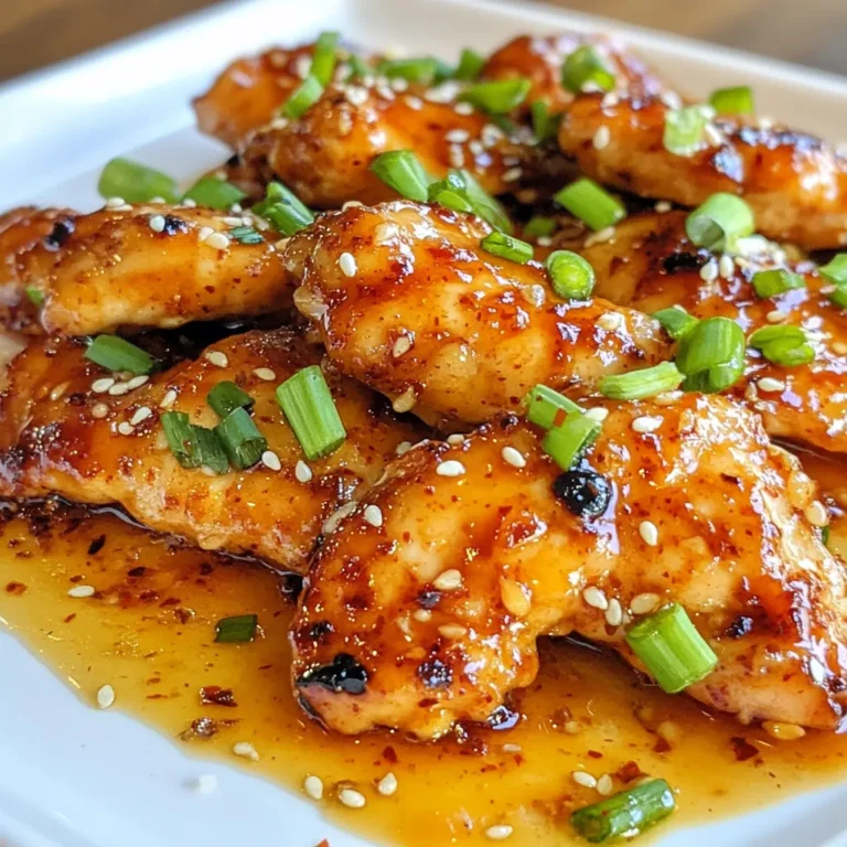 Für ein köstliches Süß-Chili-Knoblauch-Hühnchen brauchst du diese Hauptzutaten: - 4 Hähnchenbrustfilets, ohne Haut und Knochen - 80 ml süße Chilisauce - 4 Knoblauchzehen, fein gehackt - 30 ml Sojasauce - 30 ml Honig - 1 Esslöffel frischer Ingwer, gerieben - 30 ml Olivenöl - Salz und Pfeffer nach Geschmack Die Marinade macht das Hühnchen besonders lecker. Hier sind die Zutaten, die du dafür brauchst: - Süße Chilisauce: Sie gibt einen tollen Geschmack. - Knoblauch: Er bringt viel Aroma. - Sojasauce: Diese sorgt für Umami und Tiefe. - Honig: Er süßt und karamellisiert beim Kochen. - Ingwer: Frischer Ingwer gibt eine schöne Schärfe. - Olivenöl: Es hilft beim Anbraten und sorgt für Saftigkeit. Garnierungen machen dein Gericht schöner und geben zusätzliche Aromen. Hier sind einige Ideen: - 1 Esslöffel Sesamkörner: Sie sind knusprig und lecker. - 2 Frühlingszwiebeln, fein gehackt: Sie bringen Frische und Farbe. Mit diesen Zutaten bist du bereit, ein schmackhaftes Gericht zu zaubern. {{ingredient_image_2}} Zuerst mache ich die Marinade für das Hühnchen. Ich nehme eine große Schüssel und mische die süße Chilisauce, 4 fein gehackte Knoblauchzehen, 30 ml Sojasauce, 30 ml Honig und einen Esslöffel geriebenen Ingwer. Ich rühre alles gut um, bis es eine harmonische Masse ist. Dann lege ich die 4 Hähnchenbrustfilets in einen großen, wiederverschließbaren Beutel. Ich gieße die Marinade darüber und stelle sicher, dass die Filets gut bedeckt sind. Ich verschließe den Beutel und lasse ihn für mindestens 30 Minuten im Kühlschrank. Nach dem Marinieren heize ich den Ofen auf 200°C vor. In einer großen, ofenfesten Pfanne erhitze ich 30 ml Olivenöl bei mittelhoher Hitze. Ich nehme das Hühnchen aus der Marinade und lasse das überschüssige abtropfen. Dann würze ich die Filets mit Salz und Pfeffer. Wenn das Öl heiß ist, lege ich die Hähnchenbrustfilets in die Pfanne. Ich brate sie etwa 3-4 Minuten auf jeder Seite an, bis sie goldbraun sind. Dann gieße ich die restliche Marinade über das Hühnchen. Ich übertragen die Pfanne in den Ofen und backe das Hühnchen für 20-25 Minuten, bis die Innentemperatur 75°C erreicht. Nach dem Backen nehme ich die Pfanne aus dem Ofen. Ich lasse das Hühnchen etwa 5 Minuten ruhen, bevor ich es aufschneide. Zum Servieren garniere ich das Hühnchen mit einem Esslöffel Sesamkörnern und 2 fein gehackten Frühlingszwiebeln. Ich träufle die übrig gebliebene Sauce aus der Pfanne darüber. So sieht das Gericht nicht nur gut aus, sondern schmeckt auch fantastisch! Um das Hühnchen zart und schmackhaft zu machen, ist die Marinade wichtig. Ich empfehle, das Hühnchen mindestens 30 Minuten in der Marinade zu lassen. Für mehr Geschmack kann man es bis zu 2 Stunden marinieren. Diese Mischung aus süßer Chilisauce, Knoblauch und Ingwer gibt dem Fleisch viel Aroma. Wenn du mehr Knoblauch liebst, füge einfach eine weitere Zehe hinzu. Beim Anbraten ist die Pfanne wichtig. Erhitze das Olivenöl gut, bevor du das Hühnchen hineinlegst. Die Hähnchenbrust sollte knusprig werden. Brate jede Seite für etwa 3-4 Minuten an. Achte darauf, dass das Hühnchen nicht überfüllt ist. So brät es gleichmäßig und bekommt die perfekte Farbe. Du kannst die Süße und Schärfe leicht anpassen. Wenn du es süßer magst, füge mehr Honig hinzu. Für mehr Schärfe empfehle ich, etwas Chili-Flocken in die Marinade zu geben. So kannst du deinen eigenen Geschmack gut treffen. Experimentiere ruhig mit der Sauce, bis sie dir gefällt! Pro Tipps Marinade Zeit: Je länger das Hühnchen mariniert, desto intensiver wird der Geschmack. Planen Sie mindestens 2 Stunden ein, um das Beste herauszuholen. Temperatur überprüfen: Verwenden Sie ein Fleischthermometer, um sicherzustellen, dass das Hühnchen eine Innentemperatur von 75°C erreicht, damit es perfekt gegart ist. Knoblauch mit Bedacht: Frischer Knoblauch hat einen intensiveren Geschmack als getrockneter. Achten Sie darauf, ihn nicht zu verbrennen, da er bitter werden kann. Garnieren für den Wow-Effekt: Verwenden Sie frisch gehackte Frühlingszwiebeln und Sesamkörner für ein ansprechendes Finish und zusätzlichen Crunch. {{image_4}} Für eine bunte Mischung fügen Sie Gemüse hinzu. Brokkoli, Paprika und Zucchini sind perfekt. Schneiden Sie das Gemüse in kleine Stücke. Braten Sie es in der Pfanne, bevor Sie das Hühnchen hinzufügen. Das Gemüse nimmt die Aromen der Marinade auf. Es macht das Gericht noch gesünder und schmackhafter. Genießen Sie die Farben auf dem Teller! Wenn Sie eine leichtere Option wollen, probieren Sie gegrilltes Hühnchen. Marinieren Sie die Hähnchenbrust wie gewohnt. Anstatt sie zu braten, grillen Sie sie. Der Grill gibt dem Hühnchen einen tollen Geschmack. Es ist auch eine fettärmere Methode. Servieren Sie es mit frischem Salat oder Gemüse. Für eine vegane Option verwenden Sie Tofu. Wählen Sie festen Tofu und schneiden Sie ihn in Würfel. Marinieren Sie den Tofu genau wie das Hühnchen. Braten Sie ihn in der Pfanne oder backen Sie ihn im Ofen. Der Tofu nimmt die süßen und würzigen Aromen auf. Garnieren Sie ihn mit Sesam und Frühlingszwiebeln. So haben Sie ein leckeres, pflanzliches Gericht! Wenn du Reste von deinem Sweet Chili Garlic Chicken hast, bewahre sie in einem luftdichten Behälter auf. Stelle sicher, dass das Hühnchen gut abgekühlt ist, bevor du es in den Kühlschrank legst. So bleibt es frisch. Du kannst das Hühnchen bis zu drei Tage im Kühlschrank halten. Es ist wichtig, die Reste schnell zu kühlen, um Bakterien zu vermeiden. Für eine längere Lagerung kannst du das Hühnchen auch einfrieren. Lege es in einen gefrierfesten Beutel. Stelle sicher, dass du so viel Luft wie möglich herausdrückst, um Gefrierbrand zu vermeiden. Das Hühnchen kann bis zu drei Monate im Gefrierschrank bleiben. Wenn du bereit bist, es zu essen, lasse es über Nacht im Kühlschrank auftauen. Um das Hühnchen aufzuwärmen, benutze den Ofen. Heize ihn auf 180°C vor. Lege das Hühnchen auf ein Backblech und decke es mit Alufolie ab. So bleibt es saftig. Erwärme es für etwa 15-20 Minuten, bis es heiß ist. Alternativ kannst du die Mikrowelle verwenden. Stelle die Leistung auf mittel und erwärme das Hühnchen in kurzen Intervallen, um es gleichmäßig zu wärmen. Das Hühnchen sollte mindestens 30 Minuten marinieren. Für mehr Geschmack empfehle ich, es zwei Stunden marinieren zu lassen. So zieht die Marinade tief in das Fleisch ein. Das macht das Hühnchen zart und voller Geschmack. Achte darauf, es im Kühlschrank zu lassen, damit es frisch bleibt. Ja, du kannst die Süß-Chilisauce leicht selbst machen. Mische gleich große Teile von Zucker und Wasser in einem Topf. Erhitze es, bis der Zucker schmilzt. Füge dann frische Chilis, Essig und Knoblauch hinzu. Lasse die Mischung köcheln, bis sie dickflüssig wird. So kannst du die Sauce nach deinem Geschmack anpassen. Zu Süß-Chili-Knoblauch-Hühnchen passen viele Beilagen. Reis ist eine klassische Wahl. Du kannst auch gebratenes Gemüse servieren. Ein frischer Salat bringt eine schöne Balance. Probiere auch Nudelgerichte oder knusprige Kartoffeln aus. Diese Beilagen runden das Essen perfekt ab und machen es bunt und lecker. Süß-Chili-Knoblauch-Hühnchen ist einfach zuzubereiten und lecker. Wir haben die wichtigsten Zutaten, Marinier-Tipps und Schritt-für-Schritt-Anleitungen behandelt. Variationen bieten dir kreative Möglichkeiten, und die Lagerinfos helfen dir, Reste zu nutzen. Das Gericht ist vielseitig und schmeckt jedem. Probiere es aus, passe es an und mache es zu deinem nächsten Lieblingsessen. So macht Kochen Spaß und bleibt interessant.