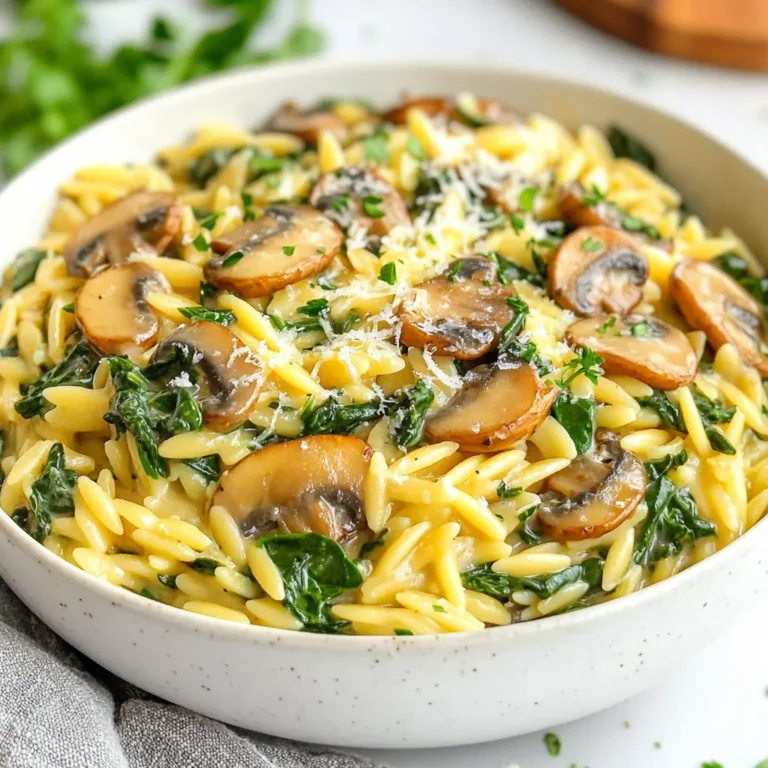 Für diesen leckeren Pilz-Spinat-Orzo brauchen wir einige Hauptzutaten. Diese Zutaten geben dem Gericht seinen tollen Geschmack und die cremige Textur. Hier sind die Zutaten: - 1 Tasse Orzo-Nudeln - 2 Esslöffel Olivenöl - 1 mittlere Zwiebel, gehackt - 3 Knoblauchzehen, fein gehackt - 225 g Champignons, in Scheiben geschnitten - 2 Tassen frische Spinatblätter - 1 Tasse Gemüsebrühe - 1 Tasse Sahne oder Kokoscreme für eine vegane Option - 1/2 Teelöffel getrockneter Thymian - 1/4 Teelöffel Muskatnuss - Salz und schwarzer Pfeffer nach Geschmack - 1/4 Tasse geriebener Parmesan (optional zum Servieren) - Frische Petersilie, gehackt zum Garnieren Jede dieser Zutaten spielt eine wichtige Rolle. Die Orzo-Nudeln sind die Basis. Die Pilze und der Spinat bringen frische Aromen. Die Sahne macht alles schön cremig. Manchmal hat man nicht alle Zutaten zu Hause. Hier sind einige Alternativen, die du verwenden kannst: - Reis oder Quinoa statt Orzo-Nudeln - Sonnenblumenöl oder Rapsöl statt Olivenöl - Schalotten oder Frühlingszwiebeln statt Zwiebel - Verschiedene Pilzsorten wie Shiitake oder Portobello - Gemüsebrühe kann durch Hühnerbrühe ersetzt werden - Joghurt oder Mandelmilch statt Sahne Diese Alternativen schmecken auch gut. So bleibt das Gericht flexibel und einfach. Wenn du den Geschmack intensivieren möchtest, probiere diese Gewürze: - 1/4 Teelöffel Knoblauchpulver für mehr Knoblauchgeschmack - 1 Teelöffel Paprika für eine rauchige Note - Frische Kräuter wie Basilikum oder Oregano Diese Gewürze bringen das Gericht auf das nächste Level. Sie helfen, neue Aromen zu entdecken und die Mahlzeit zu bereichern. Jetzt bist du bereit, die Zutaten für deinen cremigen Pilz-Spinat-Orzo zusammenzustellen! {{ingredient_image_2}} Kochen Sie zuerst die Orzo-Nudeln. Bringen Sie einen großen Topf mit gesalzenem Wasser zum Kochen. Fügen Sie die Orzo-Nudeln hinzu und kochen Sie sie gemäß den Anweisungen auf der Packung. Sie sollten al dente sein. Das dauert etwa 8-10 Minuten. Gießen Sie die Nudeln ab und stellen Sie sie beiseite. Nehmen Sie denselben Topf und erhitzen Sie 2 Esslöffel Olivenöl bei mittlerer Hitze. Fügen Sie die gehackte Zwiebel hinzu. Braten Sie sie an, bis sie weich und durchsichtig ist. Das dauert etwa 3-4 Minuten. Jetzt geben Sie den fein gehackten Knoblauch hinzu. Braten Sie ihn für eine weitere Minute an. Jetzt kommen die Champignons. Schneiden Sie 225 g Champignons in Scheiben und geben Sie sie in den Topf. Kochen Sie die Champignons, bis sie zart und goldbraun sind. Das dauert etwa 5-6 Minuten. Fügen Sie dann die 2 Tassen frischen Spinatblätter hinzu. Rühren Sie alles gut um. Gießen Sie 1 Tasse Gemüsebrühe und 1 Tasse Sahne oder Kokoscreme in den Topf. Fügen Sie 1/2 Teelöffel getrockneten Thymian und 1/4 Teelöffel Muskatnuss hinzu. Lassen Sie die Mischung leicht köcheln, bis der Spinat zusammengefallen ist. Jetzt kommen die gekochten Orzo-Nudeln in den Topf. Rühren Sie alles gut durch und erhitzen Sie es für 2-3 Minuten. Würzen Sie mit Salz und schwarzem Pfeffer nach Geschmack. Wenn Sie möchten, fügen Sie 1/4 Tasse geriebenen Parmesan hinzu, bis er schmilzt. Lassen Sie das Gericht eine Minute ruhen. Jetzt können Sie servieren! Um die perfekte Konsistenz für deinen Orzo zu erreichen, ist es wichtig, die Nudeln al dente zu kochen. Koche sie in gesalzenem Wasser. Achte darauf, die Anweisungen auf der Verpackung zu befolgen. Nach dem Abgießen, lasse die Nudeln nicht zu lange stehen. So bleiben sie schön bissfest. Ein häufiger Fehler beim Kochen ist, die Temperatur zu hoch einzustellen. Wenn du die Zwiebel und den Knoblauch anbrätst, nutze mittlere Hitze. So brennen sie nicht an. Ein weiterer Fehler ist zu viel Flüssigkeit hinzuzufügen. Halte die Gemüsebrühe und Sahne im richtigen Verhältnis. Das sorgt für eine cremige, aber nicht wässrige Mischung. Die Präsentation macht viel aus. Serviere den cremigen Pilz-Spinat-Orzo in schönen Schalen. Garniere mit frischer Petersilie für Farbe. Du kannst auch etwas geriebenen Parmesan darüber streuen. Das sieht nicht nur gut aus, es schmeckt auch besser. Wenn du magst, füge einige geröstete Pinienkerne hinzu. Sie bringen einen tollen Crunch. Pro Tipps Frische Kräuter hinzufügen: Verleihen Sie dem Gericht mit frischen Kräutern wie Basilikum oder Oregano eine zusätzliche Geschmackstiefe. Variieren Sie die Pilzsorten: Experimentieren Sie mit verschiedenen Pilzen wie Shiitake oder Portobello für einen intensiveren Geschmack. Orzo nicht zu lange kochen: Achten Sie darauf, die Orzo-Nudeln al dente zu kochen, damit sie beim Mischen mit der Sauce nicht matschig werden. Für mehr Cremigkeit sorgen: Fügen Sie etwas mehr Sahne oder Kokoscreme hinzu, um das Gericht noch cremiger zu machen, falls gewünscht. {{image_4}} Wenn du eine vegane Option möchtest, kannst du die Sahne durch Kokoscreme ersetzen. Diese Creme hat einen milden Geschmack und macht das Gericht schön cremig. Du erhältst eine reichhaltige und leckere Mahlzeit, die auch ohne tierische Produkte gut schmeckt. Achte darauf, die Kokoscreme gut zu verrühren, bis sie gleichmäßig verteilt ist. Möchtest du mehr Protein? Füge einfach Hühnerbrust oder Tofu hinzu. Wenn du Huhn wählst, schneide es in kleine Stücke und brate es zusammen mit der Zwiebel an. Für Tofu nimm festen Tofu, schneide ihn in Würfel und brate ihn goldbraun. Diese Zusätze machen deinen Pilz-Spinat-Orzo noch nahrhafter. Im Herbst kannst du Kürbis oder Süßkartoffeln hinzufügen. Diese Zutaten bringen eine süße Note und tolle Farbe in das Gericht. Koche die Kürbis- oder Süßkartoffelwürfel vorher kurz, bevor du sie mit den anderen Zutaten mischst. So werden sie weich und fügen sich gut in die cremige Mischung ein. Wenn Sie Reste von cremigem Pilz-Spinat-Orzo haben, lagern Sie diese in einem luftdichten Behälter. Lassen Sie das Gericht zuerst auf Raumtemperatur abkühlen. Dann decken Sie den Behälter gut ab. So bleibt der Geschmack frisch und die Konsistenz gut. Um die Cremigkeit beim Wiederaufwärmen zu erhalten, geben Sie etwas Flüssigkeit hinzu. Gemüsebrühe oder Sahne sind gute Optionen. Erhitzen Sie das Gericht langsam auf mittlerer Hitze. Rühren Sie oft um, damit es gleichmäßig warm wird. Vermeiden Sie hohe Hitze, um ein Anbrennen zu verhindern. Im Kühlschrank hält sich der Orzo etwa 3 bis 4 Tage. Wenn Sie es länger aufbewahren wollen, frieren Sie es ein. Im Gefrierfach bleibt es bis zu 3 Monate frisch. Lassen Sie es vor dem Essen einfach im Kühlschrank auftauen. Die Zubereitung dauert etwa 30 Minuten. Du hast 10 Minuten für die Vorbereitung und 20 Minuten zum Kochen. Das Gericht ist schnell und einfach. Perfekt für ein schnelles Abendessen oder ein Mittagessen. Ja, du kannst Orzo mit anderen Nudeln ersetzen. Du kannst kleine Formen wie Reisnudeln oder Fusilli verwenden. Achte darauf, die Kochzeit anzupassen. Es ist wichtig, die Nudeln al dente zu kochen. So bleibt das Gericht lecker. Ja, die Zutaten sind gesund und nahrhaft. Spinat bietet viele Vitamine und Mineralien. Champignons sind reich an Antioxidantien. Olivenöl hat gesunde Fette. Verwende Kokoscreme für eine vegane Option. Achte auf die Menge an Parmesan, wenn du Kalorien sparen möchtest. Cremiger Pilz-Spinat-Orzo ist einfach zuzubereiten. Du hast gelernt, welche Zutaten wichtig sind und wie du sie Schritt für Schritt verarbeitest. Ich habe auch Tipps gegeben, um die perfekte Konsistenz zu erreichen und häufige Fehler zu vermeiden. Vergiss nicht, Variationen hinzuzufügen, um die Gerichte interessanter zu machen. Die richtige Lagerung sichert den Geschmack. Egal, ob du es frisch isst oder aufbewahrst, dieses Rezept wird sicher begeistern. Probiere es aus, und genieße jede Gabel!