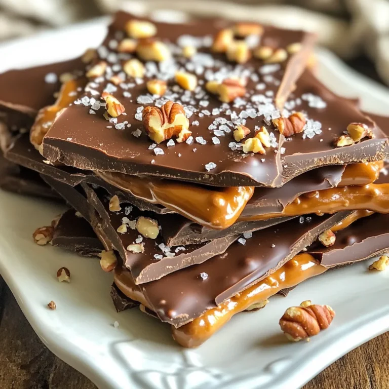 - 2 Tassen Brezelstangen - 1 Tasse semi-süße Schokoladenstückchen - 1 Tasse Karamellbonbons - 2 Esslöffel Schlagsahne - 1/2 Teelöffel Meersalz - Optional: gehackte Nüsse Für ein einfaches und köstliches Rezept benötigst du einige Zutaten. Die Brezelstangen geben einen tollen Crunch. Die semi-süßen Schokoladenstückchen bringen die Süße. Die Karamellbonbons sind der Star und machen alles besonders lecker. Schlagsahne hilft, das Karamell cremig zu machen. Ein bisschen Meersalz oben drauf gibt einen schönen Kontrast. Wenn du magst, kannst du auch gehackte Nüsse hinzufügen. Sie geben zusätzliche Textur und einen tollen Geschmack. Diese Zutaten sind leicht zu finden. Du kannst alles in einem normalen Supermarkt kaufen. Bereite sie vor, und du bist bereit für das Kochen! {{ingredient_image_2}} Heize deinen Ofen auf 175°C vor. Lege ein Backblech mit Backpapier aus. Dies hilft beim späteren Entfernen. Verteile die Brezelstangen gleichmäßig auf dem Blech. Achte darauf, dass die gesamte Fläche bedeckt ist. Nimm einen kleinen Topf und stelle ihn auf niedrige Hitze. Gib die entpackten Karamellbonbons zusammen mit der Schlagsahne hinein. Rühre ständig, bis das Karamell flüssig und glatt ist. Dies kann einige Minuten dauern, also bleib geduldig. Gieße das geschmolzene Karamell gleichmäßig über die Brezelstangen. Verwende einen Spatel, um das Karamell gut zu verteilen. Backe die Mischung im Ofen für etwa 5 Minuten. Das Karamell sollte warm und leicht blubbernd sein. Während die Mischung backt, schmelze die Schokoladenstückchen in einer mikrowellengeeigneten Schüssel. Mache dies in 30-Sekunden-Intervallen und rühre dazwischen. Wenn die Schokolade glatt ist, nimm die Brezel-Karamell-Mischung aus dem Ofen. Träufle die geschmolzene Schokolade gleichmäßig darüber. Falls gewünscht, streue die gehackten Nüsse über die Schokoladenschicht. Vergiss nicht, eine Prise Meersalz darüber zu geben. Lass die Bark bei Raumtemperatur etwa 30 Minuten abkühlen. Stelle sie dann in den Kühlschrank, bis sie fest ist. Breche die Bark in Stücke und genieße sie! - Richtiges Schmelzen der Schokolade: Schokolade kann schnell anbrennen. Schmelzen Sie sie in der Mikrowelle. Nutzen Sie eine mikrowellengeeignete Schüssel. Erhitzen Sie die Schokolade in 30-Sekunden-Intervallen. Rühren Sie nach jedem Intervall um. So vermeiden Sie Klumpen. - Karamell nicht zu lange erhitzen: Karamell wird hart, wenn es zu lange kocht. Rühren Sie kontinuierlich, während es schmilzt. Wenn es blubbert, ist es bereit für die Brezelstangen. Überhitzen Sie es nicht, um eine cremige Konsistenz zu behalten. - Anrichten auf dekorativen Tellern: Servieren Sie die Bark auf einem schönen Teller. Das macht das Dessert ansprechender. Sie können die Stücke auch in schönen Formen anordnen. So sieht es einladend aus. - Verwendung von Backpapierteilen: Schneiden Sie kleine Stücke Backpapier aus. Legen Sie diese unter die Bark-Stücke. Das gibt einen schönen Akzent. Außerdem schützt es Ihre Hände und macht das Essen einfacher. Pro Tipps Die richtige Schokolade wählen: Verwenden Sie hochwertige semi-süße Schokoladenstückchen für den besten Geschmack und eine schöne Schmelzqualität. Karamell richtig schmelzen: Achten Sie darauf, das Karamell bei niedriger Hitze zu schmelzen und kontinuierlich zu rühren, um ein Anbrennen zu vermeiden. Zusätzliche Textur hinzufügen: Gehackte Nüsse wie Pekannüsse oder Mandeln sorgen für einen knusprigen Kontrast zur weichen Schokolade und dem Karamell. Für die perfekte Konsistenz kühlen: Lassen Sie die Bark zuerst bei Raumtemperatur abkühlen, bevor Sie sie in den Kühlschrank stellen, um die ideale Textur zu erreichen. {{image_4}} Du kannst deine Schokoladen-Karamell-Brezel-Bark aufpeppen. Ein einfacher Weg ist die Zugabe von Gewürzen. Zum Beispiel, eine Prise Zimt kann dem Rezept eine warme Note geben. Du kannst auch andere Gewürze ausprobieren wie Muskatnuss oder sogar Chili für einen kleinen Kick. Ein weiterer guter Trick ist die Verwendung von verschiedenen Schokoladensorten. Du kannst Vollmilchschokolade für mehr Süße nehmen oder dunkle Schokolade für einen intensiveren Geschmack. Weiße Schokolade bringt eine cremige Textur und eine süße Note. Misch deine Lieblingssorten und finde deinen perfekten Mix! Für glutenfreie Optionen kannst du glutenfreie Brezelstangen verwenden. Achte darauf, die Zutaten zu prüfen. Viele Marken bieten tolle glutenfreie Brezeln an. So kannst du alle Geschmäcker genießen, ohne auf Gluten zu verzichten. Wenn du eine vegane Variante machen möchtest, gibt es auch hier Lösungen. Du kannst vegane Schokolade und Karamellbonbons verwenden. Viele Marken bieten pflanzliche Alternativen an. Achte darauf, dass die Schlagsahne auch vegan ist. So kannst du ein köstliches Dessert ohne tierische Produkte genießen. Optimale Lagertemperaturen: Bewahren Sie die Schokoladen-Karamell-Brezel-Bark im Kühlschrank auf. Die kühle Umgebung hält die Bark fest und frisch. Stellen Sie sicher, dass die Temperatur um die 4°C liegt. So bleibt die Schokolade knackig und das Karamell bleibt weich, aber nicht klebrig. Wie man die Frische erhält: Legen Sie die Bark in einen luftdichten Behälter. Trennen Sie die Schichten mit Backpapier, damit sie nicht zusammenkleben. So bleibt die Bark mehrere Tage frisch. Vermeiden Sie, sie in der Nähe von stark riechenden Lebensmitteln zu lagern. Die Bark kann Gerüche aufnehmen, was den Geschmack beeinflussen kann. Hinweise zur Verwendung innerhalb bestimmter Zeiträume: Die Schokoladen-Karamell-Brezel-Bark ist bis zu zwei Wochen haltbar. Nach dieser Zeit kann die Qualität sinken. Achten Sie auf den Geschmack und die Textur. Wenn die Bark trocken oder bröckelig wird, ist es Zeit, sie wegzuwerfen. Genießen Sie die Bark frisch für den besten Genuss! Um die Schokolade gut zu schmelzen, benutze die Mikrowelle. Stelle die Schokoladenstückchen in eine mikrowellenfeste Schüssel. Erhitze sie in 30-Sekunden-Intervallen. Rühre die Schokolade nach jedem Intervall um. So vermeidest du, dass sie anbrennt. Wenn die Schokolade glatt aussieht, ist sie fertig. Ja, du kannst viele Nüsse verwenden! Anstatt Pekannüsse oder Mandeln kannst du Walnüsse oder Cashews nehmen. Diese Nüsse bringen andere Geschmäcker und Texturen mit. Du kannst auch ganz auf Nüsse verzichten, wenn du es einfacher magst. Die Bark braucht etwa 30 Minuten bei Raumtemperatur zum Abkühlen. Danach stelle sie in den Kühlschrank. Dort sollte sie mindestens eine Stunde bleiben. Um zu prüfen, ob die Bark fest ist, drücke leicht mit dem Finger darauf. Sie sollte hart und nicht klebrig sein. In diesem Blogbeitrag haben wir die Zutaten und die Schritte zur Herstellung von Schokoladen-Karamell-Brezel-Bark behandelt. Du hast gelernt, wie man die Brezelstangen vorbereitet, das Karamell zubereitet und die Bark zusammenstellt. Zudem erhieltst du Tipps, um häufige Fehler zu vermeiden und die Bark schön zu präsentieren. Variationen und Lagerinformationen runden das Ganze ab. Nutze diese Anleitungen, um deine eigene Köstlichkeit zu kreieren und genieße die leckeren Ergebnisse!