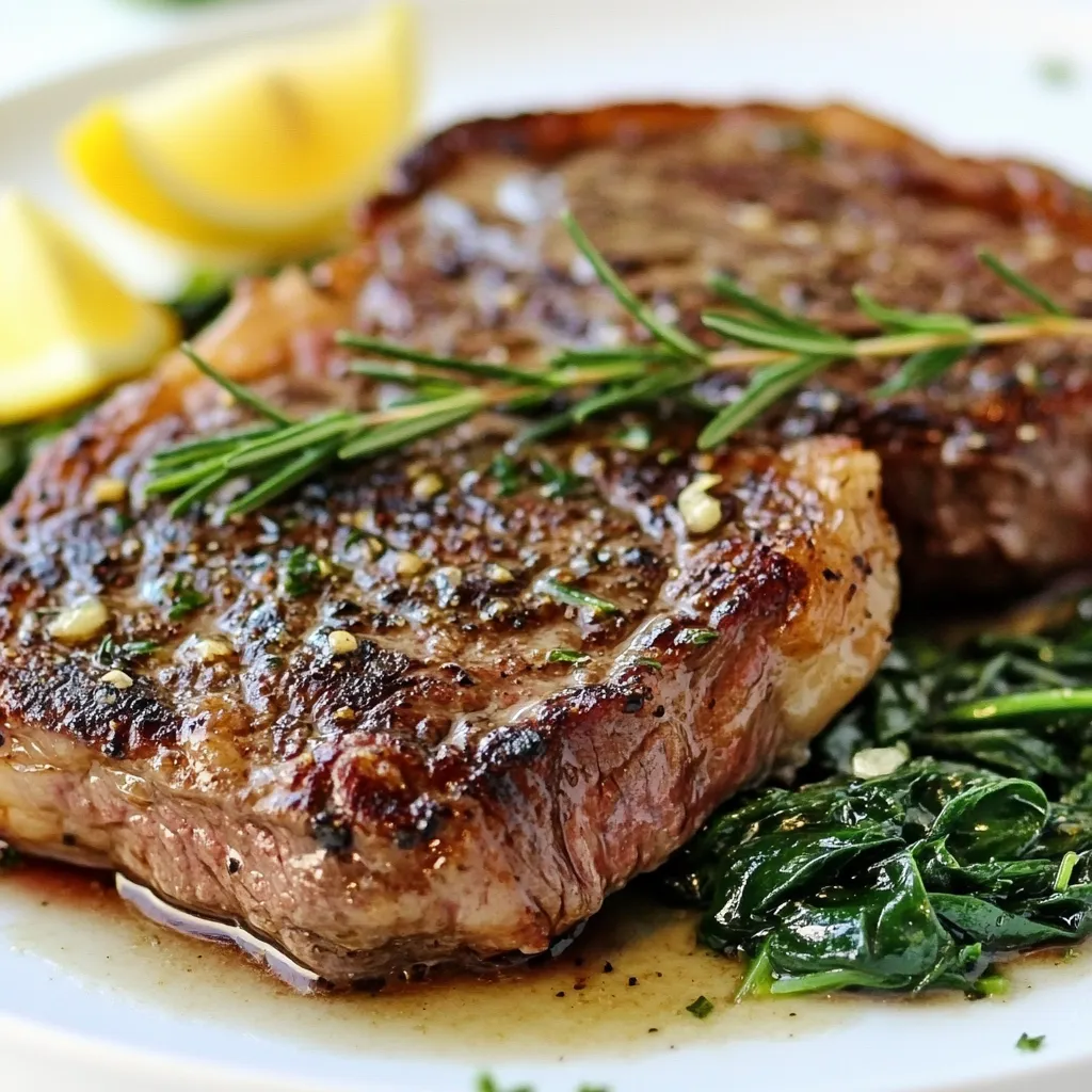 - 2 Ribeye-Steaks (ca. 2,5 cm dick) - Salz und schwarzer Pfeffer, nach Geschmack - 2 Esslöffel Olivenöl - 4 Esslöffel ungesalzene Butter - 5 Knoblauchzehen, fein gehackt - 1 Esslöffel frischer Rosmarin, gehackt - 1 Esslöffel frische Thymianblätter - 1 Tasse frischer Spinat (optional, zum Servieren) - Zitronenschnitten, zum Garnieren Wähle frische Zutaten für den besten Geschmack. Achte besonders auf die Steaks. Sie sollten gut marmoriert sein. Das Fett macht das Steak saftig. Frischer Knoblauch ist wichtig. Er bringt den besten Geschmack. Verwende frische Kräuter, wenn möglich. Das hebt den Gesamteindruck des Gerichts. Achte beim Kauf auf die Farbe. Das Fleisch sollte eine tiefrote Farbe haben. Achte auch auf die Marmorierung. Sie zeigt, dass das Steak saftig ist. Fragen Sie den Metzger nach dem Alter des Fleisches. Ältere Steaks sind oft zarter. Probiere verschiedene Cuts aus. Ribeye hat viel Geschmack, aber auch Filet ist sehr gut. {{ingredient_image_2}} Lass die Ribeye-Steaks etwa 30 Minuten bei Raumtemperatur ruhen. Das hilft, sie gleichmäßig zu garen. Tupfe die Steaks mit einem Papierhandtuch trocken. Würze sie großzügig mit Salz und schwarzem Pfeffer auf beiden Seiten. So schmecken die Steaks besser. Erhitze eine große gusseiserne Pfanne. Gib das Olivenöl hinein und stelle die Hitze auf mittelhoch. Warte, bis das Öl leicht schimmert. Das zeigt, dass die Pfanne bereit ist. Lege die gewürzten Steaks vorsichtig in die Pfanne. Brate sie für etwa 4-5 Minuten ohne sie zu wenden. Du willst eine goldbraune Kruste. Wende die Steaks dann um. Füge die Butter, den gehackten Knoblauch, den Rosmarin und die Thymianblätter hinzu. Koche sie für weitere 3-4 Minuten. Löffle die geschmolzene Butter über die Steaks. Das gibt viel Geschmack. Nutze ein Fleischthermometer, um die Innentemperatur zu überprüfen. Koche die Steaks zu deinem gewünschten Gargrad. 130°F ist medium-rare, 140°F ist medium. Nimm die Steaks aus der Pfanne und lasse sie 5-10 Minuten auf einem Schneidebrett ruhen. So bleiben sie saftig. Wenn du Spinat verwenden willst, füge ihn zur restlichen Buttermischung in der Pfanne hinzu. Schwenke ihn für 1-2 Minuten, bis er zusammengefallen ist. Das macht das Gericht bunter und gesünder. Schneide die Steaks gegen die Faser in Scheiben. Serviere sie warm auf einem Teller. Träufle die Knoblauchbuttersauce darüber. Füge den sautierten Spinat als frische Beilage hinzu. Garniere das Gericht mit Zitronenschnitten für einen frischen Akzent. So sieht alles toll aus und schmeckt lecker! Die Garzeiten sind wichtig für den perfekten Steakgenuss. Hier sind die Zeiten für verschiedene Garstufen: - Rare: 120-125°F, etwa 2-3 Minuten pro Seite - Medium-Rare: 130-135°F, etwa 4-5 Minuten pro Seite - Medium: 140-145°F, etwa 6-7 Minuten pro Seite - Medium-Well: 150-155°F, etwa 8-9 Minuten pro Seite - Well-Done: 160°F und höher, etwa 10-12 Minuten pro Seite Die Zeiten können je nach Dicke des Steaks variieren. Ein Fleischthermometer hilft, die perfekte Temperatur zu finden. Eine knusprige Kruste macht das Steak besonders lecker. Hier sind einige Tipps: - Verwende eine heiße Pfanne: Die Pfanne muss vor dem Hinzufügen der Steaks heiß sein. - Lass die Steaks ungestört: Wende die Steaks erst nach einigen Minuten. So bildet sich eine schöne Kruste. - Trockne die Steaks: Tupfe sie mit einem Papiertuch trocken, bevor du sie würzt. Die Kombination aus Hitze und Geduld sorgt für die beste Kruste. Frische Kräuter bringen viel Geschmack ins Spiel. Hier sind einige, die gut passen: - Rosmarin: Gibt einen starken, aromatischen Geschmack. - Thymian: Hat einen leicht süßlichen und erdigen Geschmack. Füge die Kräuter in der letzten Kochphase hinzu. So bleibt ihr Aroma frisch und intensiv. Pro Tipps Ruhen Lassen: Lass die Steaks nach dem Braten einige Minuten ruhen, damit die Säfte sich setzen und das Fleisch saftiger wird. Temperaturkontrolle: Verwende ein Fleischthermometer, um sicherzustellen, dass die Steaks genau den gewünschten Gargrad erreichen. Frische Kräuter: Nutze frische Kräuter für mehr Geschmack; Rosmarin und Thymian passen besonders gut zu Rindfleisch. Butter Baste: Löffle während des Bratens die geschmolzene Butter über die Steaks, um zusätzlichen Geschmack und eine schöne Kruste zu erzeugen. {{image_4}} Wenn du kein Ribeye-Steak magst, probiere Rinderfilet oder Lammkoteletts. Du kannst auch Hähnchenbrust verwenden. Achte darauf, die Garzeit anzupassen. Dünnere Stücke benötigen weniger Zeit. Bei Hähnchen kannst du die gleiche Knoblauchbutter verwenden. Das gibt dem Gericht den gleichen tollen Geschmack. Für eine vegetarische Option nehme Tofu oder Portobello-Pilze. Mariniere den Tofu in der Knoblauchbutter und brate ihn in der Pfanne. Portobello-Pilze sind groß und saftig. Sie nehmen den Geschmack gut auf. Brate sie einfach in der gleichen Buttermischung. Serviere sie mit dem Spinat für eine leckere Mahlzeit. Du kannst die Gewürze leicht anpassen. Probiere Paprika oder Kreuzkümmel für einen neuen Twist. Füge auch Zwiebeln oder Champignons in die Pfanne hinzu. Sie bringen mehr Geschmack und Textur. Als Beilagen passen Kartoffelpüree oder ein frischer Salat gut dazu. Dadurch wird das Gericht noch bunter und interessanter. Um die Reste deiner Knoblauchbutter Steakpfanne frisch zu halten, lege sie in einen luftdichten Behälter. Stelle sicher, dass der Behälter gut verschlossen ist. So bleibt der Geschmack erhalten. Du kannst auch die Steaks in Alufolie einwickeln. Dies hilft, die Feuchtigkeit zu bewahren und trockene Stellen zu vermeiden. Du kannst die Reste bis zu drei Tage im Kühlschrank aufbewahren. Achte darauf, dass die Temperatur unter 4 Grad Celsius liegt. Nach drei Tagen kann der Geschmack nachlassen und die Qualität sinkt. Wenn du dir nicht sicher bist, rieche an den Steaks. Wenn sie unangenehm riechen, wirf sie weg. Wenn du die Steaks länger aufbewahren möchtest, friere sie ein. Lege die Steaks in einen gefriergeeigneten Behälter oder in einen Gefrierbeutel. Stelle sicher, dass du die Luft herausdrückst, bevor du den Beutel verschließt. So schützt du die Steaks vor Gefrierbrand. Du kannst die Steaks bis zu drei Monate einfrieren. Um die Steaks wieder aufzuwärmen, tau sie zuerst im Kühlschrank auf. Danach kannst du sie in einer Pfanne bei mittlerer Hitze aufwärmen. So bleiben die Steaks zart und saftig. Vermeide die Mikrowelle, da sie das Fleisch austrocknen kann. Lass die Steaks nach dem Braten 5 bis 10 Minuten ruhen. Dies hilft, den Saft im Steak zu halten. Wenn du die Steaks sofort anschneidest, verläuft der Saft. Das Steak wird dann trocken und weniger zart. Durch das Ruhen wird das Fleisch saftiger und geschmackvoller. Ja, du kannst die Knoblauchbutter im Voraus machen. Mische die Butter, den gehackten Knoblauch, Rosmarin und Thymian in einer Schüssel. Stelle die Mischung dann in den Kühlschrank. Du kannst sie bis zu einer Woche aufbewahren. Vor dem Kochen lass die Butter weich werden. So schmilzt sie besser über das Steak. Zu Knoblauchbutter Steakpfanne passen viele Beilagen. Frischer Spinat bringt Farbe und Geschmack. Du kannst auch Kartoffeln, Reis oder ein frischer Salat servieren. Ofengemüse oder gebratene Pilze sind ebenfalls gute Optionen. Diese Beilagen ergänzen das Steak perfekt und machen das Gericht komplett. Der beste Weg, den Gargrad zu überprüfen, ist ein Fleischthermometer. Stecke es in die dickste Stelle des Steaks. Für medium-rare sollte die Temperatur etwa 54°C betragen. Für medium sind es etwa 60°C. Achte darauf, das Steak nicht zu überkochen. So bleibt es zart und saftig. Um ein perfektes Steak zuzubereiten, sind hochwertige Zutaten und die richtige Technik wichtig. Wir haben alle benötigten Zutaten aufgelistet und Tipps zur Auswahl gegeben. Die Schritt-für-Schritt-Anleitung sorgt dafür, dass Sie jedes Mal schmackhafte Steaks erhalten. Tipps und Tricks helfen Ihnen, die Garzeiten und die Kruste zu meistern. Variationen bringen neuen Schwung in Ihre Küche, auch für Vegetarier. Denken Sie an die richtigen Lagerungshinweise für Reste. Genießen Sie Ihr Steak in vollen Zügen, und testen Sie die verschiedenen Möglichkeiten!