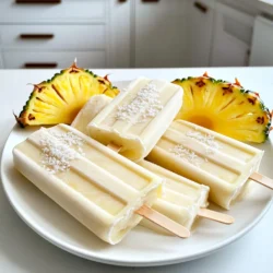 Um diese leckeren Kokosnuss-Ananas-Popsicles zuzubereiten, benötigst du folgende Hauptzutaten: - 2 Tassen frische Ananas, gewürfelt - 1 Dose (13,5 oz) Kokosmilch - 1/4 Tasse Honig oder Ahornsirup (nach Geschmack anpassen) - 1 Esslöffel Limettensaft - 1/4 Tasse ungesüßte, geraspelte Kokosnuss (für zusätzliche Textur) - Eine Prise Salz Diese Zutaten sorgen für einen frischen und tropischen Geschmack. Die Kombination aus Ananas und Kokosnuss bringt den Sommer direkt in deine Küche. Falls du Allergien hast oder bestimmte Zutaten nicht magst, gibt es gute Alternativen. Du kannst die Ananas durch Mango oder Papaya ersetzen. Wenn du keine Kokosmilch magst, probiere Mandel- oder Hafermilch. Für eine vegane Süße kannst du Agavensirup anstelle von Honig verwenden. Diese Optionen passen gut zu den anderen Zutaten und bieten dir viele Möglichkeiten. Die Zutaten in diesen Popsicles bringen viele gesundheitliche Vorteile. Ananas hat viel Vitamin C und fördert die Verdauung. Kokosmilch enthält gesunde Fette, die gut für die Haut sind. Honig bietet natürliche Süße und hat antibakterielle Eigenschaften. Limettensaft ist reich an Antioxidantien und unterstützt dein Immunsystem. Mit diesen gesunden Zutaten machst du nicht nur einen köstlichen Snack, sondern tust auch etwas Gutes für deinen Körper. Zuerst bereiten Sie alle Zutaten vor. Schneiden Sie die frische Ananas in kleine Stücke. Verwenden Sie zwei Tassen gewürfelte Ananas. Messen Sie dann eine Dose Kokosmilch ab. Diese sorgt für eine cremige Textur. Nehmen Sie 1/4 Tasse Honig oder Ahornsirup für die Süße. Fügen Sie 1 Esslöffel Limettensaft für etwas Frische hinzu. Eine Prise Salz hebt die Aromen hervor. Vergessen Sie nicht die geraspelte Kokosnuss. Diese gibt den Popsicles einen tollen Biss. Jetzt geht es ans Mixen! Geben Sie alle vorbereiteten Zutaten in einen Mixer. Mixen Sie alles gründlich, bis die Mischung glatt ist. Es sollte eine cremige Konsistenz entstehen. Probieren Sie die Mischung. Passen Sie die Süße nach Ihrem Geschmack an. Fügen Sie bei Bedarf mehr Honig oder Sirup hinzu. Danach rühren Sie die ungesüßte, geraspelte Kokosnuss unter. Diese sorgt für eine interessante Textur in jedem Bissen. Der letzte Schritt ist das Einfrieren. Gießen Sie die Mischung vorsichtig in die Popsicle-Formen. Lassen Sie oben etwas Platz, damit die Mischung sich ausdehnen kann. Setzen Sie die Popsicle-Stiele in die Formen. Jetzt kommt der spannende Teil: frieren! Stellen Sie die Formen in den Gefrierschrank. Lassen Sie sie mindestens 4 bis 6 Stunden gefrieren. Wenn sie fest sind, halten Sie die Formen kurz unter warmes Wasser. So lassen sich die Popsicles leicht herausziehen. Genießen Sie Ihre tropischen Kreationen! Um eine cremige Konsistenz zu erreichen, verwenden Sie hochwertige Kokosmilch. Achten Sie darauf, dass sie gut verrührt ist. Wenn die Mischung zu flüssig ist, fügen Sie mehr geraspelte Kokosnuss hinzu. Sie können auch etwas Banane oder griechischen Joghurt hinzufügen. Beide sorgen für eine extra Cremigkeit und einen tollen Geschmack. Die Süße ist wichtig für den Geschmack. Beginnen Sie mit 1/4 Tasse Honig oder Ahornsirup. Mixen Sie die Zutaten gut und probieren Sie die Mischung. Wenn Sie es süßer mögen, fügen Sie nach Bedarf mehr hinzu. Denken Sie daran, dass frische Ananas auch süß ist. Daher kann die Menge variieren, je nach Reife der Ananas. Um die Popsicles leicht zu lösen, halten Sie die Formen kurz unter warmes Wasser. Dies hilft, die Popsicles zu lockern. Achten Sie darauf, nur kurz zu halten, damit sie nicht schmelzen. Ziehen Sie die Popsicles sanft aus den Formen. Wenn sie sich nicht lösen, versuchen Sie, die Formen leicht zu drehen. {{image_4}} Du kannst die Ananas leicht durch andere Früchte ersetzen. Mango, Erdbeeren oder Himbeeren passen gut. Diese Früchte bringen neue Farben und Geschmäcker. Kombiniere Ananas mit Banane für einen cremigen Biss. Mische verschiedene Früchte in einer Form für einen hübschen Regenbogen-Effekt. Das macht die Popsicles noch interessanter. Um die Popsicles vegan zu machen, ersetze den Honig durch Agavensirup. Er hat einen ähnlichen süßen Geschmack. Verwende immer ungesüßte Kokosmilch, um die Kreation rein pflanzlich zu halten. Du kannst auch andere pflanzliche Milchsorten verwenden, wie Mandel- oder Hafermilch. Das bleibt lecker und freundlich zu Pflanzen. Füge ein wenig Ingwer oder Minze hinzu, um einen frischen Geschmack zu bekommen. Eine Prise Zimt kann auch für einen warmen, würzigen Kick sorgen. Experimentiere mit verschiedenen Zitrusfrüchten wie Orange oder Grapefruit. Diese neuen Aromen machen die Popsicles aufregend und anders. Zeige deine Kreativität und finde deinen perfekten Mix! Um die Kokosnuss-Ananas-Popsicles frisch zu halten, lagere sie in einem luftdichten Behälter. So bleibt der Geschmack erhalten. Du kannst auch Frischhaltefolie verwenden, um die Formen abzudecken. Achte darauf, dass die Popsicles nicht zu lange der Luft ausgesetzt sind. Dies verhindert, dass sie gefrieren und Geschmack verlieren. Die Popsicles halten sich im Gefrierschrank bis zu zwei Monate. Nach dieser Zeit kann der Geschmack und die Textur leiden. Wenn du sie länger aufbewahren willst, beschrifte die Behälter mit dem Datum. So behältst du den Überblick über ihre Frische. Nach dem Einfrieren solltest du die Popsicles vorsichtig aus den Formen nehmen. Halte die Formen kurz unter warmes Wasser, damit sie sich leicht lösen. Lege die Popsicles dann in den luftdichten Behälter. Trenne sie mit Backpapier, damit sie nicht zusammenkleben. So hast du jederzeit einen erfrischenden Snack bereit. Die Popsicles halten sich gut im Gefrierfach. Normalerweise bleiben sie bis zu zwei Monate frisch. Achte darauf, sie in einem luftdichten Behälter zu lagern. So bleiben sie geschützt und behalten ihren Geschmack. Ja, du kannst die Popsicles ohne Zucker machen. Verwende einfach mehr frische Ananas. Diese Frucht hat von Natur aus Süße. Du kannst auch Süßstoffe wie Stevia oder Erythrit verwenden. Das gibt dir die Süße, ohne Zucker zu nutzen. Wenn die Popsicles zu fest sind, lasse sie kurz bei Raumtemperatur stehen. Dies macht sie weicher und leichter zu essen. Alternativ kannst du die Formen kurz unter warmes Wasser halten. Das hilft, sie einfacher herauszuziehen. Diese Anleitung zeigt, wie man köstliche Tropische Kokosnuss-Ananas-Popsicles selbst macht. Wir haben die besten Zutaten betrachtet und gesunde Vorteile hervorgehoben. Außerdem gab es Tipps für eine cremige Konsistenz und süße Anpassungen. Variationen ermöglichen individuelle Geschmäcker. Achte auf die richtigen Lagerungshinweise, um die Popsicles frisch zu halten. Insgesamt bieten diese Popsicles eine einfache, gesunde und leckere Möglichkeit, jeden Tag zu genießen. Jetzt bist du bereit, eigene Popsicles zu kreieren!