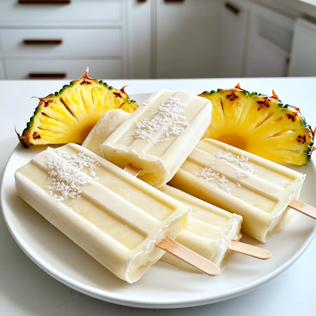 Um diese leckeren Kokosnuss-Ananas-Popsicles zuzubereiten, benötigst du folgende Hauptzutaten: - 2 Tassen frische Ananas, gewürfelt - 1 Dose (13,5 oz) Kokosmilch - 1/4 Tasse Honig oder Ahornsirup (nach Geschmack anpassen) - 1 Esslöffel Limettensaft - 1/4 Tasse ungesüßte, geraspelte Kokosnuss (für zusätzliche Textur) - Eine Prise Salz Diese Zutaten sorgen für einen frischen und tropischen Geschmack. Die Kombination aus Ananas und Kokosnuss bringt den Sommer direkt in deine Küche. Falls du Allergien hast oder bestimmte Zutaten nicht magst, gibt es gute Alternativen. Du kannst die Ananas durch Mango oder Papaya ersetzen. Wenn du keine Kokosmilch magst, probiere Mandel- oder Hafermilch. Für eine vegane Süße kannst du Agavensirup anstelle von Honig verwenden. Diese Optionen passen gut zu den anderen Zutaten und bieten dir viele Möglichkeiten. Die Zutaten in diesen Popsicles bringen viele gesundheitliche Vorteile. Ananas hat viel Vitamin C und fördert die Verdauung. Kokosmilch enthält gesunde Fette, die gut für die Haut sind. Honig bietet natürliche Süße und hat antibakterielle Eigenschaften. Limettensaft ist reich an Antioxidantien und unterstützt dein Immunsystem. Mit diesen gesunden Zutaten machst du nicht nur einen köstlichen Snack, sondern tust auch etwas Gutes für deinen Körper. Zuerst bereiten Sie alle Zutaten vor. Schneiden Sie die frische Ananas in kleine Stücke. Verwenden Sie zwei Tassen gewürfelte Ananas. Messen Sie dann eine Dose Kokosmilch ab. Diese sorgt für eine cremige Textur. Nehmen Sie 1/4 Tasse Honig oder Ahornsirup für die Süße. Fügen Sie 1 Esslöffel Limettensaft für etwas Frische hinzu. Eine Prise Salz hebt die Aromen hervor. Vergessen Sie nicht die geraspelte Kokosnuss. Diese gibt den Popsicles einen tollen Biss. Jetzt geht es ans Mixen! Geben Sie alle vorbereiteten Zutaten in einen Mixer. Mixen Sie alles gründlich, bis die Mischung glatt ist. Es sollte eine cremige Konsistenz entstehen. Probieren Sie die Mischung. Passen Sie die Süße nach Ihrem Geschmack an. Fügen Sie bei Bedarf mehr Honig oder Sirup hinzu. Danach rühren Sie die ungesüßte, geraspelte Kokosnuss unter. Diese sorgt für eine interessante Textur in jedem Bissen. Der letzte Schritt ist das Einfrieren. Gießen Sie die Mischung vorsichtig in die Popsicle-Formen. Lassen Sie oben etwas Platz, damit die Mischung sich ausdehnen kann. Setzen Sie die Popsicle-Stiele in die Formen. Jetzt kommt der spannende Teil: frieren! Stellen Sie die Formen in den Gefrierschrank. Lassen Sie sie mindestens 4 bis 6 Stunden gefrieren. Wenn sie fest sind, halten Sie die Formen kurz unter warmes Wasser. So lassen sich die Popsicles leicht herausziehen. Genießen Sie Ihre tropischen Kreationen! Um eine cremige Konsistenz zu erreichen, verwenden Sie hochwertige Kokosmilch. Achten Sie darauf, dass sie gut verrührt ist. Wenn die Mischung zu flüssig ist, fügen Sie mehr geraspelte Kokosnuss hinzu. Sie können auch etwas Banane oder griechischen Joghurt hinzufügen. Beide sorgen für eine extra Cremigkeit und einen tollen Geschmack. Die Süße ist wichtig für den Geschmack. Beginnen Sie mit 1/4 Tasse Honig oder Ahornsirup. Mixen Sie die Zutaten gut und probieren Sie die Mischung. Wenn Sie es süßer mögen, fügen Sie nach Bedarf mehr hinzu. Denken Sie daran, dass frische Ananas auch süß ist. Daher kann die Menge variieren, je nach Reife der Ananas. Um die Popsicles leicht zu lösen, halten Sie die Formen kurz unter warmes Wasser. Dies hilft, die Popsicles zu lockern. Achten Sie darauf, nur kurz zu halten, damit sie nicht schmelzen. Ziehen Sie die Popsicles sanft aus den Formen. Wenn sie sich nicht lösen, versuchen Sie, die Formen leicht zu drehen. {{image_4}} Du kannst die Ananas leicht durch andere Früchte ersetzen. Mango, Erdbeeren oder Himbeeren passen gut. Diese Früchte bringen neue Farben und Geschmäcker. Kombiniere Ananas mit Banane für einen cremigen Biss. Mische verschiedene Früchte in einer Form für einen hübschen Regenbogen-Effekt. Das macht die Popsicles noch interessanter. Um die Popsicles vegan zu machen, ersetze den Honig durch Agavensirup. Er hat einen ähnlichen süßen Geschmack. Verwende immer ungesüßte Kokosmilch, um die Kreation rein pflanzlich zu halten. Du kannst auch andere pflanzliche Milchsorten verwenden, wie Mandel- oder Hafermilch. Das bleibt lecker und freundlich zu Pflanzen. Füge ein wenig Ingwer oder Minze hinzu, um einen frischen Geschmack zu bekommen. Eine Prise Zimt kann auch für einen warmen, würzigen Kick sorgen. Experimentiere mit verschiedenen Zitrusfrüchten wie Orange oder Grapefruit. Diese neuen Aromen machen die Popsicles aufregend und anders. Zeige deine Kreativität und finde deinen perfekten Mix! Um die Kokosnuss-Ananas-Popsicles frisch zu halten, lagere sie in einem luftdichten Behälter. So bleibt der Geschmack erhalten. Du kannst auch Frischhaltefolie verwenden, um die Formen abzudecken. Achte darauf, dass die Popsicles nicht zu lange der Luft ausgesetzt sind. Dies verhindert, dass sie gefrieren und Geschmack verlieren. Die Popsicles halten sich im Gefrierschrank bis zu zwei Monate. Nach dieser Zeit kann der Geschmack und die Textur leiden. Wenn du sie länger aufbewahren willst, beschrifte die Behälter mit dem Datum. So behältst du den Überblick über ihre Frische. Nach dem Einfrieren solltest du die Popsicles vorsichtig aus den Formen nehmen. Halte die Formen kurz unter warmes Wasser, damit sie sich leicht lösen. Lege die Popsicles dann in den luftdichten Behälter. Trenne sie mit Backpapier, damit sie nicht zusammenkleben. So hast du jederzeit einen erfrischenden Snack bereit. Die Popsicles halten sich gut im Gefrierfach. Normalerweise bleiben sie bis zu zwei Monate frisch. Achte darauf, sie in einem luftdichten Behälter zu lagern. So bleiben sie geschützt und behalten ihren Geschmack. Ja, du kannst die Popsicles ohne Zucker machen. Verwende einfach mehr frische Ananas. Diese Frucht hat von Natur aus Süße. Du kannst auch Süßstoffe wie Stevia oder Erythrit verwenden. Das gibt dir die Süße, ohne Zucker zu nutzen. Wenn die Popsicles zu fest sind, lasse sie kurz bei Raumtemperatur stehen. Dies macht sie weicher und leichter zu essen. Alternativ kannst du die Formen kurz unter warmes Wasser halten. Das hilft, sie einfacher herauszuziehen. Diese Anleitung zeigt, wie man köstliche Tropische Kokosnuss-Ananas-Popsicles selbst macht. Wir haben die besten Zutaten betrachtet und gesunde Vorteile hervorgehoben. Außerdem gab es Tipps für eine cremige Konsistenz und süße Anpassungen. Variationen ermöglichen individuelle Geschmäcker. Achte auf die richtigen Lagerungshinweise, um die Popsicles frisch zu halten. Insgesamt bieten diese Popsicles eine einfache, gesunde und leckere Möglichkeit, jeden Tag zu genießen. Jetzt bist du bereit, eigene Popsicles zu kreieren!
