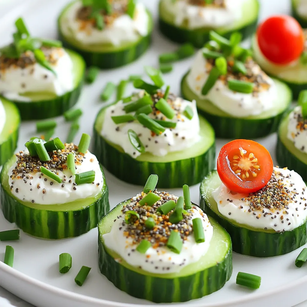 Für diese leckeren Alles Bagel Gurkenbissen benötigst du einige frische und gesunde Zutaten. Hier ist die Liste: - 1 große Gurke - 225 g Frischkäse, weich gemacht - 60 g griechischer Joghurt, ungesüßt - 1 Esslöffel Zitronensaft - 2 Teelöffel Knoblauchpulver - 1 Esslöffel frischer Dill, gehackt - 2 Teelöffel Alles Bagel Gewürz Diese Zutaten ergeben eine cremige und geschmackvolle Mischung. Die Gurke bringt Frische, während der Frischkäse und der Joghurt die Basis bilden. Du kannst deine Gurkenbissen noch schöner gestalten, indem du sie garnierst. Hier sind einige Optionen: - Kirschtomaten, halbiert - Frische Schnittlauch, gehackt Die Kirschtomaten fügen eine süße Note hinzu. Der Schnittlauch bringt einen feinen, zwiebeligen Geschmack. Jede Zutat hat ihre eigenen Vorteile: - Gurke: Sie ist kalorienarm und hydratisiert den Körper. Gurken haben viele Vitamine. - Frischkäse: Er liefert Proteine und hat weniger Fett als viele andere Käsesorten. - Griechischer Joghurt: Er ist reich an Probiotika, die gut für die Verdauung sind. - Dill: Er hat Antioxidantien und verbessert den Geschmack. - Knoblauchpulver: Es kann das Immunsystem stärken und hat viele gesundheitliche Vorteile. - Alles Bagel Gewürz: Es enthält oft Sesam und Mohn, die reich an Nährstoffen sind. Diese Zutaten machen deine Gurkenbissen nicht nur lecker, sondern auch gesund. Du kannst sie jederzeit genießen, ohne ein schlechtes Gewissen zu haben. Zuerst wasche die Gurke gründlich. Das hilft, Schmutz zu entfernen. Danach schneide die Gurke in etwa 1,5 cm dicke Runden. So erhältst du perfekte Scheiben für deine Bissen. Lege die Gurkenscheiben beiseite. Sie sind die Basis für die leckeren Häppchen. Nimm eine Schüssel und füge den weichen Frischkäse hinzu. Dazu kommt der griechische Joghurt. Der Joghurt macht die Mischung cremiger. Jetzt gib den Zitronensaft, das Knoblauchpulver und den gehackten Dill dazu. Rühre alles gut um, bis die Mischung glatt ist. Dann füge das Alles Bagel Gewürz hinzu. Mische es gut, damit der Geschmack gleichmäßig verteilt wird. Jetzt ist es Zeit, die Bissen zusammenzustellen. Nimm eine Gurkenscheibe und trage großzügig die Frischkäsemischung darauf auf. Verwende einen kleinen Spatel oder die Rückseite eines Löffels. Toppe jede Scheibe mit einer halbierten Kirschtomate. Das bringt Farbe und zusätzlichen Geschmack. Zum Schluss streue etwas mehr Alles Bagel Gewürz obenauf. Garniere die Bissen mit gehacktem Schnittlauch. Richte die Gurkenbissen auf einer Servierplatte an. Stelle sie für etwa 15 Minuten in den Kühlschrank. So können sich die Aromen gut entfalten. Um die besten Gurkenbissen zu machen, schneide die Gurke in gleichmäßige Scheiben. Sie sollten etwa 1,5 cm dick sein. So bleibt die Gurke knackig und hält die Füllung gut. Halte die Gurke bei der Arbeit fest, damit du saubere Schnitte bekommst. Nutze ein scharfes Messer für präzise Schnitte ohne Quetschen. Das Alles Bagel Gewürz ist vielseitig. Du kannst es selbst machen oder im Laden kaufen. Eine einfache Mischung besteht aus Sesam, Mohn, Knoblauchpulver und Zwiebelstückchen. Probiere auch andere Kräuter wie Oregano oder Paprika für eine neue Note. Sei kreativ! Mische verschiedene Gewürze, um deiner Version mehr Geschmack zu geben. Die Konsistenz ist wichtig für die Gurkenbissen. Stelle sicher, dass der Frischkäse weich und glatt ist. Das macht das Mischen einfach. Wenn die Mischung zu dick ist, füge etwas mehr griechischen Joghurt hinzu. So wird die Mischung cremiger und leichter zu verteilen. Achte darauf, gut zu rühren, damit alle Zutaten gleichmäßig vermischt sind. {{image_4}} Eine tolle Variante sind Gurkenbissen mit Avocado. Ersetze etwas Frischkäse durch pürierte Avocado. Sie bringt eine cremige Textur und einen tollen Geschmack. Das ist gesund und lecker. Du kannst auch etwas Limettensaft hinzufügen. Das gibt einen frischen Kick. Avocado hat viele Nährstoffe, die gut für dich sind. Wenn du vegan essen möchtest, gibt es gute Alternativen. Verwende einen pflanzlichen Frischkäse. Er hat einen ähnlichen Geschmack und eine ähnliche Konsistenz. Du kannst auch Cashew-Creme ausprobieren. Sie ist einfach zu machen. Dazu weiche Cashewkerne ein und püriere sie mit Wasser und etwas Zitronensaft. Das ist eine tolle, cremige Basis. Manchmal will man den Frischkäse nicht verwenden. Das ist kein Problem! Du kannst griechischen Joghurt allein verwenden. Er ist leicht und hat einen frischen Geschmack. Eine andere Option ist Quark. Er hat eine dicke Konsistenz und einen milden Geschmack. Probiere verschiedene Kombinationen. So findest du die für dich beste Mischung. Wenn du deine Alles Bagel Gurkenbissen aufbewahren möchtest, ist der Kühlschrank der beste Ort. Lege die Bissen in einen luftdichten Behälter. So bleibt die Frische erhalten. Achte darauf, die Bissen nicht übereinander zu stapeln, um Druck zu vermeiden. So bleiben sie schön und frisch. Die Gurkenbissen halten sich bis zu drei Tage im Kühlschrank. Nach diesem Zeitraum kann der Geschmack nachlassen. Achte darauf, sie gut abzudecken. Wenn sie matschig oder schlecht riechen, solltest du sie nicht mehr essen. Frische ist hier wichtig. Du kannst die Frischkäsemischung bis zu zwei Tage im Voraus zubereiten. Lagere sie in einem luftdichten Behälter im Kühlschrank. Schneide die Gurken kurz vor dem Servieren. So bleiben sie knackig und frisch. Wenn du Zeit sparen willst, bereite die Bissen am Vortag vor. So hast du mehr Zeit für deine Gäste. Dieses Rezept ergibt 12 leckere Gurkenbissen. Ideal für einen Snack oder als Vorspeise. Wenn du mehr Gäste hast, kannst du die Menge leicht verdoppeln. Mehr Bissen bedeuten mehr Freude! Ja, du kannst diese Gurkenbissen perfekt für eine Party vorbereiten. Du kannst sie bis zu 2 Stunden im Voraus machen. Achte darauf, sie im Kühlschrank zu lagern. So bleiben sie frisch und kühl. Falls du keinen Frischkäse magst, gibt es tolle Alternativen. Du kannst Hummus oder Avocado verwenden. Beide Optionen bringen einen neuen Geschmack. Sie sind auch gesund und cremig. Wenn du eine vegane Option suchst, nimm pflanzlichen Frischkäse. Diese Anleitung zeigt dir, wie du leckere Alles Bagel Gurkenbissen machst. Wir haben die Hauptzutaten und ihre Vorteile besprochen. Außerdem gab es eine Schritt-für-Schritt-Anleitung, Tipps für die Zubereitung und Varianten, um das Rezept anzupassen. Denke daran, wie wichtig die frischen Zutaten sind. Du kannst mit verschiedenen Gewürzen und Füllungen kreativ werden. So gelingt dir ein einzigartiger Snack für jeden Anlass. Experimentiere und finde deinen persönlichen Favoriten!