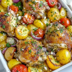 - 4 Hähnchenschenkel, mit Knochen und Haut - 2 Tassen Baby-Kartoffeln, halbiert - 1 rote Paprika, in Scheiben geschnitten - 1 gelbe Paprika, in Scheiben geschnitten - 1 rote Zwiebel, in Spalten geschnitten - 1 Tasse Cherrytomaten, halbiert - 4 Knoblauchzehen, gehackt - 1 Teelöffel getrockneter Oregano - 1 Teelöffel getrockneter Thymian - 1 Teelöffel geräuchertes Paprikapulver - 2 Esslöffel Olivenöl - Saft von 1 Zitrone - Salz und Pfeffer nach Geschmack - Frische Petersilie, gehackt, zum Garnieren - Feta-Käse, zerbröselt, zum Servieren (optional) Hähnchenschenkel sind die Hauptzutat. Sie geben dem Gericht saftigen Geschmack. Die Baby-Kartoffeln sorgen für eine nahrhafte Basis. Paprika und Zwiebeln bringen bunte Farben und Frische. Cherrytomaten fügen eine süße Note hinzu. Gewürze wie Oregano und Thymian machen das Gericht würzig und aromatisch. - Backblech - Große Schüssel - Kochlöffel oder Gummispatel Ein Backblech ist wichtig, um alles gleichmäßig zu garen. Eine große Schüssel hilft beim Marinieren des Hähnchens. Ein Kochlöffel oder Gummispatel ist nützlich, um die Zutaten gut zu vermischen. Mit diesen Utensilien wird das Kochen einfach und schnell. {{ingredient_image_2}} Heizen Sie den Ofen auf 220°C vor. Ein heißer Ofen sorgt für knuspriges Hähnchen. Nehmen Sie die Hähnchenschenkel und legen Sie sie in eine große Schüssel. Fügen Sie Olivenöl, Zitronensaft, gehackten Knoblauch, Oregano, Thymian, geräuchertes Paprikapulver, Salz und Pfeffer hinzu. Mischen Sie alles gut, bis die Hähnchenschenkel gleichmäßig bedeckt sind. Dies ist der Schlüssel zum Geschmack. Lassen Sie das Hähnchen für einige Minuten marinieren. Schneiden Sie die Baby-Kartoffeln in zwei Hälften. Nehmen Sie die Paprika und schneiden Sie sie in Scheiben. Schneiden Sie auch die rote Zwiebel in Spalten. Vergessen Sie nicht, die Cherrytomaten zu halbieren. Geben Sie alles in die Schüssel mit dem Hähnchen. Mischen Sie die Zutaten gut zusammen. Das Gemüse wird so mit den köstlichen Aromen des Hähnchens überzogen. Verteilen Sie das marinierte Hähnchen und das Gemüse gleichmäßig auf einem großen Backblech. Streuen Sie die halbierten Cherrytomaten darüber. Backen Sie das Ganze im Ofen für 35 bis 40 Minuten. Achten Sie darauf, dass das Hähnchen eine Innentemperatur von 75°C erreicht. Nach dem Backen lassen Sie das Blech einige Minuten ruhen. Garnieren Sie das Gericht mit zerbröseltem Feta-Käse und gehackter Petersilie. Servieren Sie es direkt vom Blech oder auf einer großen Servierplatte. Für die Marinade nutze ich gerne frische Kräuter. Oregano und Thymian sind ideal. Du kannst auch Rosmarin oder Basilikum verwenden. Wenn du kein Hähnchen magst, probiere Lamm oder sogar Tofu. Beide nehmen die Aromen gut auf. Um sicherzustellen, dass das Hähnchen perfekt gegart ist, achte auf die Innentemperatur. Sie sollte 75°C erreichen. Ein Fleischthermometer hilft dir dabei. Stecke es in die dickste Stelle des Hähnchens. Wenn es dort 75°C zeigt, ist es fertig. Präsentiere das Gericht direkt auf dem Backblech für einen rustikalen Look. Alternativ kannst du es auf einer großen Servierplatte anrichten. Füge frische Petersilie und zerbröselten Feta hinzu. Das gibt einen tollen Farbtupfer und sieht einladend aus. Pro Tipps Hähnchen marinieren: Für intensiveren Geschmack lassen Sie das Hähnchen idealerweise 1-2 Stunden oder sogar über Nacht im Kühlschrank marinieren. Gemüse variieren: Fühlen Sie sich frei, saisonales Gemüse hinzuzufügen oder auszutauschen, um neue Geschmäcker und Farben in das Gericht zu bringen. Knoblauch rösten: Für einen süßeren Geschmack können Sie die Knoblauchzehen ungeschält mit dem Gemüse rösten, bevor Sie sie beim Servieren hacken. Resteverwertung: Die Reste können hervorragend als Füllung für Wraps oder in Salaten verwendet werden – einfach aufbewahren und kreativ sein! {{image_4}} Für eine vegetarische Option kann man Tofu oder Tempeh verwenden. Diese Proteine nehmen Gewürze gut auf und sind eine tolle Wahl. Schneide sie in Würfel und mariniere sie wie das Hähnchen. Du kannst auch verschiedene Gemüsesorten verwenden. Zucchini, Auberginen oder Pilze passen gut dazu. Sie bringen Farbe und Geschmack in dein Gericht. Wenn du das Griechische Hähnchen-Blätterteig Abendessen grillen möchtest, ist das einfach. Marinierte Hähnchenteile auf Spieße stecken und auf den Grill legen. Achte darauf, dass die Hitze nicht zu hoch ist. So bleibt das Hähnchen saftig. Geeignete Beilagen für den Grill sind gegrilltes Gemüse oder Fladenbrot. Frischer Joghurt dazu bringt eine schöne Frische. Reis oder Couscous sind perfekte Beilagen. Sie nehmen die Aromen gut auf. Du kannst auch frischen griechischen Salat dazu servieren. Der Salat bringt einen knackigen Kontrast. Die Kombination aus warmem Hähnchen und kaltem Salat ist sehr lecker. So wird dein Essen noch bunter und geschmackvoller. Lagern Sie Ihr Griechisches Hähnchen-Blätterteig Abendessen im Kühlschrank. Verwenden Sie einen luftdichten Behälter, um die Frische zu erhalten. Das Gericht bleibt bis zu drei Tage im Kühlschrank gut. Achten Sie darauf, es nicht länger zu lagern, um die Qualität zu sichern. Sie können das Gericht in der Mikrowelle oder im Ofen aufwärmen. Die Mikrowelle ist schnell, aber der Ofen gibt Ihnen die beste Textur. Wenn Sie den Ofen nutzen, heizen Sie ihn auf 180°C (350°F) vor. Legen Sie das Hähnchen und das Gemüse auf ein Backblech. Backen Sie es für 15 bis 20 Minuten, bis es warm ist. Für beste Ergebnisse, decken Sie das Gericht mit Aluminiumfolie ab, um ein Austrocknen zu vermeiden. So bleibt der Geschmack frisch und lecker. Die gesamte Zubereitungszeit beträgt 55 Minuten. Davon entfallen 15 Minuten auf die Vorbereitung. Die Backzeit beträgt 35 bis 40 Minuten. In dieser Zeit gart das Hähnchen schön durch, und das Gemüse wird zart und karamellisiert. So schnell können Sie ein herzhaftes Gericht auf den Tisch bringen. Ja, das Hähnchen kann im Voraus mariniert werden. Ich empfehle, es mindestens 30 Minuten bis zu 2 Stunden im Kühlschrank zu marinieren. So ziehen die Aromen besser ein. Wenn Sie mehr Zeit haben, können Sie das Hähnchen auch über Nacht marinieren. Das macht den Geschmack noch intensiver. Zu diesem Gericht passen viele Beilagen gut. Hier sind einige Vorschläge: - Frischer griechischer Salat mit Gurken und Feta - Reis oder Couscous, um die Soßen aufzusaugen - Knuspriges Brot, perfekt zum Dippen - Gegrilltes Gemüse für einen gesunden Zusatz Diese Beilagen ergänzen den Geschmack des Hähnchens und machen das Abendessen noch köstlicher. Du hast nun alle wichtigen Schritte für das Gericht kennengelernt. Die Hauptzutaten sind einfach zu finden. Koche das Hähnchen mit frischem Gemüse und würzen. Du kannst sogar Variationen ausprobieren, wie vegetarische Optionen. Das Gericht ist einfach zuzubereiten und sieht toll aus. Denke daran, die Reste richtig zu lagern. So bleibt alles frisch. Mit den Tipps kannst du das Essen jederzeit verbessern. Viel Spaß beim Nachkochen und Genießen!