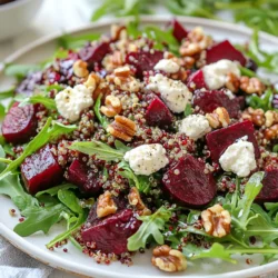 - 1 Tasse Quinoa, gut abgespült - 2 mittelgroße Rüben, geschält und gewürfelt - 113 g Ziegenkäse, zerbröselt Die Hauptzutaten sind einfach und nahrhaft. Quinoa ist eine großartige Proteinquelle. Sie ist leicht und sättigend. Rüben bringen eine süße Note und eine schöne Farbe. Ziegenkäse fügt Cremigkeit und einen pikanten Geschmack hinzu. - 3 Esslöffel Olivenöl - 2 Esslöffel Balsamicoessig - 1 Teelöffel Honig Für das Dressing mische ich Olivenöl, Balsamicoessig und Honig. Das Dressing ist frisch und harmonisch. Es verbindet die Aromen im Salat. Das Olivenöl sorgt für Gesundheit, während der Honig eine süße Note gibt. - 1 Tasse Rucola oder Spinat - 1/4 Tasse Walnüsse, grob gehackt - 1/4 Tasse getrocknete Cranberries Zusätzliche Zutaten machen den Salat spannend. Rucola oder Spinat bringen Frische und Vitamine. Walnüsse fügen einen nussigen Crunch hinzu. Die Cranberries bringen Süße und eine fruchtige Note. Diese Kombination ist einfach köstlich. {{ingredient_image_2}} 1. Heize den Ofen auf 200 °C vor. 2. Schäle und würfle die Rüben. Vermenge sie mit 1 Esslöffel Olivenöl, Salz und Pfeffer. 3. Verteile die Rüben gleichmäßig auf einem Backblech. 4. Röste die Rüben 25 bis 30 Minuten. Rühre sie nach der Hälfte der Zeit um. 1. Gib 1 Tasse Quinoa in einen mittelgroßen Topf. 2. Füge 2 Tassen Wasser und eine Prise Salz hinzu. 3. Bringe das Wasser zum Kochen und reduziere die Hitze. 4. Decke den Topf ab und lasse die Quinoa 15 Minuten köcheln. 5. Nimm den Topf vom Herd und lasse die Quinoa abkühlen. 1. Kombiniere die gekochte Quinoa, die gerösteten Rüben, Rucola oder Spinat, Walnüsse und Cranberries in einer großen Schüssel. 2. Bereite das Dressing aus 2 Esslöffeln Olivenöl, Balsamicoessig und Honig vor. 3. Beträufle den Salat mit dem Dressing und vermenge alles vorsichtig. 4. Bestreue den Salat mit zerbröseltem Ziegenkäse und frischen Kräutern. - Röstzeit und -temperatur: Rösten Sie die Rüben bei 200 °C. Eine Zeit von 25-30 Minuten bringt den besten Geschmack. Achten Sie darauf, sie einmal zu wenden. So werden sie gleichmäßig gar. - Wie man Rüben schält und schneidet: Zuerst waschen Sie die Rüben gründlich. Nutzen Sie einen Gemüseschäler, um die Schale zu entfernen. Schneiden Sie sie dann in gleichmäßige Würfel. So garen sie gleichmäßig. - Vermeiden von bitterem Geschmack: Spülen Sie die Quinoa gut ab, bevor Sie sie kochen. So entfernen Sie die natürliche Bitterkeit. Dies macht Ihre Quinoa viel schmackhafter. - Die richtige Konsistenz: Kochen Sie die Quinoa in einem Verhältnis von 1:2. Eine Tasse Quinoa braucht zwei Tassen Wasser. Lassen Sie sie köcheln, bis das Wasser weg ist. So wird die Quinoa schön locker. - Alternativen zu Balsamicoessig: Probieren Sie Apfelessig oder Zitronensaft. Diese bringen frische Aromen in den Salat. Sie passen gut zu Rüben und Ziegenkäse. - Würzideen für mehr Geschmack: Fügen Sie Senf oder Knoblauch zum Dressing hinzu. Diese Zutaten geben dem Dressing mehr Tiefe. Auch frische Kräuter wie Thymian oder Oregano sind tolle Ergänzungen. Pro Tipps Quinoa richtig kochen: Achten Sie darauf, die Quinoa gründlich abzuspülen, um Bitterstoffe zu entfernen. Dies verbessert den Geschmack und die Textur der Quinoa. Rüben vorbereiten: Um die Rüben gleichmäßig zu rösten, schneiden Sie sie in gleich große Würfel. So garen sie gleichmäßig und karamellisieren perfekt. Waldnüsse rösten: Rösten Sie die Walnüsse kurz in einer Pfanne, um ihren Geschmack zu intensivieren. Dies verleiht dem Salat eine zusätzliche Geschmacksdimension. Frische Kräuter verwenden: Wählen Sie frische Kräuter wie Petersilie oder Minze zur Garnitur. Diese bringen nicht nur Farbe, sondern auch frische Aromen in den Salat. {{image_4}} Möchten Sie den Salat noch bunter machen? Fügen Sie Karotten oder Süßkartoffeln hinzu. Diese Gemüse sind süß und geben dem Gericht eine schöne Farbe. Auch grüne Bohnen oder Paprika passen gut. Sie bringen einen schönen Crunch und frischen Geschmack. Diese Optionen machen den Salat noch gesünder und leckerer. Um den Salat sättigender zu machen, können Sie Hühnchen oder Kichererbsen hinzufügen. Hühnchen ist zart und passt gut zu den süßen Rüben. Kichererbsen sind eine gute pflanzliche Proteinquelle. Wenn Sie Ziegenkäse nicht mögen, probieren Sie Feta-Käse. Er hat einen salzigen Geschmack und ergänzt die anderen Zutaten gut. Walnüsse sind toll, aber Sie können auch Mandeln oder Pistazien verwenden. Diese Nüsse bringen einen anderen Geschmack und machen den Salat knackig. Für eine süße Note können Sie Rosinen oder Aprikosen hinzufügen. Sie passen perfekt zu den Rüben und dem Ziegenkäse. Diese Variationen geben Ihnen viele Möglichkeiten, den Salat nach Ihrem Geschmack zu gestalten. - Kühlschrank Aufbewahrung: Bewahren Sie den Salat in einem luftdichten Behälter auf. So bleibt er frisch. Der Kühlschrank ist der beste Ort dafür. Achten Sie darauf, dass die Reste gut abgedeckt sind, um Gerüche zu vermeiden. - Haltbarkeit des Salats: Der Salat bleibt bis zu drei Tage frisch. Nach dieser Zeit kann der Geschmack nachlassen. Achten Sie auf die Textur und den Geruch, bevor Sie ihn essen. - Zutaten getrennt aufbewahren: Lagern Sie die einzelnen Zutaten separat, wenn Sie den Salat vorbereiten. So bleibt alles frisch und knackig. Besonders die Rüben und das Dressing sollten getrennt gehalten werden. - Salat und Dressing separat lagern: Lagern Sie den Salat und das Dressing in verschiedenen Behältern. Auf diese Weise kann der Salat nicht durchweichen. Mischen Sie alles erst kurz vor dem Servieren. - Ideale Verwendung von Resten: Verwenden Sie die Reste in einem neuen Gericht. Mischen Sie den Salat mit frischem Gemüse oder verwenden Sie ihn als Füllung für Wraps. So bringen Sie neuen Schwung in die Reste. - Erneutes Anrichten des Salats: Wenn Sie den Salat wieder anrichten, fügen Sie frische Kräuter hinzu. Diese verleihen dem Gericht Farbe und Geschmack. Ein Spritzer frischer Zitrone kann auch helfen, das Aroma aufzufrischen. Der Röstender Rüben-Ziegenkäse-Quinoa-Salat hält sich gut. Bewahren Sie ihn im Kühlschrank auf. Er bleibt frisch für etwa drei Tage. Stellen Sie sicher, dass Sie ihn in einem luftdichten Behälter lagern. So bleibt der Geschmack länger erhalten. Ja, Sie können die Rüben vorkochen. Das spart Zeit beim Zubereiten des Salats. Wenn Sie sie vorkochen, werden sie weicher. Das kann jedoch den Röstaroma mindern. Der Vorteil ist, dass die Zubereitung schneller geht. Achten Sie darauf, die Rüben nicht zu lange zu kochen. Sie sollten noch etwas Biss haben. Dieser Salat ist nicht vegan, da er Ziegenkäse enthält. Wenn Sie eine vegane Version möchten, lassen Sie den Käse weg. Sie können auch pflanzlichen Käse verwenden. Das gibt dem Salat einen ähnlichen Geschmack. Achten Sie darauf, dass auch das Dressing vegan ist. Verwenden Sie Ahornsirup statt Honig. In diesem Artikel haben wir einen leckeren Salat mit Rüben, Quinoa und Ziegenkäse erstellt. Wir haben die Zutaten, die Schritt-für-Schritt-Anleitung, Tipps zur Zubereitung, Variationen und Aufbewahrung behandelt. Solch ein Salat ist gesund und einfach zuzubereiten. Experimentiere mit neuen Zutaten, und finde deinen eigenen Geschmack. So bleibt der Salat frisch und köstlich. Genieße die Variationen und lass dich inspirieren, kreativ zu sein!