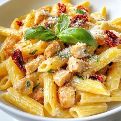 - 300 g Penne Pasta - 2 Hähnchenbrustfilets, gewürfelt - 1 Tasse getrocknete Tomaten, gehackt (in Öl, abgetropft) Ich beginne mit der Pasta. Penne ist perfekt, da sie die Sauce gut hält. Die Hähnchenbrustfilets geben uns einen schönen Protein-Kick. Getrocknete Tomaten bringen einen intensiven Geschmack. - 1 Tasse Schlagsahne - 1 Esslöffel Olivenöl - 3 Knoblauchzehen, fein gehackt Die Schlagsahne macht die Sauce cremig. Olivenöl fügt ein fruchtiges Aroma hinzu. Knoblauch bringt einen tollen Duft und Geschmack. - 1 Teelöffel italienische Gewürzmischung - Salz und Pfeffer nach Geschmack - Frische Basilikumblätter zur Garnitur Die italienische Gewürzmischung sorgt für den richtigen Pfiff. Salz und Pfeffer sind wichtig für die Balance. Frischer Basilikum verleiht dem Gericht einen frischen Touch. Jede Zutat hat ihren Platz. Diese Kombination macht die cremige getrocknete Tomaten-Hähnchen-Pasta besonders lecker. {{ingredient_image_2}} - Bringe einen großen Topf mit gesalzenem Wasser zum Kochen. - Füge die Penne Pasta hinzu und koche sie gemäß den Anweisungen auf der Verpackung, bis sie al dente ist. - Gieße die Pasta ab und stelle sie beiseite. - Würze die gewürfelten Hähnchenbrustfilets mit Salz, Pfeffer und italienischer Gewürzmischung. - Erhitze Olivenöl in einer großen Pfanne bei mittlerer Hitze. - Brate das Hähnchen für 6 bis 8 Minuten, bis es komplett durchgegart ist und nicht mehr rosa ist. - Nimm das Hähnchen aus der Pfanne und stelle es beiseite. - Gib den fein gehackten Knoblauch in die Pfanne. - Brate ihn etwa eine Minute, bis er duftet. - Füge die gehackten getrockneten Tomaten hinzu und koche sie 2 bis 3 Minuten, um die Aromen zu entfalten. - Gieße die Schlagsahne in die Pfanne und bringe sie zum sanften Köcheln. - Rühre den geriebenen Parmesan ein, bis er schmilzt und eine cremige Sauce entsteht. - Schmecke die Sauce mit zusätzlichem Salz und Pfeffer ab. - Füge die gekochte Pasta und das gebratene Hähnchen zur Sauce in die Pfanne hinzu. - Mische alles gut, bis die Pasta gleichmäßig mit der Sauce überzogen ist. - Ist die Sauce zu dick, füge einen Schuss Nudelwasser hinzu, um die Konsistenz anzupassen. - Nimm die Pfanne vom Herd und lasse das Gericht eine Minute ruhen. - Serviere die Pasta in Schalen und garniere sie mit frischen Basilikumblättern. - Optional kannst du zusätzlich geriebenen Parmesan darüber streuen. - Verwendung von Nudelwasser: Nudelwasser ist ein Geheimtipp. Es enthält Stärke und hilft, die Sauce zu binden. Wenn die Sauce zu dick ist, fügen Sie einfach einen Schuss Nudelwasser hinzu. Rühren Sie gut um. So wird die Sauce schön cremig. - Tipps zum Andicken der Sauce: Wenn Ihre Sauce dünn ist, können Sie mehr Parmesan hinzufügen. Parmesan gibt nicht nur Geschmack, sondern hilft auch, die Sauce dicker zu machen. Eine andere Möglichkeit ist, die Sauce länger köcheln zu lassen. So verdampft etwas Flüssigkeit und die Sauce wird dicker. - Zusätzliche Gewürze: Um den Geschmack zu intensivieren, probieren Sie etwas Paprika oder Chili. Diese Gewürze bringen eine tolle Schärfe und Tiefe. Auch frische Kräuter wie Thymian oder Oregano können den Geschmack heben. Sie passen gut zu den getrockneten Tomaten. - Variation der Käsesorten: Statt nur Parmesan können Sie auch Mozzarella oder Feta verwenden. Diese Käsesorten geben der Sauce eine andere Note. Wenn Sie einen kräftigeren Geschmack mögen, probieren Sie Pecorino. Er hat einen stärkeren Geschmack als Parmesan. - Zeitersparende Tricks: Bereiten Sie alle Zutaten im Voraus vor. Schneiden Sie das Hähnchen und die Tomaten vor dem Kochen. So sparen Sie Zeit, wenn Sie mit dem Kochen beginnen. Auch das Kochen der Pasta kann parallel zur Sauce erfolgen. - Migrationsvorschläge zur Meal Prep: Diese Pasta eignet sich gut für Meal Prep. Kochen Sie eine größere Portion und teilen Sie sie in Behälter auf. Sie können die Pasta im Kühlschrank aufbewahren. So haben Sie leckere, schnelle Mahlzeiten für die Woche. Pro Tipps Frische Kräuter verwenden: Frische Basilikumblätter sind nicht nur eine schöne Garnitur, sondern bringen auch einen zusätzlichen Geschmackskick. Fügen Sie sie einfach kurz vor dem Servieren hinzu. Pasta al dente kochen: Überkochen Sie die Pasta nicht, da sie in der Sauce weitergart. Kochen Sie sie gemäß den Anweisungen, um den perfekten Biss zu erhalten. Parmesan frisch reiben: Verwenden Sie frisch geriebenen Parmesan anstelle von bereits geriebenem Käse. Dies verbessert den Geschmack und die Konsistenz der Sauce erheblich. Variationen ausprobieren: Fügen Sie zusätzliches Gemüse wie Spinat oder Zucchini hinzu, um das Gericht noch nahrhafter und bunter zu gestalten. {{image_4}} Wenn du eine vegetarische Variante möchtest, kannst du das Hähnchen durch Gemüse ersetzen. Brokkoli, Zucchini oder Paprika passen gut. Diese geben der Pasta Farbe und Geschmack. Statt Sahne kannst du pflanzliche Alternativen verwenden. Kokosmilch oder Cashewcreme sind tolle Optionen. Sie sorgen für eine cremige Textur ohne tierische Produkte. Möchtest du mehr Protein? Füge Garnelen oder Lachs hinzu. Sie sind schnell zu garen. Einfach in die Pfanne geben, nachdem du das Hähnchen herausgenommen hast. Tofu ist eine weitere gute Wahl. Würze ihn gut und brate ihn bis er goldbraun ist. So erhältst du eine nahrhafte und schmackhafte Ergänzung. Wenn du Gluten vermeiden möchtest, gibt es viele glutenfreie Optionen. Reisnudeln oder Quinoa-Pasta sind lecker und gesund. Sie passen gut zur cremigen Sauce. Vollkornnudeln sind eine weitere tolle Wahl. Sie sind nahrhafter als normale Pasta und geben dir mehr Ballaststoffe. So wird dein Gericht noch gesünder. Um diese Pasta frisch zu halten, lagere sie in einem luftdichten Behälter. Stelle sicher, dass die Reste vollständig abgekühlt sind. Die optimale Temperatur liegt bei etwa 4 Grad Celsius. So bleibt die Qualität erhalten. Die Haltbarkeit im Kühlschrank beträgt etwa 3 Tage. Nach dieser Zeit kann sie an Geschmack verlieren. Achte darauf, die Reste gut zu verschließen. Wenn du die Pasta länger aufbewahren willst, friere sie ein. Teil die Pasta in Portionen auf, bevor du sie einfrierst. Verwende gefriergeeignete Behälter oder Beutel. So vermeidest du das Zusammenkleben der Pasta. Beim Einfrieren bleibt die Pasta bis zu 3 Monate gut. Um sie aufzutauen, lege sie über Nacht in den Kühlschrank. So bleibt die Textur besser. Um die Reste aufzuwärmen, verwende eine Pfanne oder Mikrowelle. In der Pfanne erhitzt du die Pasta bei niedriger Temperatur. Füge etwas Nudelwasser hinzu, um sie feucht zu halten. In der Mikrowelle solltest du die Pasta mit einem feuchten Tuch abdecken. So trocknet sie nicht aus. Achte darauf, sie gleichmäßig zu erwärmen, damit sie nicht gummiartig wird. Cremige Pasta hält sich im Kühlschrank bis zu drei Tage. Lagern Sie sie in einem luftdichten Behälter. So bleibt die Pasta frisch. Achten Sie darauf, die Pasta vor dem Servieren gut zu erhitzen. Ja, frische Tomaten sind möglich. Sie geben einen anderen Geschmack und eine andere Textur. Frische Tomaten sind saftiger, was die Sauce dünner macht. Sie benötigen mehr Kochzeit, um weich zu werden. Getrocknete Tomaten haben einen intensiveren Geschmack, der gut mit der Sahne harmoniert. Die Sauce ist leicht anpassbar. Sie können mehr Sahne für eine reichhaltigere Sauce verwenden. Fügen Sie frische Kräuter wie Petersilie oder Thymian hinzu, um den Geschmack zu variieren. Für einen schärferen Kick probieren Sie rote Paprika oder Chili-Flocken. Experimentieren Sie mit verschiedenen Käsesorten wie Feta oder Mozzarella. Zu dieser Pasta passen viele Beilagen. Ein frischer grüner Salat bringt einen schönen Kontrast. Knoblauchbrot ist eine tolle Ergänzung, um die Sauce zu genießen. Auch geröstetes Gemüse oder ein einfaches Ratatouille sind großartige Optionen. Diese Pasta mit Hähnchen und getrockneten Tomaten ist schnell und lecker. Wir haben wichtige Zutaten wie Penne, Hähnchen und Gewürze behandelt. Die Schritt-für-Schritt-Anleitung sorgt für einfaches Kochen. Tipps helfen, die Konsistenz und den Geschmack zu verbessern. Variationen bieten Optionen für jeden Geschmack, von vegetarisch bis proteinreich. Egal, ob Sie für sich selbst kochen oder Gäste beeindrucken möchten, dieses Rezept bietet alles. Genießen Sie das Kochen und die köstlichen Ergebnisse!