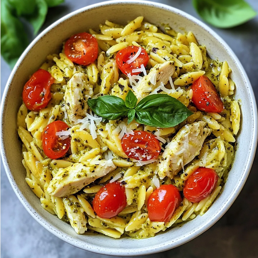 - 1 Tasse Orzo-Nudeln - 1 Hähnchenbrustfilet, gewürfelt - 2 Tassen Hühnerbrühe Die Orzo-Nudeln sind klein und lecker. Sie haben eine schöne Form, die gut die Sauce aufnimmt. Das Hähnchenbrustfilet bringt Protein ins Gericht. Es wird goldbraun und saftig. Die Hühnerbrühe gibt einen starken Geschmack. Sie ist die Basis für die Nudeln und macht das Gericht reichhaltig. - 1/2 Tasse Schlagsahne - 1/2 Tasse Basilikum-Pesto - 1/2 Tasse Kirschtomaten, halbiert Die Schlagsahne macht das Gericht cremig. Sie sorgt dafür, dass die Sauce glatt und reichhaltig ist. Das Basilikum-Pesto bringt frischen Geschmack. Du kannst es kaufen oder selbst machen. Die Kirschtomaten fügen eine süße Note hinzu. Sie bringen Farbe und Frische ins Gericht. - Salz und Pfeffer nach Geschmack - Frische Basilikumblätter - 1/4 Tasse geriebener Parmesan Salz und Pfeffer sind die Grundgewürze. Sie heben den Geschmack hervor. Frische Basilikumblätter sind eine tolle Garnitur. Sie sehen schön aus und schmecken frisch. Der geriebene Parmesan gibt einen würzigen Kick. Er schmilzt in der warmen Sauce und macht alles besser. {{ingredient_image_2}} - Hühnerbrühe kochen: Nehmen Sie einen mittelgroßen Topf. Fügen Sie zwei Tassen Hühnerbrühe hinzu und bringen Sie sie zum Kochen. Dies gibt dem Orzo viel Geschmack. - Orzo-Nudeln hinzufügen: Sobald die Brühe kocht, fügen Sie eine Tasse Orzo-Nudeln hinzu. Kochen Sie die Nudeln gemäß den Anweisungen auf der Verpackung, bis sie al dente sind. Das dauert etwa 8 bis 10 Minuten. Dann gießen Sie die Nudeln ab und stellen sie beiseite. - Hähnchen braten: Erhitzen Sie zwei Esslöffel Olivenöl in einer großen Pfanne bei mittlerer Hitze. Geben Sie das gewürfelte Hähnchen in die Pfanne. Würzen Sie es mit Salz und Pfeffer. Braten Sie das Hähnchen, bis es goldbraun und durchgegart ist. Das dauert etwa 5 bis 7 Minuten. - Wurzelzeit und Hitzeanpassung: Achten Sie darauf, das Hähnchen gleichmäßig zu braten. Wenn es zu schnell bräunt, reduzieren Sie die Hitze etwas. - Schlagsahne und Pesto unterrühren: Senken Sie die Hitze auf niedrig. Geben Sie eine halbe Tasse Schlagsahne und eine halbe Tasse Basilikum-Pesto in die Pfanne. Rühren Sie gut um, bis alles gleichmäßig vermischt und warm ist. - Orzo integrieren: Fügen Sie die gekochten Orzo-Nudeln in die Pfanne hinzu. Rühren Sie vorsichtig, bis die Nudeln gut mit der cremigen Mischung überzogen sind. - Kirschtomaten hinzufügen: Geben Sie eine halbe Tasse halbierte Kirschtomaten in die Pfanne. Erwärmen Sie alles für weitere 2 bis 3 Minuten. Die Tomaten sollten warm, aber nicht zerfallen sein. - Parmesan einrühren: Streuen Sie eine viertel Tasse geriebenen Parmesan über das Gericht. Rühren Sie um, bis der Käse schmilzt und alles gut vermischt ist. Jetzt haben Sie ein leckeres, cremiges Pesto-Orzo mit Hähnchen. Guten Appetit! - Kochen Sie die Orzo-Nudeln in Hühnerbrühe. Dies gibt ihnen mehr Geschmack. - Achten Sie darauf, die Nudeln al dente zu kochen. Sie sollten weich, aber nicht matschig sein. - Nach dem Kochen die Nudeln abgießen. Stellen Sie sie dann beiseite, um sie später zu verwenden. - Verwenden Sie frische Kräuter wie Basilikum. Sie bringen mehr Aromen in Ihr Gericht. - Fügen Sie ein wenig Zitronensaft hinzu. Dies hebt die Geschmackstiefe und Frische. - Experimentieren Sie mit verschiedenen Pesto-Sorten. Rucola oder Spinat-Pesto können tolle Alternativen sein. - Servieren Sie das Orzo in einer flachen Schüssel. So sieht es schöner aus. - Garnieren Sie das Gericht mit frischen Basilikumblättern. Das macht es ansprechend. - Streuen Sie etwas zusätzlichen Parmesan darüber. Es sieht nicht nur gut aus, sondern schmeckt auch besser. Pro Tipps Frische Kräuter hinzufügen: Verwenden Sie frische Basilikumblätter anstelle von getrocknetem, um den Geschmack zu intensivieren und zusätzliche Frische zu verleihen. Hähnchen marinieren: Marinieren Sie das Hähnchenbrustfilet vor dem Braten in Pesto oder Zitronensaft, um mehr Geschmack in das Fleisch zu bringen. Variationen ausprobieren: Fügen Sie Gemüse wie Spinat oder Zucchini hinzu, um das Gericht nährstoffreicher und bunter zu gestalten. Pasta al dente kochen: Achten Sie darauf, die Orzo-Nudeln al dente zu kochen, damit sie beim Mischen mit der Sauce nicht zu weich werden. {{image_4}} Wenn du eine vegane Variante von cremigem Pesto-Orzo mit Hähnchen machen möchtest, gibt es tolle Alternativen. Du kannst das Hähnchen durch gewürfelten Tofu oder Seitan ersetzen. Diese Optionen sind proteinreich und nehmen den Geschmack gut auf. Anstelle von Schlagsahne kannst du pflanzliche Sahne verwenden. Viele Marken bieten leckere Alternativen an. Für das Pesto wähle ein veganes Pesto, das ohne Käse ist. So bleibt der Geschmack großartig, und du schaffst eine vegane Mahlzeit. Du kannst dein Gericht mit verschiedenen Gemüsesorten aufpeppen. Spinat und Erbsen sind zwei meiner Favoriten. Sie geben Farbe und Nährstoffe. Einfach das Gemüse in die Pfanne geben, wenn du die Kirschtomaten hinzufügst. Du kannst auch andere Proteinquellen wie Garnelen verwenden. Diese sind schnell zubereitet und passen gut zu den Aromen. Experimentiere mit verschiedenen Käsesorten für mehr Geschmack. Feta oder Mozzarella könnten tolle Ergänzungen sein. Du kannst auch mit Kräutern spielen. Frischer Oregano oder Thymian bringen neue Aromen. Probiere verschiedene Kombinationen aus, um dein perfektes Gericht zu finden. So wird jede Portion einzigartig und spannend. Um die Reste von cremigem Pesto-Orzo mit Hähnchen gut zu lagern, benutze einen luftdichten Behälter. So bleibt das Gericht frisch. Du solltest das Essen innerhalb von drei bis vier Tagen essen. Wenn du es länger aufbewahren möchtest, ist das Einfrieren eine gute Option. Um das Gericht richtig einzufrieren, lass es zuerst auf Raumtemperatur abkühlen. Fülle dann die Portionen in gefriergeeignete Behälter. Achte darauf, etwas Platz zu lassen, da sich die Mischung beim Gefrieren ausdehnt. Zum Auftauen lege die Behälter über Nacht in den Kühlschrank. So bleibt der Geschmack erhalten. Die besten Methoden zur Wiedererwärmung sind die Mikrowelle oder der Herd. Wenn du die Mikrowelle benutzt, erhitze das Gericht in kurzen Intervallen. Rühre dazwischen um, um eine gleichmäßige Erwärmung zu garantieren. Wenn du das Gericht auf dem Herd erwärmst, füge einen Schuss Hühnerbrühe oder Sahne hinzu. So bleibt die Konsistenz cremig und lecker. Die Zubereitung dauert etwa 10 Minuten. Das Kochen benötigt weitere 10 Minuten. Insgesamt sind es also 20 Minuten. In dieser Zeit bereiten Sie das Hähnchen und die Orzo-Nudeln gleichzeitig vor. So können Sie das Gericht schnell und einfach auf den Tisch bringen. Ja, Sie können das Rezept leicht anpassen. Wenn Sie Allergien haben, ersetzen Sie die Schlagsahne durch eine pflanzliche Option. Statt Hähnchen können Sie Tofu oder Gemüse verwenden. Für eine glutenfreie Variante nutzen Sie glutenfreie Orzo-Nudeln. Passen Sie die Zutaten nach Ihrem Geschmack an und machen Sie das Gericht zu Ihrem eigenen. Dieses Gericht passt gut zu einem einfachen grünen Salat. Auch geröstetes Gemüse ist eine tolle Beilage. Wenn Sie mehr Protein wünschen, fügen Sie gegrillte Garnelen oder Hühnchen hinzu. Ein knuspriges Baguette oder Ciabatta rundet das Essen ab und sorgt für ein perfektes Geschmackserlebnis. Cremiges Pesto-Orzo mit Hähnchen kann gesund sein. Es enthält Proteine aus dem Hähnchen und Ballaststoffe aus den Tomaten. Sie können die Schlagsahne durch Joghurt ersetzen, um die Kalorien zu senken. Fügen Sie mehr Gemüse hinzu, um den Nährwert zu erhöhen. So genießen Sie ein köstliches und nährstoffreiches Gericht. Dieses Rezept für cremigen Pesto-Orzo mit Hähnchen ist einfach und lecker. Wir haben Orzo-Nudeln, Hähnchen, frische Kirschtomaten und schmackhaftes Pesto verwendet. Mit unseren Tipps gelangen Sie zu perfekten Nudeln und einer tollen Präsentation. Variieren Sie die Zutaten und stellen Sie sicher, dass die Reste gut gelagert werden. Probieren Sie dieses Gericht aus und genießen Sie die vielfältigen Möglichkeiten!