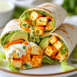 Für unsere Wraps brauchen wir: - 1 Block (400 g) fester Tofu, gepresst und in Streifen geschnitten - 120 ml Buffalo-Sauce - 1 Esslöffel Olivenöl - 250 g zerrissener Eisbergsalat - 1 reife Avocado, in Scheiben geschnitten - 100 g geraspelte Karotten - 100 g Sellerie, dünn geschnitten - 4 große Vollkorn- oder Spinat-Wraps Diese Zutaten sind die Basis für unseren leckeren Wrap. Der Tofu gibt uns die Proteinquelle, während das Gemüse für Frische sorgt. Zusätzlich brauchen wir: - 1 Teelöffel Knoblauchpulver - 1 Teelöffel Zwiebelpulver - ½ Teelöffel geräuchertes Paprikapulver - Salz und Pfeffer nach Geschmack - 60 ml Ranch-Dressing oder veganes Ranch-Dressing Die Gewürze bringen den Geschmack. Die Buffalo-Sauce sorgt für die Schärfe, während das Ranch-Dressing die Aromen ausgleicht. Wähle große Wraps, die gut gefüllt werden können. Vollkorn bietet einen gesunden, nussigen Geschmack. Spinat-Wraps geben eine schöne Farbe und extra Nährstoffe. Beide Optionen sind lecker. Achte darauf, dass die Wraps frisch sind, um beste Ergebnisse zu erzielen. {{ingredient_image_2}} Zuerst drückst du den Tofu gut aus. Das hilft, überschüssige Flüssigkeit zu entfernen. Schneide den Tofu in gleichmäßige Streifen. So wird er gleichmäßig knusprig. Lege die Streifen in eine große Schüssel. Heize deinen Ofen auf 200 °C vor. Gib das Olivenöl, die Buffalo-Sauce, Knoblauchpulver, Zwiebelpulver und Paprikapulver in die Schüssel mit dem Tofu. Füge Salz und Pfeffer hinzu. Mische alles gut, bis jeder Streifen gut bedeckt ist. Lege die Tofu-Streifen auf ein Backblech mit Backpapier. Achte darauf, dass sie sich nicht überlappen. Backe sie für 20 bis 25 Minuten. Wende die Streifen zur Hälfte der Zeit. Sie sollten knusprig und goldbraun sein. Nimm einen Wrap und lege ihn auf eine saubere Fläche. Verteile einen Esslöffel Ranch-Dressing in die Mitte. Füge eine Schicht Eisbergsalat, Avocadoscheiben, Karotten und Sellerie hinzu. Wenn der Tofu fertig ist, lege die Streifen auf das Gemüse. Rolle den Wrap eng auf. Knicke die Seiten ein, um alles gut zu verschließen. Wiederhole diesen Schritt für die restlichen Wraps. Schneide jeden Wrap diagonal durch. Jetzt sind sie bereit zum Servieren! Um den besten Geschmack aus deinem Tofu herauszuholen, ist Marinieren wichtig. Lasse den Tofu mindestens 30 Minuten in der Buffalo-Sauce ziehen. So nimmt er mehr Geschmack auf. Wenn du Zeit hast, mariniere den Tofu sogar über Nacht im Kühlschrank. Dadurch wird er noch würziger. Buffalo-Sauce ist toll, aber es gibt viele Optionen. Probiere BBQ-Sauce für eine süßere Note oder scharfe Sriracha-Sauce für mehr Hitze. Du kannst auch eine Mischung machen! Diese Vielfalt bringt Abwechslung in deine Wraps und lässt dich neue Geschmäcker entdecken. Ein guter Wrap bleibt fest und fällt nicht auseinander. Lege die Füllung in der Mitte des Wraps. Lass an den Seiten Platz, um das Falten zu erleichtern. Wickel den Wrap eng auf, während du die Seiten einknickst. Das sorgt für einen stabilen Wrap. Wenn du möchtest, kannst du die fertigen Wraps kurz in einer Pfanne anbraten. So werden sie knusprig und warm. Pro Tipps Tofu vorbereiten: Um den Tofu besonders knusprig zu machen, presse ihn vor der Zubereitung für mindestens 30 Minuten, um überschüssige Flüssigkeit zu entfernen. Buffalo-Sauce anpassen: Falls du es weniger scharf magst, mische die Buffalo-Sauce mit etwas Honig oder Ahornsirup für eine süßere Note. Wraps aufbewahren: Wenn du die Wraps im Voraus zubereiten möchtest, wickle sie in Frischhaltefolie und lagere sie im Kühlschrank, um die Frische zu erhalten. Gemüse variieren: Fühle dich frei, das Gemüse nach deinem Geschmack zu variieren. Paprika, Gurken oder sogar Rucola passen wunderbar zu diesen Wraps. {{image_4}} Wenn du eine vegane Option suchst, ersetze das Ranch-Dressing durch ein veganes Dressing. Viele Marken bieten köstliche, pflanzliche Dressings an. Du kannst auch eine Mischung aus Cashew-Creme und Kräutern machen. Diese Mischung bringt einen tollen Geschmack und bleibt dabei vegan. Für schärfere Wraps füge einfach mehr Buffalo-Sauce hinzu. Du kannst auch frische Jalapeños oder Chiliflocken hinzufügen. Diese Zutaten geben dem Gericht mehr Hitze und einen tollen Geschmack. Achte darauf, die Schärfe langsam zu steigern, damit es nicht zu scharf wird. Du kannst kreativ sein und mehr Gemüse hinzufügen. Probiere Paprika, Gurken oder Spinatblätter. Diese Gemüsesorten bringen mehr Farbe und Textur in deinen Wrap. Sie sorgen auch für zusätzliche Nährstoffe und machen das Gericht knackiger. Um die Wraps frisch zu halten, lege sie in einen luftdichten Behälter. Du kannst sie auch in Folie wickeln. Stelle sicher, dass die Wraps nicht zu eng gepackt sind. So bleibt der Tofu knusprig und das Gemüse frisch. Im Kühlschrank halten sie sich etwa 2-3 Tage. Wenn du die Buffalo-Tofu-Streifen einfrieren möchtest, lasse sie zuerst abkühlen. Lege die Streifen in einen Gefrierbeutel. Achte darauf, die Luft herauszudrücken, um Gefrierbrand zu vermeiden. Diese Tofu-Streifen halten sich bis zu 3 Monate im Gefrierschrank. Um die Wraps wieder aufzuwärmen, benutze den Ofen oder eine Pfanne. Heize den Ofen auf 180 °C vor und lege die Wraps auf ein Blech. Backe sie für etwa 10 Minuten. In der Pfanne erwärmst du sie bei mittlerer Hitze für 5 Minuten pro Seite. So bleiben sie lecker und knusprig. Ja, du kannst den Tofu auch braten oder grillen. Braten gibt dem Tofu eine knusprige Textur. Du würdest einfach die gewürzten Tofu-Streifen in einer Pfanne mit etwas Öl bei mittlerer Hitze braten, bis sie goldbraun sind. Grillen ist ebenfalls eine tolle Option. Es bringt einen rauchigen Geschmack. Achte darauf, den Tofu regelmäßig zu wenden, damit er gleichmäßig bräunt. Die Wraps sind im Kühlschrank etwa drei Tage haltbar. Bewahre sie in einem luftdichten Behälter auf. Wenn du die Wraps länger aufbewahren willst, kannst du die Füllung separat lagern. So bleibt alles frisch. Vor dem Essen kannst du sie schnell in der Mikrowelle aufwärmen. Du kannst viele Dressings ausprobieren. Eine gute Option ist Joghurt-Dressing. Es macht die Wraps cremig und lecker. Auch veganes Dressing ist eine tolle Wahl. Wenn du etwas Schärfe magst, probiere scharfe Salsa. Das gibt den Wraps einen extra Kick. Buffalo-Tofu-Wraps sind einfach und voller Geschmack. Die wichtigsten Zutaten sind Tofu, Gewürze und Wraps. Bei der Zubereitung bereiten wir den Tofu perfekt zu und nutzen seine Würze. Du kannst die Wraps nach deinem Geschmack anpassen oder sie lange aufbewahren. Denke daran, kreative Varianten auszuprobieren, ob vegan oder scharf. Egal, wie du sie machst, diese Wraps sind ein Genuss. Lass dich inspirieren und kreiere leckere und gesunde Mahlzeiten!
