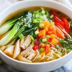 Für die perfekte Sesame Ginger Chicken Noodle Soup brauchst du diese Hauptzutaten: - 450 g Hähnchenoberkeulen, ohne Haut und Knochen, gewürfelt - 1,5 l Hühnerbrühe - 2 Esslöffel Sesamöl - 1 Esslöffel frischer Ingwer, fein gehackt - 3 Knoblauchzehen, fein gehackt - 2 Karotten, dünn geschnitten - 1 rote Paprika, in Streifen geschnitten - 200 g Bokchoy, grob gehackt - 4 Frühlingszwiebeln, gehackt - 2 Esslöffel Sojasauce (oder Tamari für glutenfrei) - 1 Esslöffel Reisessig - 225 g dünne Reisnudeln (oder Eiernudeln) - Salz und Pfeffer nach Geschmack - Sesamsamen zur Garnitur Falls du einige Zutaten nicht zur Hand hast, kannst du diese Alternativen verwenden: - Hähnchenbrust statt Hähnchenoberkeulen für eine magerere Option. - Gemüsebrühe anstelle von Hühnerbrühe für eine vegetarische Version. - Statt Bokchoy kannst du Spinat oder Grünkohl verwenden. - Verwende Zucchini oder Brokkoli, um mehr Gemüse hinzuzufügen. Die Auswahl der richtigen Gewürze und Öle macht den Unterschied: - Sesamöl bringt einen nussigen Geschmack. Es ist wichtig, es in der ersten Phase zu verwenden. - Frischer Ingwer und Knoblauch geben der Suppe Tiefe und Wärme. Achte darauf, sie fein zu hacken. - Sojasauce fügt Umami hinzu. Die Menge kannst du nach deinem Geschmack anpassen. - Reisessig sorgt für einen frischen, sauren Kick. Er hilft, die Aromen auszubalancieren. Mit diesen Zutaten und Optionen kannst du die Suppe nach deinem Geschmack anpassen. {{ingredient_image_2}} Zuerst sammeln wir alle Zutaten. Du brauchst: - 450 g Hähnchenoberkeulen, gewürfelt - 1,5 l Hühnerbrühe - 2 Esslöffel Sesamöl - 1 Esslöffel frischer Ingwer, fein gehackt - 3 Knoblauchzehen, fein gehackt - 2 Karotten, dünn geschnitten - 1 rote Paprika, in Streifen geschnitten - 200 g Bokchoy, grob gehackt - 4 Frühlingszwiebeln, gehackt - 2 Esslöffel Sojasauce - 1 Esslöffel Reisessig - 225 g dünne Reisnudeln - Salz und Pfeffer nach Geschmack - Sesamsamen zur Garnitur Stelle sicher, dass alles vorbereitet ist. Das macht das Kochen einfacher. Erhitze das Sesamöl in einem großen Topf bei mittlerer Hitze. Füge die gewürfelten Hähnchenoberkeulen hinzu. Brate sie für etwa 5-7 Minuten, bis sie goldbraun sind. Dann füge den gehackten Ingwer und Knoblauch hinzu. Brate alles eine weitere Minute, bis die Aromen gut duften. Gieße nun die Hühnerbrühe in den Topf. Bringe sie zum Köcheln. Gib die geschnittenen Karotten und die rote Paprika dazu. Lasse die Mischung für etwa 5 Minuten kochen, bis das Gemüse weich wird. Jetzt kommt der Bokchoy dazu, zusammen mit der Sojasauce und dem Reisessig. Lasse die Suppe für weitere 2-3 Minuten köcheln. Während die Suppe köchelt, koche die Reisnudeln nach Packungsanweisung. Nach dem Kochen die Nudeln abgießen und beiseite stellen. Probier die Suppe. Schmecke sie mit Salz und Pfeffer ab. Zum Servieren verteile die Nudeln gleichmäßig auf Schüsseln. Löffle die Hühnergemüsesuppe darüber. Dekoriere das Gericht mit den gehackten Frühlingszwiebeln und Sesamsamen. Serviere die Suppe in großen, schönen Schalen. Du kannst frische Kräuter hinzufügen, um mehr Farbe zu bringen. Eine Prise Sesamsamen gibt zusätzlichen Biss. Diese Suppe ist warm und einladend. Sie ist perfekt für kalte Tage oder wenn du dich unwohl fühlst. Wenn Sie diese Suppe zubereiten, sind einige Fehler häufig. Ein häufiger Fehler ist, das Hähnchen zu lange zu braten. Das Hähnchen sollte goldbraun, aber nicht trocken sein. Achten Sie darauf, die Brühe nicht zu früh hinzuzufügen. Warten Sie, bis das Hähnchen gut angebraten ist. Ein weiterer Fehler ist, das Gemüse zu lange kochen. Es sollte weich, aber noch knackig bleiben. Die Konsistenz dieser Suppe ist wichtig. Um die perfekte Konsistenz zu erreichen, sollten Sie die Reisnudeln separat kochen. So bleiben sie al dente und matschen nicht. Fügen Sie die Nudeln erst kurz vor dem Servieren hinzu. Wenn die Suppe zu dick ist, können Sie mehr Brühe hinzufügen. Wenn sie zu dünn ist, lassen Sie sie ein wenig länger kochen. Um die Aromen zu verstärken, verwenden Sie frische Zutaten. Frischer Ingwer und Knoblauch bringen viel Geschmack. Auch die Brühe ist entscheidend. Verwenden Sie eine gute, hausgemachte Hühnerbrühe, wenn möglich. Sojasauce und Reisessig fügen Tiefe hinzu. Für einen zusätzlichen Kick können Sie etwas Chili oder Limettensaft hinzufügen. Experimentieren Sie mit Ihren Lieblingsgewürzen, um die Suppe noch interessanter zu machen. Pro Tipps Hähnchen marinieren: Marinieren Sie das Hähnchen für mindestens 30 Minuten in Sojasauce und Ingwer, um den Geschmack zu intensivieren. Gemüsevariationen: Fühlen Sie sich frei, saisonales Gemüse hinzuzufügen, wie Brokkoli oder Zucchini, um mehr Farbe und Nährstoffe zu integrieren. Reisnudeln richtig kochen: Kochen Sie die Reisnudeln nur kurz, um zu verhindern, dass sie matschig werden; sie garen weiter in der heißen Suppe. Serviertipps: Fügen Sie einen Spritzer Limettensaft oder frische Kräuter wie Koriander hinzu, um der Suppe eine erfrischende Note zu verleihen. {{image_4}} Wenn du eine vegetarische oder vegane Version zubereiten möchtest, ersetze das Hähnchen durch Tofu. Wähle festen Tofu und schneide ihn in Würfel. Brate ihn in Sesamöl bis er goldbraun ist. Statt Hühnerbrühe verwende Gemüsebrühe. Das gibt viel Geschmack. Du kannst auch Tempeh oder Seitan verwenden, wenn du etwas Herzhaftes magst. Die Suppe ist sehr flexibel. Füge deinem Gericht mehr Gemüse hinzu, um es bunter zu machen. Brokkoli, Zucchini oder Erbsen passen gut. Du kannst auch Pilze für einen erdigen Geschmack verwenden. Schneide das Gemüse klein, damit es gleichmäßig kocht. Achte darauf, das Gemüse so hinzuzufügen, dass es frisch bleibt, ohne zu weich zu werden. Experimentiere mit Gewürzen, um neue Geschmäcker zu entdecken. Ein Teelöffel Chili-Flocken gibt der Suppe etwas Schärfe. Füge auch frische Kräuter wie Koriander oder Basilikum hinzu. Diese bringen frische Aromen. Limettensaft am Ende des Kochens gibt einen tollen, spritzigen Geschmack. Du kannst auch Erdnussbutter für eine cremige Textur und einen nussigen Geschmack hinzufügen. Um die Suppe frisch zu halten, lassen Sie sie zuerst abkühlen. Gießen Sie sie dann in einen luftdichten Behälter. Sie können die Suppe bis zu drei Tage im Kühlschrank aufbewahren. Stellen Sie sicher, dass der Behälter gut verschlossen ist. So bleibt der Geschmack erhalten und die Suppe bleibt sicher. Wenn Sie die Suppe länger aufbewahren möchten, können Sie sie einfrieren. Verwenden Sie gefrierfeste Behälter oder Beutel. Lassen Sie Raum für die Ausdehnung der Flüssigkeit. Die Suppe kann bis zu drei Monate im Gefrierfach bleiben. Beschriften Sie die Behälter mit Datum und Inhalt. So wissen Sie immer, was drin ist. Um die Suppe aufzuwärmen, geben Sie sie in einen Topf. Erhitzen Sie sie bei mittlerer Hitze. Rühren Sie gelegentlich um, damit sie gleichmäßig warm wird. Sie können auch etwas Wasser oder Brühe hinzufügen, falls die Suppe zu dick ist. Wenn Sie die Suppe aus dem Gefrierfach nehmen, lassen Sie sie zuerst im Kühlschrank auftauen. Die Suppe braucht insgesamt etwa 35 Minuten. Davon sind 15 Minuten für die Vorbereitung. Das Kochen dauert dann 20 Minuten. Diese Zeit ist schnell und einfach. Du kannst also in kurzer Zeit eine leckere Suppe genießen. Ja, du kannst die Nudeln vorher kochen. Achte darauf, sie al dente zu kochen. So bleiben sie beim Mischen mit der Suppe gut in Form. Wenn du sie zu lange kochst, werden sie matschig. Nachdem du die Nudeln gekocht hast, stelle sie beiseite. Füge sie kurz vor dem Servieren zur Suppe hinzu. Ja, die Suppe kann glutenfrei sein. Nutze einfach Tamari anstelle von Sojasauce. Achte darauf, glutenfreie Nudeln zu wählen. Reisnudeln sind eine gute Option. So kannst du diese köstliche Suppe ohne Gluten genießen. In diesem Blogpost habe ich alle wichtigen Zutaten und Kochschritte für eine leckere Suppe erklärt. Ich habe dir Tipps gegeben, damit du häufige Fehler vermeidest. Variationen, wie vegane und vegetarische Optionen, bieten noch mehr Geschmack. Speichere das Rezept richtig, damit du immer frische Suppe genießen kannst. Jetzt bist du bereit, selbst kreativ zu werden. Sei sicher, dass jede Suppe ein Hit wird!