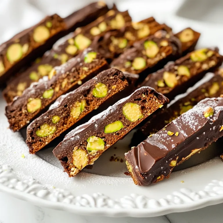 - 1 Tasse Allzweckmehl - 1/2 Tasse ungesüßtes Kakaopulver - 1/2 Teelöffel Backpulver - 1/4 Teelöffel Salz - 1/2 Tasse Zucker - 2 große Eier - 1 Teelöffel Vanilleextrakt - 1/2 Tasse Pistazien, grob gehackt - 1/2 Tasse halbsüße Schokoladenstückchen - Optional: Puderzucker zum Bestäuben Die Auswahl der Zutaten ist wichtig. Ich nutze immer frische und hochwertige Produkte. Das Mehl ist die Basis. Es gibt Struktur. Das Kakaopulver gibt den Biscotti den Schokoladengeschmack. Ohne Backpulver wird der Teig nicht aufgehen. Salz hebt die Süße hervor und balanciert die Aromen. Zucker sorgt für die Süße und hilft beim Backen. Die Eier bringen Feuchtigkeit und binden alles zusammen. Vanilleextrakt fügt einen schönen, warmen Geschmack hinzu. Pistazien bringen Crunch und einen nussigen Geschmack. Halbsüße Schokoladenstückchen geben die perfekte Süße und Schokolade. Wenn Sie möchten, können Sie Puderzucker hinzufügen. Das gibt den Biscotti einen hübschen Look. Achten Sie darauf, dass alle Zutaten gut abgemessen sind. So gelingt das Rezept am besten. Bereiten Sie alles vor, bevor Sie anfangen. So bleibt die Küche sauber und organisiert. {{ingredient_image_2}} Heize den Ofen auf 175 °C vor. Bereite ein Backblech mit Backpapier vor. So bleibt der Teig nicht kleben. Nimm eine mittlere Schüssel. Vermenge das Mehl, Kakaopulver, Backpulver und Salz gut. In einer großen Schüssel schlage den Zucker und die Eier. Mische sie, bis sie leicht und blass sind. Das dauert etwa zwei Minuten. Füge dann den Vanilleextrakt hinzu und rühre gut um. Nehme die trockenen Zutaten. Hebe sie langsam unter die Eimischung. Rühre vorsichtig, bis die Zutaten gerade so vermischt sind. Der Teig wird dick sein. Übertrage den Teig auf eine leicht bemehlte Fläche. Forme ihn zu einem Log. Es sollte etwa 30 cm lang und 7,5 cm breit sein. Lege das Log auf das Backblech. Backe das Log für 25-30 Minuten. Es sollte fest anfühlen, wenn es fertig ist. Nimm es aus dem Ofen und lasse es 10 Minuten abkühlen. Danach schneide das Log diagonal in etwa 1,5 cm dicke Scheiben. Lege die Biscotti-Scheiben mit der Schnittfläche nach unten zurück auf das Blech. Backe sie für 10-12 Minuten. Drehe die Biscotti um und backe sie weitere 10-12 Minuten. Sie sollten fest und leicht trocken sein. Lass die Biscotti auf einem Kuchengitter vollständig abkühlen. Um den Teig nicht klebrig zu machen, benutze etwas Mehl. Streue es auf deine Hände und die Arbeitsfläche. So bleibt der Teig gut formbar. Beim Backen achte darauf, dass der Ofen gut vorgeheizt ist. Backe die Biscotti zuerst 25-30 Minuten. Sie sollten fest sein, aber nicht zu braun. Lass sie nach dem Backen 10 Minuten ruhen, bevor du sie schneidest. Puderzucker ist eine tolle Ergänzung. Bestäube die Biscotti vor dem Servieren. Das macht sie süßer und schöner. Du kannst auch andere Schokoladensorten verwenden. Zartbitter oder weiße Schokolade geben neuen Geschmack. Experimentiere mit verschiedenen Sorten für deinen perfekten Biscotti. Pro Tipps Die richtige Konsistenz: Stellen Sie sicher, dass der Teig nicht zu trocken ist, da dies zu harten Biscotti führen kann. Der Teig sollte dick, aber formbar sein. Pistazien rösten: Für zusätzlichen Geschmack können Sie die Pistazien vor dem Hinzufügen leicht rösten. Dadurch wird ihr Aroma intensiviert. Backen in zwei Phasen: Um die Biscotti besonders knusprig zu machen, backen Sie sie zweimal. Achten Sie darauf, sie beim zweiten Backen zu wenden! Puderzucker-Option: Bestäuben Sie die Biscotti mit Puderzucker kurz vor dem Servieren für eine ansprechende Präsentation und zusätzlichen Süßheitskick. {{image_4}} Du kannst die Biscotti leicht abwandeln. Probiere Mandeln oder Walnüsse für einen neuen Geschmack. Diese Nüsse geben einen schönen Crunch. Du kannst auch getrocknete Früchte hinzufügen. Zum Beispiel, gehackte Aprikosen oder Cranberries. Diese Früchte bringen eine süße Note und Farbe in die Biscotti. Wenn du glutenfrei backen willst, ersetze das Allzweckmehl. Verwende eine glutenfreie Mehlmischung. Achte darauf, dass sie für das Backen geeignet ist. Diese Mehle enthalten oft eine Mischung aus Reis- und Kartoffelmehl. Es funktioniert gut und sorgt für eine gute Textur. Füge Gewürze wie Zimt oder Kardamom hinzu. Diese Gewürze geben den Biscotti eine besondere Note. Du kannst etwa einen Teelöffel Zimt oder eine Prise Kardamom verwenden. Diese Aromen passen gut zu Schokolade und Pistazien. Sie machen deine Biscotti einzigartig und lecker. - In einem luftdichten Behälter: Bewahren Sie Ihre Biscotti in einem luftdichten Behälter auf. So bleibt die Frische erhalten und sie bleiben knusprig. Ein Glasbehälter ist ideal. Er schützt vor Feuchtigkeit und Luft. - Gefrieroptionen für längere Haltbarkeit: Wenn Sie die Biscotti länger aufbewahren möchten, können Sie sie einfrieren. Wickeln Sie die Biscotti gut in Frischhaltefolie und legen Sie sie in einen Gefrierbeutel. So bleiben sie bis zu drei Monate frisch. Zum Auftauen lassen Sie sie einfach bei Raumtemperatur stehen. - Wie lange sind Biscotti frisch?: Ihre Schokoladen-Pistazien-Biscotti bleiben bei richtiger Lagerung etwa zwei Wochen frisch. Wenn Sie sie im Kühlschrank aufbewahren, können sie noch eine Woche länger halten. Achten Sie darauf, die Biscotti gut zu kontrollieren. Wenn sie weich werden, ist es Zeit, sie zu essen oder einzufrieren. Die gesamte Zeit zum Backen der Biscotti beträgt etwa eine Stunde. Die Vorbereitungszeit ist 20 Minuten. Dann backen Sie das Log für 25 bis 30 Minuten. Nach dem Abkühlen schneiden Sie es in Scheiben. Diese Scheiben backen Sie dann noch einmal für 20 bis 24 Minuten. So haben Sie knusprige und leckere Biscotti! Ja, Sie können die Biscotti einfrieren. Lassen Sie sie zuerst vollständig abkühlen. Wickeln Sie sie dann in Frischhaltefolie. Legen Sie die eingewickelten Biscotti in einen luftdichten Behälter. So halten sie sich bis zu drei Monate im Gefrierfach. Zum Auftauen lassen Sie sie einfach bei Raumtemperatur stehen. Wenn Sie keine Pistazien mögen, gibt es viele Alternativen. Mandeln sind eine gute Wahl. Sie können auch Walnüsse oder Haselnüsse verwenden. Dried Cranberries oder Aprikosen geben einen fruchtigen Geschmack. Seien Sie kreativ und probieren Sie verschiedene Nüsse oder Früchte aus! Ja, Sie können Biscotti ganz ohne Schokolade machen. Lassen Sie einfach die Schokoladenstückchen weg. Fügen Sie stattdessen mehr Nüsse oder Trockenfrüchte hinzu. Sie können auch Gewürze wie Zimt für zusätzlichen Geschmack verwenden. So erhalten Sie ein einfaches, aber leckeres Biscotti-Rezept! Zusammenfassend haben wir die Hauptzutaten für Biscotti, die einzelnen Schritte zum Backen und einige nützliche Tipps besprochen. Mit diesen einfachen Anleitungen und Variationen kannst du deine eigenen Biscotti kreieren. Ob mit Nüssen, Schokolade oder Gewürzen – die Möglichkeiten sind groß. Lagere sie gut, damit sie frisch bleiben. Die Zubereitung macht Spaß und der Geschmack ist einfach toll. Wage es, deine eigenen Kreationen auszuprobieren!