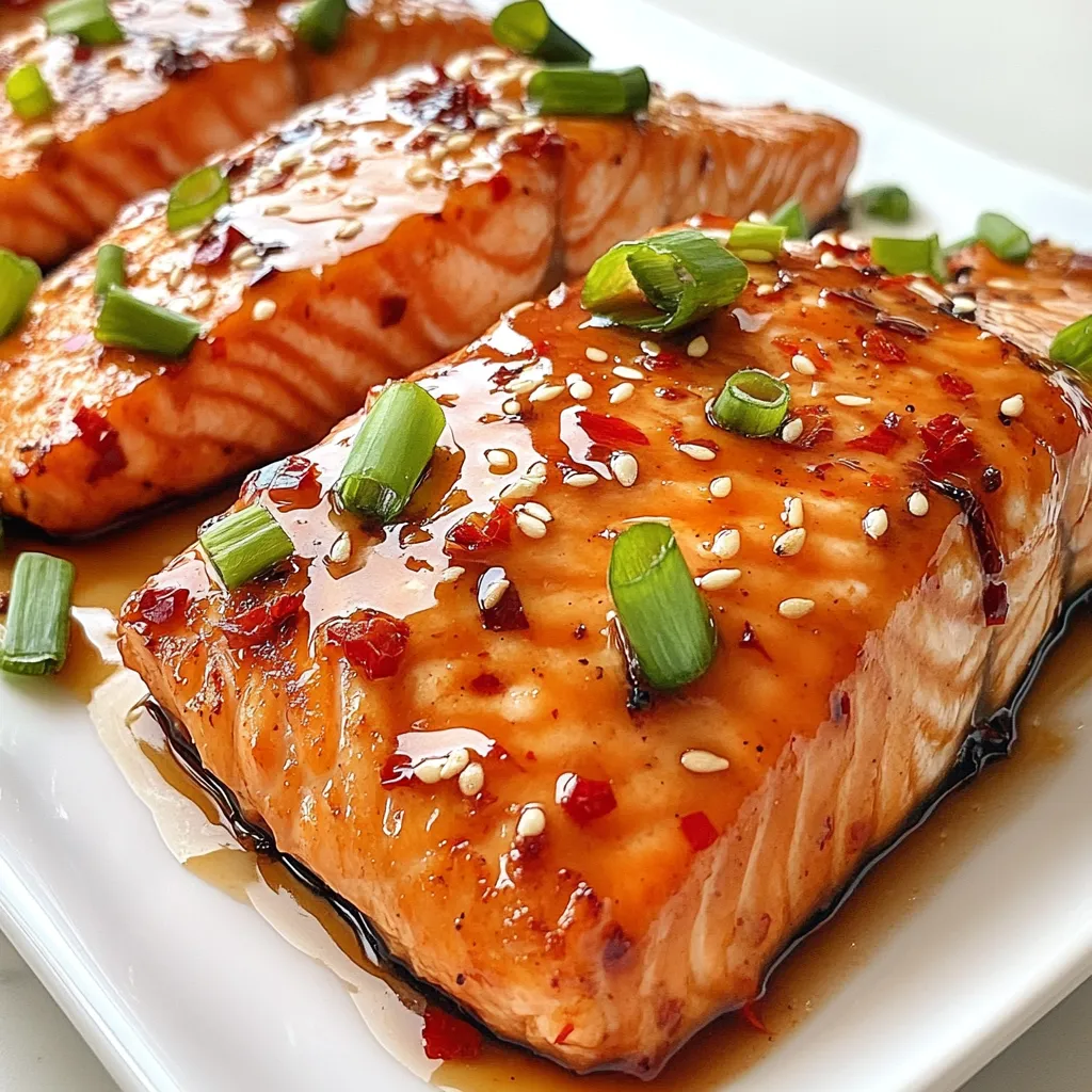 Für dieses Rezept benötigst du einige frische und köstliche Zutaten. Hier sind die Hauptzutaten: - 4 Lachsfilets (je 170 g) - 60 ml süße Thai-Chilisauce - 15 ml Sojasauce - 15 ml frischer Limettensaft - 2 Knoblauchzehen, fein gehackt - 1 Teelöffel frischer Ingwer, gerieben - 15 ml Sesamöl - Salz und Pfeffer nach Geschmack Die Marinade ist der Schlüssel zu einem vollen Geschmack. Du brauchst: - 60 ml süße Thai-Chilisauce - 15 ml Sojasauce - 15 ml frischer Limettensaft - 2 Knoblauchzehen, fein gehackt - 1 Teelöffel frischer Ingwer, gerieben Um dein Gericht noch besser zu machen, garnierst du deinen Lachs mit: - 2 Frühlingszwiebeln, in Ringe geschnitten - 1 Esslöffel Sesamkörner Diese kleinen Extras bringen Farbe und zusätzlichen Geschmack. Du kannst auch Reis oder Gemüse als Beilage wählen. Das macht dein Essen noch schöner und gesünder. {{ingredient_image_2}} Beginne mit der Marinade. Nimm eine kleine Schüssel. Vermenge die süße Thai-Chilisauce, Sojasauce, Limettensaft, gehackten Knoblauch und geriebenen Ingwer. Rühre alles gut um, bis es gleichmäßig ist. Nimm die Lachsfilets und lege sie in eine flache Schale oder einen Plastikbeutel. Gieße die Marinade über die Filets. Achte darauf, dass alle Seiten gut bedeckt sind. Decke die Schale ab oder verschließe den Beutel. Lass den Lachs mindestens 30 Minuten und maximal 2 Stunden im Kühlschrank marinieren. Heize deinen Ofen auf 200°C vor. Während der Ofen warm wird, lege ein Backblech mit Backpapier aus. Das Backpapier hilft, die Reinigung einfach zu halten. So bleibt dein Blech sauber und der Lachs klebt nicht fest. Nimm die Lachsfilets aus der Marinade. Lege sie mit der Hautseite nach unten auf das Backblech. Beträufle die Filets mit Sesamöl und würze sie mit Salz und Pfeffer. Schiebe das Blech in den Ofen und backe den Lachs 12-15 Minuten. Er ist fertig, wenn er gar ist und sich leicht mit einer Gabel zerteilen lässt. Während der Lachs backt, kannst du die restliche Marinade in einem kleinen Topf erhitzen. Koche sie bei mittlerer Hitze für 5 Minuten, bis sie eindickt. Diese Glasur verleiht dem Lachs einen tollen Geschmack. Nach dem Backen nimm den Lachs aus dem Ofen. Gieße die eingedickte Marinade über die Filets. Garnieren kannst du den Lachs mit geschnittenen Frühlingszwiebeln und Sesamkörnern. Die Marinierzeit für den Lachs ist wichtig. Ich empfehle, ihn mindestens 30 Minuten zu marinieren. So zieht die Marinade gut ein. Wenn du mehr Geschmack möchtest, kannst du ihn bis zu 2 Stunden marinieren. Achte darauf, dass der Lachs gleichmäßig mit der Marinade bedeckt ist. Der perfekte Lachs ist zart und saftig. Backe ihn bei 200°C für 12-15 Minuten. Wenn du die Filets im Ofen hast, schau regelmäßig nach. Der Lachs ist fertig, wenn er sich leicht mit einer Gabel teilen lässt. Überbacke ihn nicht zu lange, sonst wird er trocken. Frische Zutaten machen den Unterschied. Verwende frische Limetten für den Saft. Frischer Knoblauch und Ingwer bringen tollen Geschmack. Auch bei den Frühlingszwiebeln ist frisch am besten. Diese Zutaten tragen zu einem lebendigen und köstlichen Gericht bei. Pro Tipps Marinieren für mehr Geschmack: Lassen Sie die Lachsfilets mindestens 30 Minuten marinieren, um die Aromen wirklich in das Fleisch einziehen zu lassen. Für intensiveren Geschmack können Sie auch über Nacht marinieren. Die Hautseite nicht vergessen: Backen Sie den Lachs mit der Hautseite nach unten. Dies hilft, das Filet saftig zu halten und die Haut wird knusprig. Glasur für das Extra: Reduzieren Sie die übrig gebliebene Marinade auf dem Herd, um eine köstliche Glasur zu erhalten, die Sie über den Lachs träufeln können. Dies verstärkt den Geschmack und macht das Gericht noch ansprechender. Garnitur für mehr Frische: Frühlingszwiebeln und Sesamkörner verleihen nicht nur einen schönen visuellen Effekt, sondern auch zusätzliche Frische und Textur. Fügen Sie diese kurz vor dem Servieren hinzu. {{image_4}} Wenn du den Schärfegrad anpassen möchtest, ist das ganz einfach. Du kannst mehr oder weniger süße Thai-Chilisauce verwenden. Für mehr Schärfe füge einen kleinen Löffel Sriracha oder frische Chili hinzu. Diese Zutaten bringen mehr Hitze in das Gericht. Wenn du es milder magst, nimm einfach weniger Chilisauce. Du kannst auch andere Fischsorten verwenden. Zum Beispiel passt Kabeljau gut zu dieser Marinade. Auch Forelle oder Makrele sind lecker. Achte darauf, die Garzeit anzupassen. Dickere Fische brauchen länger. Dünnere Fische sind schneller gar. Beilagen sind wichtig, um das Gericht abzurunden. Reis ist eine klassische Wahl, da er die süße und scharfe Sauce aufnimmt. Du kannst auch gedünstetes Gemüse machen. Brokkoli oder Pak Choi sind gute Optionen. Mit einem frischen Salat bringst du Farbe auf den Teller. Ein Gurkensalat passt auch gut zu diesem Gericht. Wenn du Lachs übrig hast, bewahre ihn richtig auf. Lege die Reste in einen luftdichten Behälter. Das hilft, den Lachs frisch zu halten. Stelle den Behälter in den Kühlschrank. So bleibt der Lachs bis zu drei Tage lang gut. Wenn du Lachs länger aufbewahren möchtest, kannst du ihn einfrieren. Wickele die Lachsfilets fest in Frischhaltefolie. Lege sie dann in einen Gefrierbeutel oder einen luftdichten Behälter. So bleibt der Lachs bis zu drei Monate frisch. Beschrifte den Beutel mit dem Datum. So weißt du, wann du ihn eingefroren hast. Um den Lachs wieder aufzuwärmen, nimm ihn aus dem Kühlschrank. Lass ihn etwa 15 Minuten bei Raumtemperatur stehen. So erwärmt er sich gleichmäßiger. Heize den Ofen auf 150°C vor. Lege den Lachs auf ein Backblech und decke ihn mit Alufolie ab. Backe ihn für etwa 10 Minuten. So bleibt der Lachs saftig und lecker. Vermeide die Mikrowelle, da sie den Lachs austrocknen kann. Süß-scharfer Thai-Chili-Lachs schmeckt am besten mit frischem Gemüse. Du kannst gebratenen Brokkoli oder knackige grüne Bohnen wählen. Auch Reis passt sehr gut. Ein duftender Jasminreis ergänzt die Aromen perfekt. Für etwas mehr Frische kannst du einen Salat mit Gurken und Karotten zubereiten. Eine Limetten-Vinaigrette bringt den Geschmack zur Geltung. Ja, du kannst die Marinade im Voraus zubereiten. Das spart Zeit und macht die Zubereitung einfacher. Mische die süße Thai-Chilisauce, Sojasauce, Limettensaft, Knoblauch und Ingwer in einer Schüssel. Fülle die Marinade in ein luftdichtes Gefäß und stelle sie in den Kühlschrank. So bleibt sie frisch und bereit zur Nutzung. Du kannst sie bis zu drei Tage im Voraus machen. Ja, du kannst den Lachs auch auf dem Grill zubereiten. Das gibt ihm einen tollen rauchigen Geschmack. Heize den Grill auf mittlere Hitze vor. Lege die Lachsfilets auf ein geöltes Grillrost, damit sie nicht kleben bleiben. Grill den Lachs für etwa 6-8 Minuten auf jeder Seite. Achte darauf, dass der Lachs gut durchgegart ist und leicht auseinanderfällt. So gelingt dir ein köstlicher gegrillter Lachs. Dieser Blogbeitrag hat die wichtigsten Zutaten und Schritte für den süß-scharfen Thai-Chili-Lachs behandelt. Wir haben die Marinade, das Backen und leckere Beilagen besprochen. Ich habe auch Tipps für die beste Marinierzeit und Garzeit gegeben. Variationen zeigen, wie du den Lachs anpassen kannst. Das richtige Lagern und Aufwärmen sorgt dafür, dass du Reste genussvoll essen kannst. Experimentiere mit dieser Rezeptur und entdecke neue Geschmäcker! Viel Spaß beim Kochen und Genießen deines Gerichts!