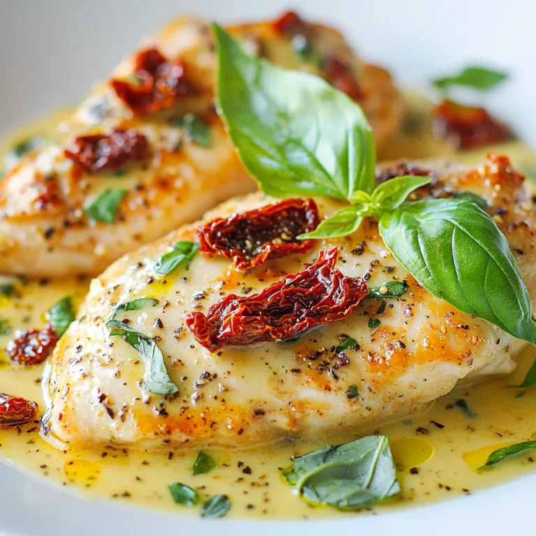 Für dieses Rezept benötigst du: - 4 Hähnchenbrustfilets, ohne Haut und Knochen - 1 Tasse getrocknete Tomaten (in Öl eingelegt), abgetropft und grob gehackt - 1 Tasse Sahne - 1/2 Tasse Hühnerbrühe - 1/2 Tasse geriebener Parmesan - 3 Knoblauchzehen, fein gehackt - 1 Esslöffel Olivenöl - Salz und Pfeffer nach Geschmack Diese Zutaten sorgen für einen cremigen und herzhaften Geschmack. Die Hähnchenbrustfilets sind die Hauptquelle für Protein. Du brauchst auch einige einfache Gewürze und Kräuter: - 1 Teelöffel getrocknetes Basilikum - 1 Teelöffel getrockneter Oregano Diese Gewürze bringen Aromen in die Sauce. Sie sind leicht zu finden und geben dem Gericht einen tollen Geschmack. Ich empfehle, frische Basilikumblätter zur Garnitur zu verwenden. Sie geben dem Gericht einen frischen Kick. Du kannst auch frische Tomaten verwenden, wenn du eine Alternative zu den getrockneten Tomaten suchst. Sie haben einen anderen Geschmack, passen aber gut zur Sahne. Achte darauf, alle Zutaten von guter Qualität zu wählen, um das beste Ergebnis zu erzielen. {{ingredient_image_2}} Zuerst erhitze ich das Olivenöl in einer großen Pfanne. Die Hähnchenbrustfilets sind die Hauptzutat. Ich würze sie großzügig mit Salz und Pfeffer. Dann lege ich die Filets in die heiße Pfanne. Nach etwa 5-7 Minuten wende ich sie. Sie sollten goldbraun sein und durchgegart. Nach dem Braten nehme ich die Filets aus der Pfanne und lege sie beiseite. In der gleichen Pfanne gebe ich nun den gehackten Knoblauch dazu. Ich brate ihn für etwa 30 Sekunden, bis er duftet. Danach füge ich die grob gehackten getrockneten Tomaten hinzu. Ich lasse sie für zwei Minuten kochen, damit sie weich werden. Jetzt kommt die Hühnerbrühe dazu. Ich bringe alles zum Köcheln und lasse es drei bis vier Minuten köcheln. So reduziert sich die Flüssigkeit etwas. Jetzt senke ich die Hitze und rühre die Sahne ein. Alles sollte gut vermischt werden. Dann streue ich den geriebenen Parmesan, das getrocknete Basilikum und den Oregano darüber. Ich rühre alles gut um, bis der Käse schmilzt und die Sauce cremig wird. Ich lege die gebratenen Hähnchenbrustfilets zurück in die Pfanne. Ich überziehe sie sorgfältig mit der Sauce. Nach zwei bis drei Minuten erwärmen, schmecke ich alles nach Belieben mit mehr Salz und Pfeffer ab. Das cremige Hühnchen serviere ich auf gekochter Pasta oder Reis. Ein bisschen sautiertes Gemüse dazu macht das Gericht perfekt. Ich richte das Hühnchen auf einem Teller an und träufle die Sauce darüber. Mit frischen Basilikumblättern garnieren sorgt für einen tollen Farbkontrast. Optional serviere ich dazu Knoblauchbrot, um die köstliche Sauce aufzufangen. Um eine cremige Sauce zu erhalten, füge die Sahne langsam hinzu. Rühre gut um, damit sie sich gleichmäßig verteilt. Achte darauf, die Hitze niedrig zu halten, wenn du die Sahne hinzufügst. Zu hohe Hitze kann die Sauce gerinnen. Parmesan sorgt für eine reichhaltige Textur. Verwende frisch geriebenen Parmesan für die beste Konsistenz. Brate die Hähnchenbrustfilets etwa 5-7 Minuten pro Seite. Der Innenraum sollte immer 75°C erreichen. Überprüfe die Garzeit mit einem Fleischthermometer. Das verhindert, dass das Hühnchen trocken wird. Nach dem Braten solltest du das Hühnchen in der Sauce ziehen lassen. So bleibt es saftig und gut gewürzt. Frische Kräuter bringen einen tollen Geschmack. Verwende frische Basilikumblätter als Garnitur. Füge sie kurz vor dem Servieren hinzu, damit sie frisch bleiben. Du kannst auch frischen Oregano nutzen, um den Geschmack zu intensivieren. Wenn du mehr Kräuter magst, probiere Thymian oder Petersilie. Frische Kräuter machen das Gericht lebendiger und aromatischer. Pro Tipps Hähnchen braten: Achten Sie darauf, dass die Pfanne heiß genug ist, bevor Sie das Hähnchen hinzufügen, um eine schöne goldbraune Kruste zu erzielen. Getrocknete Tomaten: Verwenden Sie getrocknete Tomaten in Öl für zusätzlichen Geschmack und eine reichhaltige Textur in der Sauce. Die Sauce anpassen: Wenn die Sauce zu dick ist, fügen Sie einfach etwas mehr Hühnerbrühe oder Sahne hinzu, bis die gewünschte Konsistenz erreicht ist. Serviervorschläge: Servieren Sie das Hühnchen mit frisch gekochter Pasta oder Reis, um die köstliche Sauce optimal zu nutzen. {{image_4}} Du kannst das Hühnchen einfach durch Tofu ersetzen. Nimm festen Tofu und schneide ihn in Würfel. Erhitze das Olivenöl in der Pfanne und brate den Tofu goldbraun. Dann folge dem Rezept wie gewohnt. Der Tofu nimmt die Aromen gut auf. Du erhältst ein leckeres, cremiges Gericht ohne Fleisch. Du kannst auch Gemüse hinzufügen, um das Gericht bunter zu machen. Brokkoli, Spinat oder Paprika passen gut. Schneide das Gemüse klein und brate es mit dem Knoblauch an. So wird es zart und behält seinen Geschmack. Diese Abwandlung bringt mehr Farbe auf deinen Teller und mehr Nährstoffe in dein Essen. Um dem Gericht eine asiatische Note zu geben, füge Sojasauce und frischen Ingwer hinzu. Ersetze die Hühnerbrühe durch Gemüsebrühe. Die Sojasauce gibt dem Gericht einen salzigen Umami-Geschmack. Der Ingwer sorgt für eine frische Schärfe. Diese Kombination macht dein Gericht spannend und anders. Lagere die Reste deines cremigen Hühnchens in einem luftdichten Behälter. So bleibt das Gericht frisch und lecker. Es hält sich im Kühlschrank bis zu drei Tage. Achte darauf, die Sauce gut zu verteilen, damit das Hühnchen nicht austrocknet. Vor dem Servieren die Reste gut umrühren, um die Aromen wieder zu aktivieren. Du kannst das hühnchen auch einfrieren. Packe es in einen gefrierfesten Behälter oder in Gefrierbeutel. Achte darauf, so viel Luft wie möglich herauszudrücken. So bleibt das Gericht bis zu drei Monate im Gefrierschrank haltbar. Wenn du das Hühnchen aufwärmen möchtest, lasse es im Kühlschrank über Nacht auftauen. Dadurch wird die Qualität besser. Um das Hühnchen aufzuwärmen, nutze eine Pfanne oder die Mikrowelle. In der Pfanne erhitzt du es bei niedriger Temperatur. Füge etwas Wasser oder Hühnerbrühe hinzu, um die Sauce cremig zu halten. In der Mikrowelle wärmst du es in kurzen Intervallen von 30 Sekunden auf. So bleibt der Geschmack auch beim Aufwärmen erhalten. Überprüfe regelmäßig die Temperatur, damit es nicht überhitzt. Die Zubereitung dauert insgesamt 25 Minuten. Du benötigst 10 Minuten für die Vorbereitung und 15 Minuten zum Kochen. Das Gericht ist schnell und einfach, perfekt für ein schnelles Abendessen. Ja, du kannst frische Tomaten verwenden. Schneide sie in kleine Stücke. Beachte aber, dass frische Tomaten mehr Wasser enthalten. Die Sauce kann dann dünner werden. Du solltest die Kochzeit anpassen, um die Tomaten weich zu bekommen. Ja, das Gericht ist glutenfrei, solange du glutenfreie Brühe verwendest. Die anderen Zutaten wie Hähnchen, Sahne und Parmesan sind ebenfalls glutenfrei. Achte darauf, dass alle Produkte, die du kaufst, keine Glutenbeimischungen haben, um sicher zu sein. Für cremiges Hühnchen sind frische Zutaten der Schlüssel. Wir haben die Hauptzutaten und Gewürze durchgenommen und Tipps für die ideale Sauce gegeben. Variationen mit Tofu und Gemüse bringen Abwechslung. Die richtigen Lagerungshinweise helfen, das Gericht frisch zu halten. Das Kochen macht Spaß und ist einfach, wenn man die Schritte befolgt. Probieren Sie es aus und finden Sie Ihre Lieblingsversion!