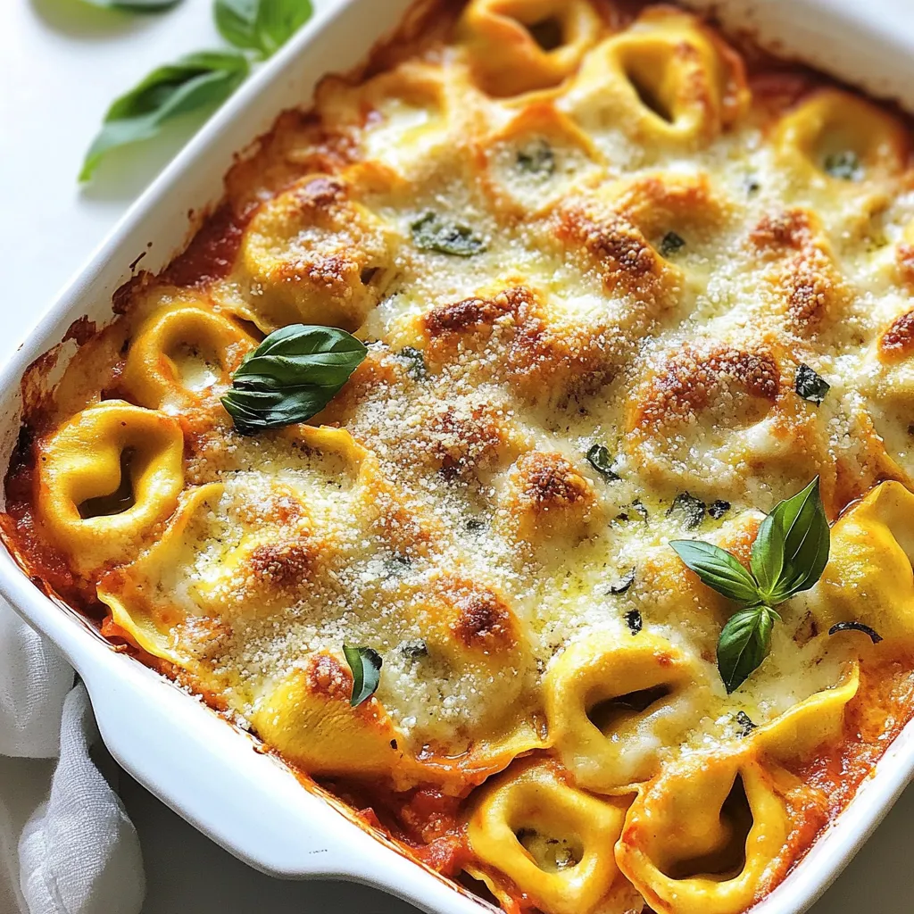 - Gefrorene Käsetortellini: 560 g - Marinara Sauce: 480 ml - Schlagsahne: 240 ml Die Hauptzutaten sind einfach zu finden. Gefrorene Käsetortellini sind praktisch, da sie schnell zubereitet sind. Marinara Sauce bringt den vollen Tomatengeschmack. Schlagsahne macht die Sauce schön cremig und reichhaltig. - Geriebener Mozzarella Käse: 120 g - Geriebener Parmesan Käse: 60 g - Italienische Gewürzmischung: 1 Teelöffel - Knoblauchpulver: 1/2 Teelöffel Käse sorgt für den herzhaften Geschmack. Mozzarella schmilzt wunderbar und wird goldbraun. Parmesan gibt einen kräftigen Akzent. Die italienische Gewürzmischung und das Knoblauchpulver bringen das Gericht auf ein neues Level. - Salz und Pfeffer nach Geschmack - Frische Basilikumblätter zur Garnitur Salz und Pfeffer sind wichtig, um den Geschmack zu verbessern. Frische Basilikumblätter sorgen für ein schönes Aussehen und einen frischen Geschmack. Sie sind das perfekte Finish für deinen Auflauf. {{ingredient_image_2}} Heize deinen Ofen auf 190°C vor. Das stellt sicher, dass der Auflauf gleichmäßig gart. Koche die gefrorenen Käsetortellini in einem großen Topf mit sprudelndem, gesalzenem Wasser. Folge den Anweisungen auf der Verpackung, bis sie al dente sind. Das dauert meist etwa 3 bis 5 Minuten. Gieße sie dann ab und stelle sie beiseite. In einer großen Rührschüssel vermischst du die Marinara Sauce mit der Schlagsahne. Füge einen Teelöffel italienische Gewürzmischung und einen halben Teelöffel Knoblauchpulver hinzu. Schmecke die Sauce mit Salz und Pfeffer ab. Rühre alles gut um, bis die Sauce cremig ist. Falte die gekochten Tortellini vorsichtig in die Tomatensauce. Achte darauf, dass jede Tortellini gut mit der Sauce bedeckt ist. So nimmt jede Gabel den vollen Geschmack auf. Übertrage die Tortellini-Mischung in eine gefettete 23x33 cm große Auflaufform. Verteile sie gleichmäßig. Streue den geriebenen Mozzarella und den Parmesan Käse gleichmäßig über die Tortellini. Das wird beim Backen schön schmelzen. Backe den Auflauf im vorgeheizten Ofen für etwa 25-30 Minuten. Der Käse sollte geschmolzen und blubbernd sein. Die Ränder werden leicht goldbraun. Das sieht nicht nur gut aus, sondern schmeckt auch fantastisch. Nehme den Auflauf aus dem Ofen und lasse ihn für einige Minuten abkühlen. Vor dem Servieren garniere ihn mit frischen Basilikumblättern. Das gibt einen schönen Farbkontrast und einen frischen Geschmack. Die Kochzeit der Tortellini ist wichtig. Kochen Sie die gefrorenen Tortellini in sprudelndem, gesalzenem Wasser. Achten Sie darauf, dass sie al dente sind. Das bedeutet, sie sollten fest sein, aber nicht hart. Folgen Sie den Anweisungen auf der Verpackung. Meist dauert es etwa 4 bis 5 Minuten. Gießen Sie sie dann ab, aber überkochen Sie sie nicht. So bleibt die Konsistenz perfekt. Wenn Sie etwas Abwechslung wollen, probieren Sie andere Käsesorten. Anstelle von Mozzarella können Sie auch Gouda oder Fontina verwenden. Diese Käsesorten schmelzen gut und geben einen tollen Geschmack. Für Parmesan können Sie Pecorino verwenden. Er hat einen salzigen, würzigen Geschmack. Diese Alternativen bringen eine neue Tiefe in Ihr Gericht. Möchten Sie etwas mehr Geschmack? Fügen Sie frische Kräuter hinzu. Basilikum und Oregano passen gut. Auch etwas rote Paprika ist eine gute Wahl für mehr Würze. Wenn Sie es schärfer mögen, versuchen Sie eine Prise Cayennepfeffer. Diese kleinen Änderungen machen viel aus. Sie können auch getrocknete Kräuter verwenden, wenn frische nicht verfügbar sind. Pro Tipps Frische Kräuter hinzufügen: Frische Basilikumblätter oder Oregano verleihen dem Auflauf eine aromatische Note und sorgen für mehr Geschmack. Käsevariationen ausprobieren: Experimentieren Sie mit verschiedenen Käsesorten wie Gouda oder Cheddar für einen einzigartigen Geschmack. Zusätzliche Gemüse hinzufügen: Fügen Sie Spinat, Zucchini oder Paprika hinzu, um den Auflauf nahrhafter und bunter zu gestalten. Für die perfekte Kruste sorgen: Für eine knusprigere Oberseite können Sie den Auflauf in den letzten 5 Minuten unter den Grill stellen. {{image_4}} Um den Auflauf noch gesünder zu machen, können Sie Spinat oder Zucchini hinzufügen. Spinat bringt eine tolle Farbe und viele Nährstoffe. Zucchini sorgt für eine angenehme Textur und milden Geschmack. Beide Gemüse sind leicht zu verarbeiten. Schneiden Sie die Zucchini in kleine Stücke und fügen Sie sie einfach zur Sauce hinzu. Spinat kann direkt in die Sauce gemischt werden, bevor Sie die Tortellini hinzufügen. Diese Variationen machen das Gericht noch köstlicher und nahrhafter. Für mehr Protein können Sie Hähnchen oder Wurst integrieren. Gekochtes Hähnchen passt gut. Schneiden Sie es in kleine Stücke und mischen Sie es mit der Sauce. Für eine würzigere Note können Sie Wurst verwenden. Braten Sie die Wurst vorher an und zerkrümeln Sie sie. Fügen Sie sie dann zur Tortellini-Mischung hinzu. Diese Varianten machen den Auflauf herzhaft und sättigend. Wenn Sie glutenfrei essen möchten, nutzen Sie glutenfreie Tortellini und Saucen. Viele Marken bieten leckere glutenfreie Optionen an. Achten Sie darauf, dass auch die Marinara Sauce glutenfrei ist. Diese Anpassungen sorgen dafür, dass jeder den Auflauf genießen kann. So bleibt der Geschmack lecker, und alle können mitessen. Um den Auflauf gut zu lagern, lassen Sie ihn zuerst abkühlen. Dann decken Sie ihn mit Frischhaltefolie oder einem Deckel ab. Lagern Sie den Auflauf im Kühlschrank. So bleibt er frisch für drei bis fünf Tage. Wenn Sie ihn in Portionen aufteilen, ist es einfacher, ihn später zu genießen. Um den Auflauf einzufrieren, lassen Sie ihn ebenfalls abkühlen. Teilen Sie ihn dann in Portionen auf. Nutzen Sie gefriergeeignete Behälter oder Beutel. Achten Sie darauf, so viel Luft wie möglich zu entfernen. So bleibt der Auflauf bis zu drei Monate haltbar. Zum Verwenden, einfach über Nacht im Kühlschrank auftauen lassen. Um den Auflauf wieder aufzuwärmen, heizen Sie Ihren Ofen auf 180°C vor. Nehmen Sie den Auflauf aus dem Kühlschrank oder Gefrierfach. Decken Sie ihn mit Alufolie ab, um ein Austrocknen zu verhindern. Erwärmen Sie ihn für etwa 20-25 Minuten. Prüfen Sie, ob er durchgehend heiß ist. Für einen knusprigen Käse können Sie die Folie in den letzten fünf Minuten entfernen. Der Auflauf bleibt im Kühlschrank bis zu drei Tage frisch. Wenn Sie ihn richtig lagern, kann er auch bis zu drei Monate im Gefrierfach haltbar sein. Wickeln Sie den Auflauf gut ein, um Gefrierbrand zu vermeiden. Lassen Sie ihn vor dem Verzehr im Kühlschrank auftauen. Ja, Sie können frische Tortellini verwenden. Diese kochen schneller als gefrorene. Reduzieren Sie die Kochzeit auf etwa zwei bis drei Minuten. Achten Sie darauf, die frischen Tortellini nicht zu lange zu kochen, da sie weich werden können. Die restlichen Schritte im Rezept bleiben gleich. Zu diesem Auflauf passen frischer Salat oder knuspriges Brot gut. Ein einfacher grüner Salat mit einem leichten Dressing ergänzt die Cremigkeit des Auflaufs. Für Getränke empfehle ich einen trockenen Weißwein oder Mineralwasser, um die Aromen zu unterstützen. Ja, dieser Auflauf ist vegetarisch. Die Zutaten enthalten keine tierischen Produkte außer Käse. Wenn Sie eine vegane Option wünschen, können Sie pflanzliche Käsealternativen verwenden. Achten Sie darauf, auch die Marinara Sauce zu überprüfen, um sicherzustellen, dass sie keine tierischen Zutaten enthält. Der Auflauf mit gefrorenen Käsetortellini ist einfach und lecker. Wir haben die Hauptzutaten wie Marinara Sauce und Käse kombiniert. Die Schritt-für-Schritt-Anleitung macht die Zubereitung leicht. Mit Tipps zur Konsistenz und Variationen für alle Bedürfnisse bleibt das Rezept abwechslungsreich. Ob Sie es lagern oder aufwärmen möchten, ist ebenfalls unkompliziert. Experimente machen das Gericht spannend. Genießen Sie jeden Bissen und teilen Sie Ihre Ideen für Variationen!