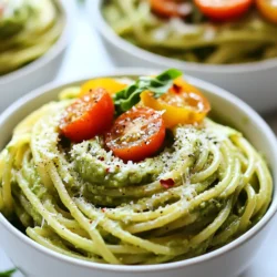 Für die cremige Avocado Pasta brauchst du folgende Zutaten: - 340 g Pasta (Spaghetti oder Fettuccine) - 2 reife Avocados, entkernt und ausgekratzt - 2 Knoblauchzehen, fein gehackt - 1 Zitrone, ausgepresst - 60 ml Olivenöl - ½ Tasse frische Basilikumblätter - ¼ Tasse geriebener Parmesan (oder Nährhefe für eine vegane Option) - Salz und Pfeffer nach Geschmack - Chiliflocken (optional, für etwas Schärfe) - Kirschtomaten, halbiert (zur Garnitur) - Zusätzliche Basilikumblätter zur Garnitur Wenn du eine spezielle Diät befolgst, gibt es tolle Alternativen: - Verwende glutenfreie Pasta für eine glutenfreie Option. - Ersetze Parmesan durch Nährhefe, um es vegan zu machen. - Nutze Zucchini-Nudeln für eine kalorienärmere Variante. Die Wahl der Avocados ist wichtig für den Geschmack. Hier sind einige Tipps: - Suche nach Avocados, die leicht weich sind, aber nicht matschig. - Die Farbe sollte dunkelgrün bis fast schwarz sein. - Drücke sanft auf die Haut. Wenn sie leicht nachgibt, ist sie reif. - Lagere unreife Avocados bei Raumtemperatur. Reife Avocados hältst du im Kühlschrank. {{ingredient_image_2}} Zuerst bringst du einen Liter Salzwasser in einem großen Topf zum Kochen. Füge dann die Pasta hinzu. Spaghetti oder Fettuccine sind perfekt. Koche die Nudeln gemäß den Anweisungen auf der Verpackung. Sie sollten al dente sein. Behalte 240 ml des Pastawassers zurück, bevor du die Pasta abgießt. Lass die Pasta kurz beiseite. Jetzt ist es Zeit für die Avocadosauce. Nimm deine reifen Avocados, schneide sie auf und entferne den Kern. Kratze das Fruchtfleisch in einen Standmixer. Füge die fein gehackten Knoblauchzehen, den Zitronensaft und das Olivenöl hinzu. Gib auch die frischen Basilikumblätter und den geriebenen Parmesan dazu. Püriere alles, bis die Mischung schön glatt ist. Ist die Sauce zu dick? Dann füge einen Esslöffel des Pastawassers hinzu, bis die gewünschte Konsistenz erreicht ist. Nimm den Topf, in dem du die Pasta gekocht hast, und gebe die gekochte Pasta zurück hinein. Gieße die cremige Avocadosauce gleichmäßig über die Nudeln. Mische alles vorsichtig, bis die Pasta gut beschichtet ist. Falls nötig, kannst du mehr von dem zurückbehaltenen Pastawasser hinzufügen, um die Sauce besser an den Nudeln haften zu lassen. Jetzt wird gewürzt! Gebe Salz, Pfeffer und, wenn du es scharf magst, Chiliflocken hinzu. Rühre gut um, damit sich alle Aromen vermischen. Anrichten kannst du die Pasta auf tiefen Tellern. Garniere sie mit halbierten Kirschtomaten und frischen Basilikumblättern. So sieht dein Gericht nicht nur toll aus, sondern schmeckt auch fantastisch! Um die perfekte cremige Sauce zu machen, wähle reife Avocados aus. Ihre Textur macht die Sauce glatt. Füge frischen Zitronensaft hinzu. Er bringt Frische und verhindert, dass die Avocados schnell braun werden. Wenn die Sauce zu dick ist, verwende etwas vom Pastawasser. Es hilft, die gewünschte Konsistenz zu erreichen. Mische die Zutaten gut im Mixer. Das sorgt für eine gleichmäßige Verteilung der Aromen. Ein häufiger Fehler ist, die Avocados zu früh zu schneiden. Warte bis kurz vor der Zubereitung. So bleibt die grüne Farbe frisch. Achte darauf, die Pasta nicht zu lange zu kochen. Al dente ist der Schlüssel für den besten Biss. Überprüfe die Sauce vor dem Servieren auf den Geschmack. Zu viel Salz kann die Aromen überdecken. Beginne mit einer Prise und füge nach Bedarf mehr hinzu. Die Präsentation ist wichtig für ein schönes Gericht. Serviere die Pasta in tiefen Schalen. So sieht sie einladend aus. Träufle etwas Olivenöl über die Pasta. Das gibt Glanz und zusätzlichen Geschmack. Streue extra geriebenen Parmesan und Chiliflocken darüber. Die Farben der Kirschtomaten bringen Frische. Füge frische Basilikumblätter hinzu. Sie sorgen für einen schönen Kontrast und Aroma. Profi Tipps Avocados richtig auswählen: Achten Sie darauf, reife Avocados zu wählen, die leicht auf Druck nachgeben, um eine cremige Konsistenz zu gewährleisten. Pasta al dente kochen: Kochen Sie die Pasta nur bis sie al dente ist, um eine angenehme Textur zu erhalten, die gut mit der Sauce harmoniert. Mit Pastawasser anpassen: Verwenden Sie das zurückbehaltene Pastawasser, um die Sauce nach Bedarf zu verdünnen und eine bessere Haftung an der Pasta zu erreichen. Garnierung für mehr Geschmack: Fügen Sie frische Kräuter und Kirschtomaten als Garnitur hinzu, um Farbe und zusätzlichen Geschmack zu erhalten. {{image_4}} Wenn Sie eine vegane Version der cremigen Avocado Pasta machen möchten, ist das einfach. Sie können den Parmesan durch Nährhefe ersetzen. Diese gibt einen tollen, herzhaften Geschmack. Die Nährhefe ist auch eine großartige Quelle für B-Vitamine. Die Avocadosauce bleibt trotzdem cremig und lecker. Fügen Sie etwas mehr Olivenöl hinzu, wenn Sie eine noch reichhaltigere Konsistenz wünschen. So bleibt die Pasta auch vegan und voller Geschmack. Um die cremige Avocado Pasta noch besser zu machen, können Sie zusätzliche Zutaten hinzufügen. - Chiliflocken: Diese sorgen für eine schöne Schärfe. - Kirschtomaten: Sie geben Frische und Farbe. Halbieren Sie sie und fügen Sie sie direkt vor dem Servieren hinzu. - Röstgemüse: Zucchini oder Paprika, die Sie vorher rösten, fügen eine wunderbare Textur hinzu. - Zwiebeln: Fein gehackte Zwiebeln bringen mehr Tiefe in den Geschmack. Experimentieren Sie mit diesen Zutaten, um Ihre eigene Lieblingsversion zu finden. Wenn Sie eine glutenfreie oder kohlenhydratarme Option suchen, gibt es viele Alternativen. Zucchini-Nudeln, auch Zoodles genannt, sind eine beliebte Wahl. Sie sind leicht und frisch. Blumenkohlreis ist auch eine gute Option. Für eine sättigende Mahlzeit können Sie Quinoa oder Linsen verwenden. Diese Alternativen passen gut zu der Avocadosauce und machen das Gericht trotzdem lecker und nahrhaft. Wenn Sie Reste der cremigen Avocado Pasta haben, lagern Sie sie in einem luftdichten Behälter. Stellen Sie sicher, dass der Behälter gut verschlossen ist. So bleibt die Pasta frisch. Diese Reste halten sich im Kühlschrank etwa zwei bis drei Tage. Achten Sie darauf, die Pasta nicht zu lange stehen zu lassen, da die Avocadosauce schnell bräunlich werden kann. Falls Sie die Avocadosauce separat einfrieren möchten, ist das möglich. Füllen Sie die Sauce in einen gefrierfesten Behälter oder in Eiswürfelformen. So können Sie kleine Portionen einfrieren. Die Sauce bleibt bis zu drei Monate frisch im Gefrierfach. Wenn Sie bereit sind, sie zu verwenden, lassen Sie sie einfach im Kühlschrank auftauen. Um die Pasta mit der Avocadosauce aufzuwärmen, geben Sie sie in einen Topf. Fügen Sie etwas Wasser oder Olivenöl hinzu, um die Sauce wieder cremig zu machen. Erhitzen Sie die Mischung bei niedriger Hitze. Rühren Sie oft, damit nichts anbrennt. So bleibt die Pasta lecker und frisch. Die Avocadosauce bleibt im Kühlschrank etwa 1 bis 2 Tage frisch. Damit sie länger hält, decken Sie sie gut ab. Luft ist der Feind der Avocado. Fügen Sie etwas Zitronensaft hinzu, um die Farbe zu erhalten. So bleibt die Sauce schön grün. Ja, Sie können die Avocadosauce im Voraus machen. Bereiten Sie sie bis zu 1 Tag vorher zu. Bewahren Sie sie in einem luftdichten Behälter im Kühlschrank auf. Rühren Sie sie vor dem Servieren gut durch. So bleibt der Geschmack frisch und lecker. Ja, Cremige Avocado Pasta kann glutenfrei sein. Wählen Sie glutenfreie Pasta aus Reis, Mais oder Linsen. Achten Sie beim Einkaufen auf das Etikett. So genießen Sie diese leckere Mahlzeit ohne Gluten. In diesem Blogbeitrag haben wir die besten Zutaten und Schritte für eine köstliche Avocado-Pasta erkundet. Wir haben auch verschiedene Tipps und Tricks gegeben, um das Gericht noch besser zu machen. Vergessen Sie nicht, die besten Avocados auszuwählen und kreative Variationen auszuprobieren. Reste lassen sich leicht lagern und aufwärmen. Letztlich ist diese Pasta nicht nur lecker, sondern auch einfach und vielseitig. Probieren Sie es aus und genießen Sie das Ergebnis!